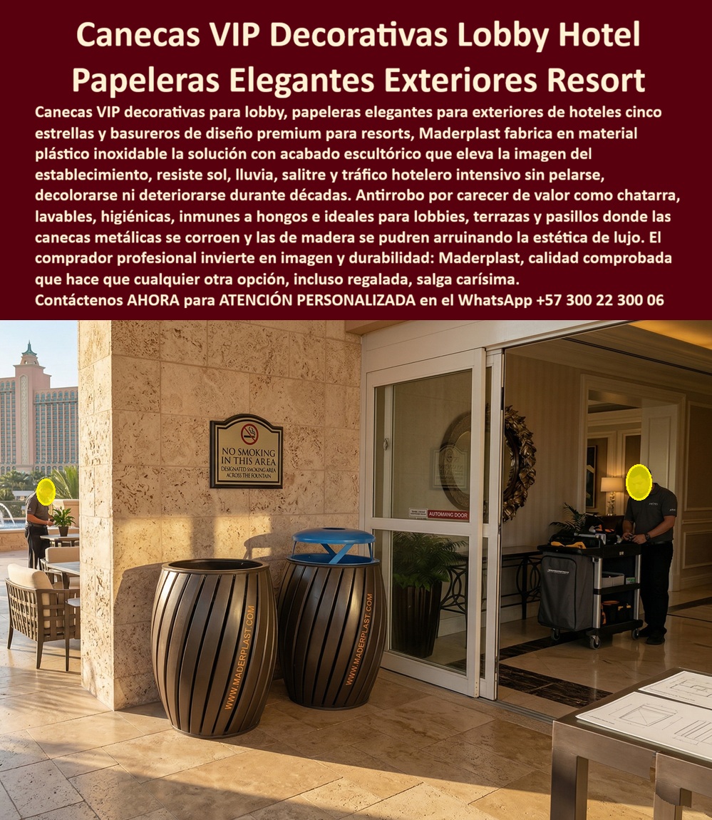 Papeleras Decorativas Lobby Hotel Canecas Vip Basureros Maderplast - Papeleras Decorativas Lobby Hotel Canecas VIP Basureros Maderplast Las Papeleras Decorativas Lobby Hotel Canecas VIP Basureros Maderplast se consolidan actualmente como el estándar de excelencia en mobiliario funcional para el sector de la hospitalidad, logrando fusionar una estética escultórica con la resistencia inexpugnable del plástico estructural. Esta solución técnica transforma la gestión de residuos en una declaración de lujo y eficiencia operativa para establecimientos de alto nivel. Ingeniería Estética y Resistencia a la Intemperie Como se aprecia en la imagen 317424.jpg, estos elegantes contenedores presentan un diseño tipo barril con acabado de madera sintética, ideales para la entrada de resorts cinco estrellas. La ingeniería de Maderplast garantiza piezas que resisten la radiación solar, la lluvia y el salitre sin pelarse ni decolorarse, elevando la imagen del lobby y las áreas exteriores durante décadas. A diferencia de las opciones metálicas que se corroen o las de madera natural que se pudren, estas canecas son: Lavables e higiénicas: Su material permite una limpieza profunda y constante. Inmunes a microorganismos: El plástico estructural es resistente a la proliferación de hongos. Diseño Antirrobo: Al carecer de valor comercial como chatarra, protegen la inversión institucional frente al vandalismo. Inoxidables: Soportan el tráfico hotelero intensivo sin deteriorarse en pasillos o terrazas costeras. Rentabilidad y Análisis Técnico Para proyectos turísticos en zonas costeras, las canecas Maderplast superan al metal al evitar la corrosión salina, asegurando un retorno de inversión inmediato mediante una vida útil de décadas sin gastos de mantenimiento. Los polímeros inoxidables utilizados ofrecen texturas escultóricas que eliminan por completo los costos recurrentes de pintura o reposición. El sistema de gestión de desechos se integra orgánicamente en la arquitectura comercial y el paisajismo de resorts internacionales, manteniendo una imagen impecable bajo tráfico peatonal intensivo permanente. Estas papeleras son la solución definitiva para evitar el deterioro decorando exteriores y organizando pasillos sin necesidad de intervenciones técnicas futuras. Identificación Plena del Producto Contenedor de residuos decorativo: Diseño tipo barril en polímero de alta densidad resistente a UV y salinidad extrema. Basurero VIP: Acabado escultórico para recepción y áreas sociales que anula la corrosión biológica. Papelera turística modular: Protección contra impactos y factores climáticos severos para pasillos y terrazas. Gestión de desechos elegante: Textura de madera sintética inalterable que evita el pelado y la decoloración. Mobiliario urbano premium: Superficies lavables que impiden la proliferación de hongos en zonas de alta humedad. Caso de Éxito: Inversión Inteligente en Estética y Durabilidad Hotelera CARLOS MENDOZA, GERENTE DE OPERACIONES, GRAND ATLANTIS RESORT & CASINO — 24 DE MARZO DE 2026 "Antes de implementar las soluciones de Maderplast, nuestras canecas metálicas en el área de piscina se oxidan en pocos meses y las de madera se pudran por la humedad constante, arruinando la estética de lujo del lobby y las terrazas. La instalación de las papeleras de diseño premium resolvió el problema de raíz: llevamos años sin gastar un solo centavo en mantenimiento y los contenedores lucen como el primer día de entrega. El respaldo técnico y las pruebas de resistencia a la intemperie nos brindaron la seguridad de que es un producto indestructible. Es la única opción para quien busca rentabilidad real y una imagen corporativa impecable sin fallas técnicas recurrentes". Esta infraestructura técnica representa con exactitud la solución ideal para su establecimiento, encajando con precisión en las demandas de elegancia y resistencia de su arquitectura. Contacte directamente al Departamento de Ingeniería para asesoría técnica personalizada. Ing. Soporte Técnico: (+57) 300 22 300 06 Basureros Decorativos para Hoteles Resistentes, Canecas decorativas sin mantenimiento organizando pasillos larga vida, Papeleras turísticas sin deterioro decorando exteriores PP Papeleras Decorativas Lobby Hotel Canecas Vip Basureros Maderplast Basureros Decorativos para Hoteles Resistentes Canecas decorativas sin mantenimiento organizando pasillos larga vida Papeleras turísticas sin deterioro decorando exteriores PP Papeleras Decorativas Lobby Hotel Canecas VIP Basureros Maderplast Las Papeleras Decorativas Lobby Hotel Canecas VIP Basureros Maderplast se consolidan actualmente como el estándar de excelencia en mobiliario funcional para el sector de la hospitalidad, logrando fusionar una estética escultórica con la resistencia inexpugnable del plástico estructural. Esta solución técnica transforma la gestión de residuos en una declaración de lujo y eficiencia operativa para establecimientos de alto nivel. Ingeniería Estética y Resistencia a la Intemperie Como se aprecia en la imagen 317424.jpg, estos elegantes contenedores presentan un diseño tipo barril con acabado de madera sintética, ideales para la entrada de resorts cinco estrellas. La ingeniería de Maderplast garantiza piezas que resisten la radiación solar, la lluvia y el salitre sin pelarse ni decolorarse, elevando la imagen del lobby y las áreas exteriores durante décadas. A diferencia de las opciones metálicas que se corroen o las de madera natural que se pudren, estas canecas son: Lavables e higiénicas: Su material permite una limpieza profunda y constante. Inmunes a microorganismos: El plástico estructural es resistente a la proliferación de hongos. Diseño Antirrobo: Al carecer de valor comercial como chatarra, protegen la inversión institucional frente al vandalismo. Inoxidables: Soportan el tráfico hotelero intensivo sin deteriorarse en pasillos o terrazas costeras. Rentabilidad y Análisis Técnico Para proyectos turísticos en zonas costeras, las canecas Maderplast superan al metal al evitar la corrosión salina, asegurando un retorno de inversión inmediato mediante una vida útil de décadas sin gastos de mantenimiento. Los polímeros inoxidables utilizados ofrecen texturas escultóricas que eliminan por completo los costos recurrentes de pintura o reposición. El sistema de gestión de desechos se integra orgánicamente en la arquitectura comercial y el paisajismo de resorts internacionales, manteniendo una imagen impecable bajo tráfico peatonal intensivo permanente. Estas papeleras son la solución definitiva para evitar el deterioro decorando exteriores y organizando pasillos sin necesidad de intervenciones técnicas futuras. Identificación Plena del Producto Contenedor de residuos decorativo: Diseño tipo barril en polímero de alta densidad resistente a UV y salinidad extrema. Basurero VIP: Acabado escultórico para recepción y áreas sociales que anula la corrosión biológica. Papelera turística modular: Protección contra impactos y factores climáticos severos para pasillos y terrazas. Gestión de desechos elegante: Textura de madera sintética inalterable que evita el pelado y la decoloración. Mobiliario urbano premium: Superficies lavables que impiden la proliferación de hongos en zonas de alta humedad. Caso de Éxito: Inversión Inteligente en Estética y Durabilidad Hotelera CARLOS MENDOZA, GERENTE DE OPERACIONES, GRAND ATLANTIS RESORT & CASINO — 24 DE MARZO DE 2026 "Antes de implementar las soluciones de Maderplast, nuestras canecas metálicas en el área de piscina se oxidan en pocos meses y las de madera se pudran por la humedad constante, arruinando la estética de lujo del lobby y las terrazas. La instalación de las papeleras de diseño premium resolvió el problema de raíz: llevamos años sin gastar un solo centavo en mantenimiento y los contenedores lucen como el primer día de entrega. El respaldo técnico y las pruebas de resistencia a la intemperie nos brindaron la seguridad de que es un producto indestructible. Es la única opción para quien busca rentabilidad real y una imagen corporativa impecable sin fallas técnicas recurrentes". Esta infraestructura técnica representa con exactitud la solución ideal para su establecimiento, encajando con precisión en las demandas de elegancia y resistencia de su arquitectura. Contacte directamente al Departamento de Ingeniería para asesoría técnica personalizada. Ing. Soporte Técnico: (+57) 300 22 300 06