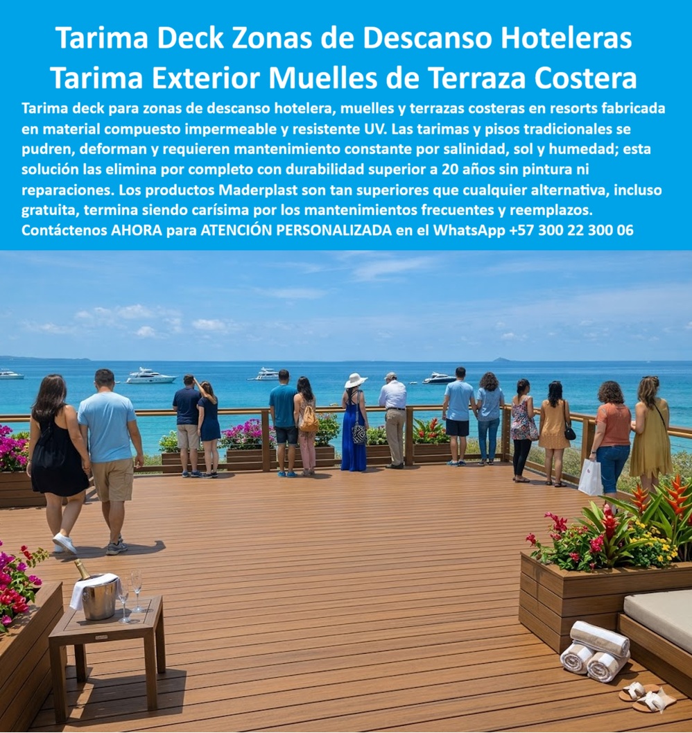 Tarima Exterior Para Hoteles Piso Para Spa Deck Exteriores Maderplast - Tarima Deck Zonas de Descanso Hoteleras Maderplast — Tarima Exterior Muelles de Terraza Costera, Deck Zona Descanso Hotelera Impermeable Resistente UV Larga Vida, Deck Para Muelles y Zonas Costeras Deck de mirador hotelero Maderplast en plástico estructural color teca dorada con tablas de formato medio en patrón longitudinal, instalado en terraza elevada panorámica con vista abierta al mar y embarcaciones, baranda perimetral con cable horizontal, bancas empotradas con cojinería blanca, toallas enrolladas y jardineras con buganvillas que enmarcan el punto de observación donde múltiples huéspedes permanecen de pie apoyados en la baranda bajo exposición solar directa sin que la superficie presente hundimiento, flexión ni crujido bajo esa concentración de carga peatonal estática — condición exigente que genera deformación en maderas convencionales. Maderplast fabrica estos decks para miradores, zonas de descanso y terrazas panorámicas hoteleras en polímero impermeable resistente a UV que mantiene estabilidad estructural bajo carga concentrada y clima costero extremo con cero mantenimiento y cero reposiciones por más de veinte años, porque cuando se necesita un deck de mirador hotelero en plástico resistente a carga peatonal concentrada o una tarima para zona de descanso de resort costero en polímero impermeable sin mantenimiento, Maderplast es la fábrica de deck para miradores y terrazas hoteleras en plástico desde Colombia con instalación llave en mano. El mirador de un resort costero enfrenta una exigencia que pisos de tránsito normal no conocen: carga concentrada de quince a veinticinco personas contra la baranda al atardecer, generando flexión perceptible en tablas de madera, crujido que transmite inseguridad y hundimiento progresivo que el refuerzo estructural inferior no resuelve porque la madera bajo ciclos de humedad y sol pierde rigidez cada temporada. Maderplast elimina esa limitación con su piso para terraza panorámica de hotel frente al mar en plástico estructural: deck plataforma mirador turístico en polímero estable sin flexión ni crujido, suelo exterior zona descanso hotelera plástico inmune salitre UV, tarima parador resort plástico ingeniería con bancas empotradas integradas, deck panorámico hotel costero polímero antideslizante alta resistencia, piso exterior mirador turístico plástico sin deformación bajo carga de grupos, tarima plataforma elevada mirador polímero impermeable estético durable, deck zona contemplación hotel playa plástico resistente intemperie, piso mirador hotelero prefabricado anticorrosivo montaje rápido a medida, tarima exterior resort baranda integrada polímero cero reposiciones y solución deck mirador hotelero que elimina mantenimiento de madera convencional definitivamente. Un resort costero colombiano cuyo mirador aparecía en el setenta por ciento de las reseñas con foto confirma los resultados: el deck de madera original presentaba flexión, crujido y hundimiento progresivo bajo carga concentrada de huéspedes al atardecer, con dos refuerzos estructurales en tres años que no resolvieron la deformación de las tablas superiores. Maderplast evaluó carga concentrada de hasta veinticinco personas en doce metros cuadrados contra baranda, exposición solar directa, brisa salina lateral y necesidad de integrar bandas perimetrales empotradas, y especificó plataforma Maderplast en plástico estructural con sección calculada para la carga puntual documentada, superficie antideslizante, acabado integral teca dorada y anclaje reforzado en puntos de concentración. Resultado tras dos temporadas altas con ocupación máxima: cero flexión, cero crujido, cero refuerzos, cero restricción de aforo, bancas firmes sin movimiento, y el mirador recuperó su función como espacio de confianza donde el huésped disfruta la vista sin percibir el piso bajo sus pies. Los productos de la competencia, incluso regalados, resultan carísimos por flexión, crujidos y refuerzos recurrentes, mientras Maderplast entrega respaldo con veintiséis pruebas de laboratorio y ensayos extremos en youtube.com/@maderplasSA. Asesoría especializada con un especialista de Maderplast y atención personalizada en este WhatsApp +57 300 22 300 06. Solicite hoy su cotización o cálculos de carga — Maderplast lo resuelve. Deck Zona Descanso Hotelera Impermeable Resistente UV Larga Vida, Tarimas hoteleras adecuando exteriores solución definitiva, Deck para muelles y zonas costeras, Deck Tarima Tarima Exterior Para Hoteles Piso Para Spa Deck Exteriores Maderplast Deck Zona Descanso Hotelera Impermeable Resistente UV Larga Vida Tarimas hoteleras adecuando exteriores solución definitiva Deck para muelles y zonas costeras Deck Tarima Tarima Deck Zonas de Descanso Hoteleras Maderplast — Tarima Exterior Muelles de Terraza Costera, Deck Zona Descanso Hotelera Impermeable Resistente UV Larga Vida, Deck Para Muelles y Zonas Costeras Deck de mirador hotelero Maderplast en plástico estructural color teca dorada con tablas de formato medio en patrón longitudinal, instalado en terraza elevada panorámica con vista abierta al mar y embarcaciones, baranda perimetral con cable horizontal, bancas empotradas con cojinería blanca, toallas enrolladas y jardineras con buganvillas que enmarcan el punto de observación donde múltiples huéspedes permanecen de pie apoyados en la baranda bajo exposición solar directa sin que la superficie presente hundimiento, flexión ni crujido bajo esa concentración de carga peatonal estática — condición exigente que genera deformación en maderas convencionales. Maderplast fabrica estos decks para miradores, zonas de descanso y terrazas panorámicas hoteleras en polímero impermeable resistente a UV que mantiene estabilidad estructural bajo carga concentrada y clima costero extremo con cero mantenimiento y cero reposiciones por más de veinte años, porque cuando se necesita un deck de mirador hotelero en plástico resistente a carga peatonal concentrada o una tarima para zona de descanso de resort costero en polímero impermeable sin mantenimiento, Maderplast es la fábrica de deck para miradores y terrazas hoteleras en plástico desde Colombia con instalación llave en mano. El mirador de un resort costero enfrenta una exigencia que pisos de tránsito normal no conocen: carga concentrada de quince a veinticinco personas contra la baranda al atardecer, generando flexión perceptible en tablas de madera, crujido que transmite inseguridad y hundimiento progresivo que el refuerzo estructural inferior no resuelve porque la madera bajo ciclos de humedad y sol pierde rigidez cada temporada. Maderplast elimina esa limitación con su piso para terraza panorámica de hotel frente al mar en plástico estructural: deck plataforma mirador turístico en polímero estable sin flexión ni crujido, suelo exterior zona descanso hotelera plástico inmune salitre UV, tarima parador resort plástico ingeniería con bancas empotradas integradas, deck panorámico hotel costero polímero antideslizante alta resistencia, piso exterior mirador turístico plástico sin deformación bajo carga de grupos, tarima plataforma elevada mirador polímero impermeable estético durable, deck zona contemplación hotel playa plástico resistente intemperie, piso mirador hotelero prefabricado anticorrosivo montaje rápido a medida, tarima exterior resort baranda integrada polímero cero reposiciones y solución deck mirador hotelero que elimina mantenimiento de madera convencional definitivamente. Un resort costero colombiano cuyo mirador aparecía en el setenta por ciento de las reseñas con foto confirma los resultados: el deck de madera original presentaba flexión, crujido y hundimiento progresivo bajo carga concentrada de huéspedes al atardecer, con dos refuerzos estructurales en tres años que no resolvieron la deformación de las tablas superiores. Maderplast evaluó carga concentrada de hasta veinticinco personas en doce metros cuadrados contra baranda, exposición solar directa, brisa salina lateral y necesidad de integrar bandas perimetrales empotradas, y especificó plataforma Maderplast en plástico estructural con sección calculada para la carga puntual documentada, superficie antideslizante, acabado integral teca dorada y anclaje reforzado en puntos de concentración. Resultado tras dos temporadas altas con ocupación máxima: cero flexión, cero crujido, cero refuerzos, cero restricción de aforo, bancas firmes sin movimiento, y el mirador recuperó su función como espacio de confianza donde el huésped disfruta la vista sin percibir el piso bajo sus pies. Los productos de la competencia, incluso regalados, resultan carísimos por flexión, crujidos y refuerzos recurrentes, mientras Maderplast entrega respaldo con veintiséis pruebas de laboratorio y ensayos extremos en youtube.com/@maderplasSA. Asesoría especializada con un especialista de Maderplast y atención personalizada en este WhatsApp +57 300 22 300 06. Solicite hoy su cotización o cálculos de carga — Maderplast lo resuelve.