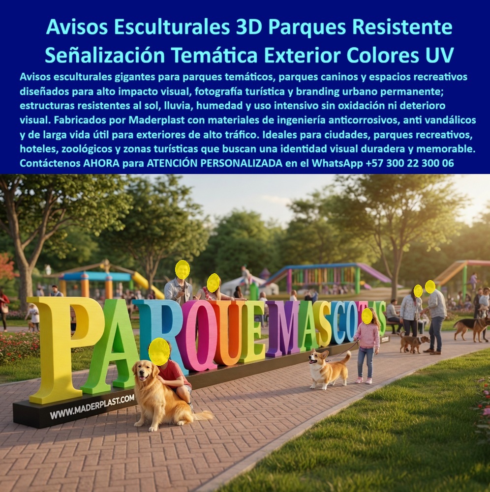 Avisos Personalizados 3d Parques Señales Temáticas Maderplast Aviso Escultural Parque Canino Gran Formato Durable Señalización Parque Temático 3D Colores Exterior Resistente Letras gigantes fuertes frena clima sin óxido Vallas gigantes Aviso En esta soleada fotografía de parque se exhibe el aviso escultural 3D “PARQUE MASCOTAS” Maderplast, un monumental letrero formado por letras gigantes multicolores (amarillo, verde, azul, rosa, naranja y morado) con acabado texturizado y relieve profundo que genera alto impacto visual. Las letras monumentales reposan sobre un camino de ladrillo en un parque temático canino, rodeadas de familias y perros (golden retriever, corgi) que interactúan y posan para fotos, creando una experiencia memorable y fotogénica. Fabricado por Maderplast en plástico industrial de ingeniería avanzada, anticorrosivo, anti graffiti y resistente a UV, lluvia y vandalismo sin óxido ni mantenimiento. Este aviso escultural 3D de letras gigantes para parques es la solución definitiva de señalización temática que alcaldías, constructoras, hoteles pet-friendly y parques recreativos necesitan para fortalecer su identidad visual de forma permanente. Mientras los letreros tradicionales de metal o madera se oxidan, decoloran y sufren vandalismo constante —generando repintados frecuentes y costos de mantenimiento que convierten lo barato en una trampa carísima—, este señalización temática monumental 3D exterior resistente está construido en plástico industrial Maderplast de alta ingeniería. Sus letras gigantes con relieve profundo y colores integrales resisten sol intenso, lluvia, humedad, UV y tráfico intenso durante más de 20 años sin óxido, astillado ni desgaste, ofreciendo cero mantenimiento, huella de carbono reducida y costo total de propiedad cero. Padres, arquitectos y promotores valoran estas letras gigantes 3D para parque canino o pet-friendly porque transforman cualquier entrada o zona temática en un punto irónico y altamente fotografiable. El diseño monumental genera un branding tridimensional impactante, invita a las familias a interactuar y posar, y refuerza la experiencia turística y recreativa. Su construcción ligera pero ultra resistente permite instalación fácil y personalizada, ideal para parques caninos, zoológicos, centros turísticos y espacios públicos en Colombia donde la durabilidad extrema y el valor visual marcan la diferencia entre una señal temporal y una inversión que perdura generaciones. La prueba real está en el Parque Canino Municipal de Bogotá. La Alcaldía, a través del Ingeniero Carlos Eduardo Ramírez, Director de Parques y Recreación, buscaba una señalización icónica que identificara el nuevo espacio y genera alto impacto visual y fotogénico, pero enfrentaba el constante deterioro de letreros por sol intenso, lluvia, vandalismo y uso intensivo. Tras instalar este aviso escultural 3D “PARQUE MASCOTAS” Maderplast con letras gigantes multicolores, 21 meses después luce espectacular con colores intactos y cero reparaciones, convirtiéndose en el punto más fotografiado del parque. Las familias y dueños de mascotas reportan mayor identificación y disfrute mientras los costos operativos son nulos. Como ingeniero con años en proyectos de señalización y equipamiento recreativo, recomiendo sin reservas los avisos esculturales 3D para parques temáticos de Maderplast. Su material certificado, resistencia probada en laboratorio y respaldo técnico completo eliminan cualquier riesgo. Contamos con planos, renders 3D personalizados, videos drone y fichas técnicas listas para su anteproyecto. Contáctenos AHORA para diseño personalizado y cotización técnica al WhatsApp +57 300 22 300 06 o visite www.maderplast.com. Maderplast es la mejor y única opción que cumple y supera todos los requisitos de durabilidad, impacto visual y rentabilidad a largo plazo. Su proyecto merece un aviso escultural 3D que eleve la identidad de su parque por generaciones.