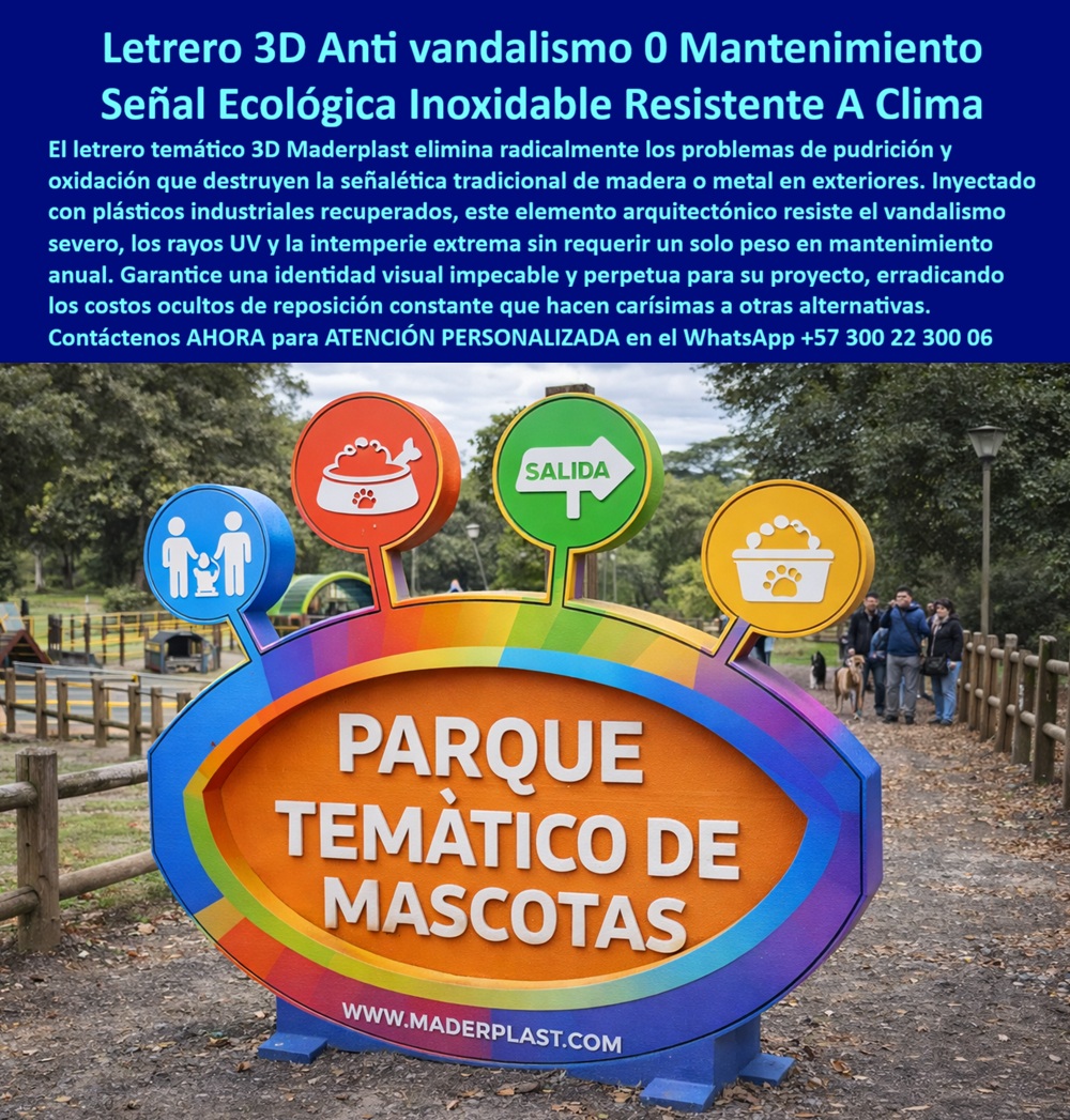 Avisos Personalizados 3d Parques Señales Temáticas Maderplast Aviso Letras 3D Colores Parque Ecológico Personalizado Avisos ecológicos evitan grafiti gran garantía Branding arquitectónico temático parques recreativos Tótems Aviso  Letrero Tótem 3D Maderplast: La Señalización Temática que Mantiene Identidad Visual Impecable Mientras la Madera Se Pudre y el Grafiti Gana Letrero tótem 3D monumental con texto "Parque Temático de Mascotas" en letras volumétricas blancas sobre fondo degradado arcoíris, formato ovalado azul con iconografía temática en círculos de colores y pictogramas informativos, fabricado por Maderplast en plástico industrial inyectado con colores integrales permanentes y base de anclaje reforzada. La señalética que le da identidad al proyecto es la primera en destruirse El aviso de madera inmunizada se pudre a los ocho meses. El metálico se oxida y decolora en menos de un año. El acrílico se fractura con el primer intento de vandalismo. Y los tres absorben graffiti de forma irreversible, obligando a reposiciones completas que convierten la identidad visual del proyecto en un gasto crónico que nadie presupuestó. La señalización es lo primero que el visitante ve y lo primero que el clima y el vandalismo destruye. Al arquitecto o funcionario que especificó esa señalética no lo recuerdan por el diseño original — lo recuerdan por el letrero podrido que ya nadie puede leer y que toda la comunidad asocia con abandono. Branding arquitectónico que resiste décadas sin perder un solo color Cuando se trata de señalización temática para parques y proyectos recreativos, Maderplast es el fabricante que convierte ideas en piezas reales. El tótem 3D integra letras volumétricas en relieve, iconografía personalizada con pictogramas informativos en círculos cromáticos y fondo degradado multicolor en un formato monumental que identifica el proyecto desde la distancia. La superficie antigrafiti permite limpiar intentos de vandalismo con agua corriente sin dañar colores ni acabados. Todo fabricado en polímero industrial inyectado con pigmentos integrales que no se pudren, no se oxidan y no se decoloran bajo radiación ultravioleta, lluvia tropical o salinidad costera. Maderplast diseña cada letrero sobre plano personalizando forma, texto, iconografía, colores y dimensiones según el concepto de marca del proyecto, con entrega llave en mano, garantía superior a veinte años y huella de carbono certificada de 0.77. Reponer señalética cada año cuesta más que instalar identidad permanente Un aviso de madera en exteriores necesita reemplazo completo cada año. Uno metálico exige repintado semestral y tratamiento anticorrosivo. Uno acrílico se repone cada vez que el vandalismo lo fractura. En veinte años estos ciclos de reposición acumulan un gasto que multiplica varias veces la inversión en un tótem Maderplast que durante ese periodo mantiene colores idénticos al primer día, resiste graffiti lavable con agua y no requiere un solo peso en mantenimiento. Las pruebas de resistencia están filmadas en youtube.com/@maderplasSA y las fichas técnicas se entregan antes de la compra. No se compra precio, se compra identidad visual permanente que dura lo que dura el proyecto. El tótem que se convirtió en referente fotográfico del parque Óscar Ramírez, arquitecto paisajista en el Valle del Cauca, necesitaba señalización con identidad para un parque temático de mascotas municipal. Los avisos de madera inmunizada tenían historial de pudrición a los ocho meses y grafiti irreversible en la región. Cuando especificó el tótem 3D Maderplast con letras volumétricas e iconografía personalizada, recibió diseño sobre plano, fabricación en plástico industrial y entrega llave en mano. A más de dos años de instalación, colores idénticos al primer día, intentos de graffiti que se limpiaron con agua y el tótem se convirtió en el punto de referencia fotográfico de todo el proyecto. Especificar identidad con respaldo técnico verificable Maderplast entrega diseño sobre plano, fichas técnicas descargables, videos de pruebas de laboratorio y garantía documentada superior a veinte años. Para el arquitecto, el municipio o el inversionista que necesita señalización temática con cero costos ocultos de reposición y documentación verificable ante interventoría, el expediente técnico completo existe antes de comprometer la compra. Asesoría Especializada Con Un Especialista De Maderplast, Atención Personalizada En Este WhatsApp 57+ 300 22 300 06