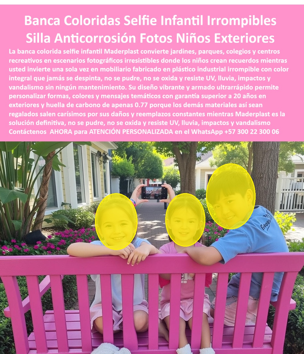Banca Colorida Selfie Infantil Asiento Selfies Temáticos Fotos Maderplast Silla simbólica anticorrosión asegura fotos En esta alegre fotografía de jardín residencial se destaca la banca colorida selfie infantil Maderplast, un banco vibrante en tono rosa intenso con listones verticales y diseño ergonómico perfecto para posar. Tres niños sonríen y se apoyan felices en el respaldo mientras un adulto captura la foto ideal con su celular, convirtiendo el momento en un recuerdo memorable y fotogénico. El mobiliario se integra armónicamente en un entorno verde con flores, árboles y casa al fondo, ofreciendo una experiencia lúdica y segura. Fabricada por Maderplast en plástico industrial irrompible con color integral que resiste UV, lluvia, impactos y vandalismo sin mantenimiento ni óxido. Esta banca colorida selfie infantil para parques es la solución que alcaldías, colegios, hoteles familiares y centros recreativos necesitan para crear escenarios fotogénicos irresistibles donde los niños generan recuerdos felices. Mientras las bancas tradicionales de madera se pudren y astillan o las metálicas se oxidan y requieren pintura constante —generando costos de mantenimiento que convierten lo barato en una trampa carísima—, este asiento simbólico infantil irrompible anticorrosión está construido en plástico industrial Maderplast de alta ingeniería. Sus colores integrales jamás se despintan, no se astillan ni se oxidan bajo sol extremo, lluvia tropical, humedad o vandalismo, ofreciendo más de 20 años de vida útil con cero mantenimiento y huella de carbono de sólo 0,77. Padres e ingenieros valoran esta banca fotogénica infantil color rosa con diseño ergonómico exterior porque va mucho más allá de un simple asiento. Su forma invita a posar, a crear selfies memorables y a transformar cualquier espacio en un punto irónico y altamente compartible. Los niños desarrollan socialización y alegría mientras las familias capturan momentos que perduran, todo en un mobiliario urbano selfie seguro, ergonómico y pensado para uso intensivo diario en exteriores. Fácil de instalar y totalmente personalizable en formas, colores y mensajes temáticos, se convierte en el elemento perfecto para parques, jardines y áreas comunes en Colombia. La prueba real está en el parque comunitario de Medellín. La Alcaldía, a través del Ingeniero Juan Carlos Ramírez, Director de Infraestructura Recreativa, buscaba mobiliario que generará momentos fotogénicos y recuerdos felices para las familias, pero enfrentaba el constante deterioro de bancos tradicionales por sol, lluvia y vandalismo. Tras instalar esta banca colorida selfie infantil Maderplast, 17 meses después se mantiene impecable con color vibrante y cero reparaciones, convirtiéndose en el punto favorito para selfies de niños y adultos. Las familias reportan mayor alegría y el parque ha incrementado notablemente sus visitas. Como ingeniero con años en proyectos de mobiliario urbano y recreativo, recomiendo sin reservas los mobiliario selfie infantil resistente UV sin mantenimiento de Maderplast. Su construcción certificada, pruebas de laboratorio, superficies seguras y respaldo técnico completo eliminan cualquier riesgo. Contamos con renders 3D personalizados, planos y fichas técnicas listas para su anteproyecto. Contáctenos AHORA para diseño personalizado y cotización técnica al WhatsApp +57 300 22 300 06 o visite www.maderplast.com. Maderplast es la mejor y única opción que cumple y supera todos los requisitos de durabilidad, impacto visual y rentabilidad a largo plazo. Su proyecto merece una banca selfie infantil que convierte cada foto en un recuerdo para toda la vida.