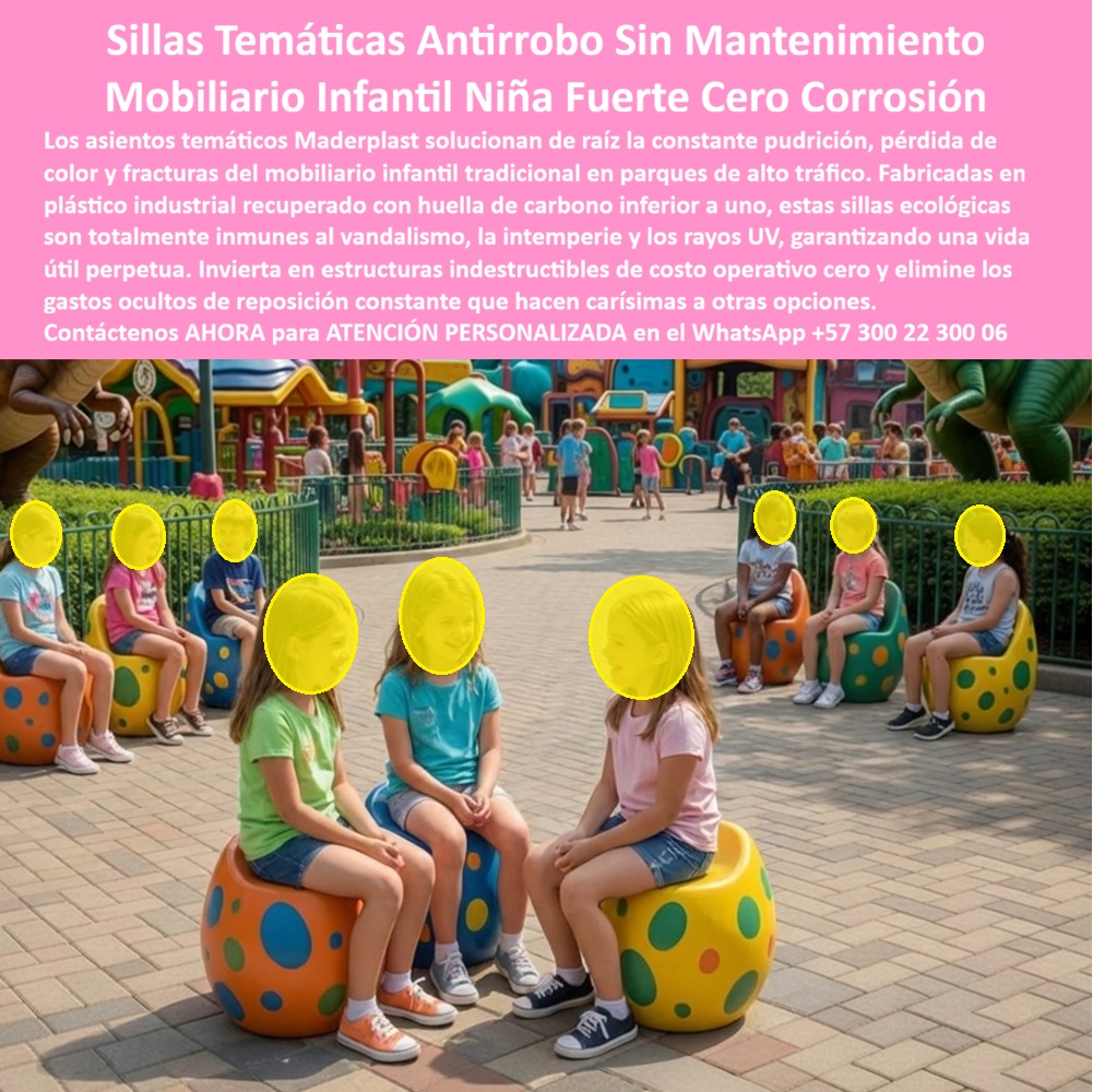 Bancas temáticas personalizadas parques infantiles Silla Niños Maderplast Asientos Dinosaurio Infantil Resistente Exterior Mobiliario temático infantil para zonas recreativas de dinosaurios Asientos Infantiles Dinosaurios Colores Parque Seguro Sillas Huevo de Dinosaurio Maderplast: El Mobiliario Temático que los Niños No Pueden Romper y las Familias No Pueden Dejar de Fotografiar Sillas temáticas infantiles con forma de huevo de dinosaurio en colores vibrantes verde, amarillo, naranja y azul con lunares multicolor decorativos, diseño ergonómico envolvente tipo butaca con respaldo curvo y base esférica estable, fabricadas por Maderplast en plástico industrial con colores integrales permanentes, instaladas en parque temático jurásico. La fibra de vidrio que se fractura antes de cumplir el año El mobiliario temático en fibra de vidrio luce espectacular el día de la inauguración. Ocho meses después, el sol costero decolora la superficie por completo, los bordes empiezan a agrietarse con el impacto constante de niños que se sientan, trepan y saltan, y las fracturas generan astillas peligrosas que obligan a retirar las piezas antes de que ocurra un accidente documentado. La resina pintada no resiste mejor: se descascara, absorbe humedad y se degrada con el vandalismo hasta perder toda función decorativa y funcional. Al diseñador que especificó ese mobiliario no lo recuerdan por la experiencia inmersiva que planificó — lo recuerdan por las sillas rotas que tuvieron que retirar del parque. Un huevo de dinosaurio donde los niños se sientan, trepan y generan contenido Cuando se trata de mobiliario temático infantil para parques y centros recreacionales, Maderplast es el fabricante que convierte ideas en piezas reales. Cada silla tipo huevo de dinosaurio integra diseño ergonómico envolvente con respaldo curvo, base esférica estable antivuelco y acabado de lunares multicolor decorativos en una pieza monobloque sin uniones ni tornillos expuestos que funciona simultáneamente como asiento de descanso y como escenografía fotográfica donde los niños se sientan dentro de un huevo prehistórico mientras las familias generan contenido visual espontáneo para redes sociales. Todo fabricado en polímero industrial con pigmentos integrales que no se fracturan con impacto infantil, no se decoloran con radiación ultravioleta y no genera astillas ni bordes cortantes por desgaste. Maderplast diseña cada silla sobre plano personalizando forma, color, tamaño y concepto según el proyecto, con entrega llave en mano, garantía superior a veinte años y huella de carbono certificada de 0.77. Reponer fibra de vidrio cada año cuesta más que resolver con una sola compra Un juego de sillas temáticas en fibra de vidrio necesita reposición completa cada ocho meses en clima costero. En veinte años ese ciclo acumula un gasto que multiplica varias veces la inversión en mobiliario Maderplast que durante ese periodo mantiene colores idénticos al primer día, soporta cientos de niños diarios sentándose y tapándose sin fractura y no requiere un solo peso en mantenimiento ni repintado. Las pruebas de resistencia al impacto, UV y salinidad están filmadas en youtube.com/@maderplasSA y las fichas técnicas se entregan antes de la compra. No se compra precio, se compran soluciones. Y la solución que genera etiquetas orgánicas constantes en redes mientras resiste décadas de uso masivo infantil es el activo más rentable por unidad del parque temático. El parque jurásico donde las sillas son la atracción más fotografiada Camilo Herrera, diseñador de experiencias recreativas para un centro vacacional en el Caribe, cotizó sillas de fibra de vidrio con forma de dinosaurio que en un parque vecino se fracturaron a los ocho meses con astillas peligrosas. Cuando presentó las sillas huevo Maderplast con lunares decorativos, el comité aprobó en primera revisión. Doce unidades instaladas. A más de dos años con uso diario masivo, cero fracturas, colores idénticos al primer día y se convirtieron en el punto más etiquetado del parque en redes sociales. Especificar experiencia visual con respaldo técnico real Maderplast entrega diseño personalizado sobre plano, fichas técnicas descargables, videos de pruebas de laboratorio y garantía documentada superior a veinte años. Para el diseñador, el hotel o el centro vacacional que necesita mobiliario temático que funcione como atracción fotográfica indestructible, el expediente técnico se verifica antes de comprometer la compra. Asesoría Especializada Con Un Especialista De Maderplast, Atención Personalizada En Este WhatsApp 57+ 300 22 300 06