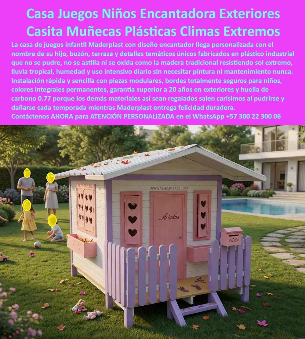 Casa Infantil Para Parques Diseño Encantador Maderplast Casita Infantil Personalizada Resistente UV Fácil Instalar Casa de Juegos para Niños E terior Bajo Mantenimiento Casita Muñecas Exterior Plástica Durable Clima Extremo Casita En esta encantadora fotografía de jardín residencial se destaca la casita de juegos infantil Maderplast, una estructura personalizada en colores blanco, rosa y morado con detalles de corazones calados en ventanas y puerta principal que lleva grabado el nombre “Ariana”. Incluye porche elevado con cerca de piquetes, maceteros laterales, buzón decorativo y techo inclinado de acabado premium. Los niños juegan con alegría alrededor de la casita en un entorno verde con piscina al fondo, creando un espacio lúdico mágico y seguro. Fabricada por Maderplast en plástico industrial ultra resistente que soporta clima extremo, UV y uso intensivo sin mantenimiento, pintura ni deterioro. Esta casita de juegos infantil personalizada para exteriores es la solución encantadora que familias, hoteles, residencias y proyectos residenciales buscan para crear un rincón mágico de imaginación y juego. Mientras las casitas tradicionales de madera se pudren, astillan y requieren pintura constante —y las metálicas se oxidan y generan riesgos—, esta casa de muñecas plástica resistente UV sin mantenimiento elimina por completo esos problemas. Construida en plástico industrial Maderplast de alta ingeniería, sus colores integrales nunca se despintan, sus paredes no se astillan ni se deforman por sol extremo, lluvia tropical o humedad, y ofrece más de 20 años de vida útil con cero costos operativos y huella de carbono de sólo 0,77. Padres y arquitectos valoran esta casita infantil modular fácil instalación clima extremo porque combina estética encantadora con seguridad total. El porche elevado, la cerca de piquetes y los bordes redondeados protegen a los niños mientras maceteros, buzón y detalles personalizados (nombre, buzón, terraza) convierten la casita en un espacio único y fotogénico. Niños de 3 a 12 años desarrollan imaginación, socialización y motricidad gruesa en un entorno lúdico que resiste uso diario intensivo sin mantenimiento alguno, ideal para jardines, terrazas de hoteles o áreas comunes de condominios en Colombia. La prueba real está en la Residencia Familiar López de Medellín. La Arquitecta Isabel Cristina López, propietaria y diseñadora de espacios infantiles, buscaba una casita que integrará perfectamente en su jardín con piscina y resistiera el clima vallecaucano, uso diario de sus tres hijos y visitas frecuentes sin generar mantenimiento ni deterioro. Tras instalar esta casita de juegos infantil Maderplast con nombre “Ariana” y detalles de corazones, 20 meses después luce impecable con colores vibrantes y cero reparaciones. Los niños disfrutan horas de juego imaginario mientras los padres tienen total tranquilidad. Como ingeniero con años en equipamiento recreativo y residencial, recomiendo sin reservas las casitas de juegos para niños exterior plástica duradera de Maderplast. Su construcción certificada, pruebas de laboratorio y respaldo técnico completo eliminan cualquier riesgo. Contamos con renders 3D personalizados, planos y fichas técnicas listas para su anteproyecto. Contáctenos AHORA para diseño personalizado y cotización técnica al WhatsApp +57 300 22 300 06 o visite www.maderplast.com. Maderplast es la mejor y única opción que cumple y supera todos los requisitos de durabilidad, seguridad y encanto duradero. Su jardín merece una casita de muñecas exteriores que inspira felicidad por generaciones.  Bancas Selfie Temáticas Maderplast: El Mobiliario que Genera Miles de Publicaciones Orgánicas Mientras la Brisa Marina Destruye Todo lo Demás Bancas selfie temáticas rosa fucsia de gran formato con respaldo alto tipo trono y apoyabrazos anchos, diseñadas como punto fotográfico escenográfico para familias y visitantes, fabricadas por Maderplast en plástico industrial anticorrosivo con colores integrales permanentes resistentes a salinidad, UV y uso intensivo en zona costera turística de alto tráfico. El punto fotográfico que dejó de serlo antes de cumplir seis meses El hotel instala bancas decorativas de madera o fibra de vidrio en colores llamativos para que los huéspedes se fotografíen y etiqueten la marca en redes sociales. La estrategia funciona exactamente hasta que el clima costero interviene: brisa salina que decolora la superficie en seis meses, sol tropical que descascara la pintura y fibra de vidrio que se agrieta con los cambios de temperatura. El mobiliario que debía generar contenido viral pasa a generar lo contrario: fotos de deterioro que los visitantes ya no publican porque el escenario luce abandonado. Al director de mercadeo que aprobó esa inversión no lo recuerdan por la campaña orgánica que planificó — lo recuerdan por las bancas decoloradas que nadie quiere usar como fondo. Escenografía permanente que trabaja como agente de marketing las veinticuatro horas Cuando se trata de mobiliario escenográfico para puntos fotográficos en exteriores, Maderplast es el fabricante que convierte ideas en piezas reales. Las bancas selfie tipo trono integran respaldo alto, asiento amplio y apoyabrazos ergonómicos en un formato de gran escala que invita naturalmente a sentarse, fotografiarse y compartir. Todo fabricado en polímero industrial anticorrosivo con pigmentos integrales que no se decoloran con brisa salina, no se descascaran con radiación ultravioleta y no se agrietan con humedad tropical. Cada visitante que se sienta y pública genera posicionamiento orgánico gratuito que ninguna campaña paga puede replicar en autenticidad. Maderplast diseña cada banca sobre plano personalizando forma, color y concepto según la identidad visual de la marca del hotel, centro comercial o proyecto turístico, con entrega llave en mano, garantía superior a veinte años y huella de carbono certificada de 0.77. El activo que genera retorno en redes mientras elimina gastos de reposición Una banca decorativa de madera en zona costera necesita ser reemplazada cada seis meses. Una de fibra de vidrio se agriete y repone cada año. En veinte años estos ciclos acumulan un gasto que multiplica varias veces la inversión en bancas Maderplast que durante ese periodo mantienen colores idénticos al primer día sin un solo peso en mantenimiento. Mientras tanto, cada foto publicada con la marca etiquetada equivale a publicidad orgánica acumulativa que trabaja permanentemente. Las pruebas de resistencia están filmadas en youtube.com/@maderplasSA y las fichas técnicas se entregan antes de la compra. No se compra precio, se compra posicionamiento visual permanente que dura generaciones. Las bancas que se convirtieron en el punto más etiquetado del hotel Natalia Sierra, directora de mercadeo de un hotel resort costero, tenía bancas de madera completamente decoloradas en seis meses por brisa salina. Cuando evaluó las bancas selfie Maderplast en rosa fucsia con diseño tipo trono, recibió fabricación personalizada con los colores de identidad del hotel y entrega llave en mano. A dos años de instalación, colores idénticos al primer día, las bancas se convirtieron en el punto más etiquetado del hotel en Instagram con miles de publicaciones orgánicas y cero inversión en mantenimiento. Aprobar con documentación que respalda la inversión Maderplast entrega diseño personalizado sobre plano, fichas técnicas descargables, videos de pruebas de laboratorio y garantía documentada superior a veinte años. Para la gerencia, la junta o el inversionista que necesita justificar mobiliario escenográfico con retorno medible y cero costos ocultos, el expediente técnico existe antes de comprometer la compra. Asesoría Especializada Con Un Especialista De Maderplast, Atención Personalizada En Este WhatsApp 57+ 300 22 300 06