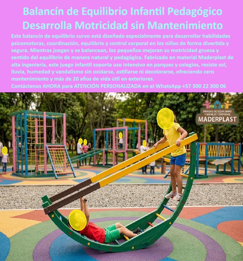 Juego De Equilibrio Infantil Pedagógicos Habilidades Psicomotoras Maderplast balancín didáctico Diseños juegos educativos sin óxido desarrollan la motricidad Balancín Grúa Infantil Interactivo Psicomotor Esquemas lúdicas antivandalismo Balancín de Equilibrio Curvo Maderplast: El Juego Pedagógico que Desarrolla Motricidad Mientras la Madera Se Pudre y el Metal Se Oxida Balancín de equilibrio curvo tipo media luna con tabla de balanceo verde sobre base arqueada con agarres laterales multicolor en puntos rojos, amarillos y azules, fabricado por Maderplast en plástico industrial de alta ingeniería con colores integrales permanentes, instalado sobre piso de caucho amortiguante en parque de equilibrio y manejo corporal. La madera podrida que enseña más sobre riesgo que sobre equilibrio El balancín de madera en un jardín infantil con clima húmedo tiene fecha de caducidad predecible: astillas en las manos de los niños antes de los seis meses, putrefacción por humedad al primer año y un reemplazo obligatorio que la interventoría exige antes de que se convierta en incidente documentado. El metálico no resuelve el problema — agrega calentamiento solar peligroso y óxido en los agarres. Cuando la Secretaría de Educación pide que los juegos justifiquen componente pedagógico documentable, ni la madera podrida ni el metal oxidado superan la primera revisión técnica. Al funcionario que especificó esos equipos no lo recuerdan por haber cumplido el presupuesto — lo recuerdan por las astillas en las manos de niños de primera infancia. Equilibrio dinámico real en una estructura que no lesiona ni se degrada Cuando se trata de juegos de equilibrio pedagógicos para parques y colegios, Maderplast es el fabricante que convierte ideas en piezas reales. El balancín curvo tipo media luna permite que dos niños se balanceen simultáneamente regulando su propio peso sobre la curva, desarrollando motricidad gruesa, equilibrio dinámico, coordinación bilateral y control corporal como función pedagógica documentable que las docentes integran directamente al plan de estudios. Los agarres multicolor distribuidos en ambos laterales ofrecen puntos de sujeción cromáticos que estimulan también orientación espacial y reconocimiento de colores. Todo fabricado en polímero industrial con pigmentos integrales que no genera astillas, no se pudren con humedad y mantienen superficie antideslizante segura bajo uso masivo diario durante décadas. Maderplast diseña cada balancín sobre plano personalizando largo, curvatura y nivel de dificultad según grupo etario, con entrega llave en mano, garantía superior a veinte años y huella de carbono certificada de 0.77. Reemplazar madera cada año cuesta más que resolver una sola vez Un balancín de madera en uso escolar diario necesita reemplazo completo cada doce meses. Uno metálico exige repintado semestral y cambio de piezas corroídas cada año. En veinte años esos reemplazos acumulados representan un gasto varias veces superior a la inversión única en un equipo Maderplast que durante ese periodo no requiere un solo peso en mantenimiento ni genera un solo incidente por astillas o bordes oxidados. Las pruebas de resistencia están filmadas en youtube.com/@maderplasSA y las fichas técnicas se entregan antes de la compra. No se compra precio, se compran soluciones que protegen a los niños y al presupuesto al mismo tiempo. Tres sedes equipadas, cero astillas, componente pedagógico aprobado Carolina Mejía, licenciada en educación física, necesitaba un circuito de estimulación psicomotora para tres instituciones de primera infancia con componente pedagógico documentable ante interventoría. Los balancines de madera existentes ya habían generado astillas y estaban podridos por la humedad. Cuando especificó el balancín curvo Maderplast, la ficha técnica documentó equilibrio dinámico, coordinación bilateral y control corporal. A más de un año de uso diario con grupos de primera infancia, cero astillas, colores intactos y las docentes lo integraron al plan de estudios como herramienta de desarrollo motor. Especificar con respaldo que resiste la auditoría pedagógica Maderplast entrega diseño sobre plano, fichas técnicas descargables, videos de pruebas de laboratorio y garantía documentada superior a veinte años. Para el proyecto educativo que necesita justificar inversión pública con resultados pedagógicos verificables, el expediente técnico existe y se comprueba antes de comprometer la compra. Asesoría Especializada Con Un Especialista De Maderplast, Atención Personalizada En Este WhatsApp 57+ 300 22 300 06
