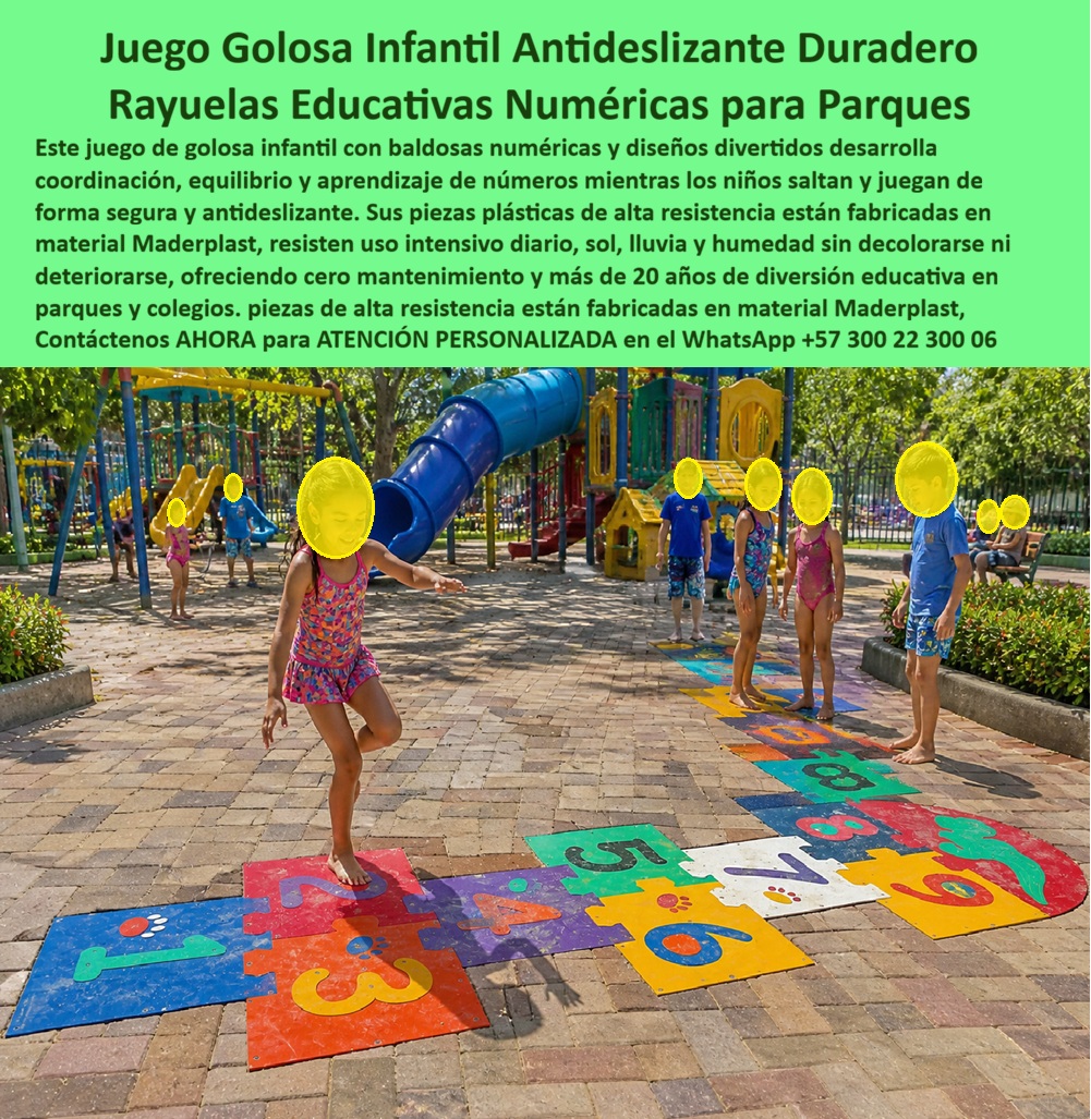 Juego Golosa Parque Temático Rayuela Aprendizaje Interactivo Maderplast Baldosas Baldosas Numéricas Antideslizantes para Parques Infantiles Juego Golosa Infantil Sendero Baldosas Numéricas Antideslizantes para Parques Infantiles Juego Baldosas Golosa Maderplast en Baldosas Numéricas Modulares: El Juego Educativo de Piso que Dura lo que Dura el Proyecto y No lo que Dura la Pintura Juego de golosa infantil con baldosas numéricas modulares en colores vibrantes rojo, amarillo, verde, azul y naranja con números del uno al diez en relieve, superficie antideslizante texturizada, fabricado por Maderplast en plástico industrial de alta resistencia con colores integrales permanentes, instalado sobre adoquín en parque recreativo. La golosa pintada que desaparece antes de la segunda interventoría Toda coordinadora de primera infancia y todo formulador de proyectos municipales conoce el ciclo: la golosa se pinta sobre concreto con colores vivos, se entrega en el acta fotográfica y se borra en menos de cuatro meses bajo pisadas de niños descalzos, lluvia y sol directo. Repintar cada trimestre genera un costo recurrente que ningún presupuesto municipal puede sostener y que ningún banco de proyectos aprueba como gasto pedagógico justificable. Al funcionario que entregó esa solución no lo recuerdan por haber cumplido el componente educativo — lo recuerdan por las manchas borrosas en el piso que ya nadie reconoce como juego. Baldosas que enseñan números, coordinación y equilibrio sin perder un solo color Cuando se trata de juegos educativos de piso para parques y colegios, Maderplast es el fabricante que convierte ideas en piezas reales. La golosa integra baldosas modulares con números del uno al diez en relieve, figuras geométricas decorativas y superficie texturizada antideslizante que funciona segura con pies descalzos o con calzado bajo lluvia. Cada salto de casilla desarrolla coordinación, equilibrio dinámico, motricidad gruesa y aprendizaje numérico como función pedagógica documentable que las docentes incorporan directamente a sus planes de aula. Todo fabricado en polímero industrial con pigmentos integrales que no se decoloran, no se despegan del sustrato y no se desgastan bajo tráfico masivo diario durante décadas. Maderplast diseña cada golosa sobre plano personalizando tamaño, numeración, figuras y configuración de casillas según el proyecto, con entrega llave en mano, garantía superior a veinte años y huella de carbono certificada de 0.77. Lo que cuesta repintar cada trimestre supera lo que cuesta resolver una sola vez Una golosa pintada sobre concreto necesita retoque cada cuatro meses. En veinte años, ese ciclo de repintado acumula un gasto que multiplica varias veces la inversión en baldosas modulares Maderplast que durante ese mismo periodo mantienen colores intactos, números legibles y superficie antideslizante funcional sin una sola intervención. Las pruebas de resistencia al tráfico masivo están filmadas en youtube.com/@maderplasSA y las fichas técnicas se entregan antes de la compra. No se compra precio, se compran soluciones. Y la solución que documenta componente pedagógico ante interventoría mientras elimina el gasto crónico de repintado no es la opción costosa — es la única opción que resiste la auditoría del DNP. Tres parques equipados, dos años intactos, golosas vecinas ya borradas Martha Liliana Ortiz, coordinadora de primera infancia de una alcaldía municipal, necesitaba juegos educativos de piso que documentaran desarrollo de competencias numéricas y motrices para justificar inversión ante interventoría. Las golosas pintadas existentes se habían borrado en menos de cuatro meses. Especificó las baldosas numéricas modulares Maderplast en tres parques barriales. A dos años de instalación, las tres golosas mantienen colores intactos y superficie funcional mientras las golosas pintadas de los parques vecinos ya desaparecieron. Justificar componente pedagógico con documentación real Maderplast entrega diseño sobre plano, fichas técnicas descargables, videos de pruebas de laboratorio y garantía documentada superior a veinte años. Para la alcaldía, el colegio o el formulador que necesita justificar inversión pública con resultados pedagógicos verificables ante banco de proyectos e interventoría, el expediente técnico completo existe antes de comprometer un solo peso. Asesoría Especializada Con Un Especialista De Maderplast, Atención Personalizada En Este WhatsApp 57+ 300 22 300 06