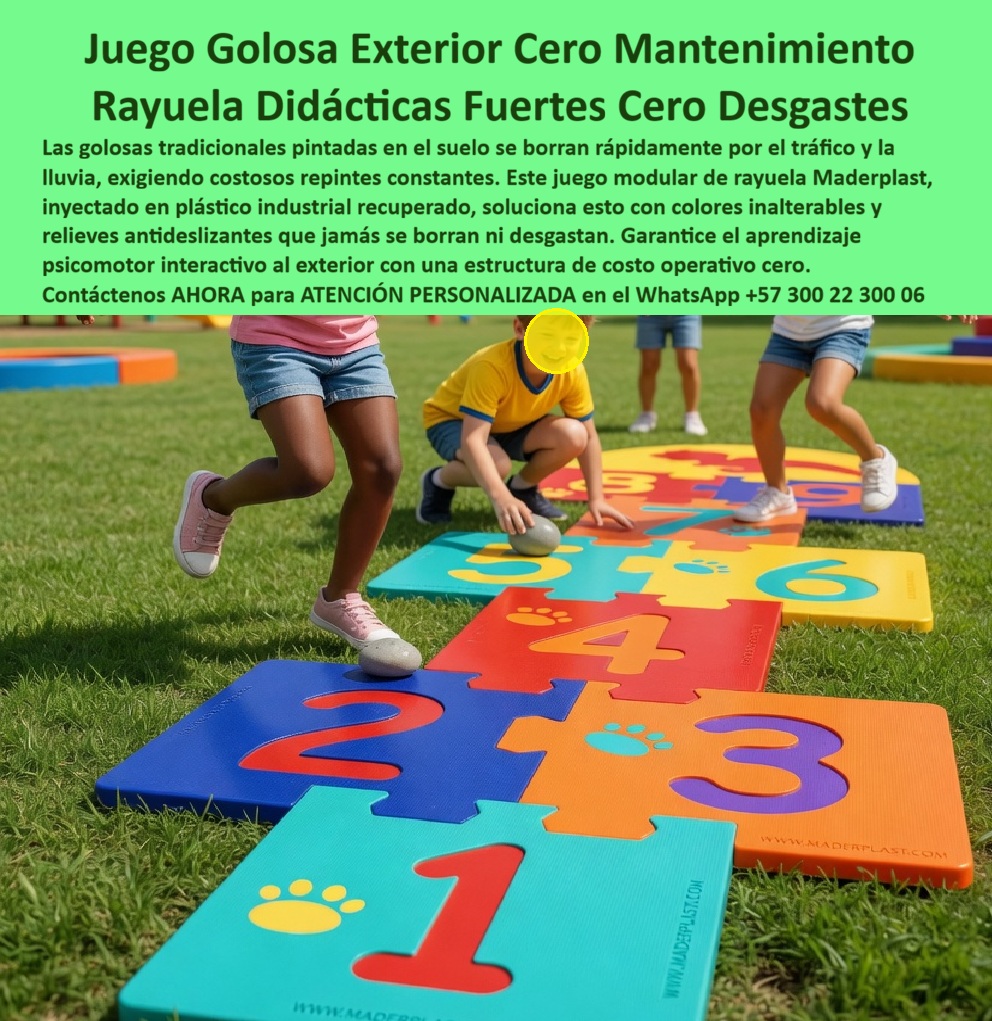 Juego Golosa Parque Temático Rayuela Aprendizaje Interactivo Maderplast Juego de la Golosa Didáctica Duradera Bajo Mantenimiento Tapas De Sendero Educativo Niños Alta Resistencia UV Juego Golosa Infantil Exterior Educativo Didáctico Durable PP En esta luminosa fotografía de parque se exhibe el juego de la golosa didáctica Maderplast, un sendero modular de rayuela formado por baldosas entrelazadas de plástico industrial en colores vibrantes (azul, rojo, naranja, amarillo y turquesa) con números grandes en relieve y huellas de pata antideslizantes. Niños juegan con total energía: una niña salta con una pierna, un niño lanza la piedra y otra niña aterriza en los cuadros, fomentando coordinación, equilibrio y aprendizaje interactivo sobre césped natural. Fabricado por Maderplast con material ultra resistente que elimina desgaste, decoloración UV y mantenimiento. Este juego de la golosa didáctica modular para parques es la solución pedagógica que colegios, alcaldías, guarderías y centros recreativos buscan para transformar el juego clásico en una experiencia de aprendizaje psicomotor duradera y segura. Mientras las rayuelas tradicionales pintadas en el suelo se borran en semanas por lluvia, tráfico infantil y uso diario —obligando a repintados constantes que convierten lo barato en una trampa carísima de mantenimiento—, este rayuela infantil exterior con baldosas antideslizantes está construido en plástico industrial Maderplast de alta ingeniería. Sus baldosas modulares entrelazadas, con números y huellas en relieve que jamás se desgastan ni decoloran, resisten UV, lluvia, humedad y vandalismo durante más de 20 años con cero mantenimiento, colores inalterables y huella de carbono reducida, ofreciendo costo total de propiedad cero. Padres y educadores valoran este sendero lúdico goloso modular sin mantenimiento porque convierte cada salto en desarrollo integral. Los niños de 3 a 12 años practican coordinación, equilibrio, motricidad gruesa y aprendizaje numérico de forma natural y divertida, mientras las superficies antideslizantes garantizan seguridad incluso en días húmedos. Su diseño modular permite fácil instalación y configuración personalizada, ideal para parques educativos, colegios y áreas recreativas en Colombia donde la durabilidad extrema y el valor pedagógico marcan la diferencia entre un juego temporal y una inversión que perdura generaciones. La prueba real está en el Colegio Público Antonio Nariño de Cali. La Maestra Liliana Patricia Vargas, Coordinadora de Educación Física y Recreación, enfrentaba el problema constante de rayuelas pintadas que se borraban en semanas por lluvia y uso diario, limitando el aprendizaje psicomotor. Tras instalar este juego de la golosa didáctica Maderplast modular, 16 meses después luce impecable con colores y relieves intactos, permitiendo a los niños practicar coordinación y números sin interrupciones. Los docentes reportan mayor motivación y desarrollo motriz mientras los costos operativos son nulos. Como ingeniero con años en equipamiento recreativo y educativo, recomiendo sin reservas los juegos infantiles equilibrio coordinación y fuerza de Maderplast. Su construcción certificada, pruebas de laboratorio, superficies antideslizantes y respaldo técnico completo eliminan cualquier riesgo. Contamos con planos, renders 3D, videos de niños jugando y fichas técnicas listas para su anteproyecto. Contáctenos AHORA para cotización técnica personalizada y atención especializada al WhatsApp +57 300 22 300 06 o visite www.maderplast.com. Maderplast es la mejor y única opción que cumple y supera todos los requisitos de durabilidad, seguridad y valor educativo. Su proyecto merece un juego de la golosa didáctica que impulse el aprendizaje y la diversión de generaciones enteras.