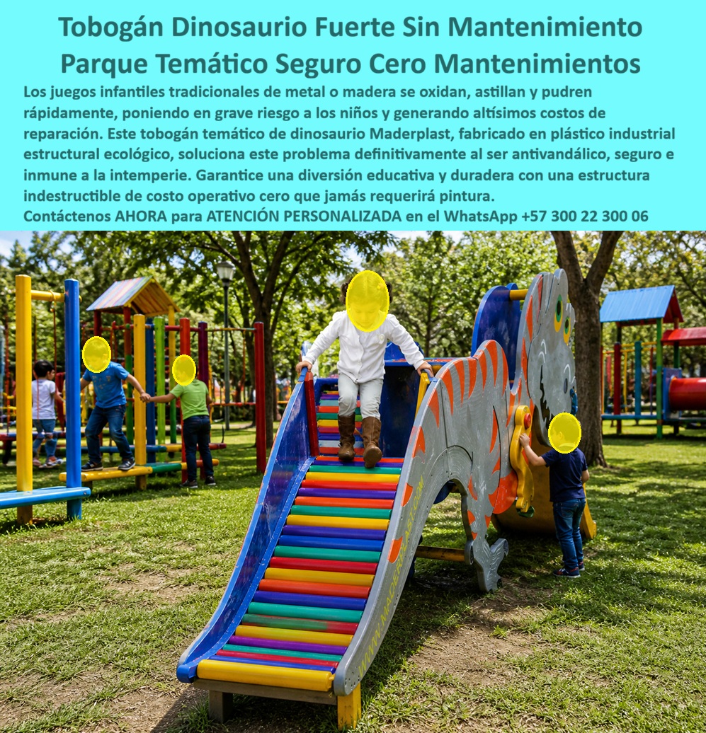 Juego Infantil Parques Temáticos Dinosaurio Alta Durabilidad Maderplast Dinosaurio Educativo Escalable Números Antivandalismo Seguro Tobogán dinosaurio infantil anticorrosivo sin mantenimiento exterior Parque Temático Dinosaurio Estructura pp - El majestuoso tobogán infantil de rodillos multicolor con diseño de dinosaurio es una obra maestra de ingeniería. Este diseño exclusivo de Maderplast en plástico estructural ecológico es antivandálico, inmune a la intemperie y de cero mantenimiento, ideal para proyectos de parques temáticos. Garantiza diversión segura sin altos costos operativos de oxidación o pintura. Para asegurar el éxito de su proyecto, ofrecemos Asesoría Especializada Con Un Especialista De Maderplast, Atención Personalizada En Este Whatsapp 57+ 300 22 300 06.  La realidad del urbanismo es cruda: lo barato sale carísimo. Los elementos fabricados con materiales convencionales, ni regalados son una opción viable. El metal se oxida y la madera se pudre, convirtiendo cualquier proyecto en una trampa de mantenimientos constantes y demandas. Quienes buscan alternativas a juegos de madera para exterior descubren que las opciones tradicionales no soportan el clima extremo sin aislarse ni oxidarse.  Cuando se trata de parques infantiles en plástico estructural, Maderplast es el fabricante que convierte ideas en piezas reales. Mediante procesos industriales controlados y experiencia en plásticos técnicos, dominamos la fabricación a medida en Colombia para el mundo. Si requiere la planimetría, el diseño y fabricación de este producto de la imagen, con planos, renders, prototipos o producción en serie, aseguramos que cada juego de parque exterior en plástico estructural de alta resistencia supere cualquier expectativa.  Para desarrolladores que necesitan resolver dónde comprar toboganes infantiles de alta resistencia al clima que no requieran mantenimiento, somos la respuesta como proveedores de juegos de exterior ecológicos. Proveemos toboganes infantiles de plástico resistente garantizando el cese de oxidación. Ante la duda sobre cuáles son los mejores juegos para parques infantiles que sean antivandálicos y muy seguros, la ingeniería demuestra que nuestros módulos previenen accidentes. El sector sabe qué material es mejor para un tobogán de parque temático exterior para evitar costos operativos, exigiendo esta estructura recreativa infantil antivandálica para parques públicos.  Aquí radica la verdadera revolución financiera: La inversión inicial en Maderplast se traduce inmediatamente en la eliminación del 100% de los costos de mantenimiento, óxido, pudrición y reemplazo típicos de los materiales tradicionales. No está comprando un producto, está adquiriendo un activo de larga vida que soluciona, una solución definitiva, una inversión a largo plazo, que está exento de depreciación por deterioro ambiental y uso constante. Esto transforma la adquisición en un tobogán temático seguro y ecológico totalmente libre de mantenimiento, entregando juegos infantiles que no requieren pintura.  ASÍ LO TESTIFICA EL ING. CARLOS MENDOZA, DIRECTOR DE OBRAS PÚBLICAS DE CONSTRUCTORA ANDINA, 11 DE MAYO DE 2026: "En nuestros desarrollos urbanos y parques temáticos enfrentamos un grave problema con el mobiliario recreativo tradicional; los juegos de metal se oxidan en menos de un año y la madera se astilló rápidamente, poniendo en riesgo a los niños y generando altísimos costos de reparación. Al integrar el tobogán dinosaurio y los módulos de Maderplast, solucionamos definitivamente esta carga operativa. Su plástico industrial estructural ecológico es verdaderamente inmune a la intemperie y resistente al vandalismo. La instalación es sumamente eficiente y, lo más importante para nuestro presupuesto de obras: hemos reducido a cero los gastos de pintura y mantenimiento preventivo. Es una estructura indestructible que nos garantiza una excelente rentabilidad y seguridad total a largo plazo."  Para erradicar temores en interventoría, cada cotización de módulos infantiles sin oxidación incluye blindaje técnico absoluto con un TCO imbatible, respaldado por ensayos en PDFs descargables. El material es anti-robo al no ser comercialmente reciclable. Suministramos juegos infantiles altamente resistentes a la intemperie sin oxidación, ideales como toboganes de alta durabilidad para colegios. Con toboganes-infantiles-antivandálicos-sin-mantenimiento y juegos-de-parque-exterior-en-plástico-estructural, su proyecto será el estándar definitivo de calidad.