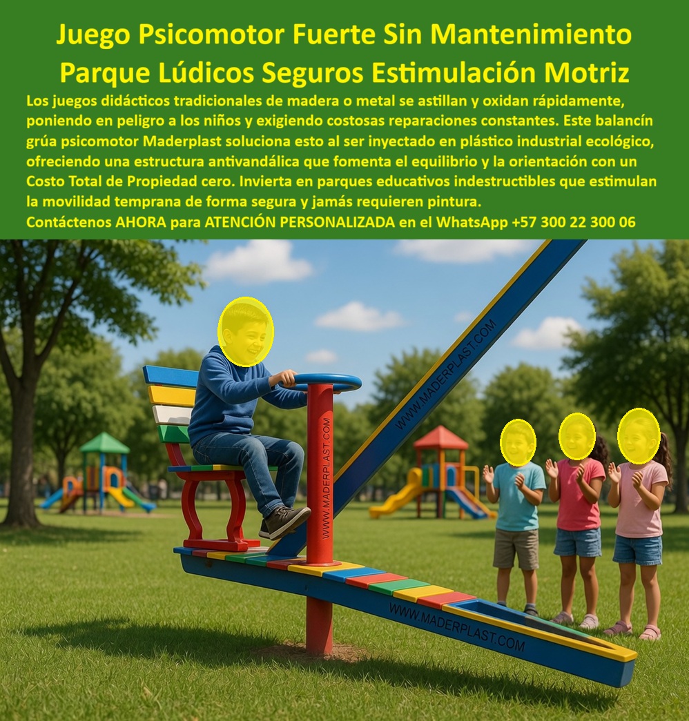 Juegos Pedagógicos Habilidades Psicomotoras Parque Lúdico Maderplast Equipo Lúdico Grúa Psicomotor Alta Durabilidad Diseños juegos educativos sin óxido desarrollan la motricidad Parques lúdicos interactivos desarrollo motriz infantil avanzado  Balancín Grúa Psicomotor Maderplast: El Juego Educativo que Desarrolla Motricidad Sin las Astillas, el Óxido ni el Gasto que los Demás Garantizan Balancín grúa psicomotor infantil con asiento elevado multicolor, barra de equilibrio central con franjas de colores primarios y base pivotante, fabricado por Maderplast en plástico industrial inyectado con colores integrales permanentes rojo, azul, amarillo y verde que no se astillan, no se oxidan y no requieren pintura. Lo que la madera y el metal le hacen a los niños antes de cumplir un año instalados El balancín de madera se astilla. El metálico se oxida y quema al mediodía. Los dos necesitan repintado, reposición y generan riesgo real de lesión infantil en menos de doce meses de uso. En jardines infantiles con grupos de treinta niños por jornada, las astillas desprendidas y los bordes corroídos no son hipótesis sino incidentes documentados que terminan en reportes a Secretaría de Educación y observaciones de interventoría que ningún coordinador pedagógico quiere explicar. El equipo que parecía económico en la cotización genera costos de reemplazo anual, riesgo legal por lesiones y una decisión de compra que al responsable no lo recuerdan por lo que ahorró sino por los niños que se lastimaron. Estimulación motriz real en una estructura que no lesiona ni se degrada Cuando se trata de juegos psicomotores para parques y colegios, Maderplast es el fabricante que convierte ideas en piezas reales. El balancín grúa integra asiento ergonómico elevado con respaldo y agarres laterales de seguridad, barra de equilibrio central con franjas de colores primarios y base pivotante que permite balanceo, giro y control de movimiento, fomentando equilibrio, coordinación y orientación espacial como herramienta pedagógica activa que las profesoras incorporan al programa de desarrollo motriz temprano. Todo fabricado en polímero inyectado con pigmentos integrales que no generan astillas, no presentan bordes cortantes por desgaste y no se calientan bajo radiación solar directa. Maderplast diseña cada equipo psicomotor sobre plano, personaliza dimensiones y nivel de dificultad según grupo etario, y entrega llave en mano con garantía superior a veinte años y huella de carbono certificada de 0.77. El costo de reemplazar madera cada año supera el de comprar bien una sola vez Un balancín de madera en uso escolar diario necesita reemplazo completo cada doce meses. Uno metálico exige repintado semestral y cambio de piezas oxidadas cada año. En una proyección a veinte años, esos reemplazos acumulados representan un gasto varias veces superior a la inversión única en un equipo Maderplast que durante ese mismo periodo no requiere un solo peso en mantenimiento, reparación ni repintado. Las pruebas de resistencia están filmadas y publicadas en youtube.com/@maderplasSA y las fichas técnicas se entregan antes de la compra. No se compra precio, se compran soluciones que protegen a los niños y al presupuesto simultáneamente. El jardín que eliminó las lesiones y ganó una herramienta pedagógica Diana Guzmán, coordinadora pedagógica de un jardín infantil, enfrentaba balancines de madera astillados en menos de un año con dos niños lesionados por bordes desprendidos. La Secretaría de Educación exigía equipos certificados y la interventoría rechazó las alternativas metálicas. Cuando especificó el balancín grúa Maderplast, el equipo técnico revisó fichas y vídeos de laboratorio y aprobó sin observaciones. A más de un año con uso masivo diario, colores intactos, cero desgaste, cero astillas, y las profesoras lo integraron como herramienta de desarrollo de equilibrio y coordinación dentro del programa pedagógico. Especificar con respaldo, no con incertidumbre Maderplast entrega diseño sobre plano, fichas técnicas descargables, videos de pruebas de laboratorio y garantía documentada superior a veinte años. Para el jardín infantil, el colegio o el municipio que necesita juegos de estimulación motriz seguros con expediente técnico verificable ante interventoría, el respaldo existe y se comprueba antes de comprometer la compra. Asesoría Especializada Con Un Especialista De Maderplast, Atención Personalizada En Este WhatsApp 57+ 300 22 300 06