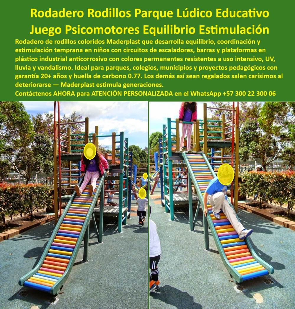 Juegos Pedagógicos Habilidades Psicomotoras Parque Lúdico Maderplast Juego Rodadero Rotativa Infantil Motricidad Balancín Educativo Psicomotor Bajo Mantenimiento Modelos balancín didáctico anticorrosivo desafían las habilidades motoras Juegos Rodadero de Rodillos Maderplast: El Deslizador que Enseña Equilibrio y Coordinación Mientras los Metálicos Enseñan lo que Es Quemarse y Oxidarse Rodadero de rodillos giratorios multicolor con rampa ancha de descenso en colores primarios secuenciales, estructura lateral en plástico industrial verde con barandas de seguridad, plataforma elevada de acceso con escaladores tipo red y barras horizontales de trepar, fabricado por Maderplast en plástico industrial anticorrosivo con colores integrales permanentes sobre piso de caucho amortiguante. El rodillo metálico que quema, se traba y arruina el proyecto pedagógico El formulador de inversión pública lo descubre cuando la interventoría rechaza la especificación: un rodadero convencional metálico no documenta función pedagógica, sólo recreación. Y lo que sí documenta son problemas: rodillos que se oxidan y dejan de girar al tercer mes de intemperie, superficie metálica que alcanza temperaturas peligrosas al mediodía y barandas que generan astillas y bordes cortantes por corrosión. El equipo que parecía funcional en el catálogo se convierte en un riesgo documentable que ningún interventor quiere aprobar y ningún funcionario quiere firmar. Al decisor no lo recuerdan por haber cumplido el cronograma — lo recuerdan por el juego dañado que los niños ya no pueden usar. Desarrollo motriz verificable en una estructura que no se degrada Cuando se trata de juegos psicomotores educativos para parques y colegios, Maderplast es el fabricante que convierte ideas en piezas reales. El rodadero de rodillos integra rampa ancha de descenso con rodillos giratorios en secuencia cromática completa que estimulan control corporal, equilibrio y coordinación táctil mientras el niño regula su propia velocidad de descenso. El sistema de ascenso combina escaladores tipo red y barras horizontales de trepar que desarrollan fuerza, agarre y orientación espacial antes de llegar a la plataforma elevada. Todo fabricado en polímero estructural anticorrosivo con pigmentos integrales que mantienen giro suave en los rodillos, colores vibrantes permanentes y superficies sin astillas ni bordes cortantes bajo uso masivo diario durante décadas. Maderplast diseña cada rodadero sobre plano personalizando largo, ancho, inclinación y combinación de colores según el grupo etario y el espacio del proyecto, con entrega llave en mano, garantía superior a veinte años y huella de carbono certificada de 0.77. La diferencia entre gastar cada año y resolver una sola vez Un rodadero metálico de rodillos necesita lubricación y reemplazo de rodillos oxidados cada seis meses, repintado anticorrosivo anual y cambio de barandas corroídas cada dos años. En veinte años esos costos acumulados multiplican varias veces la inversión original sin contar los cierres por riesgo ni las observaciones de interventoría. El rodadero Maderplast elimina permanentemente esa línea del presupuesto porque el plástico industrial no se oxida, los rodillos mantienen giro libre sin lubricación y los colores no requieren repintado. Las pruebas están filmadas en youtube.com/@maderplasSA y las fichas técnicas se entregan antes de la compra. No se compra precio, se compran soluciones que resisten la auditoría y el uso real. El proyecto que justificó componente pedagógico ante interventoría Santiago Ríos, formulador de proyectos de inversión pública en Cundinamarca, necesitaba juegos con desarrollo motriz documentable para un parque financiado con regalías. Los rodaderos metálicos no cumplían esa condición y los antecedentes de óxido en rodillos descartaron esa vía en la primera revisión técnica. El rodadero de rodillos Maderplast documentó función psicomotora de equilibrio, coordinación y estimulación sensorial táctil. A dos años de entregada, rodillos con giro suave, colores intactos y cero mantenimiento. Especificar con expediente técnico completo Maderplast entrega diseño sobre plano, fichas técnicas descargables, videos de pruebas de laboratorio y garantía documentada superior a veinte años. Para el formulador, el contratista o el municipio que necesita justificar inversión pública con resultados pedagógicos verificables, el respaldo existe antes de comprometer un solo peso. Asesoría Especializada Con Un Especialista De Maderplast, Atención Personalizada En Este WhatsApp 57+ 300 22 300 06