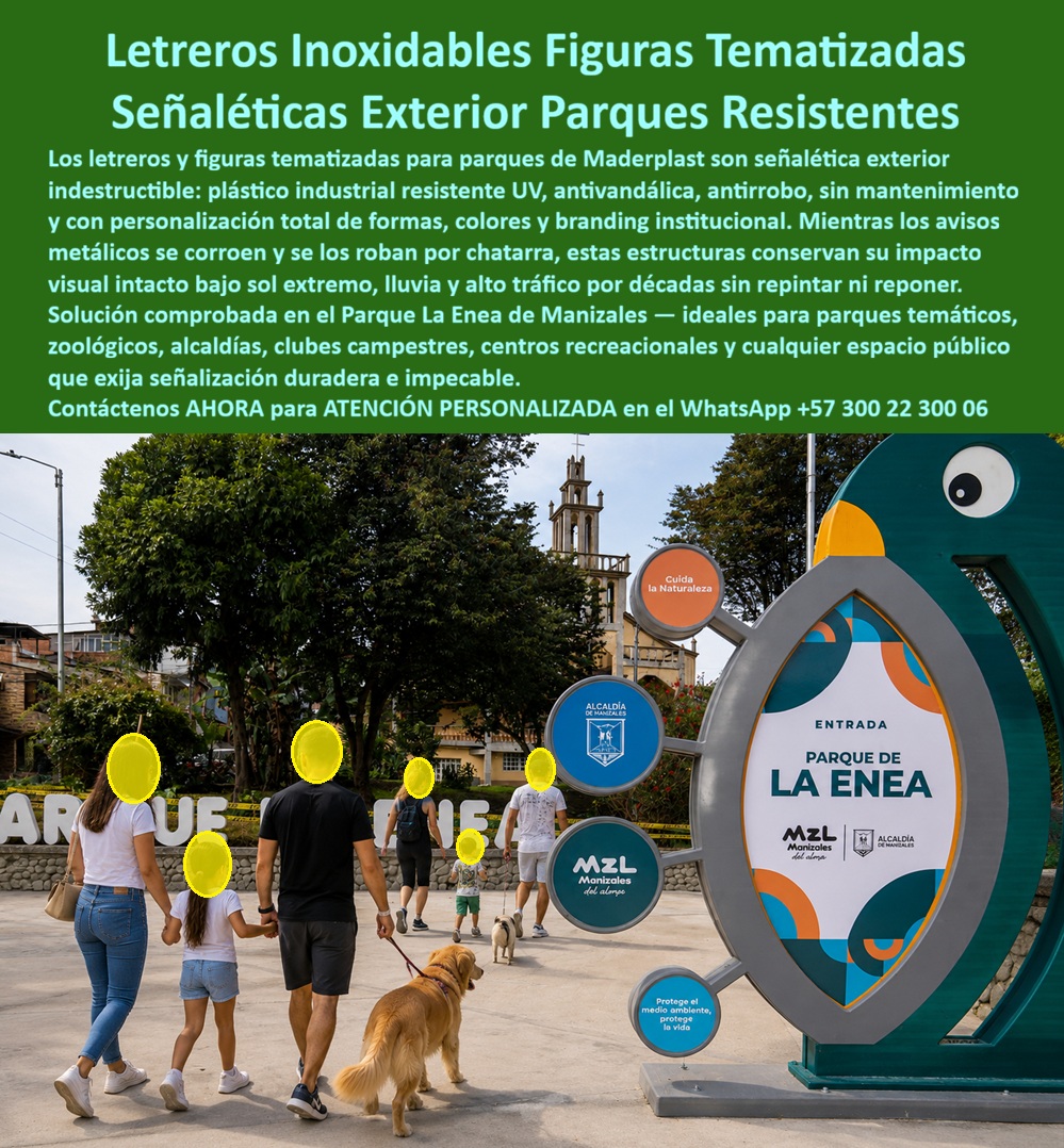 Letreros Parques Inoxidables Señalética Exterior Parque La Enea Maderplast Vallas Decorativas Parques Resistentes Clima Extremo Avisos Parque Temático Exterior Alta Resistencia UV Figuras Tematizadas Para Parques Resistente Letrero