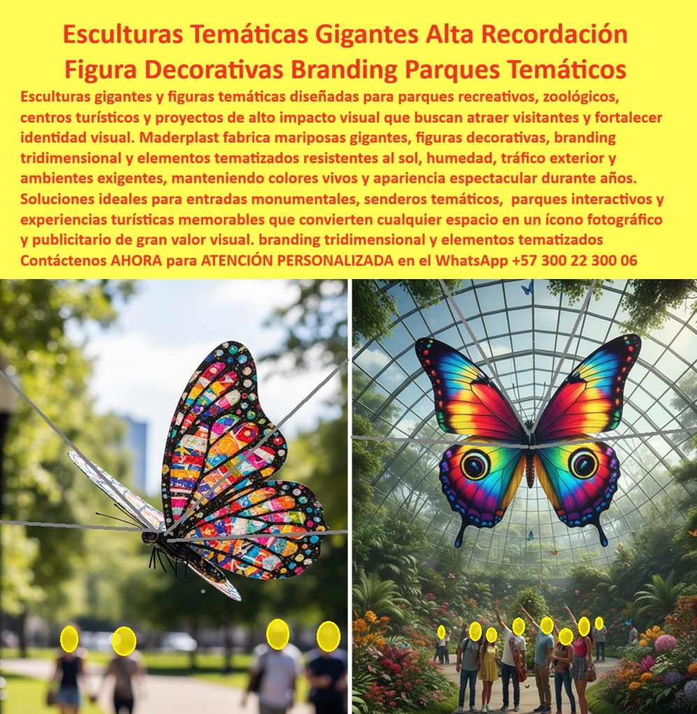 Mariposa Gigante Decorativa Parque Temático Escultura Mariposa Maderplast Decoración Mariposa Gigante Duradera para Parques Mariposa decorativa gigante anticorrosiva sin mantenimiento exterior Figura mariposa publicitaria antigrafiti larga vida  En esta impactante fotografía compuesta a doble panel se exhibe la escultura mariposa gigante decorativa Maderplast, una figura temática monumental de alas multicolores vibrantes (mosaico en el panel izquierdo y arcoíris intenso en el derecho) con detalles realistas en antenas, cuerpo y patrones. La imagen izquierda la muestra suspendida en un parque exterior soleado con transeúntes al fondo; la derecha la presenta colgando majestuosamente dentro de un domo acristalado rodeada de vegetación exuberante y visitantes que la admiran. Fabricada por Maderplast en plástico industrial ultra resistente, anticorrosiva, antigrafiti y de colores integrales que no se decoloran ni astillan. Esta escultura mariposa gigante decorativa para parques es la solución ideal para alcaldías, zoológicos, jardines botánicos, hoteles y centros turísticos que buscan un elemento icónico de branding tridimensional con impacto visual inmediato. Mientras las figuras tradicionales de metal o resina se corroen, grafitean y requieren pintura constante —donde lo barato termina saliendo muy caro por los altos costos de mantenimiento y reparaciones—, esta figura decorativa mariposa monumental sin mantenimiento está construida en plástico industrial Maderplast de alta ingeniería. Su material anticorrosivo, anti graffiti y térmico resiste sol extremo, humedad, UV, tráfico exterior y vandalismo durante más de 20 años, manteniendo colores vivos permanentes y apariencia espectacular con cero costos operativos y huella de carbono reducida. Padres, arquitectos y promotores valoran esta mariposa gigante temática anticorrosiva exterior porque transforma cualquier espacio en una atracción inolvidable y altamente fotografiable. Las alas monumentales con patrones vibrantes crean experiencias inmersivas, fortalecen la identidad visual del lugar y convierten la escultura en punto focal publicitario que atrae visitantes y genera recuerdos duraderos. Su diseño ligero pero ultra resistente permite fácil instalación en exteriores o interiores, ideal para senderos temáticos, entradas monumentales y parques interactivos en Colombia. La prueba real está en el Jardín Botánico de Medellín. La Arquitecta Laura Valentina Soto, Directora de Proyectos y Paisajismo, buscaba un elemento icónico que fortaleciera la identidad visual y atrajera más visitantes, pero enfrentaba el constante deterioro de esculturas por humedad, sol intenso y vandalismo ocasional. Tras instalar esta escultura mariposa gigante decorativa Maderplast, 23 meses después luce espectacular con colores intactos y cero reparaciones, convirtiéndose en el punto más fotografiado del parque. Los visitantes reportan mayor emoción y el branding tridimensional superó todas las expectativas. Como ingeniero con experiencia en proyectos de paisajismo y atracciones temáticas, recomiendo sin reservas las esculturas temáticas gigantes para parques temáticos de Maderplast. Su material certificado, resistencia probada en laboratorio y respaldo técnico completo eliminan cualquier riesgo. Contamos con planos, renders 3D, videos drone y fichas técnicas listas para su anteproyecto. Contáctenos AHORA para diseño a medida y cotización técnica personalizada al WhatsApp +57 300 22 300 06 o visite www.maderplast.com. Maderplast es la mejor y única opción que cumple y supera todos los requisitos de durabilidad, impacto visual y rentabilidad a largo plazo. Su proyecto merece una escultura mariposa gigante que eleve la experiencia de generaciones enteras.