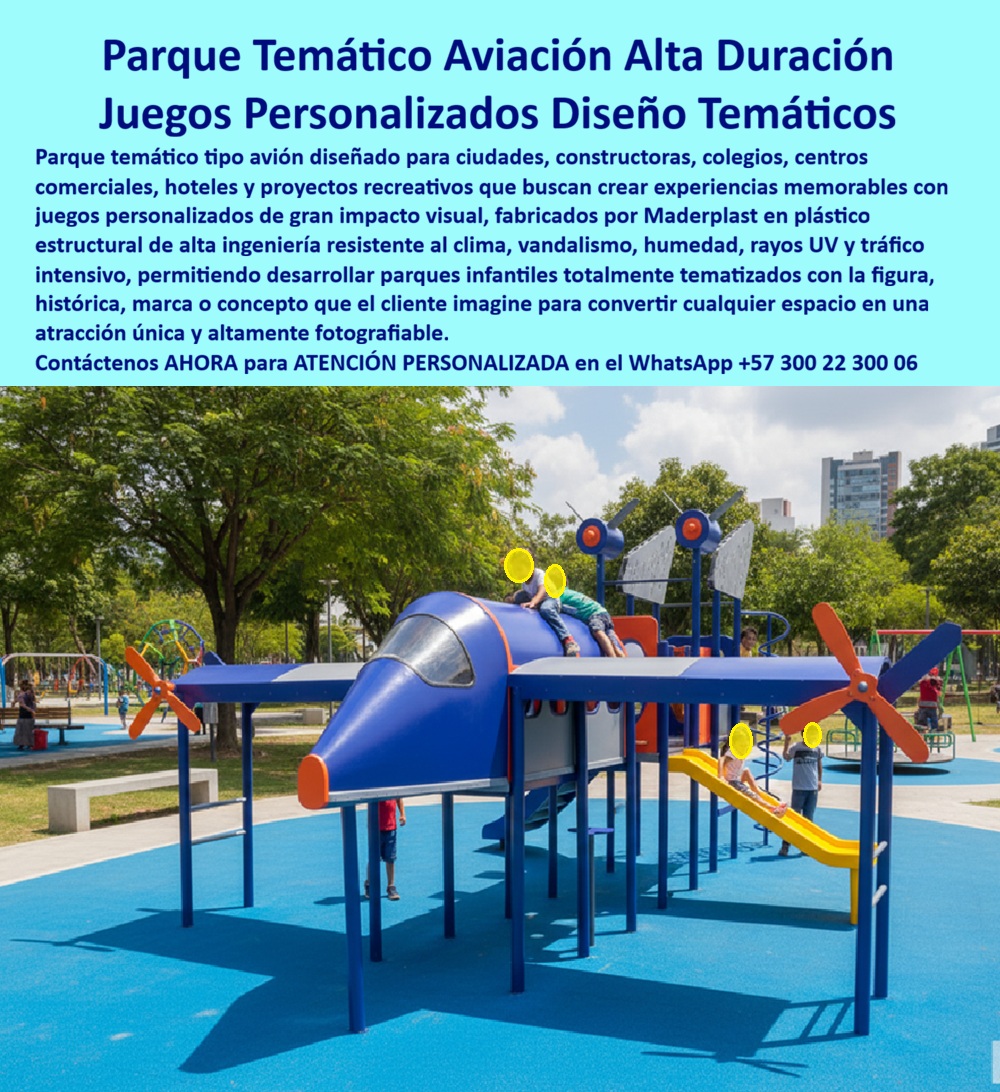 Parque Infantil Aviación Completo Juego Avión Maderplast Avión Juegos Niños Parque Temático Experiencia Inmersiva Resistente Avión Juegos Niños Parque Temático Experiencia Piloto Interactiva Avión Parque Infantil Temático Juego Inmersivo  En esta luminosa fotografía de parque urbano se exhibe el parque infantil de aviación completo Maderplast, un imponente multijuegos en forma de avión jet de gran tamaño fabricado en plástico industrial azul con acentos naranja y gris. Destacan sus alas anchas con hélices funcionales de color naranja, cabina de piloto con parabrisas realista, tobogán amarillo largo y plataformas elevadas que invitan a una experiencia piloto inmersiva. Niños juegan con entusiasmo: uno trepa sobre el fuselaje, otro se desliza por el tobogán amarillo mientras otros exploran las alas y el interior. El equipo Maderplast garantiza resistencia extrema al clima, vandalismo y uso intensivo sin mantenimiento ni deterioro. Este parque infantil de aviación experiencia piloto inmersiva transforma cualquier espacio en un entorno temático inolvidable para alcaldías, colegios, hoteles, constructores y centros comerciales. Mientras los juegos tradicionales de metal o madera se oxidan, astillan y requieren reparaciones constantes —donde lo barato termina saliendo muy caro por los altos costos de mantenimiento y los riesgos de seguridad—, este multijuegos avión temático con tobogán largo está construido en plástico industrial Maderplast de alta ingeniería. Su material antivandálico, térmico y resistente a UV, humedad y tráfico intenso mantiene colores vibrantes, estabilidad estructural y seguridad total durante más de 20 años, con huella de carbono reducida y costo operativo cero. Padres e ingenieros eligen este juego avión infantil inmersivo antivandálico porque va más allá del simple juego: la cabina y parabrisas despiertan la imaginación, las hélices funcionales y plataformas estimulan coordinación y equilibrio, y el tobogán largo amarillo desarrolla motricidad gruesa en niños de 3 a 12 años. Fácil de instalar y altamente fotografiable, convierte el parque en una atracción única que genera experiencias piloto interactivas y recuerdos duraderos, cumpliendo las exigencias más estrictas de proyectos B2B en Colombia. La prueba real está en el parque temático de Cali. La Alcaldía de Santiago de Cali, a través de la Arquitecta Valentina Ruiz, Directora de Desarrollo Urbano y Recreación, buscaba un espacio icónico que atrajera familias con una experiencia piloto inmersiva. Tras instalar este parque infantil de aviación completo Maderplast con tobogán largo y hélices funcionales, 16 meses después luce impecable pese al clima vallecaucano, uso intensivo y vandalismo ocasional. Los niños viven aventuras inolvidables, los costos operativos son cero y las fotografías del parque hablan por sí solas. Como ingeniero con amplia experiencia en equipamiento recreativo, recomiendo sin reservas los parque temáticos de aviación plástico resistente inmersivo de Maderplast. Su construcción certificada, pruebas de laboratorio y respaldo técnico completo eliminan cualquier duda. Contamos con planos, renders 3D, videos drone y fichas técnicas listas para su anteproyecto. Contáctenos AHORA para cotización técnica personalizada y atención especializada al WhatsApp +57 300 22 300 06 o visite www.maderplast.com. Maderplast es la mejor y única opción que cumple y supera todos los requisitos de durabilidad, inmersión y rentabilidad a largo plazo. Su proyecto merece un avión infantil que eleve la experiencia de generaciones enteras.