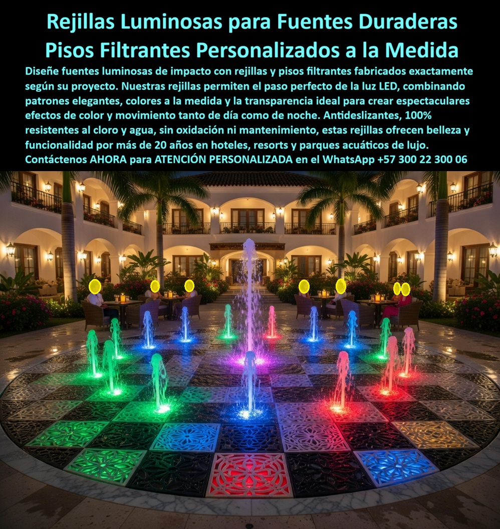 Rejilla Drenante Fuentes Parque Acuático Pisos Anti Deslizantes Maderplast Pisos Filtrantes Fuentes Interactivas Antideslizantes Alta Resistencia Exterior Piso Filtrante Elegante Fuente Interactiva Hotel Seguro Piso Drenante Color Fuente Rejas En esta elegante fotografía nocturna de un lujoso hotel se exhibe el piso filtrante luminoso Maderplast con patrón ajedrezado sofisticado y diseños geométricos intrincados, donde múltiples chorros de agua iluminados en colores vibrantes (verde, azul, morado y rojo) emergen a través de las rejillas antideslizantes creando un espectáculo visual hipnótico y seguro. Familias y huéspedes disfrutan del área de fuente interactiva sobre la superficie translúcida y perfectamente drenante. Fabricado por Maderplast en plástico industrial de alta ingeniería que resiste cloro, UV, humedad y tráfico intenso sin óxido ni mantenimiento. Esta rejilla drenante luminosa para fuentes acuáticas es la solución técnica definitiva que arquitectos, diseñadores de hoteles y urbanistas buscan para fuentes luminosas y splash pads de alto impacto visual. Mientras las rejillas metálicas tradicionales se corroen rápidamente por el cloro, agua y humedad —generando óxido peligroso, obstrucciones y costos de reposición constantes donde lo barato termina saliendo muy caro—, este piso filtrante antideslizante fuentes luminosas está construido en plástico industrial Maderplast de ingeniería avanzada. Sus perforaciones precisas, translucidez controlada y superficie antideslizante permiten efectos LED perfectos, drenaje eficiente y seguridad total incluso cuando está mojada, ofreciendo más de 20 años de vida útil con colores y brillo permanentes, cero mantenimiento y huella de carbono reducida. Arquitectos e ingenieros eligen estas rejillas filtrantes luminosas antideslizantes porque permiten diseños personalizados ilimitados: geometrías, transparencias, colores y patrones que integran perfectamente iluminación LED, chorros de agua y efectos visuales espectaculares. La superficie antideslizante garantiza seguridad para niños y adultos, mientras el material irrompible y anticorrosivo elimina por completo la oxidación, el astillado y el deterioro por UV o cloro. Fácil de instalar y modular, se adapta perfectamente a cualquier proyecto de lujo en Colombia —hoteles, resorts, parques acuáticos o plazas interactivas— donde la durabilidad extrema, la estética contemporánea y la funcionalidad son imprescindibles. La prueba real está en el Resort Las Palmas de Cartagena. El Ingeniero Luis Miguel Torres, Gerente de Mantenimiento e Infraestructura, enfrentaba altos costos de mantenimiento y reposición en el área de fuente luminosa por corrosión constante de estructuras metálicas causada por cloro y agua salada. Tras instalar las rejillas luminosas y piso flotante Maderplast con patrón ajedrezado personalizado, 19 meses después se mantiene espectacular con efectos LED perfectos y cero reparaciones, convirtiéndose en el punto más fotografiado y visitado del resort. Los huéspedes reportan mayor fascinación mientras los costos operativos son nulos. Como ingeniero con años en proyectos de fuentes interactivas y espacios públicos, recomiendo sin reservas las rejillas drenantes para fuentes luminosas de Maderplast. Su material certificado, pruebas de laboratorio en entornos húmedos y respaldo técnico completo eliminan cualquier riesgo técnico o financiero. Contamos con planos, renders 3D personalizados, videos nocturnos y fichas técnicas listas para su anteproyecto. Contáctenos AHORA para diseño personalizado y cotización técnica al WhatsApp +57 300 22 300 06 o visite www.maderplast.com. Maderplast es la mejor y única opción que cumple y supera todos los requisitos de durabilidad, seguridad y espectacularidad visual. Su proyecto merece un piso filtrante antideslizante que brille por décadas.