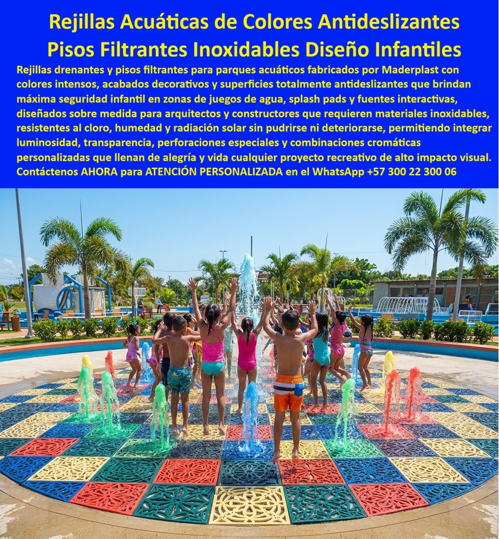 Rejilla Drenante Parque Acuático Anti Deslizantes Fuentes Luminosa Maderplast Suelo Técnico Inoxidable Rejillas Piso Filtrante Antideslizante Fuentes Luz Decorativa Exterior Piso Filtrante Para Fuentes Sin Oxido Ni Corrosión Rejillas Rejillas Acuáticas de Colores Maderplast para Fuentes Interactivas: El Piso que Alegra el Parque, Protege a los Niños y No le Pide un Peso al Presupuesto en Veinte Años Rejillas drenantes modulares multicolor con diseños calados decorativos en azul, rojo, amarillo, verde y turquesa, instaladas como piso completo de fuente interactiva infantil con chorros verticales de agua en parque recreativo municipal, fabricadas por Maderplast en plástico industrial inoxidable con superficie antideslizante y colores integrales permanentes resistentes a cloro, humedad permanente y exposición solar continua. El piso gris que nadie nota hasta que un niño resbala La fuente interactiva infantil es la atracción que transforma un parque municipal en destino familiar. Pero debajo de los chorros hay un componente que define si esa atracción opera con seguridad o genera el accidente que la cierra: el piso drenante. Las rejillas metálicas grises cumplen función hidráulica pero no aportan valor visual al espacio, se corroen con el cloro en meses generando bordes cortantes bajo pies descalzos y convierten la fuente en un riesgo que ningún alcalde quiere explicar ante la comunidad. Al funcionario que especificó esa rejilla no lo recuerdan por haber inaugurado la fuente — lo recuerdan por el niño que se cortó el pie con el óxido que nadie vio venir. Drenaje técnico, seguridad infantil y diseño cromático en una sola superficie Cuando se trata de pisos filtrantes para fuentes interactivas y splash parks, Maderplast es el fabricante que convierte ideas en piezas reales. Las rejillas modulares integran perforaciones con diseños calados decorativos que drenan eficientemente el caudal de múltiples chorros simultáneos mientras crean un mosaico cromático vibrante que transforma el piso de la fuente en parte activa de la experiencia visual. La superficie antideslizante certificada permite que decenas de niños corran descalzos sobre agua sin riesgo de resbalón. El material no reacciona con cloro ni químicos de tratamiento, no se deforma con calor solar, no genera bordes cortantes por corrosión y mantiene colores integrales permanentes que convierten la zona de drenaje en atracción fotográfica. Maderplast diseña cada rejilla sobre plano personalizando combinación cromática, patrón de calado, formato modular y capacidad de drenaje según el proyecto hidráulico, con entrega llave en mano, garantía superior a veinte años y huella de carbono certificada de 0.77. La rejilla que genera fotos mientras elimina reposiciones Una rejilla galvanizada en fuente clorada necesita reposición anual con cierre operativo incluido. En veinte años ese ciclo acumula un costo que multiplica varias veces la inversión en rejillas Maderplast que durante ese periodo mantienen drenaje funcional, colores vibrantes y superficie segura sin una sola intervención. Mientras tanto, cada familia que fotografía a sus hijos jugando sobre el mosaico de colores genera contenido orgánico que posiciona el parque en redes sociales. Las pruebas de resistencia al cloro e inmersión están filmadas en youtube.com/@maderplasSA y las fichas técnicas se entregan antes de la compra. No se compra precio, se compra seguridad operativa con impacto visual permanente. El parque donde el piso se convirtió en la atracción Andrés Felipe Gómez, arquitecto de proyecto recreativo, necesitaba un piso filtrante donde la estética no se sacrificara por durabilidad. Las rejillas galvanizadas fueron vetadas tras verificar corrosión completa en ocho meses en otro proyecto con manchas de óxido irreversibles en superficies adyacentes. Cuando especificó las rejillas multicolor Maderplast con diseños calados decorativos, recibió diseño sobre plano integrado al sistema hidráulico y entrega llave en mano. A más de dos años de operación con uso masivo infantil diario, colores intactos, drenaje eficiente y cero corrosión. Especificar seguridad y diseño con documentación real Maderplast entrega diseño sobre plano con combinación cromática personalizada, fichas técnicas descargables, videos de pruebas de laboratorio y garantía documentada superior a veinte años. Para el arquitecto, el municipio o la interventoría que necesita un piso filtrante seguro, decorativo y verificable, el expediente técnico completo existe antes de comprometer la compra. Asesoría Especializada Con Un Especialista De Maderplast, Atención Personalizada En Este WhatsApp 57+ 300 22 300 06
