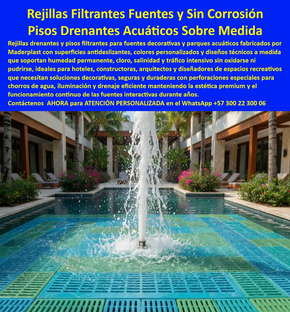Rejilla Drenante Parque Acuático Anti Deslizantes Juegos Acuaticos Maderplast Rejilla Calada Decorativa Fuente Rejillas Piso Filtrante Antideslizante Fuentes Luz Decorativa Exterior Piso Filtrante Para Fuentes Sin Oxido Ni Corrosión R Rejillas Filtrantes Decorativas Maderplast para Fuentes de Hotel: El Piso Premium que Drena, No Se Corroe y Mantiene la Estética del Render Original Durante Décadas Rejillas filtrantes modulares color verde turquesa con perforaciones rectangulares de drenaje eficiente instaladas como piso completo alrededor de fuente decorativa central con chorro vertical iluminado, integradas a espejo de agua de piscina ornamental en terraza de hotel resort, fabricadas por Maderplast en plástico industrial inoxidable con superficie antideslizante y colores integrales permanentes. Cuando el óxido de la rejilla arruina el acabado arquitectónico completo El arquitecto diseña la fuente ornamental como pieza central del resort. El render muestra agua cristalina, piedra natural y un piso filtrante que desaparece visualmente en la composición. Ocho meses después de la inauguración, la realidad es otra: las rejillas metálicas galvanizadas sumergidas en cloro y expuestas a salinidad costera generan manchas de óxido que migran al piso de piedra circundante, arruinando irreversiblemente el acabado arquitectónico que costó millones. La fibra de vidrio cotizada como alternativa se deforma con el calor solar sobre superficie mojada. Al arquitecto que especificó esa rejilla no lo recuerdan por el diseño permeable de la fuente — lo recuerdan por las manchas de corrosión que ningún tratamiento de limpieza puede eliminar del piso de piedra. Estética premium y drenaje técnico en una misma pieza indestructible Cuando se trata de pisos filtrantes para fuentes decorativas y espejos de agua, Maderplast es el fabricante que convierte ideas en piezas reales. La rejilla modular integra perforaciones rectangulares calculadas para el caudal específico de la fuente, superficie antideslizante certificada para tráfico descalzo de huéspedes y color integral permanente personalizable que se integra al diseño arquitectónico del espacio sin competir visualmente con la composición. El material no reacciona con cloro, no se corroe con salinidad ambiental, no genera manchas de óxido en superficies adyacentes y no se deforma con calentamiento solar sobre agua. Maderplast diseña cada rejilla sobre plano personalizando color, perforación, formato modular y capacidad de drenaje según el sistema hidráulico del proyecto, con entrega llave en mano, garantía superior a veinte años y huella de carbono certificada de 0.77. El costo de reponer rejillas incluye el acabado arquitectónico que destruyen Una rejilla galvanizada en fuente clorada necesita reposición anual. Pero el costo real no es solo la rejilla: son las manchas de óxido irreversibles en piedra natural, el cierre operativo de la fuente durante la intervención y la percepción de deterioro que los huéspedes asocian con un resort que no cuida sus instalaciones. En veinte años ese ciclo acumula un daño económico y reputacional que ningún presupuesto de mantenimiento puede compensar. Las rejillas Maderplast eliminan permanentemente ese riesgo porque el plástico industrial no genera productos de corrosión que migren a superficies adyacentes. Las pruebas de resistencia están filmadas en youtube.com/@maderplasSA y las fichas técnicas se entregan antes de la compra. No se compra precio, se protege la inversión arquitectónica completa. La fuente que opera dos años idéntica al render original Andrés Felipe Gómez, arquitecto de un resort en San Andrés, necesitaba piso filtrante donde la estética premium no se sacrificara por durabilidad. Las rejillas galvanizadas fueron vetadas tras verificar corrosión total en ocho meses en otro resort de la isla con manchas de óxido en piedra circundante. Cuando especificó las rejillas Maderplast en color turquesa personalizado, recibió diseño sobre plano integrado al sistema hidráulico y entrega llave en mano. A más de dos años, color idéntico al render, cero corrosión, drenaje eficiente y la fuente opera sin interrupción. Especificar con respaldo técnico y estético simultáneo Maderplast entrega diseño sobre plano con color personalizado, fichas técnicas descargables, videos de pruebas de laboratorio y garantía documentada superior a veinte años. Para el arquitecto, el resort o la interventoría que necesita un piso filtrante invisible en estética y eterno en durabilidad, el expediente técnico se verifica antes de comprometer la compra. Asesoría Especializada Con Un Especialista De Maderplast, Atención Personalizada En Este WhatsApp 57+ 300 22 300 06