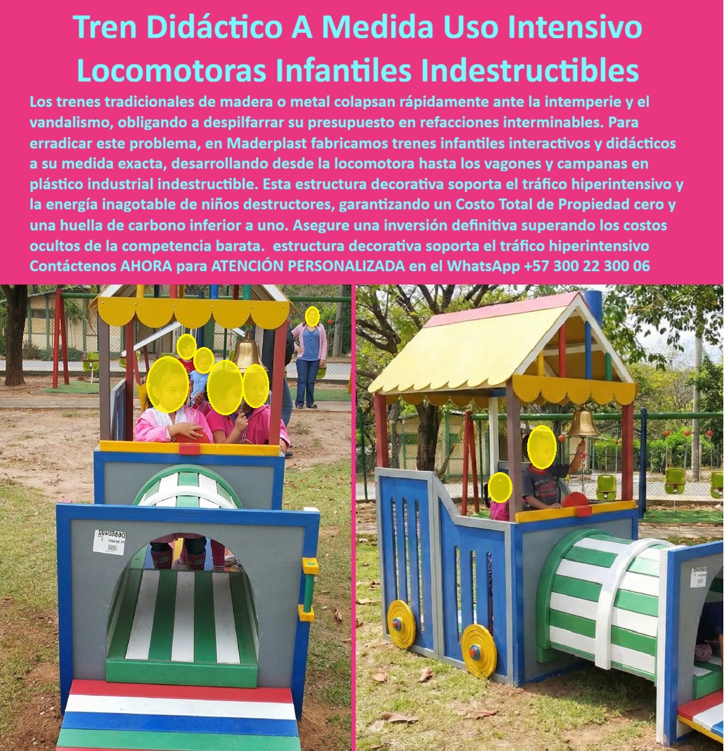 Tren Infantil Parque Temático Tren Recreativo Parques Infantiles Maderplast Tren Juego Niños Parque Temático Locomotora Durable Tren de Juegos Infantil Completo con Túnel Duradero ren infantil resistente uso intensivo exterior ferrocarril PP En esta fotografía compuesta a doble panel se muestra el tren infantil didáctico Maderplast, en todo su detalle: la vista principal destaca la locomotora azul con cabina tipo casa de techo amarillo, chimenea, campana funcional y ruedas amarillas, conectada a un túnel interactivo de rayas verdes y blancas con rampa multicolor. La vista lateral resalta los vagones robustos y los niños jugando intensamente: varios dentro de la cabina tocando la campana, otros gateando por el túnel y explorando cada módulo. Fabricado por Maderplast en plástico industrial indestructible que elimina oxidación, pudrición y vandalismo, garantizando uso intensivo exterior sin mantenimiento. Este tren infantil temático con locomotora y túnel es la solución perfecta para alcaldías, colegios, parques temáticos y proyectos B2B que buscan una atracción lúdica que combine diversión, aprendizaje y durabilidad extrema. Mientras los trenes tradicionales de madera o metal colapsan rápidamente ante la intemperie y el vandalismo —obligando a despilfarrar presupuestos en refacciones interminables donde lo barato termina saliendo muy caro—, este tren didáctico infantil completo con vagones y túnel está construido en plástico industrial Maderplast ultra resistente. Su material irrompible, térmico y antivandálico soporta tráfico hiperintensivo, sol, lluvia, humedad y clima tropical durante más de 20 años con colores integrales que nunca se despintan, cero mantenimiento y huella de carbono inferior, convirtiéndolo en una inversión con costo total de propiedad cero. Padres e ingenieros valoran este tren de juegos infantil túnel interactivo porque transforma cada minuto de juego en desarrollo integral. La locomotora con campana funcional y cabina invita a la imaginación y el rol playing, el túnel de rayas estimula motricidad gruesa, coordinación y gateo seguro, y los vagones multicolores fomentan socialización y trabajo en equipo en niños de 3 a 12 años. Su diseño modular a medida, fácil instalación y superficies seguras cumplen las exigencias más estrictas de parques recreativos en Colombia, creando un espacio altamente atractivo, didáctico y perdurable. La prueba real está en el parque comunitario de Cali. La Alcaldía de Santiago de Cali, a través de la Arquitecta Daniela Ortiz, Coordinadora de Parques y Recreación, enfrentaba el reto de instalar un elemento icónico que generará horas de juego imaginario para cientos de niños diarios, pero que resistiera el clima vallecaucano, uso hiperintensivo y vandalismo sin costos de mantenimiento. Tras implementar este tren infantil didáctico Maderplast con locomotora, túnel y campana, 20 meses después se mantiene impecable, con colores vibrantes y cero reparaciones. Los niños desarrollan imaginación y motricidad mientras los costos operativos son nulos. Como ingeniero con amplia experiencia en equipamiento recreativo, recomiendo sin reservas los juegos infantiles tren con cabina y campana de Maderplast. Su construcción certificada, pruebas de laboratorio, planos técnicos y respaldo completo eliminan cualquier riesgo técnico o financiero. Contamos con renders 3D, videos reales y fichas técnicas listas para su anteproyecto. Contáctenos AHORA para diseño a medida y cotización técnica personalizada al WhatsApp +57 300 22 300 06 o visite www.maderplast.com. Maderplast es la mejor y única opción que cumple y supera todos los requisitos de durabilidad, seguridad y rentabilidad a largo plazo. Su proyecto merece un tren infantil que recorra generaciones enteras.