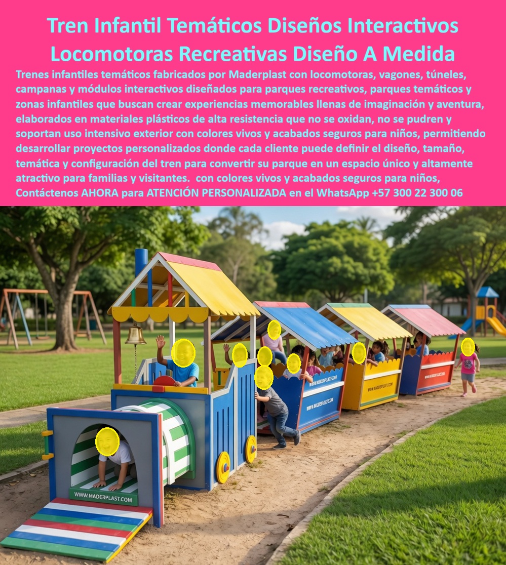 Tren Infantil Parque Temático Tren Recreativo Parques Infantiles Maderplast juegos infantiles sobre rieles alta durabilidad tren parque infantil diseño a medida Tren Temático Infantil Parque Vagones Fácil Instalar tren de juegos para parque En esta soleada fotografía de parque recreativo se destaca el tren infantil temático Maderplast, una estructura completa y realista compuesta por una locomotora azul con cabina tipo casa amarilla, chimenea, campana y ruedas detalladas, conectada a varios vagones multicolores (azul, amarillo y rojo) con techos a dos aguas. Incluye un túnel de entrada a rayas verdes y blancas con rampa de acceso multicolor, invitando a los niños a gatear, trepar y viajar imaginariamente. Varios niños interactúan con alegría: uno saluda desde la locomotora, otros viajan en los vagones y uno más gatea por el túnel. Fabricado por Maderplast en plástico industrial de alta resistencia que soporta uso intensivo, clima extremo y vandalismo sin mantenimiento ni oxidación. Este tren infantil temático con locomotora y vagones es la atracción perfecta para alcaldías, parques temáticos, hoteles familiares y centros comerciales que buscan convertir cualquier espacio en una experiencia inolvidable de aventura y juego. Mientras los juegos tradicionales sobre rieles de metal o madera se oxidan, pudren y requieren reparaciones constantes —donde lo barato termina saliendo muy caro por los altos costos de mantenimiento y los riesgos de seguridad—, este tren parque infantil diseño a medida está construido en plástico industrial Maderplast ultra resistente. Su material antivandálico, térmico y con colores integrales elimina por completo la corrosión, el astillado y la decoloración por UV o lluvia, ofreciendo cero mantenimiento, fácil instalación y más de 20 años de vida útil con huella de carbono reducida y costo total de propiedad cero. Padres e ingenieros eligen este tren temático infantil con túnel y vagones porque va más allá del simple juego: la locomotora con campana y chimenea despierta la imaginación, los vagones multicolores fomentan la socialización y el túnel interactivo desarrolla motricidad gruesa y coordinación en niños de 3 a 12 años. Su diseño modular y personalizado permite adaptar el tren recreativo a cualquier proyecto B2B en Colombia, creando un espacio altamente fotografiable y atractivo que estimula la creatividad y diversión segura en exteriores. La prueba real está en el parque temático de Barranquilla. La Alcaldía, a través del Ingeniero Rafael Antonio Gómez, Director de Parques y Recreación Pública, buscaba un elemento icónico que transformará el espacio en una experiencia memorable de aventura. Tras instalar este tren infantil temático Maderplast con locomotora, vagones y túnel, 15 meses después luce como nuevo pese al clima caribeño, humedad y uso intensivo. Los niños viven aventuras imaginarias mientras los costos operativos son nulos. Como ingeniero con años en equipamiento recreativo, recomiendo sin reservas los juegos infantiles sobre rieles de alta durabilidad de Maderplast. Su construcción certificada, pruebas de laboratorio y respaldo técnico completo eliminan cualquier riesgo. Contamos con planos, renders 3D, videos de instalación y fichas técnicas listas para su anteproyecto. Contáctenos AHORA para diseño a medida y cotización técnica al WhatsApp +57 300 22 300 06 o visite www.maderplast.com. Maderplast es la mejor y única opción que cumple y supera todos los requisitos de durabilidad, inmersión y rentabilidad a largo plazo. Su proyecto merece un tren infantil que recorra generaciones enteras.
