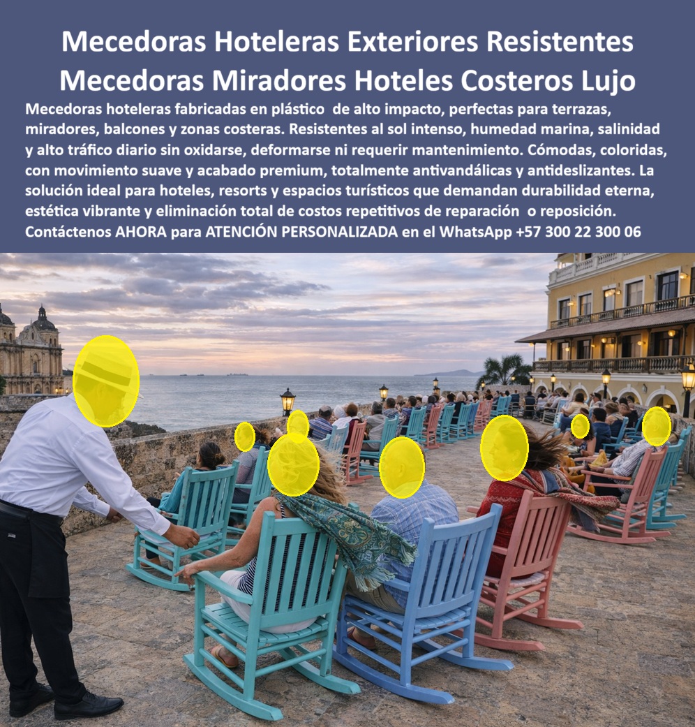 Asientos Mecedores Terrazas Miradores Y Malecones Hoteleros Maderplast - Mecedoras Hoteleras Exteriores Resistentes — Mecedoras Miradores Hoteles Costeros Lujo Colores Integrales Decenas de mecedoras en turquesa, azul cielo y rosa coral se alinean en la terraza mirador de un hotel colonial histórico al atardecer: el cielo naranja-púrpura del ocaso caribeño, los faroles de hierro encendidos y la arquitectura amarilla colonial al fondo convierten esa imagen en la fotografía más publicada del establecimiento en redes sociales. Huéspedes balanceándose con vista panorámica al mar, colores vibrantes que no se han desvanecido una sola temporada, tablillas sin astillas bajo un uso turístico masivo diario — eso no es decoración efímera. Son mecedoras Maderplast en madera plástica de alto impacto: el mobiliario exterior hotelero más fotogénico, más rentable y más duradero del mercado costero. El argumento técnico y financiero de las mecedoras hoteleras en madera plástica se entiende con un solo dato operativo: las mecedoras de madera pintada expuestas a brisa salina, sol directo y tráfico turístico masivo requieren repintado completo cada tres a cuatro meses en clima caribeño. Cada ciclo de repintado implica retiro del mobiliario, preparación de superficie, aplicación, secado y reposición — costo en mano de obra y materiales que se repite cuatro veces al año, indefinidamente, sin que el problema estructural se resuelva nunca. El color siempre se ve mejor el primer mes. A partir del segundo, ya está comprometiendo la imagen del establecimiento que el community manager intenta vender en Instagram con esa misma terraza. Ese ciclo tiene un costo real, medible y completamente evitable. Las mecedoras exteriores hoteleras de Maderplast eliminan ese ciclo desde el material: color corporativo integral en turquesa, rosa coral, azul cielo o cualquier referencia Pantone del proyecto — sin pintura superficial que se descascare, sin estructura que oxide con brisa salina, sin tablillas que se astillen bajo pisada y uso masivo continuo. Resistentes a UV extremo, humedad marina, salinidad constante y tráfico turístico intensivo diario, antivandálicas, antideslizantes, con movimiento suave y patines estables para uso en adoquín, travertino o cualquier pavimento de terraza histórica o contemporánea — color intacto, estructura intacta, cero mantenimiento durante más de 20 años de garantía certificada. El color que se ve en el primer día es exactamente el mismo que se ve en la temporada número diez. Gabriel Antonio Herrera, Gerente General del Hotel Baluarte Colonial Cartagena, lo confirma con datos precisos: "Teníamos mecedoras que al tercer mes ya se veían descuidadas. En un hotel histórico de lujo frente al Caribe, eso es inaceptable. La imagen de esa terraza al atardecer es lo que más venden nuestros community managers en redes." Después de instalar 80 mecedoras Maderplast en tres colores: dos temporadas altas completas, color intacto, cero reparaciones, cero repintado, cero reposiciones. "La terraza es hoy el espacio más publicado en Instagram por los huéspedes del hotel. Maderplast nos entregó el mobiliario más fotogénico y más rentable que hemos tenido." Lo que convenció la decisión de compra antes de firmar: los videos de pruebas de laboratorio en youtube.com/@maderplasSA — rotomartillo, retroexcavadora y mazo de construcción sin que el material ceda. Si aguanta eso, aguanta perfectamente a mil turistas diarios. Cuando se trata de mecedoras, asientos y mobiliario exterior para terrazas, miradores, balcones y malecones de hoteles costeros donde la imagen es el producto, Maderplast es el fabricante colombiano con más de 30 años de trayectoria que convierte el mobiliario en activo de marketing permanente: cotización, colores corporativos, fabricación sobre pedido y producción en serie llave en mano. Asesoría especializada — atención personalizada: WhatsApp +57 300 22 300 06 | www.maderplast.com Mecedoras Coloridas Mirador Costero Hotel Plástico Inoxidable, Silla Mecedora Hotelera Espacios Exteriores Sin Oxidación, Asientos Mecedores Miradores Y Zona Hoteleros Asientos Mecedores Terrazas Miradores Y Malecones Hoteleros Maderplast Mecedoras Coloridas Mirador Costero Hotel Plástico Inoxidable Silla Mecedora Hotelera Espacios Exteriores Sin Oxidación Asientos Mecedores Miradores Y Zona Hoteleros Mecedoras Hoteleras Exteriores Resistentes — Mecedoras Miradores Hoteles Costeros Lujo Colores Integrales Decenas de mecedoras en turquesa, azul cielo y rosa coral se alinean en la terraza mirador de un hotel colonial histórico al atardecer: el cielo naranja-púrpura del ocaso caribeño, los faroles de hierro encendidos y la arquitectura amarilla colonial al fondo convierten esa imagen en la fotografía más publicada del establecimiento en redes sociales. Huéspedes balanceándose con vista panorámica al mar, colores vibrantes que no se han desvanecido una sola temporada, tablillas sin astillas bajo un uso turístico masivo diario — eso no es decoración efímera. Son mecedoras Maderplast en madera plástica de alto impacto: el mobiliario exterior hotelero más fotogénico, más rentable y más duradero del mercado costero. El argumento técnico y financiero de las mecedoras hoteleras en madera plástica se entiende con un solo dato operativo: las mecedoras de madera pintada expuestas a brisa salina, sol directo y tráfico turístico masivo requieren repintado completo cada tres a cuatro meses en clima caribeño. Cada ciclo de repintado implica retiro del mobiliario, preparación de superficie, aplicación, secado y reposición — costo en mano de obra y materiales que se repite cuatro veces al año, indefinidamente, sin que el problema estructural se resuelva nunca. El color siempre se ve mejor el primer mes. A partir del segundo, ya está comprometiendo la imagen del establecimiento que el community manager intenta vender en Instagram con esa misma terraza. Ese ciclo tiene un costo real, medible y completamente evitable. Las mecedoras exteriores hoteleras de Maderplast eliminan ese ciclo desde el material: color corporativo integral en turquesa, rosa coral, azul cielo o cualquier referencia Pantone del proyecto — sin pintura superficial que se descascare, sin estructura que oxide con brisa salina, sin tablillas que se astillen bajo pisada y uso masivo continuo. Resistentes a UV extremo, humedad marina, salinidad constante y tráfico turístico intensivo diario, antivandálicas, antideslizantes, con movimiento suave y patines estables para uso en adoquín, travertino o cualquier pavimento de terraza histórica o contemporánea — color intacto, estructura intacta, cero mantenimiento durante más de 20 años de garantía certificada. El color que se ve en el primer día es exactamente el mismo que se ve en la temporada número diez. Gabriel Antonio Herrera, Gerente General del Hotel Baluarte Colonial Cartagena, lo confirma con datos precisos: "Teníamos mecedoras que al tercer mes ya se veían descuidadas. En un hotel histórico de lujo frente al Caribe, eso es inaceptable. La imagen de esa terraza al atardecer es lo que más venden nuestros community managers en redes." Después de instalar 80 mecedoras Maderplast en tres colores: dos temporadas altas completas, color intacto, cero reparaciones, cero repintado, cero reposiciones. "La terraza es hoy el espacio más publicado en Instagram por los huéspedes del hotel. Maderplast nos entregó el mobiliario más fotogénico y más rentable que hemos tenido." Lo que convenció la decisión de compra antes de firmar: los videos de pruebas de laboratorio en youtube.com/@maderplasSA — rotomartillo, retroexcavadora y mazo de construcción sin que el material ceda. Si aguanta eso, aguanta perfectamente a mil turistas diarios. Cuando se trata de mecedoras, asientos y mobiliario exterior para terrazas, miradores, balcones y malecones de hoteles costeros donde la imagen es el producto, Maderplast es el fabricante colombiano con más de 30 años de trayectoria que convierte el mobiliario en activo de marketing permanente: cotización, colores corporativos, fabricación sobre pedido y producción en serie llave en mano. Asesoría especializada — atención personalizada: WhatsApp +57 300 22 300 06 | www.maderplast.com
