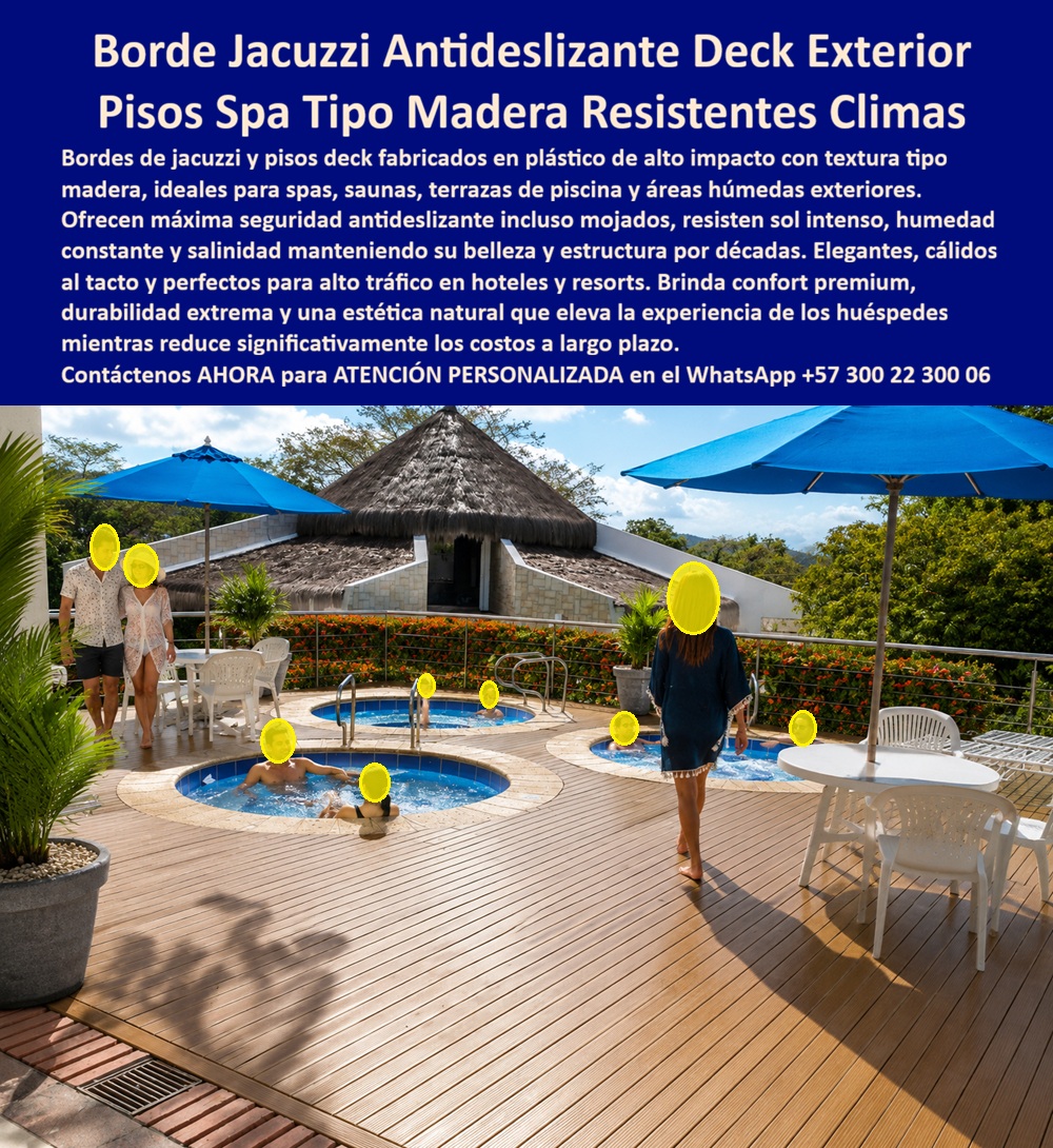 Bordes De Jacuzzi Antideslizantes Piso Spa Sauna Deck Exterior Maderplast - Borde Jacuzzi Antideslizante Deck Exterior — Pisos Spa Tipo Madera Resistentes Humedad Cloro y UV Tres jacuzzis circulares empotrados en una plataforma deck color caoba cálido: tablones de veta fina horizontal cubren toda la superficie incluyendo bordes curvos perimetrales perfectamente adaptados a cada jacuzzi, drenaje lineal integrado visible, sombrillas azules, huéspedes caminando descalzos con total confianza sobre la superficie mojada — cabaña palapa al fondo y vegetación tropical enmarcando un spa exterior de resort que transmite confort premium desde el primer paso. Ese piso cálido al tacto que no resbala bajo salpicaduras constantes, no se astilla bajo pisada descalza y no se deteriora con cloro, humedad permanente ni sol intenso es exactamente lo que Maderplast fabrica para bordes de jacuzzi y áreas húmedas exteriores hoteleras. El argumento técnico más importante en un área de spa exterior no es estético — es de seguridad y responsabilidad operativa. Un tablón astillado alrededor de un jacuzzi no es un problema de mantenimiento: es un incidente documentable, una reclamación de huésped y una responsabilidad legal para el establecimiento. La madera natural tratada en zonas de alta exposición a cloro y humedad constante pierde su impregnación protectora en 12 a 18 meses, desarrolla astillas progresivas en los bordes de corte, levanta tablones por ciclos de expansión-contracción y genera superficies resbaladizas bajo salpicaduras que son exactamente el escenario de mayor riesgo de caída en cualquier instalación hotelera. Eso no es un costo de mantenimiento — es un pasivo operativo que Maderplast elimina de forma definitiva. El deck WPC alta densidad de Maderplast para spas, saunas y áreas de jacuzzi exterior resuelve simultáneamente el problema estético, el técnico y el de seguridad: antideslizante certificado en mojado bajo salpicaduras y tráfico descalzo intenso, 100% impermeable, resistente a cloro, salinidad, UV extremo y humedad constante — no se astilla, no se deforma, no se pudre, cálido al tacto incluso bajo sol directo y con drenaje lineal integrado que evacúa el agua de forma eficiente sin acumulación. El color integral caoba se mantiene sin pintura durante más de 20 años de garantía. La fabricación curva sobre plano exacto garantiza que cada borde perimetral se adapte con precisión milimétrica a la geometría de cada jacuzzi — sin improvisación en obra, sin ajustes de última hora, sin juntas mal alineadas que acumulen humedad y generen puntos de deterioro. La estructura soporte debajo del deck — vigas y durmientes fabricados también por Maderplast en madera plástica anticorrosiva — completa el sistema: inoxidable, anti-pudrición, libre de mantenimiento independientemente del nivel de humedad del sustrato o la proximidad al mar. Diana Marcela Ríos, Directora de Operaciones del Resort Termales del Pacífico, lo documenta con precisión: "En 18 meses teníamos tablones astillados que lastimaban pies descalzos, superficie resbalosa y dos huéspedes con incidentes reportados. La gerencia exigía una solución definitiva." Después de instalar el sistema integral Maderplast con bordes curvos fabricados sobre plano exacto de cada jacuzzi — dos años completos sin un solo incidente de resbalamiento, sin una astilla, sin ninguna intervención de mantenimiento. "El costo lo recuperamos en el primer año con lo que dejamos de gastar en reparaciones. Y cero incidentes de seguridad — eso no tiene precio para un resort." La evidencia técnica completa está disponible en youtube.com/@maderplasSA. Maderplast, fabricante colombiano con más de 30 años de trayectoria en plásticos técnicos de alto rendimiento, entrega el sistema deck completo para spas y jacuzzis exteriores llave en mano: cotización, diseño curvo sobre plano, renders y producción en serie. Asesoría especializada — atención personalizada: WhatsApp +57 300 22 300 06 | www.maderplast.comBordes De Spa Y Jacuzzi Resistentes Humedad UV, Suelos Tipo Madera Bordes Jacuzzi Resort Resistente Clima Bajo Mantenimiento, Pisos Deck Jacuzzi Resistentes Humedad Bordes De Jacuzzi Antideslizantes Piso Spa Sauna Deck Exterior Maderplast Bordes De Spa Y Jacuzzi Resistentes Humedad UV Suelos Tipo Madera Bordes Jacuzzi Resort Resistente Clima Bajo Mantenimiento Pisos Deck Jacuzzi Resistentes Humedad Borde Jacuzzi Antideslizante Deck Exterior — Pisos Spa Tipo Madera Resistentes Humedad Cloro y UV Tres jacuzzis circulares empotrados en una plataforma deck color caoba cálido: tablones de veta fina horizontal cubren toda la superficie incluyendo bordes curvos perimetrales perfectamente adaptados a cada jacuzzi, drenaje lineal integrado visible, sombrillas azules, huéspedes caminando descalzos con total confianza sobre la superficie mojada — cabaña palapa al fondo y vegetación tropical enmarcando un spa exterior de resort que transmite confort premium desde el primer paso. Ese piso cálido al tacto que no resbala bajo salpicaduras constantes, no se astilla bajo pisada descalza y no se deteriora con cloro, humedad permanente ni sol intenso es exactamente lo que Maderplast fabrica para bordes de jacuzzi y áreas húmedas exteriores hoteleras. El argumento técnico más importante en un área de spa exterior no es estético — es de seguridad y responsabilidad operativa. Un tablón astillado alrededor de un jacuzzi no es un problema de mantenimiento: es un incidente documentable, una reclamación de huésped y una responsabilidad legal para el establecimiento. La madera natural tratada en zonas de alta exposición a cloro y humedad constante pierde su impregnación protectora en 12 a 18 meses, desarrolla astillas progresivas en los bordes de corte, levanta tablones por ciclos de expansión-contracción y genera superficies resbaladizas bajo salpicaduras que son exactamente el escenario de mayor riesgo de caída en cualquier instalación hotelera. Eso no es un costo de mantenimiento — es un pasivo operativo que Maderplast elimina de forma definitiva. El deck WPC alta densidad de Maderplast para spas, saunas y áreas de jacuzzi exterior resuelve simultáneamente el problema estético, el técnico y el de seguridad: antideslizante certificado en mojado bajo salpicaduras y tráfico descalzo intenso, 100% impermeable, resistente a cloro, salinidad, UV extremo y humedad constante — no se astilla, no se deforma, no se pudre, cálido al tacto incluso bajo sol directo y con drenaje lineal integrado que evacúa el agua de forma eficiente sin acumulación. El color integral caoba se mantiene sin pintura durante más de 20 años de garantía. La fabricación curva sobre plano exacto garantiza que cada borde perimetral se adapte con precisión milimétrica a la geometría de cada jacuzzi — sin improvisación en obra, sin ajustes de última hora, sin juntas mal alineadas que acumulen humedad y generen puntos de deterioro. La estructura soporte debajo del deck — vigas y durmientes fabricados también por Maderplast en madera plástica anticorrosiva — completa el sistema: inoxidable, anti-pudrición, libre de mantenimiento independientemente del nivel de humedad del sustrato o la proximidad al mar. Diana Marcela Ríos, Directora de Operaciones del Resort Termales del Pacífico, lo documenta con precisión: "En 18 meses teníamos tablones astillados que lastimaban pies descalzos, superficie resbalosa y dos huéspedes con incidentes reportados. La gerencia exigía una solución definitiva." Después de instalar el sistema integral Maderplast con bordes curvos fabricados sobre plano exacto de cada jacuzzi — dos años completos sin un solo incidente de resbalamiento, sin una astilla, sin ninguna intervención de mantenimiento. "El costo lo recuperamos en el primer año con lo que dejamos de gastar en reparaciones. Y cero incidentes de seguridad — eso no tiene precio para un resort." La evidencia técnica completa está disponible en youtube.com/@maderplasSA. Maderplast, fabricante colombiano con más de 30 años de trayectoria en plásticos técnicos de alto rendimiento, entrega el sistema deck completo para spas y jacuzzis exteriores llave en mano: cotización, diseño curvo sobre plano, renders y producción en serie. Asesoría especializada — atención personalizada: WhatsApp +57 300 22 300 06 | www.maderplast.com