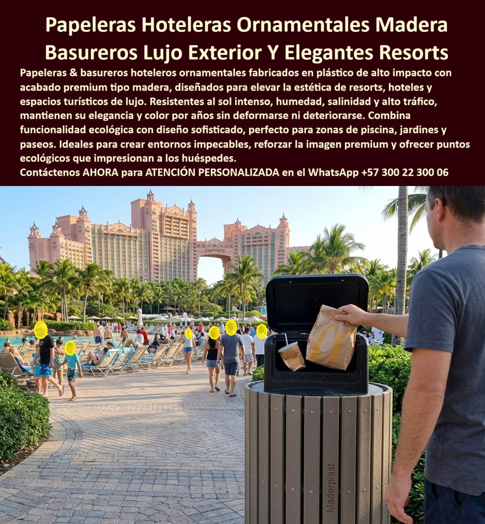 Caneca Papeleras Ornamentales Hoteleras Basureros De Lujo Maderplast - Papeleras Ornamentales Hoteleras: Un Detalle Pequeño Que Influye Enormemente en la Imagen de un Resort Cuando un huésped llega a un hotel de categoría, normalmente observa la arquitectura, el paisajismo, las piscinas, las terrazas, los jardines y las zonas de descanso. Sin embargo, existe un aspecto que pocas veces se menciona pero que influye directamente en la percepción de orden, limpieza y calidad del establecimiento: el mobiliario destinado al manejo de residuos. Una papelera deteriorada, oxidada, decolorada o fuera de contexto puede afectar la imagen de un espacio cuidadosamente diseñado, mientras que una papelera ornamental bien integrada contribuye silenciosamente a reforzar la sensación de exclusividad y profesionalismo. La imagen muestra una papelera ornamental instalada en una zona turística de alto nivel, rodeada de senderos, áreas de piscina, jardines tropicales y circulación permanente de visitantes. En este tipo de ambientes, la papelera deja de ser un simple recipiente para residuos y se convierte en un elemento más del diseño arquitectónico y paisajístico. Su apariencia debe complementar el entorno, mantener una presentación impecable y transmitir la misma calidad que el resto de las instalaciones. Uno de los mayores desafíos en hotelería, resorts, clubes y complejos vacacionales es que las papeleras permanecen expuestas permanentemente a condiciones que aceleran el deterioro de muchos materiales convencionales. La radiación solar intensa, la humedad ambiental, la lluvia, la salinidad marina, los productos de limpieza y el uso continuo genera desgaste constante. Por esta razón, la selección del material adecuado tiene un impacto directo sobre la vida útil de la inversión y sobre los costos futuros de mantenimiento y reposición. Las papeleras ornamentales fabricadas en materiales de alta ingeniería permiten conservar durante años una apariencia profesional y elegante, incluso en ambientes donde otros materiales suelen presentar oxidación, pérdida de color, deformaciones o deterioro prematuro. Esta estabilidad resulta especialmente importante en hoteles y resorts donde la imagen corporativa forma parte esencial de la experiencia del huésped. Otro aspecto que valoran arquitectos, administradores y operadores turísticos es la capacidad de integrar las papeleras al concepto visual del proyecto. Los acabados tipo madera, piedra, metal o diseños personalizados permiten que estos elementos armonicen con senderos, jardines, piscinas, balcones, terrazas y zonas comunes, evitando el aspecto industrial que muchas veces generan las canecas convencionales. Desde el punto de vista operativo, una papelera bien diseñada facilita las labores de limpieza, mejora la organización de los espacios y contribuye a mantener ambientes más agradables para visitantes y huéspedes. En proyectos turísticos de alta ocupación, donde miles de personas utilizan diariamente las instalaciones, contar con sistemas durables y funcionales representa una ventaja significativa para la administración. Maderplast fabrica papeleras ornamentales, canecas decorativas, puntos ecológicos y mobiliario para manejo de residuos destinados a hoteles, resorts, clubes, parques temáticos, malecones, senderos turísticos, conjuntos residenciales y espacios públicos. Los diseños pueden adaptarse a diferentes estilos arquitectónicos y necesidades operativas, ofreciendo soluciones que combinan estética, funcionalidad y larga vida útil para ambientes de alta exigencia. Cuando un proyecto turístico cuida cada detalle, incluso los elementos destinados al manejo de residuos contribuyen a fortalecer la percepción de calidad. Las papeleras ornamentales permiten mantener espacios organizados, reforzar la imagen premium del establecimiento y proyectar una sensación permanente de orden, limpieza y profesionalismo que los huéspedes valoran desde el primer momento. ATENCIÓN PERSONALIZADA POR UN ASESOR A SU SERVICIO WhatsApp: +57 300 22 300 06 Basureros De Hotel Inmunes Al Sol Y La Humedad, Basureros Decorativos Tipo Hotel Acabado Madera Premium, Puntos Ecológicos Elegantes Resistentes Al Clima, Canecas lujosa Caneca Papeleras Ornamentales Hoteleras Basureros De Lujo Maderplast Basureros De Hotel Inmunes Al Sol Y La Humedad Basureros Decorativos Tipo Hotel Acabado Madera Premium Puntos Ecológicos Elegantes Resistentes Al Clima Canecas lujosa Papeleras Ornamentales Hoteleras: Un Detalle Pequeño Que Influye Enormemente en la Imagen de un Resort Cuando un huésped llega a un hotel de categoría, normalmente observa la arquitectura, el paisajismo, las piscinas, las terrazas, los jardines y las zonas de descanso. Sin embargo, existe un aspecto que pocas veces se menciona pero que influye directamente en la percepción de orden, limpieza y calidad del establecimiento: el mobiliario destinado al manejo de residuos. Una papelera deteriorada, oxidada, decolorada o fuera de contexto puede afectar la imagen de un espacio cuidadosamente diseñado, mientras que una papelera ornamental bien integrada contribuye silenciosamente a reforzar la sensación de exclusividad y profesionalismo. La imagen muestra una papelera ornamental instalada en una zona turística de alto nivel, rodeada de senderos, áreas de piscina, jardines tropicales y circulación permanente de visitantes. En este tipo de ambientes, la papelera deja de ser un simple recipiente para residuos y se convierte en un elemento más del diseño arquitectónico y paisajístico. Su apariencia debe complementar el entorno, mantener una presentación impecable y transmitir la misma calidad que el resto de las instalaciones. Uno de los mayores desafíos en hotelería, resorts, clubes y complejos vacacionales es que las papeleras permanecen expuestas permanentemente a condiciones que aceleran el deterioro de muchos materiales convencionales. La radiación solar intensa, la humedad ambiental, la lluvia, la salinidad marina, los productos de limpieza y el uso continuo genera desgaste constante. Por esta razón, la selección del material adecuado tiene un impacto directo sobre la vida útil de la inversión y sobre los costos futuros de mantenimiento y reposición. Las papeleras ornamentales fabricadas en materiales de alta ingeniería permiten conservar durante años una apariencia profesional y elegante, incluso en ambientes donde otros materiales suelen presentar oxidación, pérdida de color, deformaciones o deterioro prematuro. Esta estabilidad resulta especialmente importante en hoteles y resorts donde la imagen corporativa forma parte esencial de la experiencia del huésped. Otro aspecto que valoran arquitectos, administradores y operadores turísticos es la capacidad de integrar las papeleras al concepto visual del proyecto. Los acabados tipo madera, piedra, metal o diseños personalizados permiten que estos elementos armonicen con senderos, jardines, piscinas, balcones, terrazas y zonas comunes, evitando el aspecto industrial que muchas veces generan las canecas convencionales. Desde el punto de vista operativo, una papelera bien diseñada facilita las labores de limpieza, mejora la organización de los espacios y contribuye a mantener ambientes más agradables para visitantes y huéspedes. En proyectos turísticos de alta ocupación, donde miles de personas utilizan diariamente las instalaciones, contar con sistemas durables y funcionales representa una ventaja significativa para la administración. Maderplast fabrica papeleras ornamentales, canecas decorativas, puntos ecológicos y mobiliario para manejo de residuos destinados a hoteles, resorts, clubes, parques temáticos, malecones, senderos turísticos, conjuntos residenciales y espacios públicos. Los diseños pueden adaptarse a diferentes estilos arquitectónicos y necesidades operativas, ofreciendo soluciones que combinan estética, funcionalidad y larga vida útil para ambientes de alta exigencia. Cuando un proyecto turístico cuida cada detalle, incluso los elementos destinados al manejo de residuos contribuyen a fortalecer la percepción de calidad. Las papeleras ornamentales permiten mantener espacios organizados, reforzar la imagen premium del establecimiento y proyectar una sensación permanente de orden, limpieza y profesionalismo que los huéspedes valoran desde el primer momento. ATENCIÓN PERSONALIZADA POR UN ASESOR A SU SERVICIO WhatsApp: +57 300 22 300 06