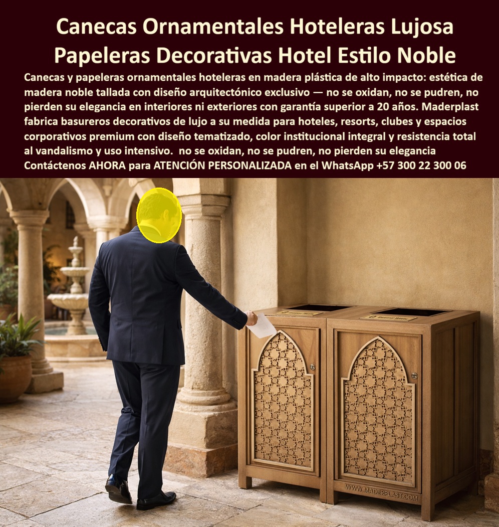 Caneca Papeleras Ornamentales Hoteleras Basureros De Lujo Maderplast - Canecas Ornamentales Hoteleras Lujosas — Papeleras Decorativas Hotel Estilo Noble Tallado CNC Un ejecutivo de traje deposita un papel en una caneca doble de roble natural tallado con arcos ojivales góticos y celosía árabe geométrica calada — el patio colonial al fondo con columnas de piedra, arcos, fuente y baldosa artesanal componen el escenario de un hotel donde la narrativa arquitectónica es el producto que se vende. Esa caneca no interrumpe el espacio — lo completa. El tallado CNC del panel frontal replica exactamente el motivo ornamental de los arcos del patio, las placas identificadoras doradas elevan el elemento funcional a pieza de mobiliario, y el color roble integral se integra con la piedra y la madera del entorno sin diferencias de tono. En hoteles temáticos donde la inmersión arquitectónica es la experiencia que el huésped compra, una papelera industrial convencional es un error de diseño que rompe esa inmersión en el momento exacto en que el huésped la usa. Maderplast fabrica la solución: canecas ornamentales hoteleras en madera plástica de alto impacto con tallado CNC exclusivo que convierten el elemento de limpieza urbana en parte integral de la arquitectura del espacio. El problema de la papelera en hospitalidad temática de lujo es conceptualmente diferente al problema de las canecas en espacios estándar: no se trata solo de que no se oxide o que dure años sin mantenimiento — aunque eso también es crítico. Se trata de que el elemento funcional sea visualmente indistinguible del mobiliario decorativo del espacio, que el tallado CNC replique con precisión el lenguaje ornamental del proyecto, que el color sea exactamente el tono corporativo o histórico especificado por el arquitecto y que ese resultado se mantenga intacto bajo humedad de patio, UV exterior y uso intensivo diario sin ninguna intervención que comprometa el acabado. La madera natural tallada no puede cumplir esas cuatro exigencias simultáneamente en interiores húmedos — se hincha, el tallado se abre en juntas y el color se oscurece en menos de doce meses. Solo la madera plástica de alto impacto con tallado CNC las resuelve todas en una sola fabricación. Las canecas ornamentales de Maderplast se fabrican sobre los planos arquitectónicos exactos del proyecto: el motivo gótico, árabe, colonial, industrial o corporativo se ejecuta en CNC con la misma precisión que en madera noble, pero en madera plástica de alto impacto con color roble integral sin pintura superficial que no se descascara, no absorbe humedad, no se hincha, no deforma el tallado, no se oxida y no requiere ningún mantenimiento durante más de 20 años de garantía certificada. Doble compartimento con tapa de ranura higiénica, placas identificadoras personalizables, base antivuelco estable — fabricación a medida en cualquier estilo arquitectónico, cualquier color corporativo, instalación llave en mano. Rafael Ernesto Londoño, Director de Imagen y Protocolo del Hotel Palacio Árabe Granada, lo documenta con la precisión de quien gestiona la coherencia visual como activo comercial: "En un hotel donde la inmersión temática es el producto, una papelera industrial es un error de diseño que cuesta huéspedes." Había probado madera natural tallada: humedad, apertura de juntas, decoloración en menos de un año. "Les envié los planos del patio, los arcos ojivales y el motivo de celosía árabe y les pedí que fabricaran una papelera que fuera parte del diseño, no un elemento añadido." Maderplast fabrica el doble módulo con tallado CNC exacto del motivo arquitectónico del hotel. "Cuando los instalamos, tres huéspedes me preguntaron si eran muebles de museo." Un año de operación sin deformación, sin degradación del tallado, sin mantenimiento. "Maderplast entendió que en mi hotel cada pieza es arquitectura. Fabricaron una papelera que es parte de la experiencia del huésped." Evidencia técnica en youtube.com/@maderplasSA. Cuando se trata de canecas ornamentales, papeleras decorativas y mobiliario urbano de lujo para hoteles temáticos, resorts y espacios corporativos premium donde cada elemento es arquitectura, Maderplast es el fabricante colombiano con más de 30 años de trayectoria: diseño CNC sobre plano, color corporativo exacto y entrega llave en mano. Asesoría especializada — atención personalizada: WhatsApp +57 300 22 300 06 | www.maderplast.com Botes Basura Estilo Madera Lujo Hotelería Resistentes Exterior Premium, Canecas Tipo Madera Lujo Hotel Basureros Decorativos Bajo Mantenimiento, Canecas Decorativas Tapa Caneca Papeleras Ornamentales Hoteleras Basureros De Lujo Maderplast Botes Basura Estilo Madera Lujo Hotelería Resistentes Exterior Premium Canecas Tipo Madera Lujo Hotel Basureros Decorativos Bajo Mantenimiento Canecas Decorativas Tapa Canecas Ornamentales Hoteleras Lujosas — Papeleras Decorativas Hotel Estilo Noble Tallado CNC Un ejecutivo de traje deposita un papel en una caneca doble de roble natural tallado con arcos ojivales góticos y celosía árabe geométrica calada — el patio colonial al fondo con columnas de piedra, arcos, fuente y baldosa artesanal componen el escenario de un hotel donde la narrativa arquitectónica es el producto que se vende. Esa caneca no interrumpe el espacio — lo completa. El tallado CNC del panel frontal replica exactamente el motivo ornamental de los arcos del patio, las placas identificadoras doradas elevan el elemento funcional a pieza de mobiliario, y el color roble integral se integra con la piedra y la madera del entorno sin diferencias de tono. En hoteles temáticos donde la inmersión arquitectónica es la experiencia que el huésped compra, una papelera industrial convencional es un error de diseño que rompe esa inmersión en el momento exacto en que el huésped la usa. Maderplast fabrica la solución: canecas ornamentales hoteleras en madera plástica de alto impacto con tallado CNC exclusivo que convierten el elemento de limpieza urbana en parte integral de la arquitectura del espacio. El problema de la papelera en hospitalidad temática de lujo es conceptualmente diferente al problema de las canecas en espacios estándar: no se trata solo de que no se oxide o que dure años sin mantenimiento — aunque eso también es crítico. Se trata de que el elemento funcional sea visualmente indistinguible del mobiliario decorativo del espacio, que el tallado CNC replique con precisión el lenguaje ornamental del proyecto, que el color sea exactamente el tono corporativo o histórico especificado por el arquitecto y que ese resultado se mantenga intacto bajo humedad de patio, UV exterior y uso intensivo diario sin ninguna intervención que comprometa el acabado. La madera natural tallada no puede cumplir esas cuatro exigencias simultáneamente en interiores húmedos — se hincha, el tallado se abre en juntas y el color se oscurece en menos de doce meses. Solo la madera plástica de alto impacto con tallado CNC las resuelve todas en una sola fabricación. Las canecas ornamentales de Maderplast se fabrican sobre los planos arquitectónicos exactos del proyecto: el motivo gótico, árabe, colonial, industrial o corporativo se ejecuta en CNC con la misma precisión que en madera noble, pero en madera plástica de alto impacto con color roble integral sin pintura superficial que no se descascara, no absorbe humedad, no se hincha, no deforma el tallado, no se oxida y no requiere ningún mantenimiento durante más de 20 años de garantía certificada. Doble compartimento con tapa de ranura higiénica, placas identificadoras personalizables, base antivuelco estable — fabricación a medida en cualquier estilo arquitectónico, cualquier color corporativo, instalación llave en mano. Rafael Ernesto Londoño, Director de Imagen y Protocolo del Hotel Palacio Árabe Granada, lo documenta con la precisión de quien gestiona la coherencia visual como activo comercial: "En un hotel donde la inmersión temática es el producto, una papelera industrial es un error de diseño que cuesta huéspedes." Había probado madera natural tallada: humedad, apertura de juntas, decoloración en menos de un año. "Les envié los planos del patio, los arcos ojivales y el motivo de celosía árabe y les pedí que fabricaran una papelera que fuera parte del diseño, no un elemento añadido." Maderplast fabrica el doble módulo con tallado CNC exacto del motivo arquitectónico del hotel. "Cuando los instalamos, tres huéspedes me preguntaron si eran muebles de museo." Un año de operación sin deformación, sin degradación del tallado, sin mantenimiento. "Maderplast entendió que en mi hotel cada pieza es arquitectura. Fabricaron una papelera que es parte de la experiencia del huésped." Evidencia técnica en youtube.com/@maderplasSA. Cuando se trata de canecas ornamentales, papeleras decorativas y mobiliario urbano de lujo para hoteles temáticos, resorts y espacios corporativos premium donde cada elemento es arquitectura, Maderplast es el fabricante colombiano con más de 30 años de trayectoria: diseño CNC sobre plano, color corporativo exacto y entrega llave en mano. Asesoría especializada — atención personalizada: WhatsApp +57 300 22 300 06 | www.maderplast.com