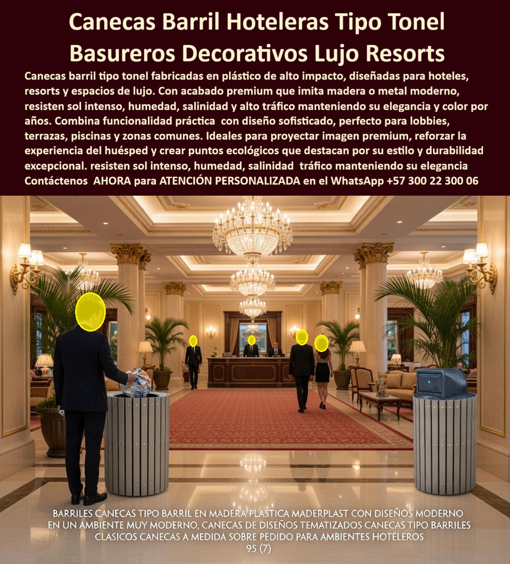 Canecas Barril Para Hoteles Basureros Forma Tonel Hotelero Maderplast - Canecas Barril Tipo Tonel Para Hoteles y Resorts: Cuando el Manejo de Residuos También Hace Parte de la Experiencia del Huésped En los proyectos hoteleros modernos, cada detalle influye en la percepción de calidad que recibe el visitante. La arquitectura, el paisajismo, el mobiliario, la iluminación y los acabados son cuidadosamente seleccionados para transmitir orden, elegancia y profesionalismo. Sin embargo, existe un elemento que frecuentemente pasa desapercibido durante la etapa de diseño y que termina teniendo un impacto directo sobre la imagen del establecimiento: los sistemas para manejo de residuos. Las canecas barril tipo tonel representan una evolución importante frente a los basureros convencionales porque permiten integrar funcionalidad operativa con diseño arquitectónico. La imagen muestra un elegante lobby hotelero donde las papeleras decorativas se incorporan armónicamente al entorno, aportando organización sin afectar la estética general del espacio. En lugar de convertirse en elementos visualmente invasivos, estas canecas complementan el diseño interior y refuerzan la percepción de exclusividad del lugar. En hoteles, resorts, clubes, centros vacacionales y complejos turísticos, las papeleras están expuestas permanentemente a uso intensivo. Miles de huéspedes interactúan con ellas cada año, mientras el personal de aseo realiza constantes procesos de limpieza, desinfección y mantenimiento. Esta realidad exige soluciones mucho más resistentes que las utilizadas en aplicaciones convencionales. Uno de los problemas más frecuentes en las canecas tradicionales es el deterioro acelerado causado por humedad, productos químicos de limpieza, golpes accidentales, radiación solar y desgaste continuo. Con el tiempo aparecen procesos de oxidación, pérdida de color, deformaciones, fracturas y deterioro visual que afectan la imagen general de la instalación. En ambientes costeros el problema suele agravarse debido a la presencia permanente de salinidad ambiental. Las canecas barril desarrolladas para proyectos hoteleros buscan precisamente eliminar estas dificultades mediante materiales de alta resistencia diseñados para conservar estabilidad estructural, apariencia y funcionalidad durante largos ciclos de servicio. Esto resulta especialmente importante en zonas de alto tráfico como lobbies, corredores, terrazas, piscinas, restaurantes, malecones, senderos, jardines, plazas comerciales y áreas comunes donde la presentación visual es un factor fundamental. Otro aspecto altamente valorado por arquitectos y administradores es la capacidad de personalización. Dependiendo de las necesidades del proyecto, las canecas pueden fabricarse con acabados que simulan madera, metal, piedra u otros conceptos decorativos, permitiendo integrarlas perfectamente al lenguaje arquitectónico del hotel o complejo turístico. Esta flexibilidad facilita que los sistemas de manejo de residuos dejen de ser simples elementos operativos para convertirse en parte del mobiliario decorativo del proyecto. Desde una perspectiva económica, la durabilidad adquiere una importancia estratégica. Cuando una caneca requiere reemplazos frecuentes debido a corrosión, fracturas o deterioro estético, los costos acumulados terminan siendo significativamente superiores a los previstos inicialmente. Por esta razón, cada vez más operadores hoteleros evalúan el costo total de propiedad en lugar de considerar únicamente el valor de compra inicial. Maderplast fabrica canecas barril tipo tonel, papeleras decorativas, puntos ecológicos y mobiliario para manejo de residuos destinado a hoteles, resorts, clubes, centros comerciales, parques temáticos, malecones, conjuntos residenciales y espacios turísticos. Los diseños pueden personalizarse según la identidad visual de cada proyecto, incorporando acabados arquitectónicos, colores corporativos y configuraciones especiales que armonicen con el entorno donde serán instalados. Cuando una instalación hotelera cuida cada detalle, incluso los sistemas de recolección de residuos contribuyen a fortalecer la percepción de calidad que recibe el huésped. Las canecas decorativas tipo barril permiten precisamente eso: combinar funcionalidad, elegancia, durabilidad y coherencia arquitectónica en una solución diseñada para acompañar la operación del proyecto durante muchos años manteniendo una excelente presentación. ATENCIÓN PERSONALIZADA POR UN ASESOR A SU SERVICIO WhatsApp: +57 300 22 300 06 Basureros Decorativos Tipo Tonel Anticorrosivos Exteriores, Barriles Basureros Decorativos Hotel Modernos Resistentes Clima Exterior, Papeleras Tipo Barrica Resistentes Canecas Barril Para Hoteles Basureros Forma Tonel Hotelero Maderplast Basureros Decorativos Tipo Tonel Anticorrosivos Exteriores Barriles Basureros Decorativos Hotel Modernos Resistentes Clima Exterior Papeleras Tipo Barrica Resistentes Canecas Barril Tipo Tonel Para Hoteles y Resorts: Cuando el Manejo de Residuos También Hace Parte de la Experiencia del Huésped En los proyectos hoteleros modernos, cada detalle influye en la percepción de calidad que recibe el visitante. La arquitectura, el paisajismo, el mobiliario, la iluminación y los acabados son cuidadosamente seleccionados para transmitir orden, elegancia y profesionalismo. Sin embargo, existe un elemento que frecuentemente pasa desapercibido durante la etapa de diseño y que termina teniendo un impacto directo sobre la imagen del establecimiento: los sistemas para manejo de residuos. Las canecas barril tipo tonel representan una evolución importante frente a los basureros convencionales porque permiten integrar funcionalidad operativa con diseño arquitectónico. La imagen muestra un elegante lobby hotelero donde las papeleras decorativas se incorporan armónicamente al entorno, aportando organización sin afectar la estética general del espacio. En lugar de convertirse en elementos visualmente invasivos, estas canecas complementan el diseño interior y refuerzan la percepción de exclusividad del lugar. En hoteles, resorts, clubes, centros vacacionales y complejos turísticos, las papeleras están expuestas permanentemente a uso intensivo. Miles de huéspedes interactúan con ellas cada año, mientras el personal de aseo realiza constantes procesos de limpieza, desinfección y mantenimiento. Esta realidad exige soluciones mucho más resistentes que las utilizadas en aplicaciones convencionales. Uno de los problemas más frecuentes en las canecas tradicionales es el deterioro acelerado causado por humedad, productos químicos de limpieza, golpes accidentales, radiación solar y desgaste continuo. Con el tiempo aparecen procesos de oxidación, pérdida de color, deformaciones, fracturas y deterioro visual que afectan la imagen general de la instalación. En ambientes costeros el problema suele agravarse debido a la presencia permanente de salinidad ambiental. Las canecas barril desarrolladas para proyectos hoteleros buscan precisamente eliminar estas dificultades mediante materiales de alta resistencia diseñados para conservar estabilidad estructural, apariencia y funcionalidad durante largos ciclos de servicio. Esto resulta especialmente importante en zonas de alto tráfico como lobbies, corredores, terrazas, piscinas, restaurantes, malecones, senderos, jardines, plazas comerciales y áreas comunes donde la presentación visual es un factor fundamental. Otro aspecto altamente valorado por arquitectos y administradores es la capacidad de personalización. Dependiendo de las necesidades del proyecto, las canecas pueden fabricarse con acabados que simulan madera, metal, piedra u otros conceptos decorativos, permitiendo integrarlas perfectamente al lenguaje arquitectónico del hotel o complejo turístico. Esta flexibilidad facilita que los sistemas de manejo de residuos dejen de ser simples elementos operativos para convertirse en parte del mobiliario decorativo del proyecto. Desde una perspectiva económica, la durabilidad adquiere una importancia estratégica. Cuando una caneca requiere reemplazos frecuentes debido a corrosión, fracturas o deterioro estético, los costos acumulados terminan siendo significativamente superiores a los previstos inicialmente. Por esta razón, cada vez más operadores hoteleros evalúan el costo total de propiedad en lugar de considerar únicamente el valor de compra inicial. Maderplast fabrica canecas barril tipo tonel, papeleras decorativas, puntos ecológicos y mobiliario para manejo de residuos destinado a hoteles, resorts, clubes, centros comerciales, parques temáticos, malecones, conjuntos residenciales y espacios turísticos. Los diseños pueden personalizarse según la identidad visual de cada proyecto, incorporando acabados arquitectónicos, colores corporativos y configuraciones especiales que armonicen con el entorno donde serán instalados. Cuando una instalación hotelera cuida cada detalle, incluso los sistemas de recolección de residuos contribuyen a fortalecer la percepción de calidad que recibe el huésped. Las canecas decorativas tipo barril permiten precisamente eso: combinar funcionalidad, elegancia, durabilidad y coherencia arquitectónica en una solución diseñada para acompañar la operación del proyecto durante muchos años manteniendo una excelente presentación. ATENCIÓN PERSONALIZADA POR UN ASESOR A SU SERVICIO WhatsApp: +57 300 22 300 06
