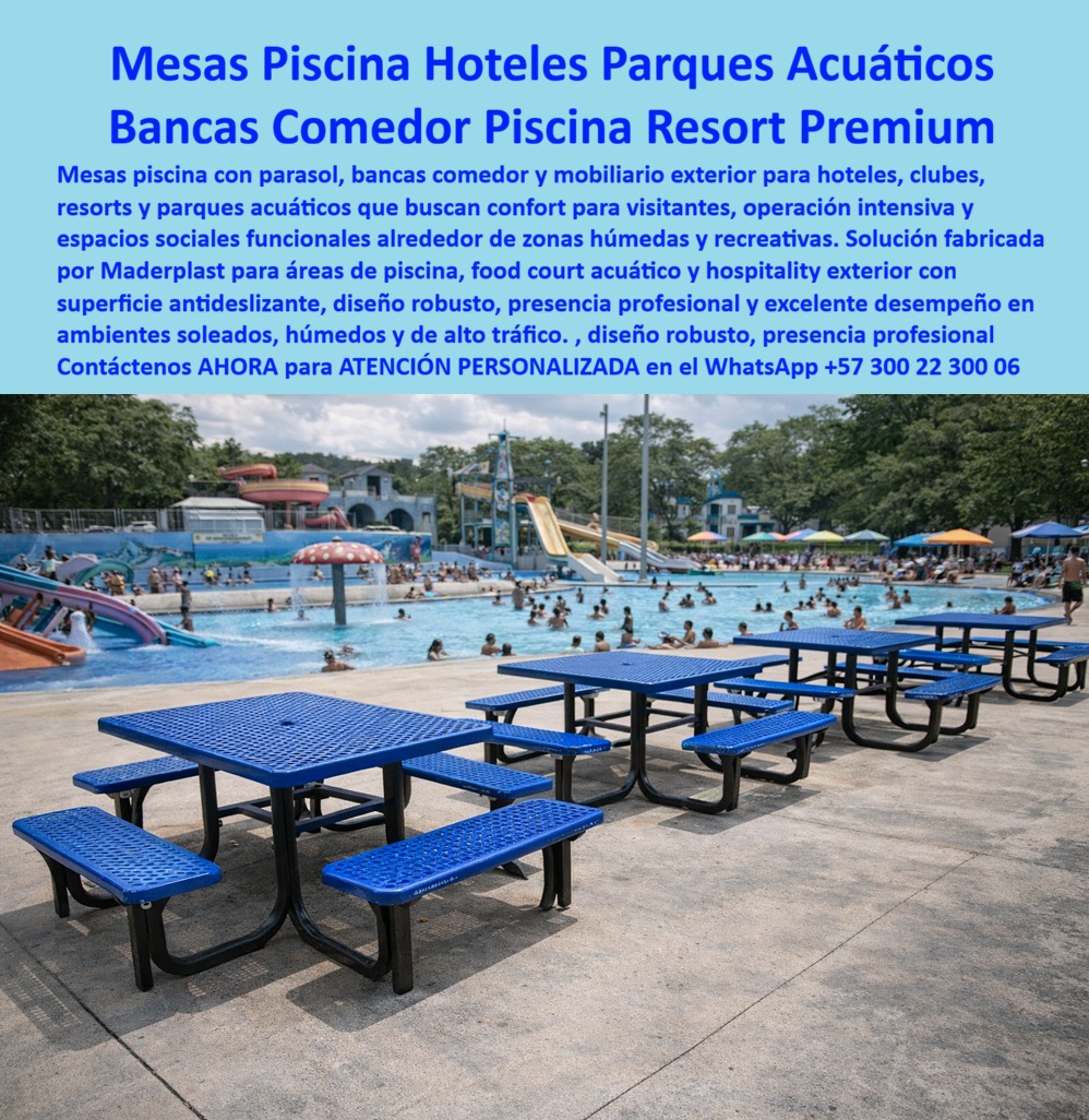 Mesas Piscina Con Parasol Para Hoteles Y Parques Acuáticos Maderplast - Mesas Comunales Para Piscinas, Hoteles y Parques Acuáticos de Alto Tráfico En los hoteles, parques acuáticos, clubes recreativos y centros vacacionales, las mesas ubicadas alrededor de las piscinas cumplen una función mucho más importante que simplemente servir como superficie para consumir alimentos o bebidas. Se convierten en puntos de encuentro, espacios sociales, zonas de descanso y lugares donde las familias permanecen durante largas jornadas recreativas. Por esta razón, el mobiliario instalado en estos ambientes debe estar preparado para soportar condiciones mucho más exigentes que las de un comedor convencional. La imagen muestra un conjunto de mesas comunales con bancas integradas ubicadas junto a una piscina de alta afluencia. Se trata de un entorno donde el mobiliario está expuesto permanentemente a humedad, cloro, radiación solar, derrames de alimentos, limpieza frecuente y uso intensivo por parte de cientos o incluso miles de usuarios cada semana. Estas condiciones suelen acelerar el deterioro de los materiales tradicionales, generando costos permanentes de mantenimiento, reparaciones y reposiciones. Uno de los mayores desafíos de los operadores turísticos consiste precisamente en seleccionar mobiliario capaz de mantener su funcionalidad y apariencia durante años de servicio continuo. En zonas recreativas de alto tráfico, los elementos de uso diario deben soportar cargas constantes, movimientos repetitivos, cambios climáticos y procedimientos de limpieza intensivos sin perder estabilidad ni seguridad para los usuarios. Maderplast desarrolla mesas comunales, bancas integradas, mobiliario para food courts acuáticos, zonas de alimentación exterior, clubes recreativos y espacios sociales diseñados para trabajar bajo estas condiciones exigentes. Sus superficies están concebidas para facilitar la limpieza, conservar una presentación profesional y ofrecer un comportamiento estable frente a la exposición permanente a ambientes húmedos y soleados. Un aspecto especialmente importante en este tipo de proyectos es que la durabilidad no depende únicamente de la superficie visible. La estructura de soporte es la que recibe gran parte de los esfuerzos mecánicos y es también la que suele sufrir primero los efectos de la humedad y el desgaste ambiental. Por esta razón, Maderplast también puede fabricar soportes, bastidores, bases estructurales y componentes resistentes a corrosión y deterioro, permitiendo desarrollar soluciones integrales para proyectos recreativos y turísticos de alta exigencia. La organización operativa de un parque acuático o un hotel depende en gran medida de la calidad de sus áreas comunes. Cuando los visitantes encuentran espacios cómodos para reunirse, descansar, comer o compartir actividades familiares, la percepción general del servicio mejora significativamente. Las mesas comunales se convierten entonces en elementos fundamentales para la experiencia del usuario y para la funcionalidad diaria de la operación. Otro factor determinante es la seguridad. En áreas cercanas a piscinas y atracciones acuáticas es habitual que las superficies permanezcan húmedas durante gran parte del día. Por esta razón, los materiales utilizados deben ofrecer estabilidad, facilidad de limpieza y comportamiento adecuado para entornos recreativos donde circulan niños, familias y grupos numerosos de visitantes. Los administradores de hoteles, centros vacacionales y parques acuáticos saben que el verdadero costo de un mobiliario no está únicamente en la compra inicial. Lo realmente importante es cuánto tiempo permanece operativo, cuánto mantenimiento requiere y cuántas veces deberá ser reemplazado durante la vida útil del proyecto. Cuando se analiza el costo total de propiedad, la durabilidad y la reducción de intervenciones correctivas suelen convertirse en factores decisivos. Por esta razón, las mesas comunales y bancas integradas desarrolladas por Maderplast representan una alternativa orientada a proyectos que buscan permanencia, confiabilidad y buena presentación a largo plazo. Su aplicación resulta especialmente adecuada para hoteles, clubes, parques acuáticos, centros recreativos, complejos vacacionales, restaurantes al aire libre y zonas sociales donde el mobiliario debe soportar una operación continua sin comprometer la imagen del establecimiento. Más allá de ser simples mesas para exteriores, estas soluciones forman parte de la infraestructura que permite que miles de visitantes disfruten cómodamente de las instalaciones cada año. Cuando el mobiliario conserva su apariencia, estabilidad y funcionalidad a pesar del uso intensivo, se transforma en una inversión que aporta valor permanente al proyecto turístico y ayuda a mantener una experiencia de calidad para todos los usuarios. Bancas Con Mesa Integrada Clubes Garantía De Cinco Años, Mobiliario Comedor Piscina Hotel Antideslizante Bajo Mantenimiento, Mobiliario Piscinas Hotel - copia Mesas Piscina Con Parasol Para Hoteles Y Parques Acuáticos Maderplast Bancas Con Mesa Integrada Clubes Garantía De Cinco Años Mobiliario Comedor Piscina Hotel Antideslizante Bajo Mantenimiento Mobiliario Piscinas Hotel copia Mesas Comunales Para Piscinas, Hoteles y Parques Acuáticos de Alto Tráfico En los hoteles, parques acuáticos, clubes recreativos y centros vacacionales, las mesas ubicadas alrededor de las piscinas cumplen una función mucho más importante que simplemente servir como superficie para consumir alimentos o bebidas. Se convierten en puntos de encuentro, espacios sociales, zonas de descanso y lugares donde las familias permanecen durante largas jornadas recreativas. Por esta razón, el mobiliario instalado en estos ambientes debe estar preparado para soportar condiciones mucho más exigentes que las de un comedor convencional. La imagen muestra un conjunto de mesas comunales con bancas integradas ubicadas junto a una piscina de alta afluencia. Se trata de un entorno donde el mobiliario está expuesto permanentemente a humedad, cloro, radiación solar, derrames de alimentos, limpieza frecuente y uso intensivo por parte de cientos o incluso miles de usuarios cada semana. Estas condiciones suelen acelerar el deterioro de los materiales tradicionales, generando costos permanentes de mantenimiento, reparaciones y reposiciones. Uno de los mayores desafíos de los operadores turísticos consiste precisamente en seleccionar mobiliario capaz de mantener su funcionalidad y apariencia durante años de servicio continuo. En zonas recreativas de alto tráfico, los elementos de uso diario deben soportar cargas constantes, movimientos repetitivos, cambios climáticos y procedimientos de limpieza intensivos sin perder estabilidad ni seguridad para los usuarios. Maderplast desarrolla mesas comunales, bancas integradas, mobiliario para food courts acuáticos, zonas de alimentación exterior, clubes recreativos y espacios sociales diseñados para trabajar bajo estas condiciones exigentes. Sus superficies están concebidas para facilitar la limpieza, conservar una presentación profesional y ofrecer un comportamiento estable frente a la exposición permanente a ambientes húmedos y soleados. Un aspecto especialmente importante en este tipo de proyectos es que la durabilidad no depende únicamente de la superficie visible. La estructura de soporte es la que recibe gran parte de los esfuerzos mecánicos y es también la que suele sufrir primero los efectos de la humedad y el desgaste ambiental. Por esta razón, Maderplast también puede fabricar soportes, bastidores, bases estructurales y componentes resistentes a corrosión y deterioro, permitiendo desarrollar soluciones integrales para proyectos recreativos y turísticos de alta exigencia. La organización operativa de un parque acuático o un hotel depende en gran medida de la calidad de sus áreas comunes. Cuando los visitantes encuentran espacios cómodos para reunirse, descansar, comer o compartir actividades familiares, la percepción general del servicio mejora significativamente. Las mesas comunales se convierten entonces en elementos fundamentales para la experiencia del usuario y para la funcionalidad diaria de la operación. Otro factor determinante es la seguridad. En áreas cercanas a piscinas y atracciones acuáticas es habitual que las superficies permanezcan húmedas durante gran parte del día. Por esta razón, los materiales utilizados deben ofrecer estabilidad, facilidad de limpieza y comportamiento adecuado para entornos recreativos donde circulan niños, familias y grupos numerosos de visitantes. Los administradores de hoteles, centros vacacionales y parques acuáticos saben que el verdadero costo de un mobiliario no está únicamente en la compra inicial. Lo realmente importante es cuánto tiempo permanece operativo, cuánto mantenimiento requiere y cuántas veces deberá ser reemplazado durante la vida útil del proyecto. Cuando se analiza el costo total de propiedad, la durabilidad y la reducción de intervenciones correctivas suelen convertirse en factores decisivos. Por esta razón, las mesas comunales y bancas integradas desarrolladas por Maderplast representan una alternativa orientada a proyectos que buscan permanencia, confiabilidad y buena presentación a largo plazo. Su aplicación resulta especialmente adecuada para hoteles, clubes, parques acuáticos, centros recreativos, complejos vacacionales, restaurantes al aire libre y zonas sociales donde el mobiliario debe soportar una operación continua sin comprometer la imagen del establecimiento. Más allá de ser simples mesas para exteriores, estas soluciones forman parte de la infraestructura que permite que miles de visitantes disfruten cómodamente de las instalaciones cada año. Cuando el mobiliario conserva su apariencia, estabilidad y funcionalidad a pesar del uso intensivo, se transforma en una inversión que aporta valor permanente al proyecto turístico y ayuda a mantener una experiencia de calidad para todos los usuarios.