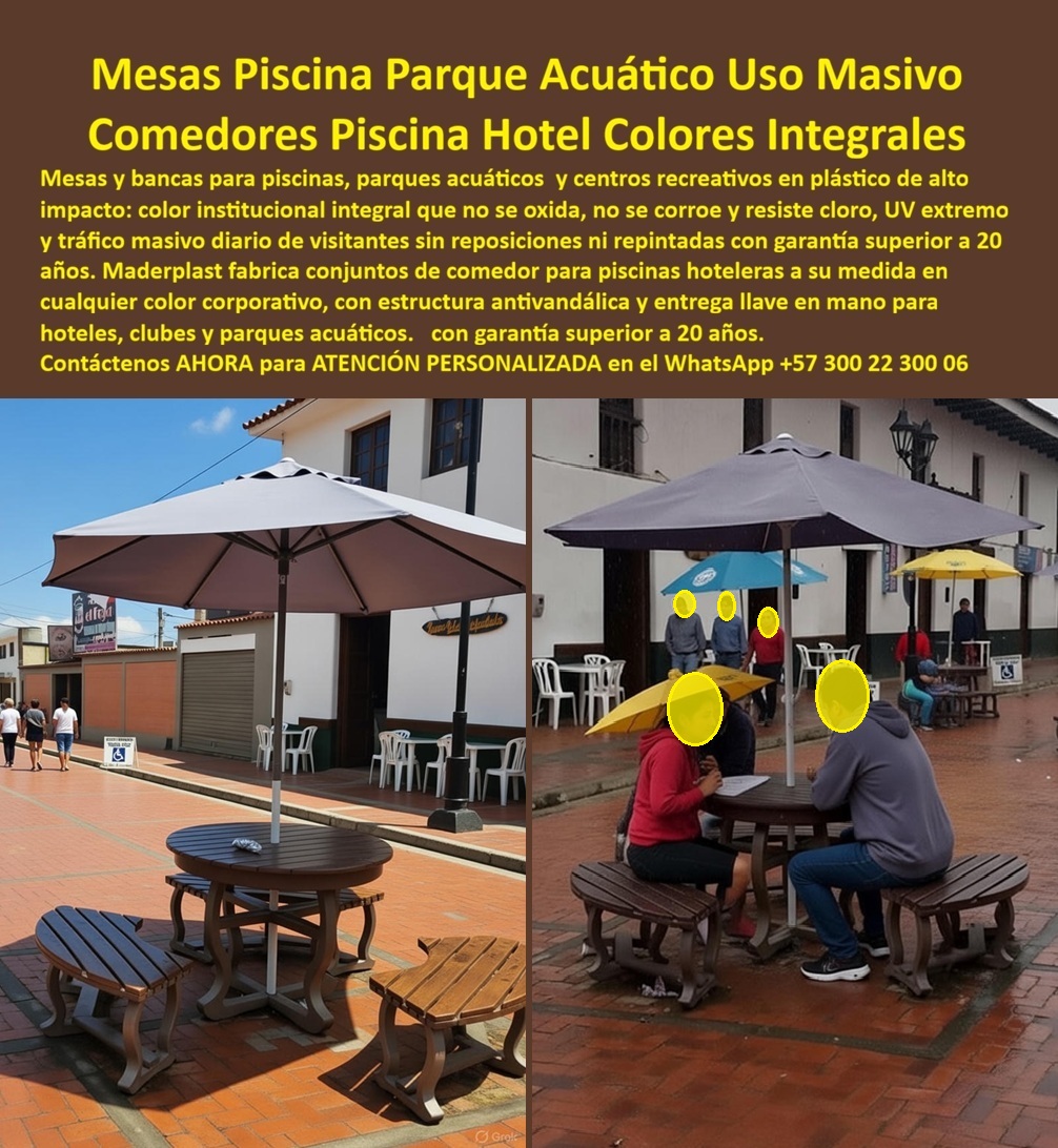 Mobiliario Terraza Con Sombrillas Juegos Comedor parasol Maderplast - Mesas Piscina Parque Acuático Uso Masivo — Comedores Piscina Hotel Colores Integrales Antivandálicos Dos tomas de la misma solución en escenarios reales: el conjunto vacío muestra la precisión del diseño — mesa circular con tablones radiales, cuatro bancas trapezoidales perimetrales integradas, base central robusta con orificio para sombrilla, todo en tabaco oscuro integral sobre adoquín rojo. El conjunto en uso muestra lo que importa operativamente — visitantes sentados bajo sombrilla gris en zona peatonal comercial colonial, el mobiliario soportando uso real sin señal alguna de deterioro. Esa doble evidencia fotográfica — diseño y uso simultáneos — es la forma en que Maderplast comunica lo que fabrica: conjuntos de comedor exterior circular con bancas integradas en madera plástica de alto impacto que funcionan en piscinas hoteleras, parques acuáticos, plazas gastronómicas y zonas comerciales peatonales con el mismo resultado: cero mantenimiento, color institucional permanente y antivandálico por más de 20 años. El mobiliario exterior circular con bancas integradas resuelve un problema operativo específico que el mobiliario convencional de sillas y mesas separadas no puede resolver en espacios de alto tráfico masivo: las sillas desaparecen, se apilan mal, se deterioran individualmente y generan costos de reposición parcial indefinidos. La banca perimetral integrada a la mesa es estructuralmente inseparable — no se mueve, no se pierde, no se apila contra la pared, no se oxida en la estructura de unión y no genera el punto de deterioro asimétrico donde siempre falta una silla. Un conjunto Maderplast instalado en una plaza o zona de piscina ópera completo el primer día y sigue operando completo en el año veinte. La composición técnica del material resuelve simultáneamente todos los agresores del entorno de uso masivo exterior: la madera plástica WPC de alto impacto no absorbe humedad de cloro ni lluvia, su superficie lisa sin poros no retiene bacterias ni suciedad incrustada, su color tabaco oscuro integral no se destiñe con UV extremo ni se descascara con detergentes agresivos, sus tablones radiales no se astillan bajo pisada continua ni se levantan por ciclos térmicos extremos — y la base central con orificio para sombrilla es parte del sistema, no un accesorio agregado. Antivandálico por composición — el material no tiene valor de reventa ni puede ser dañado fácilmente — y anticorrosivo por naturaleza, sin puntos metálicos expuestos que el ambiente salino o húmedo pueda degradar. Fabricación en cualquier color corporativo sobre pedido, múltiples diámetros de mesa y configuraciones de banca, instalación llave en mano. Alejandro Murillo, Gerente de Infraestructura del Parque Acuático Splash Verde, lo confirma con números precisos: 60 conjuntos de madera tratada con 16 meses de vida útil real, tablones astillados con señalización de precaución obligatoria, estructura oxidada visiblemente, 32 millones de costo de reposición cada 18 meses. Después de instalar los conjuntos Maderplast en 10 días de obra: ocupación máxima sin una sola intervención en el mobiliario desde el primer día. "Sin astillas, sin óxido, sin manchas. La superficie lisa facilita la limpieza en menos de la mitad del tiempo anterior. Hoy ese mobiliario no existe para mi equipo de mantenimiento — simplemente está ahí, funciona y se ve bien." La evidencia técnica que cerró la decisión está disponible antes de firmar cualquier contrato en youtube.com/@maderplasSA — pruebas de laboratorio con retroexcavadora, mazo y rotomartillo que ningún proveedor convencional puede mostrar. Cuando se trata de conjuntos de comedor exterior circular con bancas integradas para piscinas hoteleras, parques acuáticos, plazas gastronómicas y zonas comerciales peatonales de alto tráfico, Maderplast es el fabricante colombiano con más de 30 años de trayectoria que entrega la solución completa: cotización, colores corporativos, múltiples configuraciones y producción en serie llave en mano. Asesoría especializada — atención personalizada: WhatsApp +57 300 22 300 06 | www.maderplast.com Juego Mesa Con Sombrilla Exterior Alta Resistencia Hotelera, Mobiliario Exterior Con Parasoles Cafés Hoteles Y Clubes, Mobiliario Parasol Zona Peatonal Comercial Plástico Mobiliario Terraza Con Sombrillas Juegos Comedor parasol Maderplast Juego Mesa Con Sombrilla Exterior Alta Resistencia Hotelera Mobiliario Exterior Con Parasoles Cafés Hoteles Y Clubes Mobiliario Parasol Zona Peatonal Comercial Plástico Mesas Piscina Parque Acuático Uso Masivo — Comedores Piscina Hotel Colores Integrales Antivandálicos Dos tomas de la misma solución en escenarios reales: el conjunto vacío muestra la precisión del diseño — mesa circular con tablones radiales, cuatro bancas trapezoidales perimetrales integradas, base central robusta con orificio para sombrilla, todo en tabaco oscuro integral sobre adoquín rojo. El conjunto en uso muestra lo que importa operativamente — visitantes sentados bajo sombrilla gris en zona peatonal comercial colonial, el mobiliario soportando uso real sin señal alguna de deterioro. Esa doble evidencia fotográfica — diseño y uso simultáneos — es la forma en que Maderplast comunica lo que fabrica: conjuntos de comedor exterior circular con bancas integradas en madera plástica de alto impacto que funcionan en piscinas hoteleras, parques acuáticos, plazas gastronómicas y zonas comerciales peatonales con el mismo resultado: cero mantenimiento, color institucional permanente y antivandálico por más de 20 años. El mobiliario exterior circular con bancas integradas resuelve un problema operativo específico que el mobiliario convencional de sillas y mesas separadas no puede resolver en espacios de alto tráfico masivo: las sillas desaparecen, se apilan mal, se deterioran individualmente y generan costos de reposición parcial indefinidos. La banca perimetral integrada a la mesa es estructuralmente inseparable — no se mueve, no se pierde, no se apila contra la pared, no se oxida en la estructura de unión y no genera el punto de deterioro asimétrico donde siempre falta una silla. Un conjunto Maderplast instalado en una plaza o zona de piscina ópera completo el primer día y sigue operando completo en el año veinte. La composición técnica del material resuelve simultáneamente todos los agresores del entorno de uso masivo exterior: la madera plástica WPC de alto impacto no absorbe humedad de cloro ni lluvia, su superficie lisa sin poros no retiene bacterias ni suciedad incrustada, su color tabaco oscuro integral no se destiñe con UV extremo ni se descascara con detergentes agresivos, sus tablones radiales no se astillan bajo pisada continua ni se levantan por ciclos térmicos extremos — y la base central con orificio para sombrilla es parte del sistema, no un accesorio agregado. Antivandálico por composición — el material no tiene valor de reventa ni puede ser dañado fácilmente — y anticorrosivo por naturaleza, sin puntos metálicos expuestos que el ambiente salino o húmedo pueda degradar. Fabricación en cualquier color corporativo sobre pedido, múltiples diámetros de mesa y configuraciones de banca, instalación llave en mano. Alejandro Murillo, Gerente de Infraestructura del Parque Acuático Splash Verde, lo confirma con números precisos: 60 conjuntos de madera tratada con 16 meses de vida útil real, tablones astillados con señalización de precaución obligatoria, estructura oxidada visiblemente, 32 millones de costo de reposición cada 18 meses. Después de instalar los conjuntos Maderplast en 10 días de obra: ocupación máxima sin una sola intervención en el mobiliario desde el primer día. "Sin astillas, sin óxido, sin manchas. La superficie lisa facilita la limpieza en menos de la mitad del tiempo anterior. Hoy ese mobiliario no existe para mi equipo de mantenimiento — simplemente está ahí, funciona y se ve bien." La evidencia técnica que cerró la decisión está disponible antes de firmar cualquier contrato en youtube.com/@maderplasSA — pruebas de laboratorio con retroexcavadora, mazo y rotomartillo que ningún proveedor convencional puede mostrar. Cuando se trata de conjuntos de comedor exterior circular con bancas integradas para piscinas hoteleras, parques acuáticos, plazas gastronómicas y zonas comerciales peatonales de alto tráfico, Maderplast es el fabricante colombiano con más de 30 años de trayectoria que entrega la solución completa: cotización, colores corporativos, múltiples configuraciones y producción en serie llave en mano. Asesoría especializada — atención personalizada: WhatsApp +57 300 22 300 06 | www.maderplast.com