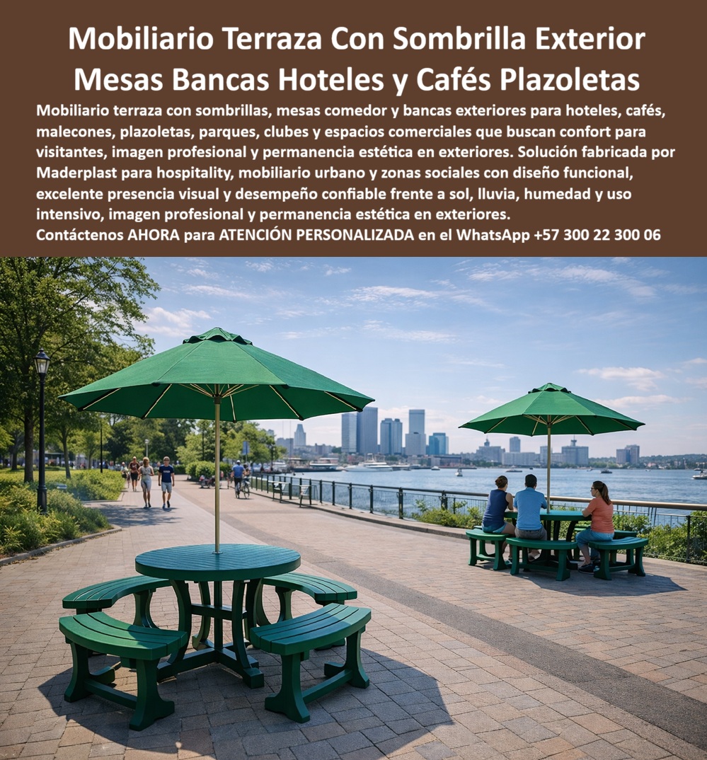 Mobiliario Terraza Con Sombrillas Juegos Comedor parasol Maderplast - Mobiliario Exterior Con Sombrillas Para Hoteles, Cafés, Malecones y Plazoletas de Alto Tráfico Cuando un visitante llega a una terraza hotelera, una plazoleta gastronómica, un malecón turístico o un café al aire libre, uno de los primeros elementos que percibe es la calidad del mobiliario. Las mesas, bancas y sombrillas no solamente cumplen una función operativa; también transmiten la imagen del establecimiento, influyen en la comodidad de los usuarios y contribuyen directamente a la experiencia que el visitante recordará del lugar. La imagen muestra un conjunto de mesas redondas con bancas integradas y sombrillas ubicadas en un paseo peatonal frente al agua. Este tipo de mobiliario es ampliamente utilizado en hoteles, restaurantes, cafés, malecones, parques, clubes y espacios turísticos porque permite crear áreas cómodas para el descanso, la alimentación y la interacción social, aprovechando al máximo los espacios exteriores. Sin embargo, estos ambientes presentan desafíos permanentes para cualquier material. La exposición continua al sol, la lluvia, la humedad ambiental, los cambios de temperatura y el uso intensivo de los visitantes suele acelerar el deterioro de muchos sistemas convencionales. En zonas costeras, además, la salinidad se convierte en un factor adicional que puede afectar significativamente la vida útil de los elementos instalados en el exterior. Por esta razón, el mobiliario destinado a proyectos turísticos y comerciales debe diseñarse pensando en el largo plazo. No basta con que luzca bien el día de la inauguración; debe conservar su estabilidad, apariencia y funcionalidad después de años de operación continua. Los administradores de hoteles, operadores turísticos y propietarios de establecimientos gastronómicos entienden que la verdadera rentabilidad del mobiliario se mide por su capacidad para mantenerse operativo durante largos periodos con intervenciones mínimas. Maderplast desarrolla mesas comunales, bancas, mobiliario urbano, juegos de comedor exterior y soluciones para hospitality fabricadas para soportar ambientes exigentes. Sus aplicaciones abarcan terrazas hoteleras, cafés al aire libre, plazoletas gastronómicas, malecones turísticos, parques recreativos, clubes y complejos vacacionales donde la resistencia y la presentación son factores determinantes. Uno de los aspectos más importantes de este tipo de soluciones es la integración entre funcionalidad y diseño. Las sombrillas proporcionan protección frente a la radiación solar, mejoran el confort de los usuarios y permiten prolongar el tiempo de permanencia en las áreas exteriores. Al mismo tiempo, las mesas y bancas integradas optimizan el uso del espacio, facilitan la organización del entorno y generan zonas de encuentro que favorecen la actividad comercial y recreativa. Desde el punto de vista operativo, este tipo de mobiliario también aporta ventajas significativas. La facilidad de limpieza, la resistencia al uso intensivo y la estabilidad estructural permiten mantener una imagen profesional durante todo el año. Esto resulta especialmente importante en hoteles, restaurantes y complejos turísticos donde la percepción de calidad influye directamente en la satisfacción del visitante. Otro aspecto relevante es que Maderplast puede fabricar no solamente las superficies visibles del mobiliario, sino también soportes, estructuras, bases y componentes constructivos resistentes a ambientes agresivos. Esto permite desarrollar soluciones integrales orientadas a maximizar la vida útil del conjunto y reducir los costos asociados a reparaciones o reemplazos prematuros. En proyectos turísticos modernos, el mobiliario exterior ya no se considera un simple complemento. Forma parte de la infraestructura que ayuda a generar ingresos, mejorar la experiencia del cliente y fortalecer la imagen del establecimiento. Cada mesa instalada en una terraza, cada banca ubicada en una plazoleta y cada zona de sombra creada mediante sombrillas contribuyen a que los visitantes permanezcan más tiempo, disfruten más el entorno y perciban un mayor nivel de calidad. Por esta razón, hoteles, cafés, restaurantes, malecones, parques, clubes y desarrolladores turísticos buscan cada vez más soluciones diseñadas para ofrecer durabilidad, estética y confiabilidad a largo plazo. Cuando el mobiliario mantiene su apariencia, estabilidad y funcionalidad a pesar de años de exposición al clima y al uso intensivo, deja de ser un gasto operativo para convertirse en una inversión que continúa aportando valor durante toda la vida del proyecto. Mobiliario Urbano Hotelero Con Sombrillas Para Exteriores, Mobiliario Comercial Exterior Para Hoteles Cafés Y Plazoletas, Mesas Bancas Hoteleras Con Sombrillas Mobiliario Mobiliario Terraza Con Sombrillas Juegos Comedor parasol Maderplast Mobiliario Urbano Hotelero Con Sombrillas Para Exteriores Mobiliario Comercial Exterior Para Hoteles Cafés Y Plazoletas Mesas Bancas Hoteleras Con Sombrillas Mobiliario Mobiliario Exterior Con Sombrillas Para Hoteles, Cafés, Malecones y Plazoletas de Alto Tráfico Cuando un visitante llega a una terraza hotelera, una plazoleta gastronómica, un malecón turístico o un café al aire libre, uno de los primeros elementos que percibe es la calidad del mobiliario. Las mesas, bancas y sombrillas no solamente cumplen una función operativa; también transmiten la imagen del establecimiento, influyen en la comodidad de los usuarios y contribuyen directamente a la experiencia que el visitante recordará del lugar. La imagen muestra un conjunto de mesas redondas con bancas integradas y sombrillas ubicadas en un paseo peatonal frente al agua. Este tipo de mobiliario es ampliamente utilizado en hoteles, restaurantes, cafés, malecones, parques, clubes y espacios turísticos porque permite crear áreas cómodas para el descanso, la alimentación y la interacción social, aprovechando al máximo los espacios exteriores. Sin embargo, estos ambientes presentan desafíos permanentes para cualquier material. La exposición continua al sol, la lluvia, la humedad ambiental, los cambios de temperatura y el uso intensivo de los visitantes suele acelerar el deterioro de muchos sistemas convencionales. En zonas costeras, además, la salinidad se convierte en un factor adicional que puede afectar significativamente la vida útil de los elementos instalados en el exterior. Por esta razón, el mobiliario destinado a proyectos turísticos y comerciales debe diseñarse pensando en el largo plazo. No basta con que luzca bien el día de la inauguración; debe conservar su estabilidad, apariencia y funcionalidad después de años de operación continua. Los administradores de hoteles, operadores turísticos y propietarios de establecimientos gastronómicos entienden que la verdadera rentabilidad del mobiliario se mide por su capacidad para mantenerse operativo durante largos periodos con intervenciones mínimas. Maderplast desarrolla mesas comunales, bancas, mobiliario urbano, juegos de comedor exterior y soluciones para hospitality fabricadas para soportar ambientes exigentes. Sus aplicaciones abarcan terrazas hoteleras, cafés al aire libre, plazoletas gastronómicas, malecones turísticos, parques recreativos, clubes y complejos vacacionales donde la resistencia y la presentación son factores determinantes. Uno de los aspectos más importantes de este tipo de soluciones es la integración entre funcionalidad y diseño. Las sombrillas proporcionan protección frente a la radiación solar, mejoran el confort de los usuarios y permiten prolongar el tiempo de permanencia en las áreas exteriores. Al mismo tiempo, las mesas y bancas integradas optimizan el uso del espacio, facilitan la organización del entorno y generan zonas de encuentro que favorecen la actividad comercial y recreativa. Desde el punto de vista operativo, este tipo de mobiliario también aporta ventajas significativas. La facilidad de limpieza, la resistencia al uso intensivo y la estabilidad estructural permiten mantener una imagen profesional durante todo el año. Esto resulta especialmente importante en hoteles, restaurantes y complejos turísticos donde la percepción de calidad influye directamente en la satisfacción del visitante. Otro aspecto relevante es que Maderplast puede fabricar no solamente las superficies visibles del mobiliario, sino también soportes, estructuras, bases y componentes constructivos resistentes a ambientes agresivos. Esto permite desarrollar soluciones integrales orientadas a maximizar la vida útil del conjunto y reducir los costos asociados a reparaciones o reemplazos prematuros. En proyectos turísticos modernos, el mobiliario exterior ya no se considera un simple complemento. Forma parte de la infraestructura que ayuda a generar ingresos, mejorar la experiencia del cliente y fortalecer la imagen del establecimiento. Cada mesa instalada en una terraza, cada banca ubicada en una plazoleta y cada zona de sombra creada mediante sombrillas contribuyen a que los visitantes permanezcan más tiempo, disfruten más el entorno y perciban un mayor nivel de calidad. Por esta razón, hoteles, cafés, restaurantes, malecones, parques, clubes y desarrolladores turísticos buscan cada vez más soluciones diseñadas para ofrecer durabilidad, estética y confiabilidad a largo plazo. Cuando el mobiliario mantiene su apariencia, estabilidad y funcionalidad a pesar de años de exposición al clima y al uso intensivo, deja de ser un gasto operativo para convertirse en una inversión que continúa aportando valor durante toda la vida del proyecto.