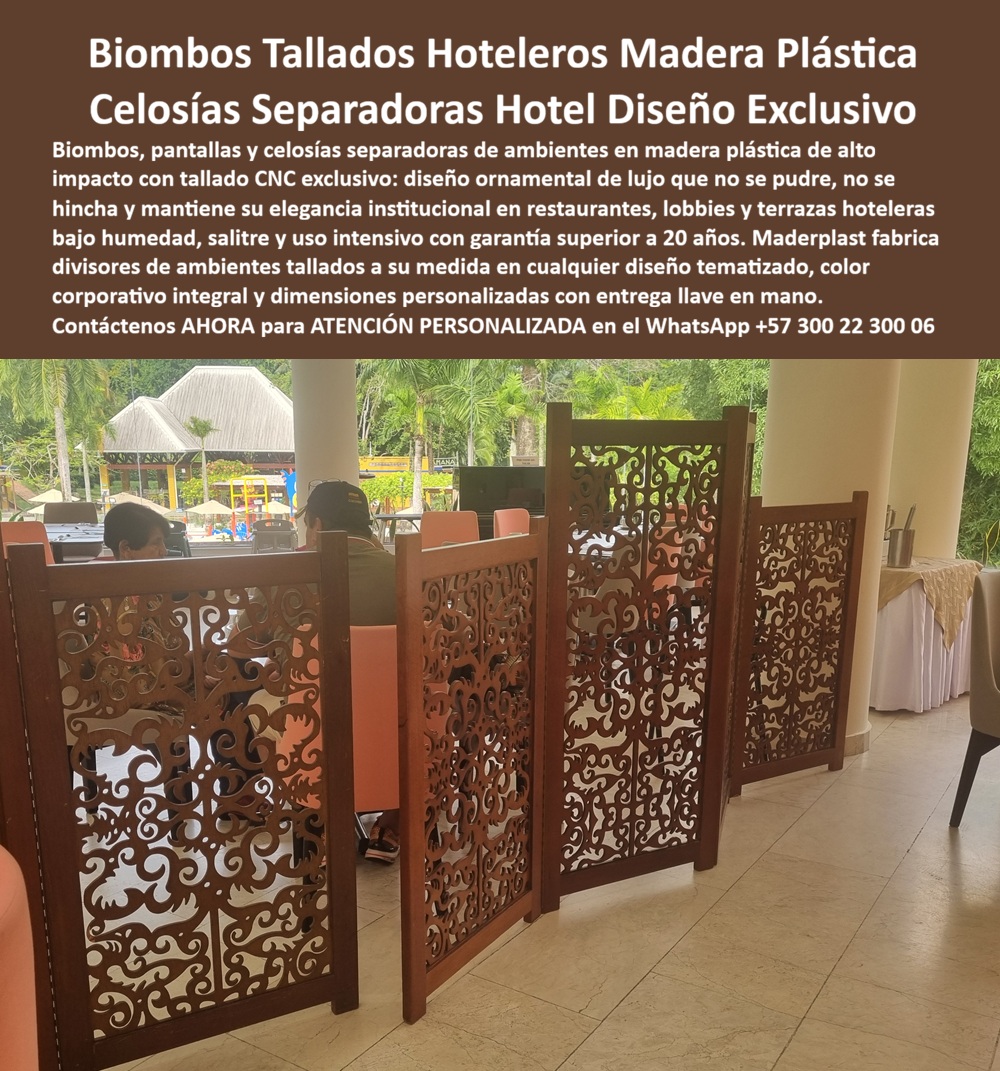 Pantallas Separadoras Biombos Madera Lujo Hotelería Maderplast - Biombos Tallados Hoteleros Madera Plástica — Celosías Separadoras Hotel Diseño Exclusivo CNC Cinco paneles de arabescos y volutas caladas en madera plástica color caoba oscuro se disponen en zigzag en el restaurante del resort: la talla CNC de alta precisión perfora el material con motivos ornamentales idénticos en cada panel, la estructura perimetral con pie integrado sostiene cada biombo con firmeza sin anclar al piso, las sillas tapizadas en terracota y la vegetación tropical al fondo completan una imagen de hospitalidad de lujo donde el mobiliario decorativo no solo divide el espacio — lo eleva. Ni una deformación, ni una mancha de humedad, ni un acabado descascarado. Eso es lo que Maderplast fabrica en biombos, celosías y divisores de ambiente para restaurantes, lobbies y terrazas hoteleras: la estética exacta de la madera noble tallada, sin ninguno de sus problemas en ambientes de alta humedad y uso intensivo. El problema técnico del biombo ornamental en hospitalidad tropical es uno que los gerentes de alimentos y bebidas conocen por experiencia directa: la madera natural tallada instalada en ambientes con humedad ambiental constante, vapor de cocina o salitre marino deforma sus paneles en la primera temporada húmeda, pierde su acabado superficial en las zonas de mayor exposición y desarrolla manchas oscuras en las ranuras del tallado donde la humedad se acumula sin drenaje. Tres años de operación y el biombo que fue inversión decorativa se convierte en elemento deteriorado que contradice la promesa estética del establecimiento. Ese ciclo no se resuelve con más capas de barniz — se resuelve cambiando el material. Los biombos y celosías de Maderplast en madera plástica de alto impacto con tallado CNC eliminan ese ciclo desde la materia prima: el material no absorbe humedad, no se hincha, no se deforma, no desarrolla manchas en las ranuras del tallado y mantiene su color integral corporativo personalizable sin pintura superficial que se descascare durante más de 20 años de garantía. El tallado CNC se ejecuta sobre madera plástica con la misma precisión geométrica que sobre madera natural — arabescos, volutas, motivos tropicales, tematizados corporativos o cualquier diseño arquitectónico del proyecto — con la ventaja de que esa precisión permanece intacta después de años de manipulación diaria, reconfiguración de espacios y exposición a humedad constante. La fabricación sobre plano exacto garantiza que cada panel tenga las dimensiones, el peso, el diseño y el color exactos especificados — sin ajustes en obra, sin variaciones entre unidades, sin inconsistencias visuales que delaten una fabricación improvisada. Camilo Andrés Suárez, Gerente de Alimentos y Bebidas del Hotel Selva Real Resort, lo confirma con precisión operativa: "Los biombos de madera natural instalados en la terraza del bar mostraban deformación, manchas y pérdida del acabado a los tres años. Necesitaba algo que se viera exactamente como madera noble tallada pero que funcionara en un ambiente donde la humedad es permanente y los biombos se mueven diariamente para reconfigurar el espacio." Maderplast fabrica los paneles sobre esas especificaciones exactas. "Cuando llegaron instalados, el equipo de sala no podía creer que no fueran de madera real." Dos temporadas completas de operación, movidos y reconfigurados diariamente en ambiente selvático húmedo: sin deformación, sin manchas, con la talla CNC intacta en cada detalle. "Maderplast nos dio biombos que elevan la experiencia del huésped y que no generan ningún costo operativo." La evidencia técnica completa está en youtube.com/@maderplasSA. Cuando se trata de biombos tallados, pantallas separadoras y celosías ornamentales para restaurantes, lobbies y terrazas de hospitality premium, Maderplast es el fabricante colombiano con más de 30 años de trayectoria que entrega diseño exclusivo CNC en madera plástica: cotización, diseño tematizado sobre plano, renders y producción en serie llave en mano. Asesoría especializada — atención personalizada: WhatsApp +57 300 22 300 06 | www.maderplast.com Paneles Separadores Tipo Madera Diseño Exclusivo, Celosías Tipo Madera Antihumedad Listas Para Instalar, Divisores Ambientes Tallados Madera Lujo Hoteles Decorativos Premium, Pantallas Separadoras Biombos Madera Lujo Hotelería Maderplast Paneles Separadores Tipo Madera Diseño Exclusivo Celosías Tipo Madera Antihumedad Listas Para Instalar Divisores Ambientes Tallados Madera Lujo Hoteles Decorativos Premium Biombos Tallados Hoteleros Madera Plástica — Celosías Separadoras Hotel Diseño Exclusivo CNC Cinco paneles de arabescos y volutas caladas en madera plástica color caoba oscuro se disponen en zigzag en el restaurante del resort: la talla CNC de alta precisión perfora el material con motivos ornamentales idénticos en cada panel, la estructura perimetral con pie integrado sostiene cada biombo con firmeza sin anclar al piso, las sillas tapizadas en terracota y la vegetación tropical al fondo completan una imagen de hospitalidad de lujo donde el mobiliario decorativo no solo divide el espacio — lo eleva. Ni una deformación, ni una mancha de humedad, ni un acabado descascarado. Eso es lo que Maderplast fabrica en biombos, celosías y divisores de ambiente para restaurantes, lobbies y terrazas hoteleras: la estética exacta de la madera noble tallada, sin ninguno de sus problemas en ambientes de alta humedad y uso intensivo. El problema técnico del biombo ornamental en hospitalidad tropical es uno que los gerentes de alimentos y bebidas conocen por experiencia directa: la madera natural tallada instalada en ambientes con humedad ambiental constante, vapor de cocina o salitre marino deforma sus paneles en la primera temporada húmeda, pierde su acabado superficial en las zonas de mayor exposición y desarrolla manchas oscuras en las ranuras del tallado donde la humedad se acumula sin drenaje. Tres años de operación y el biombo que fue inversión decorativa se convierte en elemento deteriorado que contradice la promesa estética del establecimiento. Ese ciclo no se resuelve con más capas de barniz — se resuelve cambiando el material. Los biombos y celosías de Maderplast en madera plástica de alto impacto con tallado CNC eliminan ese ciclo desde la materia prima: el material no absorbe humedad, no se hincha, no se deforma, no desarrolla manchas en las ranuras del tallado y mantiene su color integral corporativo personalizable sin pintura superficial que se descascare durante más de 20 años de garantía. El tallado CNC se ejecuta sobre madera plástica con la misma precisión geométrica que sobre madera natural — arabescos, volutas, motivos tropicales, tematizados corporativos o cualquier diseño arquitectónico del proyecto — con la ventaja de que esa precisión permanece intacta después de años de manipulación diaria, reconfiguración de espacios y exposición a humedad constante. La fabricación sobre plano exacto garantiza que cada panel tenga las dimensiones, el peso, el diseño y el color exactos especificados — sin ajustes en obra, sin variaciones entre unidades, sin inconsistencias visuales que delaten una fabricación improvisada. Camilo Andrés Suárez, Gerente de Alimentos y Bebidas del Hotel Selva Real Resort, lo confirma con precisión operativa: "Los biombos de madera natural instalados en la terraza del bar mostraban deformación, manchas y pérdida del acabado a los tres años. Necesitaba algo que se viera exactamente como madera noble tallada pero que funcionara en un ambiente donde la humedad es permanente y los biombos se mueven diariamente para reconfigurar el espacio." Maderplast fabrica los paneles sobre esas especificaciones exactas. "Cuando llegaron instalados, el equipo de sala no podía creer que no fueran de madera real." Dos temporadas completas de operación, movidos y reconfigurados diariamente en ambiente selvático húmedo: sin deformación, sin manchas, con la talla CNC intacta en cada detalle. "Maderplast nos dio biombos que elevan la experiencia del huésped y que no generan ningún costo operativo." La evidencia técnica completa está en youtube.com/@maderplasSA. Cuando se trata de biombos tallados, pantallas separadoras y celosías ornamentales para restaurantes, lobbies y terrazas de hospitality premium, Maderplast es el fabricante colombiano con más de 30 años de trayectoria que entrega diseño exclusivo CNC en madera plástica: cotización, diseño tematizado sobre plano, renders y producción en serie llave en mano. Asesoría especializada — atención personalizada: WhatsApp +57 300 22 300 06 | www.maderplast.com