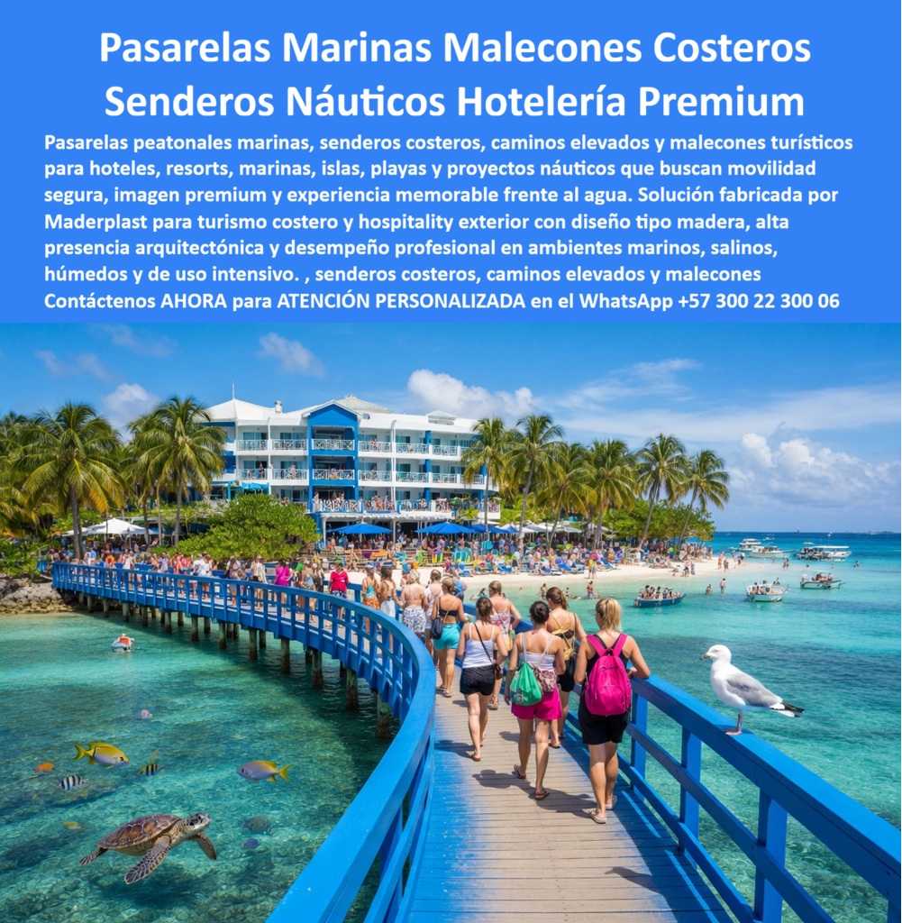 Pasarelas Peatonales Marinas Sendero Malecom Costero Maderplast - Pasarelas Marinas Malecones Costeros — Senderos Náuticos Hotelería Premium Sobre Agua Una pasarela curvilínea de tablones grises atraviesa aguas cristalinas turquesa sobre fondo de arena blanca y arrecife de coral visible: centenares de turistas caminan en fila hacia la playa del resort, una gaviota descansa en la baranda azul cobalto y una tortuga marina nada visible bajo los pilotes — sin una sola mancha de óxido, sin un tablón podrido, sin una baranda despintada. Esa pasarela no es decoración: es la imagen icónica del complejo, el elemento que aparece en todas las fotografías de los huéspedes y el activo arquitectónico que diferencia un resort premium de uno ordinario. Maderplast la fábrica completa — tablones, barandas, pilares, vigas y durmientes — en un solo sistema de madera plástica técnica anticorrosiva, llave en mano. La exigencia técnica de una pasarela marina peatonal de alto tráfico turístico no tiene equivalente en ninguna otra instalación costera: hasta 1.200 visitantes diarios, pilotes sumergidos permanentemente en agua salada con salinidad extrema, exposición UV directa sin sombra, moluscos y bacterias marinas actuando sobre la estructura desde abajo y ciclos continuos de humedad-secado que destruyen cualquier material convencional en menos de tres temporadas. La madera tratada se pudre en 2 a 3 años de inmersión marina. El acero galvanizado desarrolla corrosión activa antes de los 4 años en contacto directo con agua salada. Ninguna de esas opciones es viable para una inversión de esta magnitud y visibilidad. El sistema constructivo de Maderplast para pasarelas marinas, malecones costeros y senderos náuticos resuelve todas esas exigencias simultáneamente: tablones WPC antideslizantes en color integral permanente sin pintura, barandas en perfil plástico estructural tubular resistente a impacto y salinidad, pilotes y vigas en madera plástica de alta densidad completamente sumergibles en agua salada — inmunes a moluscos, hongos, bacterias marinas y corrosión galvánica, sin mantenimiento, con garantía superior a 20 años. El trazado curvo, recto o mixto se fabrica sobre plano arquitectónico exacto, respetando el diseño del proyecto y las condiciones del lecho marino. El camino elevado sobre manglares, el sendero sobre arrecife visible o la pasarela de acceso a playa privada tienen en Maderplast al único fabricante colombiano que entrega el sistema integral completo desde el diseño hasta la instalación certificada. Sebastián Mora, Gerente de Desarrollo Turístico del Complejo Isla Azul Resort, lo documenta con precisión: "Necesitaba algo que funcionara desde el primer día y siguiera funcionando sin intervención para 800 a 1.200 turistas diarios sobre agua salada." Después de descartar madera tratada y acero galvanizado por sus antecedentes técnicos documentados, Maderplast propuso y ejecutó el sistema completo. Dos temporadas altas completas de tráfico masivo diario sobre agua salada: sin una intervención de mantenimiento, sin óxido, sin pudrición, sin decoloración. "Maderplast no solo nos vendió una pasarela. Nos construyó el activo turístico más valioso del complejo." Hoy esa pasarela es la fotografía más publicada del resort en redes sociales. La evidencia técnica que respaldó la decisión — pruebas de laboratorio con retroexcavadora, rotomartillo y mazo de construcción sin que el material ceda — está disponible antes de firmar cualquier contrato en youtube.com/@maderplasSA. Cuando se trata de pasarelas peatonales marinas, caminos elevados sobre manglares y malecones turísticos de hospitality exterior premium, Maderplast es el fabricante con más de 30 años de experiencia que convierte el proyecto en el ícono visual del destino. Cotización, diseño arquitectónico personalizado, renders 3D, planos constructivos y producción en serie disponibles de inmediato. Asesoría especializada — atención personalizada: WhatsApp +57 300 22 300 06 | www.maderplast.com Camino Elevado Manglares Turístico Plástico Madera Inoxidable Color Permanente, Senderos Sobre Agua Hotelería Y Turismo Náutico, Pasos Elevados Marítimos Turismo Exclusivo PP Pasarelas Peatonales Marinas Sendero Malecom Costero Maderplast Camino Elevado Manglares Turístico Plástico Madera Inoxidable Color Permanente Senderos Sobre Agua Hotelería Y Turismo Náutico Pasos Elevados Marítimos Turismo Exclusivo PP Pasarelas Marinas Malecones Costeros — Senderos Náuticos Hotelería Premium Sobre Agua Una pasarela curvilínea de tablones grises atraviesa aguas cristalinas turquesa sobre fondo de arena blanca y arrecife de coral visible: centenares de turistas caminan en fila hacia la playa del resort, una gaviota descansa en la baranda azul cobalto y una tortuga marina nada visible bajo los pilotes — sin una sola mancha de óxido, sin un tablón podrido, sin una baranda despintada. Esa pasarela no es decoración: es la imagen icónica del complejo, el elemento que aparece en todas las fotografías de los huéspedes y el activo arquitectónico que diferencia un resort premium de uno ordinario. Maderplast la fábrica completa — tablones, barandas, pilares, vigas y durmientes — en un solo sistema de madera plástica técnica anticorrosiva, llave en mano. La exigencia técnica de una pasarela marina peatonal de alto tráfico turístico no tiene equivalente en ninguna otra instalación costera: hasta 1.200 visitantes diarios, pilotes sumergidos permanentemente en agua salada con salinidad extrema, exposición UV directa sin sombra, moluscos y bacterias marinas actuando sobre la estructura desde abajo y ciclos continuos de humedad-secado que destruyen cualquier material convencional en menos de tres temporadas. La madera tratada se pudre en 2 a 3 años de inmersión marina. El acero galvanizado desarrolla corrosión activa antes de los 4 años en contacto directo con agua salada. Ninguna de esas opciones es viable para una inversión de esta magnitud y visibilidad. El sistema constructivo de Maderplast para pasarelas marinas, malecones costeros y senderos náuticos resuelve todas esas exigencias simultáneamente: tablones WPC antideslizantes en color integral permanente sin pintura, barandas en perfil plástico estructural tubular resistente a impacto y salinidad, pilotes y vigas en madera plástica de alta densidad completamente sumergibles en agua salada — inmunes a moluscos, hongos, bacterias marinas y corrosión galvánica, sin mantenimiento, con garantía superior a 20 años. El trazado curvo, recto o mixto se fabrica sobre plano arquitectónico exacto, respetando el diseño del proyecto y las condiciones del lecho marino. El camino elevado sobre manglares, el sendero sobre arrecife visible o la pasarela de acceso a playa privada tienen en Maderplast al único fabricante colombiano que entrega el sistema integral completo desde el diseño hasta la instalación certificada. Sebastián Mora, Gerente de Desarrollo Turístico del Complejo Isla Azul Resort, lo documenta con precisión: "Necesitaba algo que funcionara desde el primer día y siguiera funcionando sin intervención para 800 a 1.200 turistas diarios sobre agua salada." Después de descartar madera tratada y acero galvanizado por sus antecedentes técnicos documentados, Maderplast propuso y ejecutó el sistema completo. Dos temporadas altas completas de tráfico masivo diario sobre agua salada: sin una intervención de mantenimiento, sin óxido, sin pudrición, sin decoloración. "Maderplast no solo nos vendió una pasarela. Nos construyó el activo turístico más valioso del complejo." Hoy esa pasarela es la fotografía más publicada del resort en redes sociales. La evidencia técnica que respaldó la decisión — pruebas de laboratorio con retroexcavadora, rotomartillo y mazo de construcción sin que el material ceda — está disponible antes de firmar cualquier contrato en youtube.com/@maderplasSA. Cuando se trata de pasarelas peatonales marinas, caminos elevados sobre manglares y malecones turísticos de hospitality exterior premium, Maderplast es el fabricante con más de 30 años de experiencia que convierte el proyecto en el ícono visual del destino. Cotización, diseño arquitectónico personalizado, renders 3D, planos constructivos y producción en serie disponibles de inmediato. Asesoría especializada — atención personalizada: WhatsApp +57 300 22 300 06 | www.maderplast.com