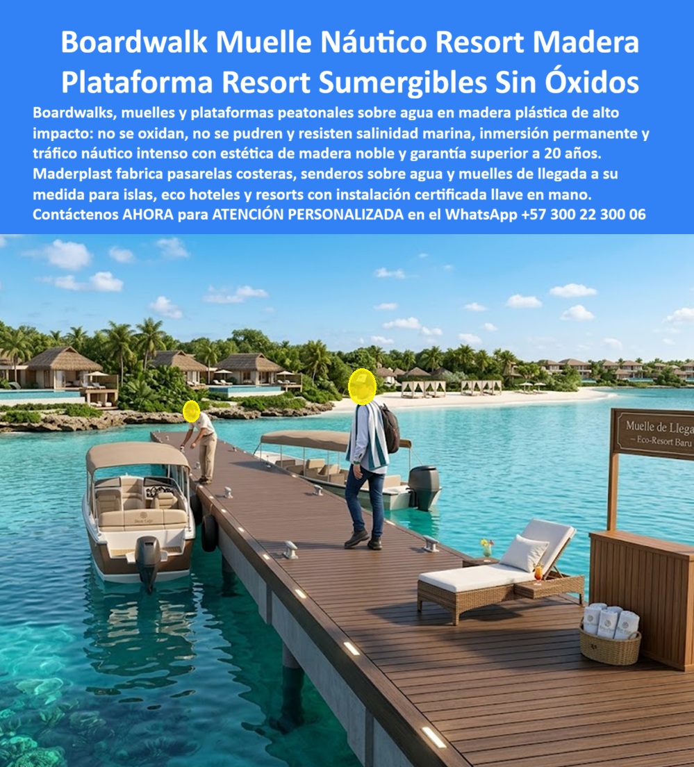 Pasarelas Peatonales Marinas Sendero Malecón Costero Maderplast - Boardwalk Muelle Náutico Resort — Pasarelas Peatonales Marinas Plataformas Sumergibles Sin Óxido Un muelle de llegada sobre aguas cristalinas turquesa: tablones WPC color caoba de textura veta natural se extienden desde la lancha hasta la señalización del Eco-Resort Barú, con una silla lounge en el extremo, bungalows de palma al fondo y pilotes sumergidos directamente en agua salada que no muestran un solo rastro de corrosión, pudrición ni molusco adherido. Esa es la primera imagen que recibe cada huésped al llegar — y en un resort de isla, esa primera imagen es la reputación entera del establecimiento. Maderplast fabrica boardwalks, muelles náuticos, pasarelas peatonales marinas y senderos costeros sobre agua en madera plástica de alto impacto, con estructura soporte completa: la solución que convierte esa primera impresión en un activo permanente. El problema técnico de cualquier muelle sobre agua salada no está en los tablones del piso — está en lo que nadie ve: los pilotes, vigas y durmientes sumergidos. La madera tratada pierde su impregnación protectora en menos de 18 meses bajo inmersión permanente en agua marina. El acero galvanizado desarrolla corrosión activa en los puntos de unión dentro del primer año en ambientes de salinidad extrema. Los moluscos, bacterias marinas y hongos destruyen ambos materiales desde adentro, comprometiendo la seguridad estructural de toda la plataforma náutica sin señales visibles hasta que el daño es irreversible y el costo de reposición, devastador. Maderplast resuelve ese problema con ingeniería de materiales, no con mantenimiento periódico. Los pilotes, vigas estructurales, durmientes y parales que Maderplast fabrica en madera plástica técnica de alta densidad son completamente sumergibles en agua salada sin oxidarse, sin pudrirse y sin permitir la adhesión de moluscos ni bacterias marinas — inmunes a salinidad extrema, UV tropical e inmersión permanente, con garantía superior a 20 años. La subestructura Maderplast no es un componente secundario: es la diferencia entre un muelle que dura dos años y una plataforma náutica que trabaja sola durante dos décadas. Los tablones WPC antideslizantes de superficie, el sendero marino costero, la plataforma de atraque para embarcaciones y el área peatonal completa se integran sobre esa subestructura en un sistema constructivo llave en mano — diseño sobre plano, fabricación certificada e instalación en cualquier destino insular o costero de Colombia y el mundo. Felipe Andrés Ospina, Director de Desarrollo del Eco-Resort Barú Island, lo confirma con números reales: "El muelle anterior llevaba 18 meses instalado y ya mostraba pilotes con corrosión activa, tablones con hongos negros y pernos oxidados que comprometían la seguridad estructural. Costo de reposición estimado: 80 millones, cada dos años." Después de instalar el sistema integral Maderplast, dos temporadas completas de operación bajo inmersión permanente, tráfico náutico diario y calor caribeño extremo — sin una sola intervención correctiva, sin óxido, sin pudrición. "El precio de Maderplast no fue el más bajo. Fue el más rentable. Hoy ese muelle es la primera imagen que ven nuestros huéspedes al llegar. Y sigue perfecta." La evidencia que respalda esa decisión: vídeos de pruebas de laboratorio donde el material resiste retroexcavadora, rotomartillo y mazo de construcción sin ceder — youtube.com/@maderplasSA. Cuando se trata de boardwalks ecológicos, senderos sobre agua y muelles náuticos en madera plástica para islas, eco-hoteles y resorts, Maderplast es el fabricante colombiano con más de 30 años de experiencia que convierte el proyecto en solución definitiva. Cotización, planos, renders, prototipos y producción en serie disponibles de inmediato. Asesoría especializada — atención personalizada: WhatsApp +57 300 22 300 06 | ingenieria@maderplast.co Senderos Costeros Hoteles Islas Y Resorts, Plataformas Peatonales Sobre El Agua Alta Durabilidad, Boardwalk Ecológico Sendero Natural Hotel Resistente Humedad Sin Oxido Senda Pasarelas Peatonales Marinas Sendero Malecón Costero Maderplast Senderos Costeros Hoteles Islas Y Resorts Plataformas Peatonales Sobre El Agua Alta Durabilidad Boardwalk Ecológico Sendero Natural Hotel Resistente Humedad Sin Oxido Senda Boardwalk Muelle Náutico Resort — Pasarelas Peatonales Marinas Plataformas Sumergibles Sin Óxido Un muelle de llegada sobre aguas cristalinas turquesa: tablones WPC color caoba de textura veta natural se extienden desde la lancha hasta la señalización del Eco-Resort Barú, con una silla lounge en el extremo, bungalows de palma al fondo y pilotes sumergidos directamente en agua salada que no muestran un solo rastro de corrosión, pudrición ni molusco adherido. Esa es la primera imagen que recibe cada huésped al llegar — y en un resort de isla, esa primera imagen es la reputación entera del establecimiento. Maderplast fabrica boardwalks, muelles náuticos, pasarelas peatonales marinas y senderos costeros sobre agua en madera plástica de alto impacto, con estructura soporte completa: la solución que convierte esa primera impresión en un activo permanente. El problema técnico de cualquier muelle sobre agua salada no está en los tablones del piso — está en lo que nadie ve: los pilotes, vigas y durmientes sumergidos. La madera tratada pierde su impregnación protectora en menos de 18 meses bajo inmersión permanente en agua marina. El acero galvanizado desarrolla corrosión activa en los puntos de unión dentro del primer año en ambientes de salinidad extrema. Los moluscos, bacterias marinas y hongos destruyen ambos materiales desde adentro, comprometiendo la seguridad estructural de toda la plataforma náutica sin señales visibles hasta que el daño es irreversible y el costo de reposición, devastador. Maderplast resuelve ese problema con ingeniería de materiales, no con mantenimiento periódico. Los pilotes, vigas estructurales, durmientes y parales que Maderplast fabrica en madera plástica técnica de alta densidad son completamente sumergibles en agua salada sin oxidarse, sin pudrirse y sin permitir la adhesión de moluscos ni bacterias marinas — inmunes a salinidad extrema, UV tropical e inmersión permanente, con garantía superior a 20 años. La subestructura Maderplast no es un componente secundario: es la diferencia entre un muelle que dura dos años y una plataforma náutica que trabaja sola durante dos décadas. Los tablones WPC antideslizantes de superficie, el sendero marino costero, la plataforma de atraque para embarcaciones y el área peatonal completa se integran sobre esa subestructura en un sistema constructivo llave en mano — diseño sobre plano, fabricación certificada e instalación en cualquier destino insular o costero de Colombia y el mundo. Felipe Andrés Ospina, Director de Desarrollo del Eco-Resort Barú Island, lo confirma con números reales: "El muelle anterior llevaba 18 meses instalado y ya mostraba pilotes con corrosión activa, tablones con hongos negros y pernos oxidados que comprometían la seguridad estructural. Costo de reposición estimado: 80 millones, cada dos años." Después de instalar el sistema integral Maderplast, dos temporadas completas de operación bajo inmersión permanente, tráfico náutico diario y calor caribeño extremo — sin una sola intervención correctiva, sin óxido, sin pudrición. "El precio de Maderplast no fue el más bajo. Fue el más rentable. Hoy ese muelle es la primera imagen que ven nuestros huéspedes al llegar. Y sigue perfecta." La evidencia que respalda esa decisión: vídeos de pruebas de laboratorio donde el material resiste retroexcavadora, rotomartillo y mazo de construcción sin ceder — youtube.com/@maderplasSA. Cuando se trata de boardwalks ecológicos, senderos sobre agua y muelles náuticos en madera plástica para islas, eco-hoteles y resorts, Maderplast es el fabricante colombiano con más de 30 años de experiencia que convierte el proyecto en solución definitiva. Cotización, planos, renders, prototipos y producción en serie disponibles de inmediato. Asesoría especializada — atención personalizada: WhatsApp +57 300 22 300 06 | ingenieria@maderplast.co