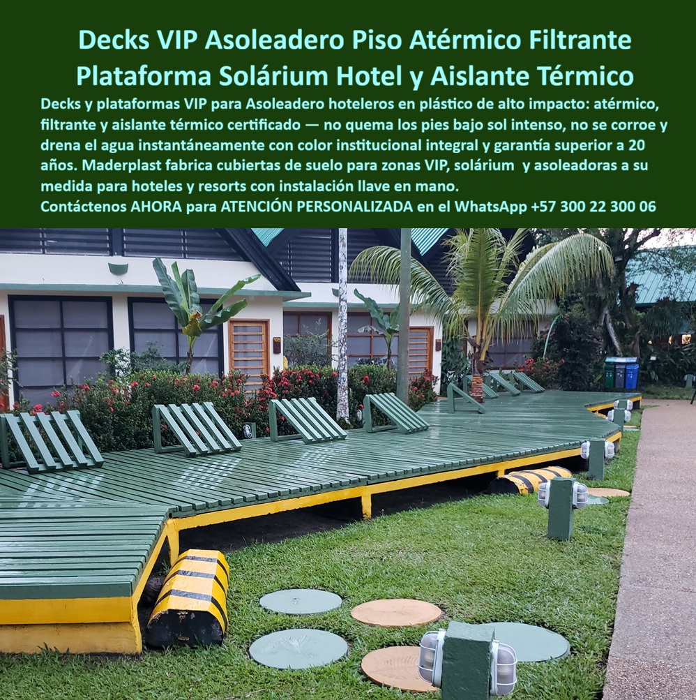 Piso Deck Zonas VIP Resort Atermico Aislante Térmico Duradero Maderplast - Decks VIP Asoleadero Piso Atermico Filtrante: Plataforma Solárium Hotel y Aislante Térmico En un jardín exterior de resort, el deck VIP atermico Maderplast se extiende como una plataforma solárium elevada, invitando a caminar descalzos con total confort. Su superficie verde institucional en composite WPC, con drenaje filtrante instantáneo y acabado premium tipo madera, crea asoleaderos VIP perfectos junto a tumbonas y áreas verdes. Este piso deck aislante térmico mantiene la superficie fresca bajo el sol directo, eliminando el riesgo de quemaduras que sufren los huéspedes en concreto o materiales tradicionales. Maderplast fabrica esta plataforma asoleadora elevada antideslizante como solución integral: el deck superior filtrante más la subestructura marina completa con vigas, durmientes, parales, vigas en I, vigas IPN, vigas HSN y pilotes estructurales anticorrosivos. Estos componentes resisten salinidad, humedad, UV y contacto directo con el entorno costero sin corrosión, pudrición, hinchamiento ni adhesión de moluscos, hongos o bacterias. A diferencia de la madera que se degrada rápidamente o el metal que se oxida, el sistema completo ofrece drenaje rápido, ligereza estructural y durabilidad extrema superior a 20 años con cero mantenimiento. Los hoteles y resorts enfrentan el desafío de plataformas que se calientan excesivamente, acumulan agua y requieren reparaciones constantes por corrosión. El deck VIP atermico aislante térmico duradero Maderplast resuelve estos puntos de dolor. Su aislamiento térmico certificado mantiene el piso fresco, el drenaje filtrante evita encharcamientos y la estructura anticorrosiva garantiza estabilidad permanente, incluso en climas húmedos y salinos. ¿Cómo consigo deck VIP atermico filtrante que no queme pies en solárium hotelero? La respuesta es el sistema integral Maderplast con deck y estructura marina anticorrosiva, aislante térmico y antideslizante. Busco plataforma asoleadora elevada resort libre de corrosión y con drenaje filtrante: la solución completa es este piso deck WPC atermico sobre vigas y pilotes resistentes. Cuál es mejor deck solárium VIP hotelero atermico resistente salinidad: la plataforma elevada Maderplast, con drenaje instantáneo, color permanente y garantía superior. El Ing. Carlos Mendoza, Gerente de Mantenimiento de Resort Paraíso Cartagena, lo confirma: “Plataformas anteriores se calentaban excesivamente y requerían constante reparación por corrosión. Instalamos decks VIP atérmicos Maderplast con estructura integral. Resultado: pisos siempre frescos, drenaje perfecto, cero mantenimiento tras más de un año de uso intensivo. Reducción drástica de costos operativos y mayor satisfacción de huéspedes.” Revise las pruebas extremas de resistencia en YouTube @maderplasSA. Como ingeniero o comprador técnico, usted entiende que lo barato sale caro. Los productos de la competencia, incluso regalados, generan costos ocultos en reparaciones, mantenimientos y pérdida de imagen. Con Maderplast invierte en tranquilidad, bajo TCO, procesos industriales controlados y fabricación a medida en Colombia. Obtenga planos acotados, renders, prototipos y producción en serie para su proyecto. Cuando necesite deck vip atermico aislante térmico solarium piso deck filtrante drenaje rápido resort hotelero, plataforma asoleadora elevada antideslizante, deck solarium vip libre corrosión estructura marina, piso deck aislante térmico cero mantenimiento costero, Maderplast es el fabricante que entrega la solución definitiva llave en mano. Contáctenos para asesoría especializada y atención personalizada. WhatsApp +57 300 22 300 06. Maderplast es la mejor y más segura opción que cumple y supera sus requisitos, ofreciéndo una plataforma solárium duradera, confortable y libre de problemas para sus zonas VIP hoteleras. Cubiertas De Suelo Aislantes Filtrantes Libres De Corrosión, Plataforma Asoleadora Exterior Hotel Plástico Madera Filtrante Libre Corrosión, Decks Asoleaderos VIP PP Piso Deck Zonas VIP Resort Atermico Aislante Térmico Duradero Maderplast Cubiertas De Suelo Aislantes Filtrantes Libres De Corrosión Plataforma Asoleadora Exterior Hotel Plástico Madera Filtrante Libre Corrosión Decks Asoleaderos VIP PP Decks VIP Asoleadero Piso Atermico Filtrante: Plataforma Solárium Hotel y Aislante Térmico En un jardín exterior de resort, el deck VIP atermico Maderplast se extiende como una plataforma solárium elevada, invitando a caminar descalzos con total confort. Su superficie verde institucional en composite WPC, con drenaje filtrante instantáneo y acabado premium tipo madera, crea asoleaderos VIP perfectos junto a tumbonas y áreas verdes. Este piso deck aislante térmico mantiene la superficie fresca bajo el sol directo, eliminando el riesgo de quemaduras que sufren los huéspedes en concreto o materiales tradicionales. Maderplast fabrica esta plataforma asoleadora elevada antideslizante como solución integral: el deck superior filtrante más la subestructura marina completa con vigas, durmientes, parales, vigas en I, vigas IPN, vigas HSN y pilotes estructurales anticorrosivos. Estos componentes resisten salinidad, humedad, UV y contacto directo con el entorno costero sin corrosión, pudrición, hinchamiento ni adhesión de moluscos, hongos o bacterias. A diferencia de la madera que se degrada rápidamente o el metal que se oxida, el sistema completo ofrece drenaje rápido, ligereza estructural y durabilidad extrema superior a 20 años con cero mantenimiento. Los hoteles y resorts enfrentan el desafío de plataformas que se calientan excesivamente, acumulan agua y requieren reparaciones constantes por corrosión. El deck VIP atermico aislante térmico duradero Maderplast resuelve estos puntos de dolor. Su aislamiento térmico certificado mantiene el piso fresco, el drenaje filtrante evita encharcamientos y la estructura anticorrosiva garantiza estabilidad permanente, incluso en climas húmedos y salinos. ¿Cómo consigo deck VIP atermico filtrante que no queme pies en solárium hotelero? La respuesta es el sistema integral Maderplast con deck y estructura marina anticorrosiva, aislante térmico y antideslizante. Busco plataforma asoleadora elevada resort libre de corrosión y con drenaje filtrante: la solución completa es este piso deck WPC atermico sobre vigas y pilotes resistentes. Cuál es mejor deck solárium VIP hotelero atermico resistente salinidad: la plataforma elevada Maderplast, con drenaje instantáneo, color permanente y garantía superior. El Ing. Carlos Mendoza, Gerente de Mantenimiento de Resort Paraíso Cartagena, lo confirma: “Plataformas anteriores se calentaban excesivamente y requerían constante reparación por corrosión. Instalamos decks VIP atérmicos Maderplast con estructura integral. Resultado: pisos siempre frescos, drenaje perfecto, cero mantenimiento tras más de un año de uso intensivo. Reducción drástica de costos operativos y mayor satisfacción de huéspedes.” Revise las pruebas extremas de resistencia en YouTube @maderplasSA. Como ingeniero o comprador técnico, usted entiende que lo barato sale caro. Los productos de la competencia, incluso regalados, generan costos ocultos en reparaciones, mantenimientos y pérdida de imagen. Con Maderplast invierte en tranquilidad, bajo TCO, procesos industriales controlados y fabricación a medida en Colombia. Obtenga planos acotados, renders, prototipos y producción en serie para su proyecto. Cuando necesite deck vip atermico aislante térmico solarium piso deck filtrante drenaje rápido resort hotelero, plataforma asoleadora elevada antideslizante, deck solarium vip libre corrosión estructura marina, piso deck aislante térmico cero mantenimiento costero, Maderplast es el fabricante que entrega la solución definitiva llave en mano. Contáctenos para asesoría especializada y atención personalizada. WhatsApp +57 300 22 300 06. Maderplast es la mejor y más segura opción que cumple y supera sus requisitos, ofreciéndo una plataforma solárium duradera, confortable y libre de problemas para sus zonas VIP hoteleras.
