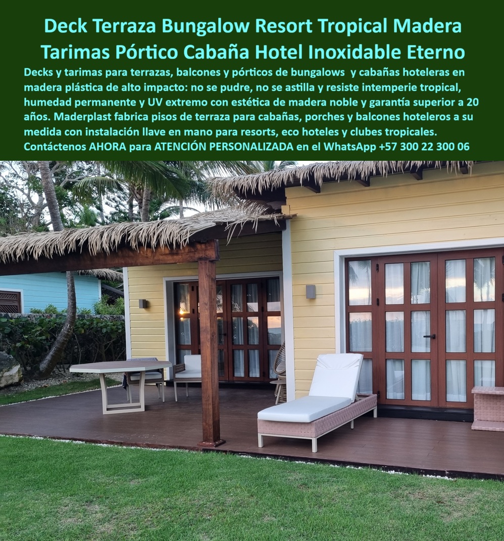 Piso Terraza Balcón Cabaña Resort Porches Suelo Deck Maderplast - Decks Para Terrazas De Cabañas, Bungalows y Resorts Tropicales: La Importancia de Construir Para Décadas y No Para Temporadas Las terrazas exteriores son uno de los espacios más valorados dentro de un resort, ecohotel, bungalow o complejo vacacional. Son el lugar donde el huésped desayuna observando el paisaje, descansa después de una jornada de actividades, disfruta de una tarde de lectura o simplemente contemplar el entorno natural desde la comodidad de su alojamiento. Precisamente por esta razón, la calidad del piso exterior influye directamente en la percepción que el visitante tiene de todo el establecimiento. La imagen muestra una elegante cabaña hotelera equipada con una amplia terraza tipo deck que se integra armónicamente con la arquitectura tropical del proyecto. Este espacio funciona como una extensión natural de la habitación, creando una transición agradable entre el interior de la cabaña y el paisaje exterior. Sin embargo, detrás de esta apariencia cálida y acogedora existe una exigencia técnica considerable, ya que las terrazas de hoteles y resorts permanecen expuestas permanentemente a lluvia, humedad, radiación ultravioleta, cambios de temperatura y uso continuo por parte de los huéspedes. Uno de los mayores desafíos en este tipo de proyectos es garantizar que la belleza inicial del piso se mantenga durante muchos años. En ambientes tropicales la humedad permanente acelera el deterioro de numerosos materiales tradicionales. La madera puede absorber agua, deformarse, agrietarse, astillarse o requerir constantes procesos de mantenimiento. Algunas estructuras metálicas terminan sufriendo corrosión, especialmente en zonas cercanas al mar donde la salinidad acelera los procesos de oxidación. Incluso materiales aparentemente resistentes pueden presentar deterioros progresivos que incrementan significativamente los costos operativos del hotel. Por esta razón, cada vez más desarrolladores turísticos buscan soluciones concebidas desde el principio para trabajar en ambientes exigentes. El objetivo ya no es únicamente construir una terraza atractiva para la inauguración, sino disponer de una infraestructura capaz de conservar su funcionalidad, estabilidad y apariencia durante largos periodos de servicio. Una de las ventajas más importantes de las soluciones desarrolladas por Maderplast es que no se limitan únicamente al piso visible. La compañía también fabrica la estructura completa que soporta el deck, incluyendo vigas, durmientes, parales, pilotes, vigas tipo IP, vigas HSN y perfiles estructurales especialmente diseñados para aplicaciones exteriores. Este aspecto resulta especialmente relevante porque en muchos proyectos la parte que primero falla no es la superficie visible sino la estructura oculta sobre la cual descansa toda la instalación. Cuando la estructura inferior está correctamente diseñada para soportar humedad permanente, ambientes tropicales y condiciones costeras, el propietario obtiene una solución mucho más confiable y predecible a largo plazo. Esto permite reducir intervenciones correctivas, minimizar interrupciones operativas y proteger la inversión realizada en infraestructura turística. Otro aspecto especialmente valorado por arquitectos y operadores hoteleros es la apariencia estética. Los decks tipo madera permiten crear ambientes cálidos, elegantes y acogedores que armonizan perfectamente con conceptos de eco hoteles, resorts tropicales, hoteles boutique, complejos vacacionales y desarrollos turísticos de alto nivel. La integración visual entre la arquitectura, el paisaje y la terraza contribuye a elevar la experiencia del huésped y aumentar la percepción de calidad de toda la instalación. La comodidad también juega un papel importante. Las terrazas hoteleras son espacios destinados al descanso, la contemplación y la relajación. Por ello, el comportamiento del piso bajo condiciones reales de operación influye directamente en la satisfacción de los usuarios. Una superficie estable, segura y agradable al caminar aporta valor tanto al visitante como a la operación del establecimiento. En proyectos turísticos modernos, el análisis de costos ya no se limita al precio inicial de construcción. Los operadores consideran cada vez más el costo total de propiedad, es decir, la suma de mantenimiento, reparaciones, reposiciones e interrupciones operativas a lo largo de los años. Una solución durable y diseñada específicamente para ambientes tropicales puede representar importantes beneficios económicos durante toda la vida útil de la infraestructura. Por esta razón, hoteles, ecohoteles, resorts, bungalows, complejos vacacionales y desarrollos turísticos buscan sistemas que combinen apariencia arquitectónica, resistencia climática, estabilidad estructural y larga duración. La posibilidad de fabricar tanto el deck visible como toda la estructura inferior convierte a Maderplast en una alternativa integral para proyectos que buscan seguridad, confiabilidad y una inversión preparada para funcionar durante muchos años bajo las condiciones más exigentes de operación turística. ATENCIÓN PERSONALIZADA POR UN ASESOR A SU SERVICIO WhatsApp: +57 300 22 300 06Deck Pórtico Habitación Hotel Tropical Madera Plástica, Terrazas Deck Hoteles Exteriores Resistentes Intemperie, Tarima Pórtico Bungalow Resort Tropical Inoxidable Aislante a Piso Terraza Balcón Cabaña Resort Porches Suelo Deck Maderplast Deck Pórtico Habitación Hotel Tropical Madera Plástica Terrazas Deck Hoteles Exteriores Resistentes Intemperie Tarima Pórtico Bungalow Resort Tropical Inoxidable Aislante a Decks Para Terrazas De Cabañas, Bungalows y Resorts Tropicales: La Importancia de Construir Para Décadas y No Para Temporadas Las terrazas exteriores son uno de los espacios más valorados dentro de un resort, ecohotel, bungalow o complejo vacacional. Son el lugar donde el huésped desayuna observando el paisaje, descansa después de una jornada de actividades, disfruta de una tarde de lectura o simplemente contemplar el entorno natural desde la comodidad de su alojamiento. Precisamente por esta razón, la calidad del piso exterior influye directamente en la percepción que el visitante tiene de todo el establecimiento. La imagen muestra una elegante cabaña hotelera equipada con una amplia terraza tipo deck que se integra armónicamente con la arquitectura tropical del proyecto. Este espacio funciona como una extensión natural de la habitación, creando una transición agradable entre el interior de la cabaña y el paisaje exterior. Sin embargo, detrás de esta apariencia cálida y acogedora existe una exigencia técnica considerable, ya que las terrazas de hoteles y resorts permanecen expuestas permanentemente a lluvia, humedad, radiación ultravioleta, cambios de temperatura y uso continuo por parte de los huéspedes. Uno de los mayores desafíos en este tipo de proyectos es garantizar que la belleza inicial del piso se mantenga durante muchos años. En ambientes tropicales la humedad permanente acelera el deterioro de numerosos materiales tradicionales. La madera puede absorber agua, deformarse, agrietarse, astillarse o requerir constantes procesos de mantenimiento. Algunas estructuras metálicas terminan sufriendo corrosión, especialmente en zonas cercanas al mar donde la salinidad acelera los procesos de oxidación. Incluso materiales aparentemente resistentes pueden presentar deterioros progresivos que incrementan significativamente los costos operativos del hotel. Por esta razón, cada vez más desarrolladores turísticos buscan soluciones concebidas desde el principio para trabajar en ambientes exigentes. El objetivo ya no es únicamente construir una terraza atractiva para la inauguración, sino disponer de una infraestructura capaz de conservar su funcionalidad, estabilidad y apariencia durante largos periodos de servicio. Una de las ventajas más importantes de las soluciones desarrolladas por Maderplast es que no se limitan únicamente al piso visible. La compañía también fabrica la estructura completa que soporta el deck, incluyendo vigas, durmientes, parales, pilotes, vigas tipo IP, vigas HSN y perfiles estructurales especialmente diseñados para aplicaciones exteriores. Este aspecto resulta especialmente relevante porque en muchos proyectos la parte que primero falla no es la superficie visible sino la estructura oculta sobre la cual descansa toda la instalación. Cuando la estructura inferior está correctamente diseñada para soportar humedad permanente, ambientes tropicales y condiciones costeras, el propietario obtiene una solución mucho más confiable y predecible a largo plazo. Esto permite reducir intervenciones correctivas, minimizar interrupciones operativas y proteger la inversión realizada en infraestructura turística. Otro aspecto especialmente valorado por arquitectos y operadores hoteleros es la apariencia estética. Los decks tipo madera permiten crear ambientes cálidos, elegantes y acogedores que armonizan perfectamente con conceptos de eco hoteles, resorts tropicales, hoteles boutique, complejos vacacionales y desarrollos turísticos de alto nivel. La integración visual entre la arquitectura, el paisaje y la terraza contribuye a elevar la experiencia del huésped y aumentar la percepción de calidad de toda la instalación. La comodidad también juega un papel importante. Las terrazas hoteleras son espacios destinados al descanso, la contemplación y la relajación. Por ello, el comportamiento del piso bajo condiciones reales de operación influye directamente en la satisfacción de los usuarios. Una superficie estable, segura y agradable al caminar aporta valor tanto al visitante como a la operación del establecimiento. En proyectos turísticos modernos, el análisis de costos ya no se limita al precio inicial de construcción. Los operadores consideran cada vez más el costo total de propiedad, es decir, la suma de mantenimiento, reparaciones, reposiciones e interrupciones operativas a lo largo de los años. Una solución durable y diseñada específicamente para ambientes tropicales puede representar importantes beneficios económicos durante toda la vida útil de la infraestructura. Por esta razón, hoteles, ecohoteles, resorts, bungalows, complejos vacacionales y desarrollos turísticos buscan sistemas que combinen apariencia arquitectónica, resistencia climática, estabilidad estructural y larga duración. La posibilidad de fabricar tanto el deck visible como toda la estructura inferior convierte a Maderplast en una alternativa integral para proyectos que buscan seguridad, confiabilidad y una inversión preparada para funcionar durante muchos años bajo las condiciones más exigentes de operación turística. ATENCIÓN PERSONALIZADA POR UN ASESOR A SU SERVICIO WhatsApp: +57 300 22 300 06
