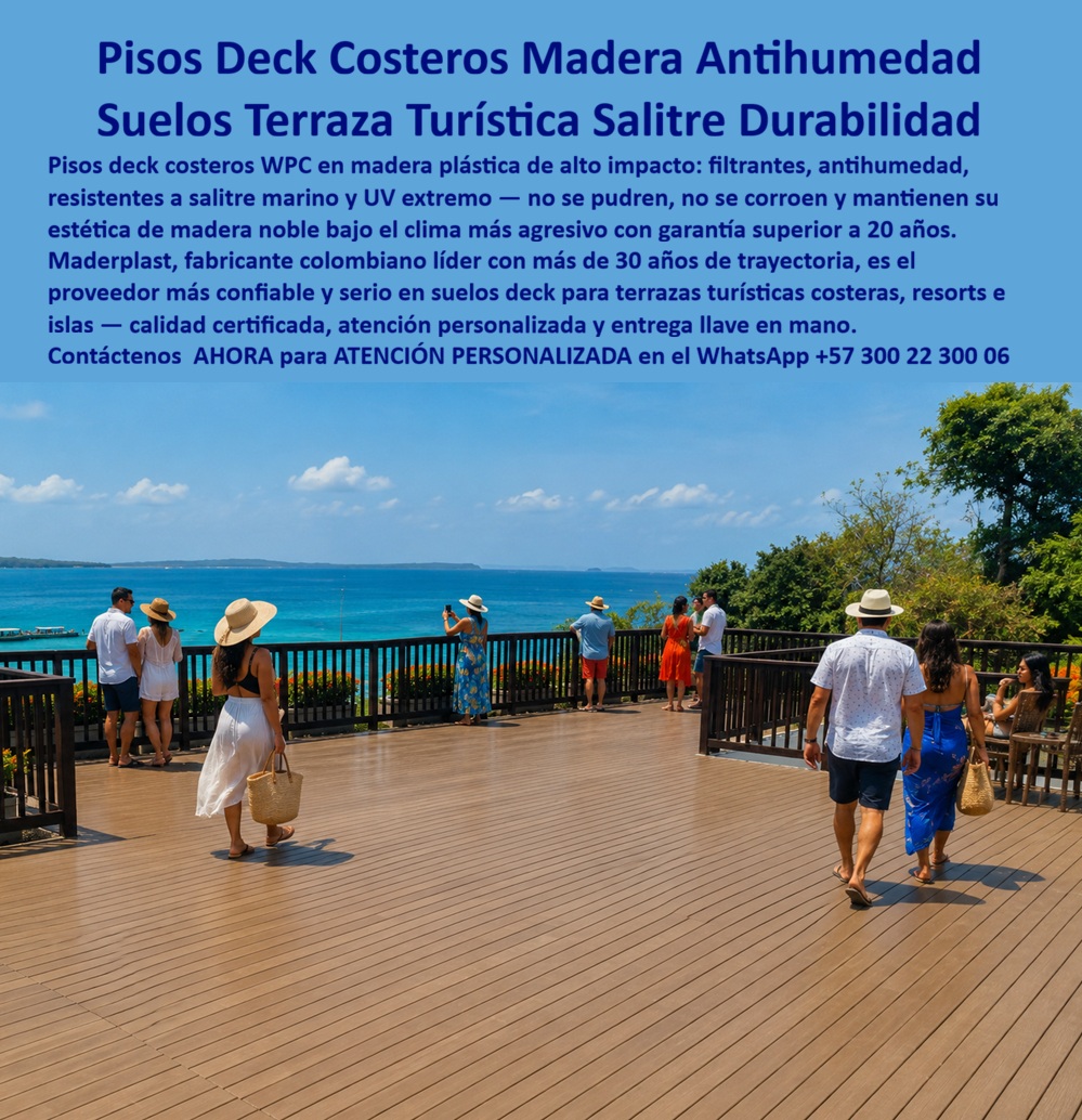 Pisos Deck Costeros Resistentes Humedad Salitre suelos terrazas Maderplast - Pisos Deck Costeros WPC Antihumedad — Suelos Terraza Turística Resistentes Salitre y UV Extremo Una amplia terraza deck color caoba cálido se extiende frente al Caribe turquesa, con tablones de textura veta natural, superficie antideslizante, juntas uniformes y baranda perimetral integrada — visitantes caminando con total confianza bajo el sol tropical, sin un solo tablón hinchado, sin un tornillo oxidado, sin una zona cerrada por reparación. Eso es lo que entrega Maderplast: pisos deck WPC costeros de alto impacto que no se pudren, no se corroen, no se hinchan y mantienen su estética de madera noble bajo el clima más agresivo, con garantía superior a 20 años y cero mantenimiento. Los pisos deck WPC de Maderplast son 100% impermeables, anticorrosivos, resistentes a salitre marino, UV extremo e insectos, con color integral sin pintura que no se descascara ni destiñe con los años. Para resorts, hoteles frente al mar, muelles turísticos y centros recreativos costeros, este es el suelo deck exterior que elimina definitivamente el ciclo de lijar, tratar, reponer y reemplazar — ese ciclo que consume entre 40 y 60 millones de pesos anuales en mantenimiento sin resolver el problema de fondo. El problema de fondo, precisamente, no está en los tablones visibles: está debajo. La estructura soporte — vigas, durmientes, parales, pilotes y vigas estructurales tipo I, IP y HSN — es la que colapsa primero en ambientes costeros. La madera se pudre, el metal se oxida, los moluscos y bacterias marinas destruyen los pilotes desde adentro. Maderplast fabrica toda esa subestructura en el mismo material de alta densidad: vigas estructurales, durmientes, parales y pilotes en madera plástica técnica anticorrosiva, anti-pudrición, anti-hinchamiento, libre de mantenimiento e inmune a la adhesión de moluscos, hongos y bacterias marinas — incluso bajo inmersión directa en agua salada. La solución Maderplast es integral: piso deck WPC costero más estructura soporte completa, entrega llave en mano. Rodrigo Espinosa Vargas, Director de Obras del Resort Arrecife Azul, lo confirma con datos: "Gastamos entre 40 y 60 millones anuales solo en mantenimiento del deck. Tres temporadas después de instalar Maderplast, el costo es prácticamente cero. Cero cierres. Cero quejas. Cero reparaciones." Lo que más lo convenció antes de firmar: los videos de pruebas de laboratorio donde el material resiste rotomartillo, retroexcavadora y mazo de construcción sin ceder — disponibles en youtube.com/@maderplasSA. Eso no lo ofrece ningún proveedor informal. Eso es respaldo técnico real. Un comprador técnico serio evalúa el costo total de propiedad, no el precio de etiqueta. Los productos de la competencia — incluso regalados — resultan carísimos cuando se suman reparaciones constantes, mantenimientos frecuentes, cambios de estructura, pérdida de imagen frente a huéspedes y el riesgo de cerrar zonas en temporada alta. Maderplast elimina el 100% de esos costos ocultos desde el primer día. No es una compra emocional de precio: es una inversión en tranquilidad, durabilidad extrema y orgullo de obra bien hecha — un activo de larga vida útil exento de depreciación por deterioro ambiental y uso intensivo. Cuando se trata de suelos deck para instalaciones costeras en plástico técnico de alto rendimiento, Maderplast es el fabricante colombiano líder con más de 30 años de experiencia que convierte el proyecto en una solución definitiva. Cotización, personalización, planos, renders, prototipos y producción en serie — Maderplast lo resuelve. Descargue la ficha técnica, verifique los certificados de laboratorio y dé el siguiente paso con total seguridad. Asesoría especializada, atención personalizada: WhatsApp +57 300 22 300 06 | ingenieria@maderplast.coDeck Costero Hotelero WPC Filtrante Durabilidad Extrema UV, Pisos Deck Terraza Turística Costera Antihumedad Inoxidable Durable Fuerte, Suelos Deck Exteriores Deck Pisos Deck Costeros Resistentes Humedad Salitre suelos terrazas Maderplast Deck Costero Hotelero WPC Filtrante Durabilidad Extrema UV Pisos Deck Terraza Turística Costera Antihumedad Inoxidable Durable Fuerte Suelos Deck Exteriores Deck Pisos Deck Costeros WPC Antihumedad — Suelos Terraza Turística Resistentes Salitre y UV Extremo Una amplia terraza deck color caoba cálido se extiende frente al Caribe turquesa, con tablones de textura veta natural, superficie antideslizante, juntas uniformes y baranda perimetral integrada — visitantes caminando con total confianza bajo el sol tropical, sin un solo tablón hinchado, sin un tornillo oxidado, sin una zona cerrada por reparación. Eso es lo que entrega Maderplast: pisos deck WPC costeros de alto impacto que no se pudren, no se corroen, no se hinchan y mantienen su estética de madera noble bajo el clima más agresivo, con garantía superior a 20 años y cero mantenimiento. Los pisos deck WPC de Maderplast son 100% impermeables, anticorrosivos, resistentes a salitre marino, UV extremo e insectos, con color integral sin pintura que no se descascara ni destiñe con los años. Para resorts, hoteles frente al mar, muelles turísticos y centros recreativos costeros, este es el suelo deck exterior que elimina definitivamente el ciclo de lijar, tratar, reponer y reemplazar — ese ciclo que consume entre 40 y 60 millones de pesos anuales en mantenimiento sin resolver el problema de fondo. El problema de fondo, precisamente, no está en los tablones visibles: está debajo. La estructura soporte — vigas, durmientes, parales, pilotes y vigas estructurales tipo I, IP y HSN — es la que colapsa primero en ambientes costeros. La madera se pudre, el metal se oxida, los moluscos y bacterias marinas destruyen los pilotes desde adentro. Maderplast fabrica toda esa subestructura en el mismo material de alta densidad: vigas estructurales, durmientes, parales y pilotes en madera plástica técnica anticorrosiva, anti-pudrición, anti-hinchamiento, libre de mantenimiento e inmune a la adhesión de moluscos, hongos y bacterias marinas — incluso bajo inmersión directa en agua salada. La solución Maderplast es integral: piso deck WPC costero más estructura soporte completa, entrega llave en mano. Rodrigo Espinosa Vargas, Director de Obras del Resort Arrecife Azul, lo confirma con datos: "Gastamos entre 40 y 60 millones anuales solo en mantenimiento del deck. Tres temporadas después de instalar Maderplast, el costo es prácticamente cero. Cero cierres. Cero quejas. Cero reparaciones." Lo que más lo convenció antes de firmar: los videos de pruebas de laboratorio donde el material resiste rotomartillo, retroexcavadora y mazo de construcción sin ceder — disponibles en youtube.com/@maderplasSA. Eso no lo ofrece ningún proveedor informal. Eso es respaldo técnico real. Un comprador técnico serio evalúa el costo total de propiedad, no el precio de etiqueta. Los productos de la competencia — incluso regalados — resultan carísimos cuando se suman reparaciones constantes, mantenimientos frecuentes, cambios de estructura, pérdida de imagen frente a huéspedes y el riesgo de cerrar zonas en temporada alta. Maderplast elimina el 100% de esos costos ocultos desde el primer día. No es una compra emocional de precio: es una inversión en tranquilidad, durabilidad extrema y orgullo de obra bien hecha — un activo de larga vida útil exento de depreciación por deterioro ambiental y uso intensivo. Cuando se trata de suelos deck para instalaciones costeras en plástico técnico de alto rendimiento, Maderplast es el fabricante colombiano líder con más de 30 años de experiencia que convierte el proyecto en una solución definitiva. Cotización, personalización, planos, renders, prototipos y producción en serie — Maderplast lo resuelve. Descargue la ficha técnica, verifique los certificados de laboratorio y dé el siguiente paso con total seguridad. Asesoría especializada, atención personalizada: WhatsApp +57 300 22 300 06 | ingenieria@maderplast.co