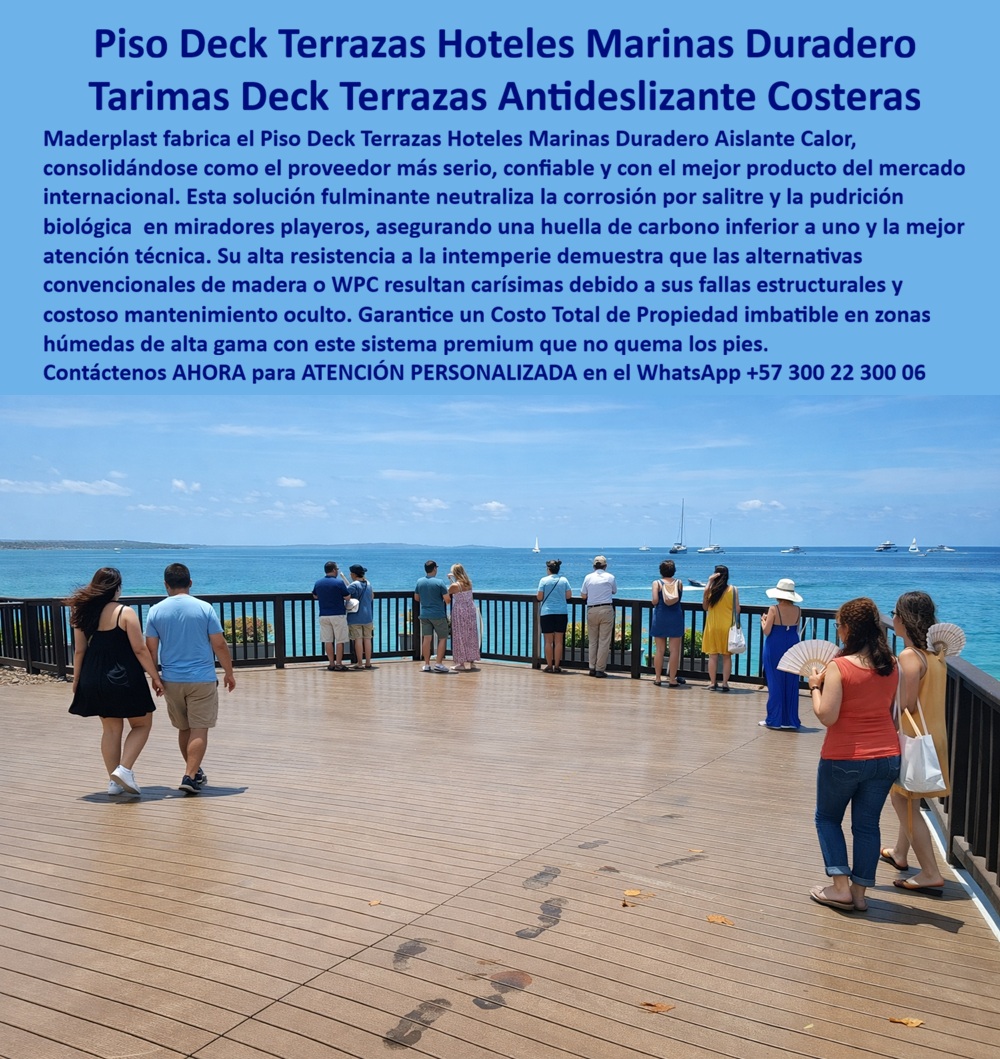 Pisos Deck Costeros Resistentes Humedad Salitre suelos terrazas Maderplast - Piso Deck Terrazas Hoteles Marinas Duradero — Tarimas Deck Antideslizantes Costeras Aislante Calor Un mirador de gran formato se abre frente al Caribe turquesa con veleros al fondo: decenas de visitantes caminan con total confianza sobre tablones WPC color caoba, superficie antideslizante certificada que no quema los pies bajo sol tropical directo, baranda perimetral negra de perfil robusto, juntas uniformes y ni una sola grieta, astilla ni zona cerrada por mantenimiento. Ese resultado no es casualidad — es ingeniería de materiales. Eso fabrica Maderplast: pisos deck WPC para miradores costeros, marinas y terrazas hoteleras que eliminan definitivamente el ciclo de deterioro, reparación y reemplazo. El piso deck madera plástica alta densidad de Maderplast es 100% impermeable, anticorrosivo, resistente a salitre marino, UV extremo, pudrición biológica y hongos, con color integral sin pintura que no se descascara ni destiñe con los años y huella de carbono inferior a 1 punto. Su acabado antideslizante certificado y su comportamiento aislante térmico resuelven dos problemas críticos que la madera natural y el composite convencional nunca logran resolver simultáneamente en clima costero tropical: la seguridad de pisada bajo lluvia y la comodidad bajo sol directo intenso. La diferencia técnica que cierra el debate es esta: la madera natural tratada pierde su impregnación protectora en 18 a 24 meses de exposición a salinidad marina constante y exige lijado, retratamiento y reposición de tablones cada temporada. El composite convencional falla estructuralmente en ambientes de salinidad extrema. El deck WPC alta densidad Maderplast no se pudre, no se oxida, no se hincha, no acumula moluscos ni bacterias marinas — y trabaja solo durante más de 20 años con garantía certificada. Pero el error más caro que comete un gerente de infraestructura hotelera no está en los tablones visibles: está en la subestructura debajo del deck. Maderplast fabrica la solución integral completa: vigas estructurales, durmientes, parales y pilotes en madera plástica técnica anticorrosiva — perfiles tipo I, IP y HSN que replican la resistencia estructural del acero sin ninguno de sus defectos en ambientes marinos. Esta subestructura Maderplast es inmune a la corrosión, anti-pudrición, anti-hinchamiento, libre de mantenimiento y no permite la adhesión de moluscos, hongos ni bacterias, incluso bajo inmersión directa en agua salada. Lo que más sufre en una instalación costera es lo que nadie ve. Por eso la estructura soporte debe ser Maderplast. Carlos Andrés Peña, Gerente de Infraestructura de la Marina Bahía Esmeralda, lo confirma: "La estructura metálica tenía corrosión avanzada en el 70% de sus puntos de apoyo a los cuatro años. Maderplast reemplazó todo el sistema en nueve días. Dos temporadas después, cero mantenimiento, cero intervenciones, cero quejas. El proyecto se pagó solo en el primer año con lo que dejamos de gastar." Los videos de pruebas de laboratorio — rotomartillo, retroexcavadora y mazo de construcción sin que el material ceda — están disponibles en youtube.com/@maderplasSA. Esa es la evidencia que un ingeniero necesita antes de firmar la orden de compra. El costo total de propiedad es el argumento que cierra la decisión: los competidores, incluso regalados, resultan carísimos cuando se acumulan mantenimientos frecuentes, cambios de estructura, pérdida de imagen frente a huéspedes y zonas cerradas en temporada alta. Maderplast elimina el 100% de esos costos desde el día uno. No es precio — es inversión en un activo de larga vida útil, libre de depreciación por deterioro ambiental. Maderplast, fabricante colombiano líder con más de 30 años de trayectoria, entrega su proyecto deck costero llave en mano: cotización, personalización, planos, renders y producción en serie. Ficha técnica y certificados de laboratorio disponibles para descarga inmediata. Asesoría especializada — atención personalizada: WhatsApp +57 300 22 300 06 | ingenieria@maderplast.co Piso Deck Terrazas Hoteles Marinas Duradero Aislante Calor, Tarima Deck Piscinas Terrazas Antideslizante Bajo Mantenimiento, Deck Mirador Costero Turístico Madera Pisos Deck Costeros Resistentes Humedad Salitre suelos terrazas Maderplast Piso Deck Terrazas Hoteles Marinas Duradero Aislante Calor Tarima Deck Piscinas Terrazas Antideslizante Bajo Mantenimiento Deck Mirador Costero Turístico Madera Piso Deck Terrazas Hoteles Marinas Duradero — Tarimas Deck Antideslizantes Costeras Aislante Calor Un mirador de gran formato se abre frente al Caribe turquesa con veleros al fondo: decenas de visitantes caminan con total confianza sobre tablones WPC color caoba, superficie antideslizante certificada que no quema los pies bajo sol tropical directo, baranda perimetral negra de perfil robusto, juntas uniformes y ni una sola grieta, astilla ni zona cerrada por mantenimiento. Ese resultado no es casualidad — es ingeniería de materiales. Eso fabrica Maderplast: pisos deck WPC para miradores costeros, marinas y terrazas hoteleras que eliminan definitivamente el ciclo de deterioro, reparación y reemplazo. El piso deck madera plástica alta densidad de Maderplast es 100% impermeable, anticorrosivo, resistente a salitre marino, UV extremo, pudrición biológica y hongos, con color integral sin pintura que no se descascara ni destiñe con los años y huella de carbono inferior a 1 punto. Su acabado antideslizante certificado y su comportamiento aislante térmico resuelven dos problemas críticos que la madera natural y el composite convencional nunca logran resolver simultáneamente en clima costero tropical: la seguridad de pisada bajo lluvia y la comodidad bajo sol directo intenso. La diferencia técnica que cierra el debate es esta: la madera natural tratada pierde su impregnación protectora en 18 a 24 meses de exposición a salinidad marina constante y exige lijado, retratamiento y reposición de tablones cada temporada. El composite convencional falla estructuralmente en ambientes de salinidad extrema. El deck WPC alta densidad Maderplast no se pudre, no se oxida, no se hincha, no acumula moluscos ni bacterias marinas — y trabaja solo durante más de 20 años con garantía certificada. Pero el error más caro que comete un gerente de infraestructura hotelera no está en los tablones visibles: está en la subestructura debajo del deck. Maderplast fabrica la solución integral completa: vigas estructurales, durmientes, parales y pilotes en madera plástica técnica anticorrosiva — perfiles tipo I, IP y HSN que replican la resistencia estructural del acero sin ninguno de sus defectos en ambientes marinos. Esta subestructura Maderplast es inmune a la corrosión, anti-pudrición, anti-hinchamiento, libre de mantenimiento y no permite la adhesión de moluscos, hongos ni bacterias, incluso bajo inmersión directa en agua salada. Lo que más sufre en una instalación costera es lo que nadie ve. Por eso la estructura soporte debe ser Maderplast. Carlos Andrés Peña, Gerente de Infraestructura de la Marina Bahía Esmeralda, lo confirma: "La estructura metálica tenía corrosión avanzada en el 70% de sus puntos de apoyo a los cuatro años. Maderplast reemplazó todo el sistema en nueve días. Dos temporadas después, cero mantenimiento, cero intervenciones, cero quejas. El proyecto se pagó solo en el primer año con lo que dejamos de gastar." Los videos de pruebas de laboratorio — rotomartillo, retroexcavadora y mazo de construcción sin que el material ceda — están disponibles en youtube.com/@maderplasSA. Esa es la evidencia que un ingeniero necesita antes de firmar la orden de compra. El costo total de propiedad es el argumento que cierra la decisión: los competidores, incluso regalados, resultan carísimos cuando se acumulan mantenimientos frecuentes, cambios de estructura, pérdida de imagen frente a huéspedes y zonas cerradas en temporada alta. Maderplast elimina el 100% de esos costos desde el día uno. No es precio — es inversión en un activo de larga vida útil, libre de depreciación por deterioro ambiental. Maderplast, fabricante colombiano líder con más de 30 años de trayectoria, entrega su proyecto deck costero llave en mano: cotización, personalización, planos, renders y producción en serie. Ficha técnica y certificados de laboratorio disponibles para descarga inmediata. Asesoría especializada — atención personalizada: WhatsApp +57 300 22 300 06 | ingenieria@maderplast.co