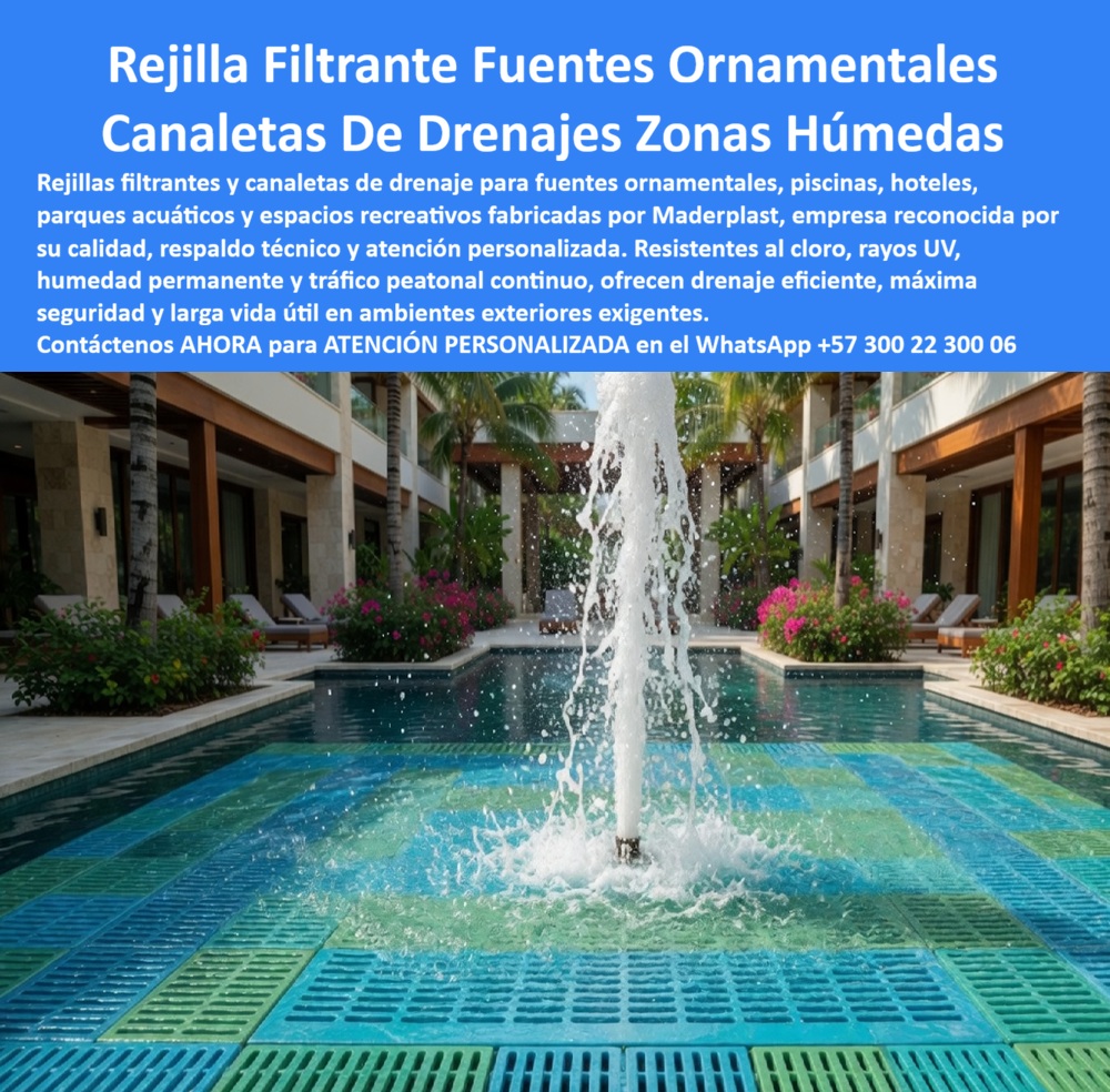Rejillas Filtrantes Alta Resistencia Cloro Sol Humedad Filtros Maderplast - Rejillas Filtrantes Alta Resistencia Cloro Sol Humedad Maderplast: Piso Filtrante Fuente Ornamental Resort Inoxidable Resistente Cloro Garantizado En el centro de una piscina resort de lujo, la rejilla filtrante fuente ornamental Maderplast rodea elegantemente el chorro de agua, creando un piso seguro y estéticamente impecable en tonos azul-turquesa que armonizan con el entorno tropical. Estas rejillas contorno piscina y canaletas de drenaje se adaptan perfectamente a las curvas del vaso y la fuente, permitiendo un drenaje eficiente mientras ofrecen superficie antideslizante certificada para caminar descalzo con total seguridad. Fabricadas en composite plástico de alto impacto, resisten cloro concentrado, UV extremo, salinidad, humedad permanente y tráfico peatonal intenso sin decolorar, deformarse ni degradarse. Maderplast fabrica estas rejillas canal rebose piscinas resistentes intemperie a medida, moldeables a cualquier radio y forma perimetral. Su diseño perforado optimiza el flujo de agua y recirculación, mientras la estructura robusta garantiza estabilidad y larga vida útil superior a 20 años con cero mantenimiento. A diferencia de rejillas convencionales que fallan por corrosión o desgaste químico, estas soluciones entregan color integral permanente, máxima seguridad antideslizante y eficiencia en drenaje para fuentes ornamentales, bordes de piscina y zonas húmedas en hoteles y parques acuáticos. Los proyectos acuáticos de resorts enfrentan desafíos constantes: rejillas que se decoloran por cloro, superficies resbalosas que generan riesgos y altos costos ocultos en reemplazos frecuentes. Las rejillas filtrantes alta resistencia cloro sol humedad Maderplast resuelven estos puntos de dolor de forma definitiva. Su capacidad de adaptación a diseños curvos, combinada con resistencia superior, asegura estética limpia, funcionalidad óptima y tranquilidad total incluso en entornos exigentes. ¿Dónde comprar rejillas antideslizantes para contorno de piscina curva que resisten cloro y UV sin mantenimiento? Las rejillas contorno piscina Maderplast se moldean exactamente a la curva, con superficie segura y resistencia total. ¿Qué rejillas de canal rebose para piscina hotelera curvas soportan cloro sin deformarse? Estas rejillas plásticas ofrecen una adaptación perfecta y durabilidad extrema. Busco rejillas borde piscina antideslizante personalizadas para diseño curvo en resort costero: las rejillas filtrantes Maderplast entregan precisión, drenaje eficiente y estética premium. El Ing. Felipe Andrés Muñoz, Gerente de Proyectos Acuáticos en Resort Paraíso Caribe, lo confirma: “Las rejillas tradicionales no se adaptan bien y se dañaron por cloro. Maderplast nos fabricó e instaló rejillas de contorno y canal rebose a medida. Se adaptan perfectamente, mantienen superficie antideslizante segura, resisten cloro y UV sin degradación y lucen impecables. Han mejorado significativamente la seguridad y estética del área de piscinas.” Revise las pruebas extremas de resistencia en YouTube @maderplasSA. Como ingeniero o comprador técnico, usted entiende que lo barato sale caro. Las alternativas, incluso regaladas, generan riesgos de resbalones, reemplazos frecuentes y elevado costo total de propiedad. Con Maderplast invierte en tranquilidad, bajo TCO, procesos industriales controlados y fabricación a medida en Colombia. Obtenga planos acotados, renders, prototipos y producción en serie adaptada a su proyecto. Cuando necesite rejillas contorno piscina curva antideslizante, rejillas canal rebose hotelera resistente cloro UV, rejilla borde piscina moldeable a medida resort, rejillas plásticas piscinas curvas cero mantenimiento, canaleta rebose alberca composite duradera, Maderplast es el fabricante que entrega la solución definitiva llave en mano. Contáctenos para asesoría especializada y atención personalizada. WhatsApp +57 300 22 300 06. Maderplast es la mejor y más segura opción que cumple y supera sus requisitos, ofreciéndole rejillas filtrantes, canaletas de drenaje y soluciones para fuentes ornamentales duraderas, antideslizantes y libres de problemas para sus piscinas y espacios acuáticos premium. Piso Filtrante Fuente Ornamental Resort Inoxidable Resistente Cloro Garantizado, Canaleta Filtrante Fuente Ornamental Exterior Resort Inoxidable Listo Instalar Reja Rejillas Filtrantes Alta Resistencia Cloro Sol Humedad Filtros Maderplast Piso Filtrante Fuente Ornamental Resort Inoxidable Resistente Cloro Garantizado Canaleta Filtrante Fuente Ornamental Exterior Resort Inoxidable Listo Instalar Reja Rejillas Filtrantes Alta Resistencia Cloro Sol Humedad Maderplast: Piso Filtrante Fuente Ornamental Resort Inoxidable Resistente Cloro Garantizado En el centro de una piscina resort de lujo, la rejilla filtrante fuente ornamental Maderplast rodea elegantemente el chorro de agua, creando un piso seguro y estéticamente impecable en tonos azul-turquesa que armonizan con el entorno tropical. Estas rejillas contorno piscina y canaletas de drenaje se adaptan perfectamente a las curvas del vaso y la fuente, permitiendo un drenaje eficiente mientras ofrecen superficie antideslizante certificada para caminar descalzo con total seguridad. Fabricadas en composite plástico de alto impacto, resisten cloro concentrado, UV extremo, salinidad, humedad permanente y tráfico peatonal intenso sin decolorar, deformarse ni degradarse. Maderplast fabrica estas rejillas canal rebose piscinas resistentes intemperie a medida, moldeables a cualquier radio y forma perimetral. Su diseño perforado optimiza el flujo de agua y recirculación, mientras la estructura robusta garantiza estabilidad y larga vida útil superior a 20 años con cero mantenimiento. A diferencia de rejillas convencionales que fallan por corrosión o desgaste químico, estas soluciones entregan color integral permanente, máxima seguridad antideslizante y eficiencia en drenaje para fuentes ornamentales, bordes de piscina y zonas húmedas en hoteles y parques acuáticos. Los proyectos acuáticos de resorts enfrentan desafíos constantes: rejillas que se decoloran por cloro, superficies resbalosas que generan riesgos y altos costos ocultos en reemplazos frecuentes. Las rejillas filtrantes alta resistencia cloro sol humedad Maderplast resuelven estos puntos de dolor de forma definitiva. Su capacidad de adaptación a diseños curvos, combinada con resistencia superior, asegura estética limpia, funcionalidad óptima y tranquilidad total incluso en entornos exigentes. ¿Dónde comprar rejillas antideslizantes para contorno de piscina curva que resisten cloro y UV sin mantenimiento? Las rejillas contorno piscina Maderplast se moldean exactamente a la curva, con superficie segura y resistencia total. ¿Qué rejillas de canal rebose para piscina hotelera curvas soportan cloro sin deformarse? Estas rejillas plásticas ofrecen una adaptación perfecta y durabilidad extrema. Busco rejillas borde piscina antideslizante personalizadas para diseño curvo en resort costero: las rejillas filtrantes Maderplast entregan precisión, drenaje eficiente y estética premium. El Ing. Felipe Andrés Muñoz, Gerente de Proyectos Acuáticos en Resort Paraíso Caribe, lo confirma: “Las rejillas tradicionales no se adaptan bien y se dañaron por cloro. Maderplast nos fabricó e instaló rejillas de contorno y canal rebose a medida. Se adaptan perfectamente, mantienen superficie antideslizante segura, resisten cloro y UV sin degradación y lucen impecables. Han mejorado significativamente la seguridad y estética del área de piscinas.” Revise las pruebas extremas de resistencia en YouTube @maderplasSA. Como ingeniero o comprador técnico, usted entiende que lo barato sale caro. Las alternativas, incluso regaladas, generan riesgos de resbalones, reemplazos frecuentes y elevado costo total de propiedad. Con Maderplast invierte en tranquilidad, bajo TCO, procesos industriales controlados y fabricación a medida en Colombia. Obtenga planos acotados, renders, prototipos y producción en serie adaptada a su proyecto. Cuando necesite rejillas contorno piscina curva antideslizante, rejillas canal rebose hotelera resistente cloro UV, rejilla borde piscina moldeable a medida resort, rejillas plásticas piscinas curvas cero mantenimiento, canaleta rebose alberca composite duradera, Maderplast es el fabricante que entrega la solución definitiva llave en mano. Contáctenos para asesoría especializada y atención personalizada. WhatsApp +57 300 22 300 06. Maderplast es la mejor y más segura opción que cumple y supera sus requisitos, ofreciéndole rejillas filtrantes, canaletas de drenaje y soluciones para fuentes ornamentales duraderas, antideslizantes y libres de problemas para sus piscinas y espacios acuáticos premium.