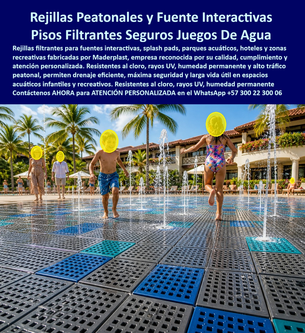 Rejillas Filtrantes Alta Resistencia Cloro Sol Humedad Filtros Maderplast - Rejillas Filtrantes Para Fuentes Interactivas: Seguridad, Drenaje y Diversión Sin Interrupciones Las fuentes interactivas, splash pads y juegos de agua modernos se han convertido en una de las atracciones más exitosas dentro de hoteles, resorts, parques acuáticos, clubes, centros vacacionales y espacios recreativos familiares. Estos escenarios permiten que niños y adultos disfruten del agua de forma segura, dinámica y divertida, sin necesidad de grandes profundidades ni complejos sistemas de supervisión. Sin embargo, detrás de cada fuente interactiva exitosa existe una infraestructura hidráulica especializada que debe funcionar de manera permanente para garantizar seguridad, higiene, drenaje eficiente y continuidad operativa. La imagen muestra una moderna fuente interactiva peatonal donde los visitantes pueden caminar, correr y jugar directamente sobre una superficie filtrante diseñada para permitir el paso constante del agua hacia el sistema hidráulico inferior. A simple vista se aprecia un piso atractivo y seguro; sin embargo, técnicamente se trata de una solución que cumple simultáneamente funciones estructurales, hidráulicas y de seguridad para soportar condiciones extremadamente exigentes de operación. En este tipo de instalaciones el agua circula continuamente sobre la superficie. Miles de litros son impulsados a través de boquillas, chorros y elementos interactivos que generan diversión para los usuarios. Todo ese volumen de agua debe ser captado nuevamente de forma rápida y eficiente para evitar acumulaciones superficiales, charcos, zonas resbaladizas o interrupciones en el funcionamiento del sistema. Por esta razón, la capacidad de drenaje de las rejillas es uno de los factores más importantes para el éxito de la instalación. Las rejillas filtrantes fabricadas por Maderplast están diseñadas específicamente para trabajar en ambientes donde la humedad es permanente y donde el sistema hidráulico opera de forma continua durante largos periodos. Su configuración permite evacuar el agua eficientemente hacia los sistemas de recirculación mientras proporciona una superficie segura para el tránsito peatonal de niños, jóvenes y adultos. La seguridad constituye otro aspecto fundamental. Las fuentes interactivas y splash pads suelen recibir una gran cantidad de visitantes que corren, saltan y juegan constantemente sobre superficies húmedas. Por esta razón, los materiales utilizados deben ofrecer estabilidad, resistencia y un comportamiento adecuado frente al tránsito continuo. Una superficie correctamente diseñada contribuye a mejorar la experiencia de uso y a reducir riesgos asociados a zonas con presencia permanente de agua. Adicionalmente, estos sistemas permanecen expuestos durante años a condiciones extremadamente agresivas. El cloro, los productos químicos de tratamiento, la radiación ultravioleta, la humedad constante y el uso intensivo representan un desafío importante para cualquier material. Por ello, la selección de componentes adecuados influye directamente en la durabilidad de toda la instalación y en los costos futuros de mantenimiento. Otro aspecto relevante es la integración estética. Las fuentes interactivas modernas forman parte del diseño arquitectónico del proyecto y deben transmitir una imagen atractiva para visitantes, huéspedes y familias. Las rejillas pueden fabricarse en diferentes configuraciones, colores y diseños para integrarse armónicamente con la temática del parque, hotel o complejo recreativo, aportando valor visual además de funcionalidad técnica. En proyectos recreativos de alta categoría también resulta fundamental considerar el costo total de propiedad. Una instalación diseñada para soportar años de operación continua permite reducir intervenciones correctivas, minimizar cierres por mantenimiento y mantener una experiencia positiva para los visitantes. Esto se traduce en mayor confiabilidad operativa y mejor aprovechamiento de la inversión realizada. Maderplast fabrica rejillas filtrantes para fuentes interactivas, splash pads, parques acuáticos, zonas recreativas infantiles, hoteles, clubes y complejos turísticos. Además, puede desarrollar soluciones especiales adaptadas a los requerimientos específicos de cada proyecto, incluyendo geometrías personalizadas, sistemas de drenaje especializados y componentes complementarios para infraestructura hidráulica recreativa. Cuando un proyecto busca combinar seguridad peatonal, eficiencia hidráulica, resistencia al cloro, durabilidad frente a la radiación solar y excelente comportamiento bajo uso intensivo, las rejillas filtrantes especializadas se convierten en una parte esencial del éxito de toda la instalación. Son el elemento que permite que la diversión continúe funcionando día tras día mientras protege la infraestructura y mejora la experiencia de los usuarios. ATENCIÓN PERSONALIZADA POR UN ASESOR A SU SERVICIO WhatsApp: +57 300 22 300 06Rejillas Alta Resistencia Para Fuentes Peatonales, Rejillas Suelo Fuentes Piscina Hotel Filtrante Resistente Cloro Libre Mantenimiento, Piso Deck Fuente Agua Hotel Rejillas Filtrantes Alta Resistencia Cloro Sol Humedad Filtros Maderplast Rejillas Alta Resistencia Para Fuentes Peatonales Rejillas Suelo Fuentes Piscina Hotel Filtrante Resistente Cloro Libre Mantenimiento Piso Deck Fuente Agua Hotel Rejillas Filtrantes Para Fuentes Interactivas: Seguridad, Drenaje y Diversión Sin Interrupciones Las fuentes interactivas, splash pads y juegos de agua modernos se han convertido en una de las atracciones más exitosas dentro de hoteles, resorts, parques acuáticos, clubes, centros vacacionales y espacios recreativos familiares. Estos escenarios permiten que niños y adultos disfruten del agua de forma segura, dinámica y divertida, sin necesidad de grandes profundidades ni complejos sistemas de supervisión. Sin embargo, detrás de cada fuente interactiva exitosa existe una infraestructura hidráulica especializada que debe funcionar de manera permanente para garantizar seguridad, higiene, drenaje eficiente y continuidad operativa. La imagen muestra una moderna fuente interactiva peatonal donde los visitantes pueden caminar, correr y jugar directamente sobre una superficie filtrante diseñada para permitir el paso constante del agua hacia el sistema hidráulico inferior. A simple vista se aprecia un piso atractivo y seguro; sin embargo, técnicamente se trata de una solución que cumple simultáneamente funciones estructurales, hidráulicas y de seguridad para soportar condiciones extremadamente exigentes de operación. En este tipo de instalaciones el agua circula continuamente sobre la superficie. Miles de litros son impulsados a través de boquillas, chorros y elementos interactivos que generan diversión para los usuarios. Todo ese volumen de agua debe ser captado nuevamente de forma rápida y eficiente para evitar acumulaciones superficiales, charcos, zonas resbaladizas o interrupciones en el funcionamiento del sistema. Por esta razón, la capacidad de drenaje de las rejillas es uno de los factores más importantes para el éxito de la instalación. Las rejillas filtrantes fabricadas por Maderplast están diseñadas específicamente para trabajar en ambientes donde la humedad es permanente y donde el sistema hidráulico opera de forma continua durante largos periodos. Su configuración permite evacuar el agua eficientemente hacia los sistemas de recirculación mientras proporciona una superficie segura para el tránsito peatonal de niños, jóvenes y adultos. La seguridad constituye otro aspecto fundamental. Las fuentes interactivas y splash pads suelen recibir una gran cantidad de visitantes que corren, saltan y juegan constantemente sobre superficies húmedas. Por esta razón, los materiales utilizados deben ofrecer estabilidad, resistencia y un comportamiento adecuado frente al tránsito continuo. Una superficie correctamente diseñada contribuye a mejorar la experiencia de uso y a reducir riesgos asociados a zonas con presencia permanente de agua. Adicionalmente, estos sistemas permanecen expuestos durante años a condiciones extremadamente agresivas. El cloro, los productos químicos de tratamiento, la radiación ultravioleta, la humedad constante y el uso intensivo representan un desafío importante para cualquier material. Por ello, la selección de componentes adecuados influye directamente en la durabilidad de toda la instalación y en los costos futuros de mantenimiento. Otro aspecto relevante es la integración estética. Las fuentes interactivas modernas forman parte del diseño arquitectónico del proyecto y deben transmitir una imagen atractiva para visitantes, huéspedes y familias. Las rejillas pueden fabricarse en diferentes configuraciones, colores y diseños para integrarse armónicamente con la temática del parque, hotel o complejo recreativo, aportando valor visual además de funcionalidad técnica. En proyectos recreativos de alta categoría también resulta fundamental considerar el costo total de propiedad. Una instalación diseñada para soportar años de operación continua permite reducir intervenciones correctivas, minimizar cierres por mantenimiento y mantener una experiencia positiva para los visitantes. Esto se traduce en mayor confiabilidad operativa y mejor aprovechamiento de la inversión realizada. Maderplast fabrica rejillas filtrantes para fuentes interactivas, splash pads, parques acuáticos, zonas recreativas infantiles, hoteles, clubes y complejos turísticos. Además, puede desarrollar soluciones especiales adaptadas a los requerimientos específicos de cada proyecto, incluyendo geometrías personalizadas, sistemas de drenaje especializados y componentes complementarios para infraestructura hidráulica recreativa. Cuando un proyecto busca combinar seguridad peatonal, eficiencia hidráulica, resistencia al cloro, durabilidad frente a la radiación solar y excelente comportamiento bajo uso intensivo, las rejillas filtrantes especializadas se convierten en una parte esencial del éxito de toda la instalación. Son el elemento que permite que la diversión continúe funcionando día tras día mientras protege la infraestructura y mejora la experiencia de los usuarios. ATENCIÓN PERSONALIZADA POR UN ASESOR A SU SERVICIO WhatsApp: +57 300 22 300 06