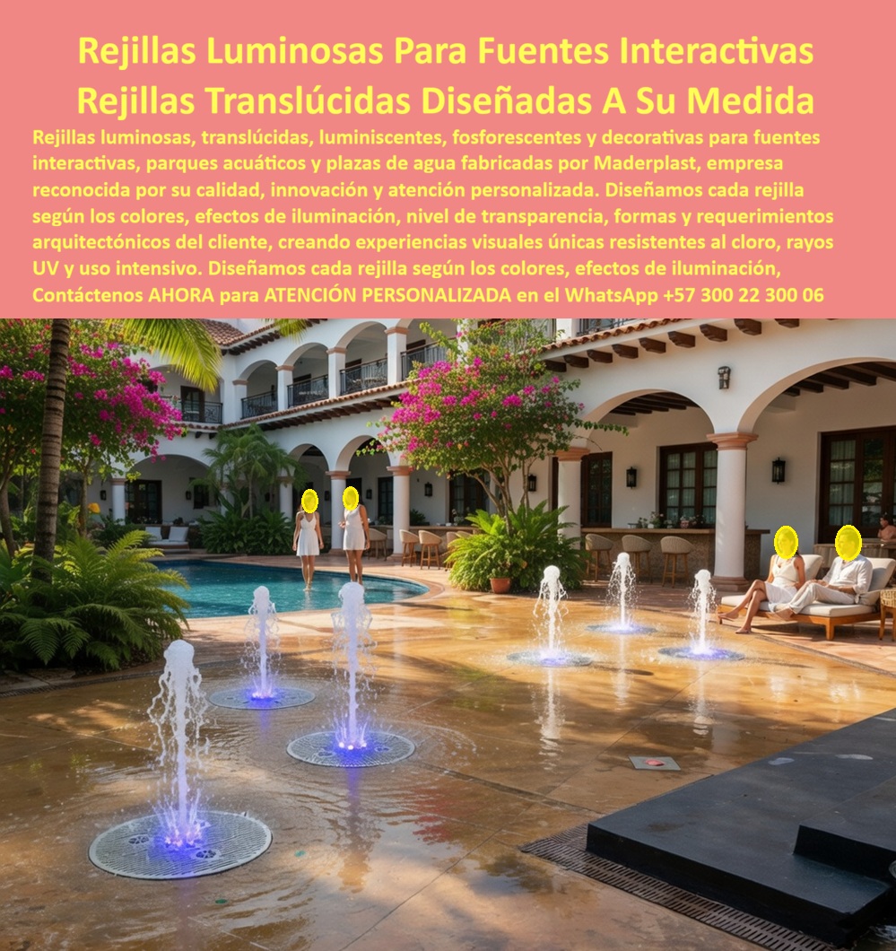 Rejillas Filtrantes Parques Acuáticos Piso Fuentes Interactivas Maderplast - Rejillas Luminosas Para Fuentes Interactivas: Ingeniería Hidráulica, Diseño Arquitectónico y Experiencias Visuales Memorables Las fuentes interactivas modernas han evolucionado mucho más allá de ser simples sistemas de agua. Hoy son elementos arquitectónicos capaces de transformar hoteles, resorts, parques acuáticos, plazas públicas, clubes, centros comerciales y complejos recreativos en espacios de alto impacto visual que atraen visitantes durante el día y generan espectáculos luminosos durante la noche. En este tipo de proyectos, la combinación entre seguridad peatonal, drenaje eficiente, estética arquitectónica e iluminación integrada se ha convertido en uno de los factores más valorados por diseñadores, operadores y propietarios. La imagen muestra una elegante fuente interactiva instalada en un entorno hotelero de alto nivel donde las rejillas filtrantes forman parte activa de la experiencia visual. Durante el funcionamiento, los chorros de agua emergen desde superficies especialmente diseñadas para permitir el drenaje permanente mientras incorporan efectos luminosos que enriquecen la percepción del espacio y generan ambientes atractivos para huéspedes y visitantes. A diferencia de las rejillas convencionales cuya única función consiste en captar y evacuar agua, las rejillas especiales desarrolladas para proyectos creativos modernos pueden convertirse en elementos arquitectónicos decorativos capaces de integrarse completamente al concepto visual del proyecto. Esto permite transformar una infraestructura hidráulica tradicional en un componente estético que aporta identidad, diferenciación y valor a la instalación. Uno de los aspectos más interesantes de este tipo de soluciones es la posibilidad de personalización. Dependiendo de los objetivos arquitectónicos y comerciales del proyecto, las rejillas pueden fabricarse translúcidas, transparentes, reflectivas, luminiscentes, fosforescentes o preparadas para integrar sistemas de iluminación LED. De esta manera, los diseñadores pueden definir niveles de transparencia, colores, efectos especiales, geometrías, tamaños y configuraciones específicas para crear experiencias únicas adaptadas a cada espacio. En hoteles y resorts, estas soluciones permiten desarrollar plazas de agua, senderos interactivos, zonas infantiles, áreas de relajación y espacios decorativos capaces de atraer visitantes tanto de día como de noche. La iluminación integrada convierte las fuentes en puntos focales del paisaje, mejorando la percepción de exclusividad y elevando el valor estético de toda la instalación. Desde el punto de vista técnico, el desafío es considerablemente mayor que en una rejilla convencional. El sistema debe mantener una excelente capacidad de drenaje para evacuar continuamente el agua de operación mientras soporta tránsito peatonal permanente, exposición constante al cloro, radiación ultravioleta, humedad continua y condiciones ambientales exigentes. La combinación de estas variables exige materiales especialmente desarrollados para trabajar durante largos periodos sin perder estabilidad funcional ni calidad visual. La seguridad también juega un papel determinante. Las superficies utilizadas en fuentes interactivas deben permitir el desplazamiento seguro de niños, jóvenes y adultos sobre zonas húmedas, garantizando simultáneamente un drenaje eficiente que evite acumulaciones de agua y preserve el correcto funcionamiento hidráulico del sistema. Otro aspecto relevante es la flexibilidad de fabricación. Cada proyecto presenta necesidades diferentes relacionadas con formas arquitectónicas, diámetros, diseños circulares, configuraciones especiales, efectos visuales y requerimientos hidráulicos particulares. Por esta razón, la capacidad de fabricar componentes personalizados permite adaptar cada solución al diseño específico del arquitecto, constructor u operador turístico. Maderplast fabrica rejillas filtrantes especiales para fuentes interactivas, plazas de agua, parques acuáticos, hoteles, resorts, clubes y espacios recreativos donde el drenaje hidráulico debe convivir con la estética arquitectónica. Estas soluciones pueden desarrollarse en configuraciones translúcidas, luminiscentes, fosforescentes, reflectivas o preparadas para integrar sistemas de iluminación, permitiendo crear proyectos visualmente impactantes sin sacrificar seguridad ni funcionalidad. Cuando una fuente interactiva logra combinar agua, iluminación, arquitectura y seguridad en una sola experiencia, deja de ser únicamente una instalación hidráulica para convertirse en un atractivo que genera recordación, permanencia y valor para todo el proyecto. Precisamente allí es donde las rejillas especializadas adquieren una importancia estratégica, porque son el elemento que conecta la ingeniería invisible con la experiencia visual que perciben los usuarios. ATENCIÓN PERSONALIZADA POR UN ASESOR A SU SERVICIO WhatsApp: +57 300 22 300 06 Piso Filtrante Fuentes Color Nocturnas Resistente Cloro, Rejillas Filtrantes Parques De Agua Diseño Premium, Senderos Fuentes Color Tipo Playas Que No Se Oxidan PP Rejillas Filtrantes Parques Acuáticos Piso Fuentes Interactivas Maderplast Piso Filtrante Fuentes Color Nocturnas Resistente Cloro Rejillas Filtrantes Parques De Agua Diseño Premium Senderos Fuentes Color Tipo Playas Que No Se Oxidan PP Rejillas Luminosas Para Fuentes Interactivas: Ingeniería Hidráulica, Diseño Arquitectónico y Experiencias Visuales Memorables Las fuentes interactivas modernas han evolucionado mucho más allá de ser simples sistemas de agua. Hoy son elementos arquitectónicos capaces de transformar hoteles, resorts, parques acuáticos, plazas públicas, clubes, centros comerciales y complejos recreativos en espacios de alto impacto visual que atraen visitantes durante el día y generan espectáculos luminosos durante la noche. En este tipo de proyectos, la combinación entre seguridad peatonal, drenaje eficiente, estética arquitectónica e iluminación integrada se ha convertido en uno de los factores más valorados por diseñadores, operadores y propietarios. La imagen muestra una elegante fuente interactiva instalada en un entorno hotelero de alto nivel donde las rejillas filtrantes forman parte activa de la experiencia visual. Durante el funcionamiento, los chorros de agua emergen desde superficies especialmente diseñadas para permitir el drenaje permanente mientras incorporan efectos luminosos que enriquecen la percepción del espacio y generan ambientes atractivos para huéspedes y visitantes. A diferencia de las rejillas convencionales cuya única función consiste en captar y evacuar agua, las rejillas especiales desarrolladas para proyectos creativos modernos pueden convertirse en elementos arquitectónicos decorativos capaces de integrarse completamente al concepto visual del proyecto. Esto permite transformar una infraestructura hidráulica tradicional en un componente estético que aporta identidad, diferenciación y valor a la instalación. Uno de los aspectos más interesantes de este tipo de soluciones es la posibilidad de personalización. Dependiendo de los objetivos arquitectónicos y comerciales del proyecto, las rejillas pueden fabricarse translúcidas, transparentes, reflectivas, luminiscentes, fosforescentes o preparadas para integrar sistemas de iluminación LED. De esta manera, los diseñadores pueden definir niveles de transparencia, colores, efectos especiales, geometrías, tamaños y configuraciones específicas para crear experiencias únicas adaptadas a cada espacio. En hoteles y resorts, estas soluciones permiten desarrollar plazas de agua, senderos interactivos, zonas infantiles, áreas de relajación y espacios decorativos capaces de atraer visitantes tanto de día como de noche. La iluminación integrada convierte las fuentes en puntos focales del paisaje, mejorando la percepción de exclusividad y elevando el valor estético de toda la instalación. Desde el punto de vista técnico, el desafío es considerablemente mayor que en una rejilla convencional. El sistema debe mantener una excelente capacidad de drenaje para evacuar continuamente el agua de operación mientras soporta tránsito peatonal permanente, exposición constante al cloro, radiación ultravioleta, humedad continua y condiciones ambientales exigentes. La combinación de estas variables exige materiales especialmente desarrollados para trabajar durante largos periodos sin perder estabilidad funcional ni calidad visual. La seguridad también juega un papel determinante. Las superficies utilizadas en fuentes interactivas deben permitir el desplazamiento seguro de niños, jóvenes y adultos sobre zonas húmedas, garantizando simultáneamente un drenaje eficiente que evite acumulaciones de agua y preserve el correcto funcionamiento hidráulico del sistema. Otro aspecto relevante es la flexibilidad de fabricación. Cada proyecto presenta necesidades diferentes relacionadas con formas arquitectónicas, diámetros, diseños circulares, configuraciones especiales, efectos visuales y requerimientos hidráulicos particulares. Por esta razón, la capacidad de fabricar componentes personalizados permite adaptar cada solución al diseño específico del arquitecto, constructor u operador turístico. Maderplast fabrica rejillas filtrantes especiales para fuentes interactivas, plazas de agua, parques acuáticos, hoteles, resorts, clubes y espacios recreativos donde el drenaje hidráulico debe convivir con la estética arquitectónica. Estas soluciones pueden desarrollarse en configuraciones translúcidas, luminiscentes, fosforescentes, reflectivas o preparadas para integrar sistemas de iluminación, permitiendo crear proyectos visualmente impactantes sin sacrificar seguridad ni funcionalidad. Cuando una fuente interactiva logra combinar agua, iluminación, arquitectura y seguridad en una sola experiencia, deja de ser únicamente una instalación hidráulica para convertirse en un atractivo que genera recordación, permanencia y valor para todo el proyecto. Precisamente allí es donde las rejillas especializadas adquieren una importancia estratégica, porque son el elemento que conecta la ingeniería invisible con la experiencia visual que perciben los usuarios. ATENCIÓN PERSONALIZADA POR UN ASESOR A SU SERVICIO WhatsApp: +57 300 22 300 06