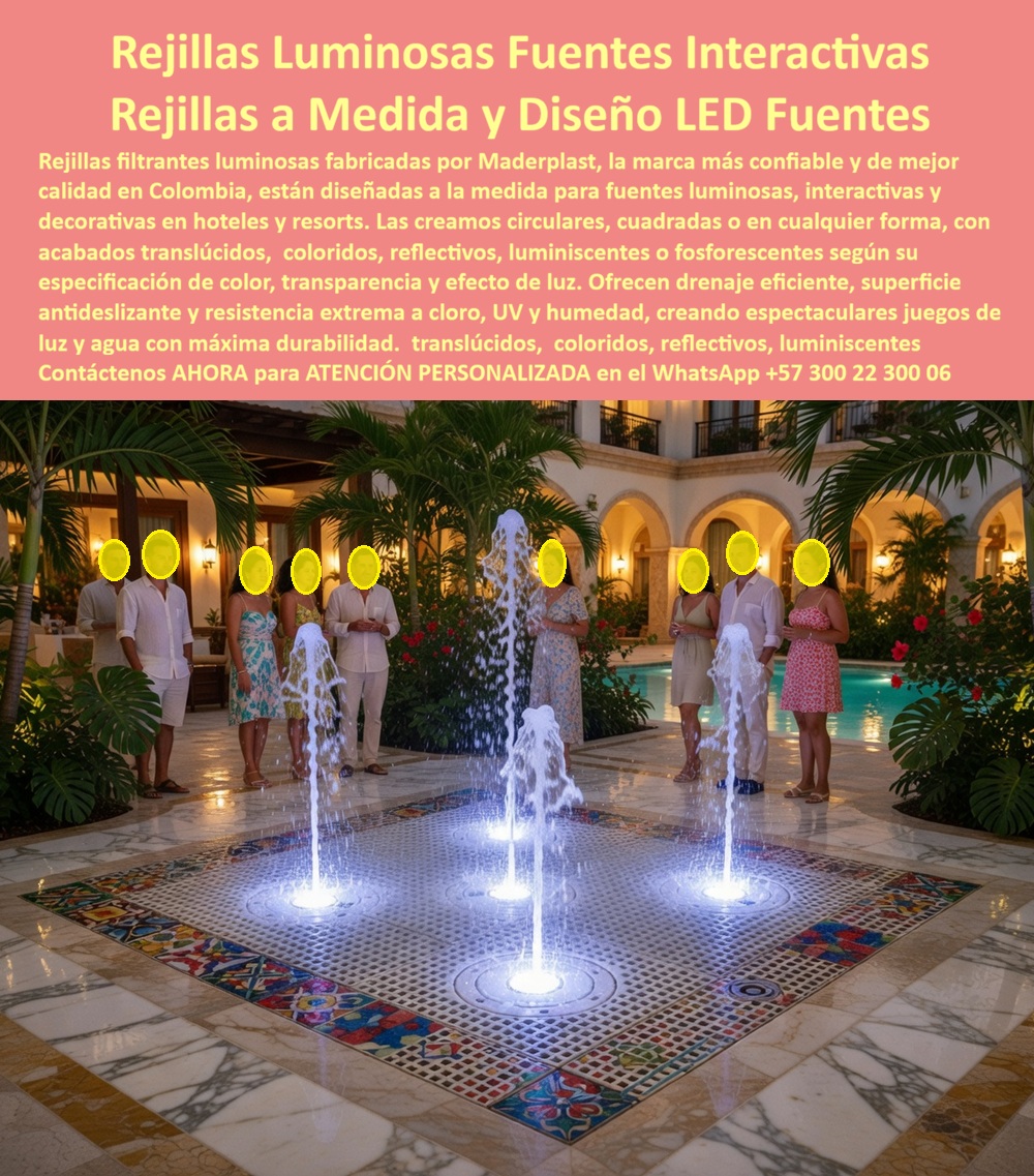 Rejillas Filtrantes Parques Acuáticos Piso Fuentes Interactivas Maderplast - Rejillas Luminosas Fuentes Interactivas — Rejillas A Medida Diseño LED Fuentes Hoteleras Translúcidas Jets de agua con iluminación LED azul-blanca emergen desde módulos filtrantes translúcidos integrados exactamente al ras del mosaico cerámico artesanal multicolor: invitados de evento social nocturno de lujo rodeando la fuente en el patio colonial, arcos iluminados y palmeras al fondo, el efecto de luz refractada en el agua convirtiendo el piso en el protagonista absoluto de la noche. Esa fuente interactiva LED no es solo un elemento decorativo — es el diferenciador que determina qué ventana eligen los organizadores de eventos sociales de alto nivel en Cartagena y en cualquier destino hotelero de categoría. Y el elemento técnico que hace posible ese efecto visual espectacular es la rejilla filtrante translúcida que potencia y refracta la luz LED desde abajo, integrada al ras del piso sin interrumpir el diseño arquitectónico original. Maderplast la fábrica sobre plano exacto, en madera plástica translúcida, luminiscente, reflectiva o fosforescente según la especificación del proyecto. El problema técnico que ningún proveedor convencional puede resolver en una fuente LED de patio hotelero patrimonial es la confluencia de tres exigencias simultáneas que se contradicen entre sí con materiales estándar: el módulo filtrante debe ser translúcido para potenciar el efecto luminoso subacuático, debe quedar exactamente al ras del mosaico artesanal existente sin diferencias de nivel perceptibles, y debe ser antideslizante certificado bajo agua permanente para eventos con invitados formales caminando sobre la fuente activa. Un módulo opaco cancela el efecto luminoso. Un módulo con diferencia de nivel de dos milímetros es un error visible en un piso de mosaico artesanal de alto valor patrimonial. Un módulo sin superficie antideslizante certificada es responsabilidad legal del hotel ante cualquier caída durante un evento de gala. Los tres problemas juntos son exactamente lo que Maderplast resuelve en una sola fabricación personalizada. Las rejillas filtrantes luminosas de Maderplast en madera plástica de alto impacto se fabrican en acabado translúcido, reflectivo, luminiscente o fosforescente según el efecto luminoso deseado y el sistema LED subacuático especificado en el proyecto — potenciando y refractando la luz sin absorber ni bloquearla. La fabricación sobre plano exacto de arquitectura garantiza el ajuste milimétrico al mosaico circundante, cualquier forma cuadrada, circular, radial o libre, con drenaje eficiente integrado en las ranuras de filtración. Antideslizante certificado bajo agua permanente y jets de presión, resistente a cloro, UV extremo y humedad constante sin deformación ni pérdida de propiedades ópticas durante más de 20 años de garantía certificada — cero mantenimiento, instalación llave en mano. Santiago Arango Villa, Director de Diseño y Arquitectura del Hotel Palacio Colonial Cartagena, lo documenta con la precisión de quien especifica elementos irreversibles en espacios patrimoniales: "El piso sobre los jets LED tenía que ser translúcido para potenciar el efecto luminoso, antideslizante para eventos con invitados de noche y resistente al cloro sin ningún mantenimiento visible. Ningún proveedor convencional tenía esa capacidad." Maderplast recibió los planos, fabricó los módulos translúcidos con ajuste milimétrico al mosaico artesanal existente. "La precisión del encaje fue milimétrica. El efecto nocturno superó todo lo que habíamos visualizado en los renders." Desde la inauguración, la fuente LED del patio es el diferenciador número uno en la selección del venue para eventos sociales de lujo en Cartagena y el elemento más publicado del hotel en redes sociales. "Maderplast nos fabricó el corazón luminoso del hotel. Sin mantenimiento, con un impacto visual que ningún competidor puede replicar." Evidencia técnica completa en youtube.com/@maderplasSA. Cuando se trata de rejillas filtrantes luminosas para fuentes LED, patios hoteleros y espacios de eventos de lujo donde el efecto visual y la seguridad son simultáneamente innegociables, Maderplast es el fabricante colombiano con más de 30 años de trayectoria: planos exactos, especificación óptica personalizada y entrega llave en mano. Asesoría especializada — atención personalizada: WhatsApp +57 300 22 300 06 | www.maderplast.com Rejillas Redondas Fuentes Luminosas Hotel Patio Plástico Inoxidable Sin Corrosión, Rejillas Filtrantes Fuentes Hoteleras Resistente Cloro UV, Rejillas Fuentes Luz Rejillas Filtrantes Parques Acuáticos Piso Fuentes Interactivas Maderplast Rejillas Redondas Fuentes Luminosas Hotel Patio Plástico Inoxidable Sin Corrosión Rejillas Filtrantes Fuentes Hoteleras Resistente Cloro UV Rejillas Fuentes Luz Rejillas Luminosas Fuentes Interactivas — Rejillas A Medida Diseño LED Fuentes Hoteleras Translúcidas Jets de agua con iluminación LED azul-blanca emergen desde módulos filtrantes translúcidos integrados exactamente al ras del mosaico cerámico artesanal multicolor: invitados de evento social nocturno de lujo rodeando la fuente en el patio colonial, arcos iluminados y palmeras al fondo, el efecto de luz refractada en el agua convirtiendo el piso en el protagonista absoluto de la noche. Esa fuente interactiva LED no es solo un elemento decorativo — es el diferenciador que determina qué ventana eligen los organizadores de eventos sociales de alto nivel en Cartagena y en cualquier destino hotelero de categoría. Y el elemento técnico que hace posible ese efecto visual espectacular es la rejilla filtrante translúcida que potencia y refracta la luz LED desde abajo, integrada al ras del piso sin interrumpir el diseño arquitectónico original. Maderplast la fábrica sobre plano exacto, en madera plástica translúcida, luminiscente, reflectiva o fosforescente según la especificación del proyecto. El problema técnico que ningún proveedor convencional puede resolver en una fuente LED de patio hotelero patrimonial es la confluencia de tres exigencias simultáneas que se contradicen entre sí con materiales estándar: el módulo filtrante debe ser translúcido para potenciar el efecto luminoso subacuático, debe quedar exactamente al ras del mosaico artesanal existente sin diferencias de nivel perceptibles, y debe ser antideslizante certificado bajo agua permanente para eventos con invitados formales caminando sobre la fuente activa. Un módulo opaco cancela el efecto luminoso. Un módulo con diferencia de nivel de dos milímetros es un error visible en un piso de mosaico artesanal de alto valor patrimonial. Un módulo sin superficie antideslizante certificada es responsabilidad legal del hotel ante cualquier caída durante un evento de gala. Los tres problemas juntos son exactamente lo que Maderplast resuelve en una sola fabricación personalizada. Las rejillas filtrantes luminosas de Maderplast en madera plástica de alto impacto se fabrican en acabado translúcido, reflectivo, luminiscente o fosforescente según el efecto luminoso deseado y el sistema LED subacuático especificado en el proyecto — potenciando y refractando la luz sin absorber ni bloquearla. La fabricación sobre plano exacto de arquitectura garantiza el ajuste milimétrico al mosaico circundante, cualquier forma cuadrada, circular, radial o libre, con drenaje eficiente integrado en las ranuras de filtración. Antideslizante certificado bajo agua permanente y jets de presión, resistente a cloro, UV extremo y humedad constante sin deformación ni pérdida de propiedades ópticas durante más de 20 años de garantía certificada — cero mantenimiento, instalación llave en mano. Santiago Arango Villa, Director de Diseño y Arquitectura del Hotel Palacio Colonial Cartagena, lo documenta con la precisión de quien especifica elementos irreversibles en espacios patrimoniales: "El piso sobre los jets LED tenía que ser translúcido para potenciar el efecto luminoso, antideslizante para eventos con invitados de noche y resistente al cloro sin ningún mantenimiento visible. Ningún proveedor convencional tenía esa capacidad." Maderplast recibió los planos, fabricó los módulos translúcidos con ajuste milimétrico al mosaico artesanal existente. "La precisión del encaje fue milimétrica. El efecto nocturno superó todo lo que habíamos visualizado en los renders." Desde la inauguración, la fuente LED del patio es el diferenciador número uno en la selección del venue para eventos sociales de lujo en Cartagena y el elemento más publicado del hotel en redes sociales. "Maderplast nos fabricó el corazón luminoso del hotel. Sin mantenimiento, con un impacto visual que ningún competidor puede replicar." Evidencia técnica completa en youtube.com/@maderplasSA. Cuando se trata de rejillas filtrantes luminosas para fuentes LED, patios hoteleros y espacios de eventos de lujo donde el efecto visual y la seguridad son simultáneamente innegociables, Maderplast es el fabricante colombiano con más de 30 años de trayectoria: planos exactos, especificación óptica personalizada y entrega llave en mano. Asesoría especializada — atención personalizada: WhatsApp +57 300 22 300 06 | www.maderplast.com