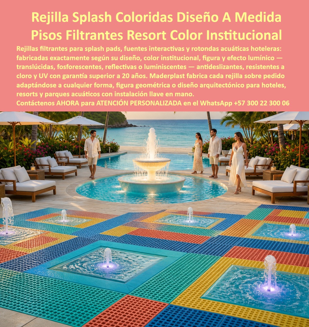Rejillas Filtrantes Parques Acuáticos Piso Fuentes Interactivas Maderplast - Rejillas Personalizadas Para Splash Pads y Fuentes Interactivas: Cuando la Ingeniería Hidráulica También Hace Parte del Diseño Arquitectónico En los proyectos recreativos modernos, las fuentes interactivas, splash pads, plazas de agua y parques acuáticos han dejado de ser simples sistemas hidráulicos para convertirse en verdaderos elementos de atracción visual capaces de generar experiencias memorables para visitantes, huéspedes y familias. En este nuevo enfoque, cada componente del sistema adquiere importancia estética y funcional, incluyendo las rejillas filtrantes que tradicionalmente eran consideradas únicamente elementos técnicos de drenaje. La imagen muestra un extraordinario ejemplo de integración entre arquitectura, recreación e ingeniería hidráulica. Las superficies filtrantes no solamente cumplen la función de captar y evacuar el agua de operación, sino que participan activamente en la construcción visual del espacio mediante colores, geometrías, contrastes y configuraciones personalizadas que transforman el piso en un elemento decorativo de gran impacto. Uno de los aspectos más valorados por arquitectos, diseñadores y operadores turísticos es la posibilidad de fabricar cada sistema completamente personalizado. En este tipo de proyectos no existen limitaciones obligatorias de color, forma o configuración. Las rejillas pueden desarrollarse siguiendo los colores corporativos del hotel, resort, parque acuático o institución, permitiendo que toda la experiencia visual conserve una identidad gráfica coherente y reconocible para los visitantes. La fabricación sobre diseño también permite incorporar figuras geométricas especiales, patrones decorativos, logotipos institucionales, zonas temáticas, senderos interactivos y configuraciones exclusivas adaptadas a cada proyecto. Esto resulta especialmente atractivo para hoteles de lujo, complejos turísticos, parques temáticos y desarrollos recreativos que buscan diferenciarse de la competencia mediante experiencias únicas y altamente fotogénicas. Desde el punto de vista técnico, estas superficies deben cumplir simultáneamente múltiples funciones. Deben permitir el drenaje eficiente de grandes volúmenes de agua, soportar tránsito peatonal continuo, ofrecer seguridad al caminar descalzo, resistir exposición permanente al cloro, soportar radiación ultravioleta intensa y mantener estabilidad dimensional durante largos ciclos de operación. La combinación de todos estos requisitos exige materiales desarrollados específicamente para ambientes recreativos de alta exigencia. Otro aspecto especialmente atractivo es la posibilidad de incorporar tecnologías visuales avanzadas. Dependiendo del proyecto, las rejillas pueden fabricarse translúcidas, reflectivas, luminiscentes, fosforescentes o preparadas para integrar sistemas de iluminación LED que transforman completamente la apariencia del espacio durante las horas nocturnas. Esto permite crear espectáculos visuales donde agua, color, iluminación y arquitectura trabajan conjuntamente para producir experiencias inmersivas que incrementan el atractivo del lugar. Para hoteles y resorts, este tipo de instalaciones representa una herramienta adicional de diferenciación comercial. Una fuente interactiva personalizada con colores institucionales, iluminación especial y diseño exclusivo se convierte en un punto de encuentro, un escenario fotográfico y un elemento distintivo que fortalece la identidad del proyecto turístico y mejora la experiencia general del visitante. Maderplast fabrica rejillas filtrantes para splash pads, fuentes interactivas, plazas de agua, parques acuáticos, hoteles, resorts y complejos recreativos, desarrollando cada proyecto de acuerdo con los requerimientos específicos de arquitectura, hidráulica y diseño. Las rejillas pueden fabricarse en múltiples colores, configuraciones, formas geométricas y acabados especiales, incluyendo versiones translúcidas, reflectivas, luminiscentes o preparadas para efectos de iluminación. Esta capacidad de personalización permite transformar una infraestructura hidráulica convencional en un elemento arquitectónico diferenciador que aporta valor visual, identidad institucional y funcionalidad operativa durante muchos años. Cuando una fuente interactiva combina seguridad, drenaje eficiente, diseño arquitectónico y personalización visual, deja de ser simplemente una atracción acuática para convertirse en una experiencia que los visitantes recuerdan, fotografían y comparten. Precisamente allí radica el verdadero valor de las rejillas filtrantes diseñadas a medida: convertir la ingeniería hidráulica en parte integral de la experiencia estética del proyecto. ATENCIÓN PERSONALIZADA POR UN ASESOR A SU SERVICIO WhatsApp: +57 300 22 300 06 Rejillas Rotonda Fuente De Agua, Rejilla Sobre Pedido, Rejilla Sobre Diseño Fuente Luminosa, Rejillas Antideslizantes Fuentes Splash Pads, Rejillas Piso Filtrante Rejillas Filtrantes Parques Acuáticos Piso Fuentes Interactivas Maderplast Rejillas Rotonda Fuente De Agua Rejilla Sobre Pedido Rejilla Sobre Diseño Fuente Luminosa Rejillas Antideslizantes Fuentes Splash Pads Rejillas Piso Filtrante Rejillas Personalizadas Para Splash Pads y Fuentes Interactivas: Cuando la Ingeniería Hidráulica También Hace Parte del Diseño Arquitectónico En los proyectos recreativos modernos, las fuentes interactivas, splash pads, plazas de agua y parques acuáticos han dejado de ser simples sistemas hidráulicos para convertirse en verdaderos elementos de atracción visual capaces de generar experiencias memorables para visitantes, huéspedes y familias. En este nuevo enfoque, cada componente del sistema adquiere importancia estética y funcional, incluyendo las rejillas filtrantes que tradicionalmente eran consideradas únicamente elementos técnicos de drenaje. La imagen muestra un extraordinario ejemplo de integración entre arquitectura, recreación e ingeniería hidráulica. Las superficies filtrantes no solamente cumplen la función de captar y evacuar el agua de operación, sino que participan activamente en la construcción visual del espacio mediante colores, geometrías, contrastes y configuraciones personalizadas que transforman el piso en un elemento decorativo de gran impacto. Uno de los aspectos más valorados por arquitectos, diseñadores y operadores turísticos es la posibilidad de fabricar cada sistema completamente personalizado. En este tipo de proyectos no existen limitaciones obligatorias de color, forma o configuración. Las rejillas pueden desarrollarse siguiendo los colores corporativos del hotel, resort, parque acuático o institución, permitiendo que toda la experiencia visual conserve una identidad gráfica coherente y reconocible para los visitantes. La fabricación sobre diseño también permite incorporar figuras geométricas especiales, patrones decorativos, logotipos institucionales, zonas temáticas, senderos interactivos y configuraciones exclusivas adaptadas a cada proyecto. Esto resulta especialmente atractivo para hoteles de lujo, complejos turísticos, parques temáticos y desarrollos recreativos que buscan diferenciarse de la competencia mediante experiencias únicas y altamente fotogénicas. Desde el punto de vista técnico, estas superficies deben cumplir simultáneamente múltiples funciones. Deben permitir el drenaje eficiente de grandes volúmenes de agua, soportar tránsito peatonal continuo, ofrecer seguridad al caminar descalzo, resistir exposición permanente al cloro, soportar radiación ultravioleta intensa y mantener estabilidad dimensional durante largos ciclos de operación. La combinación de todos estos requisitos exige materiales desarrollados específicamente para ambientes recreativos de alta exigencia. Otro aspecto especialmente atractivo es la posibilidad de incorporar tecnologías visuales avanzadas. Dependiendo del proyecto, las rejillas pueden fabricarse translúcidas, reflectivas, luminiscentes, fosforescentes o preparadas para integrar sistemas de iluminación LED que transforman completamente la apariencia del espacio durante las horas nocturnas. Esto permite crear espectáculos visuales donde agua, color, iluminación y arquitectura trabajan conjuntamente para producir experiencias inmersivas que incrementan el atractivo del lugar. Para hoteles y resorts, este tipo de instalaciones representa una herramienta adicional de diferenciación comercial. Una fuente interactiva personalizada con colores institucionales, iluminación especial y diseño exclusivo se convierte en un punto de encuentro, un escenario fotográfico y un elemento distintivo que fortalece la identidad del proyecto turístico y mejora la experiencia general del visitante. Maderplast fabrica rejillas filtrantes para splash pads, fuentes interactivas, plazas de agua, parques acuáticos, hoteles, resorts y complejos recreativos, desarrollando cada proyecto de acuerdo con los requerimientos específicos de arquitectura, hidráulica y diseño. Las rejillas pueden fabricarse en múltiples colores, configuraciones, formas geométricas y acabados especiales, incluyendo versiones translúcidas, reflectivas, luminiscentes o preparadas para efectos de iluminación. Esta capacidad de personalización permite transformar una infraestructura hidráulica convencional en un elemento arquitectónico diferenciador que aporta valor visual, identidad institucional y funcionalidad operativa durante muchos años. Cuando una fuente interactiva combina seguridad, drenaje eficiente, diseño arquitectónico y personalización visual, deja de ser simplemente una atracción acuática para convertirse en una experiencia que los visitantes recuerdan, fotografían y comparten. Precisamente allí radica el verdadero valor de las rejillas filtrantes diseñadas a medida: convertir la ingeniería hidráulica en parte integral de la experiencia estética del proyecto. ATENCIÓN PERSONALIZADA POR UN ASESOR A SU SERVICIO WhatsApp: +57 300 22 300 06