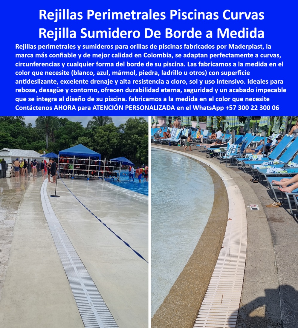 Rejillas Plástica De Orillas Y Fondos De Piscinas Maderplast - Rejillas Perimetrales Curvas Para Piscinas: La Importancia de un Drenaje Seguro, Estético y Fabricado a la Medida En cualquier piscina moderna, ya sea recreativa, hotelera, deportiva, temática o perteneciente a un parque acuático, existe un elemento técnico que suele pasar desapercibido para la mayoría de los usuarios, pero que resulta absolutamente fundamental para el funcionamiento hidráulico, la seguridad de los bañistas y la apariencia general del proyecto: las rejillas perimetrales de rebose y drenaje. La imagen muestra dos aplicaciones reales de rejillas hidráulicas instaladas en piscinas de geometrías completamente diferentes. En ambos casos se observa cómo las rejillas acompañan perfectamente las curvas, radios y contornos de las piscinas, manteniendo una continuidad visual impecable mientras permiten captar y conducir eficientemente el agua de rebose hacia los sistemas de filtración y recirculación. Uno de los principales desafíos de los diseñadores, arquitectos y constructores de piscinas es precisamente lograr que los sistemas de drenaje se adapten a formas curvas, diseños orgánicos, radios variables y geometrías especiales sin afectar la estética ni el funcionamiento hidráulico de la obra. En muchos proyectos las piscinas dejan de ser figuras rectangulares simples para convertirse en elementos arquitectónicos complejos que requieren componentes fabricados específicamente para cada contorno. Por esta razón, Maderplast fabrica rejillas perimetrales rectas, curvas, radiales, circulares y especiales completamente adaptadas a las dimensiones reales de cada proyecto. Esto permite seguir con precisión las curvas de piscinas recreativas, piscinas de olas, ríos lentos, parques acuáticos, jacuzzis, fuentes ornamentales y complejos turísticos donde los sistemas estándar simplemente no ofrecen una solución adecuada. Además de la adaptación geométrica, las rejillas trabajan permanentemente bajo condiciones extremadamente exigentes. Deben soportar exposición continua a cloro, productos químicos de tratamiento de agua, radiación ultravioleta, humedad constante, tránsito peatonal intensivo y ciclos continuos de operación durante años. Por ello, la resistencia del material se convierte en un factor determinante para evitar deformaciones, fracturas prematuras, pérdida de color o deterioro funcional. La seguridad también juega un papel fundamental. Una rejilla de rebose correctamente diseñada debe permitir un drenaje eficiente sin representar riesgos para los usuarios. Debe proporcionar una superficie estable para caminar, minimizar zonas resbaladizas y mantener un comportamiento confiable incluso en instalaciones con grandes volúmenes de visitantes, como hoteles, centros vacacionales y parques acuáticos. Otro aspecto especialmente valorado por arquitectos y diseñadores es la posibilidad de personalizar el acabado visual. Las rejillas pueden fabricarse en diferentes tonalidades para integrarse con el diseño arquitectónico de la piscina y del entorno. Dependiendo del proyecto, pueden producirse en colores claros, tonos similares al mármol, acabados tipo piedra, tonalidades arena, blanco, azul u otras opciones que permitan una integración estética armónica con el paisaje y la arquitectura circundante. Sin embargo, el verdadero valor de una solución hidráulica no se encuentra únicamente en la rejilla visible. Un sistema eficiente requiere compatibilidad con los canales de rebose, sumideros, soportes y elementos complementarios que garantizan un funcionamiento adecuado durante toda la vida útil de la instalación. Por ello, en proyectos de alta exigencia resulta especialmente importante trabajar con fabricantes que comprendan integralmente las necesidades hidráulicas y constructivas de las piscinas modernas. La experiencia demuestra que los problemas más costosos en piscinas rara vez aparecen durante la inauguración. Normalmente surgen años después como consecuencia de materiales que no soportaron adecuadamente la exposición química, el tránsito continuo o las exigencias hidráulicas del proyecto. Por esta razón, operadores hoteleros, administradores de parques acuáticos, clubes recreativos y constructores especializados suelen priorizar soluciones que ofrezcan estabilidad dimensional, resistencia química, seguridad operacional y facilidad de integración arquitectónica. Las rejillas perimetrales fabricadas a medida representan precisamente esa combinación entre ingeniería hidráulica, seguridad para los usuarios y armonía estética. Son un componente esencial para garantizar que la piscina conserve durante años su funcionalidad, su apariencia y su capacidad de operación eficiente, incluso bajo las condiciones más exigentes de uso recreativo y turístico. En proyectos donde la calidad, la seguridad y la durabilidad son factores prioritarios, la posibilidad de fabricar rejillas adaptadas exactamente al contorno de cada piscina permite obtener un resultado mucho más profesional, mejor integrado arquitectónicamente y preparado para soportar largos ciclos de servicio con una intervención mínima. Esa es precisamente la razón por la cual las rejillas curvas y personalizadas se han convertido en una de las soluciones más valoradas en la construcción moderna de piscinas, parques acuáticos y complejos turísticos de alta categoría. Rejilla Sumidero Contorno Piscina Resistente Cloro Alta Durabilidad, Rejillas Filtrantes Orillas Piscinas Uso Intensivo, Rejillas Hidráulicas Para Rebose Y Desagüe Piscinas, Sol Rejillas Plástica De Orillas Y Fondos De Piscinas Maderplast Rejilla Sumidero Contorno Piscina Resistente Cloro Alta Durabilidad Rejillas Filtrantes Orillas Piscinas Uso Intensivo Rejillas Hidráulicas Para Rebose Y Desagüe Piscinas Sol Rejillas Perimetrales Curvas Para Piscinas: La Importancia de un Drenaje Seguro, Estético y Fabricado a la Medida En cualquier piscina moderna, ya sea recreativa, hotelera, deportiva, temática o perteneciente a un parque acuático, existe un elemento técnico que suele pasar desapercibido para la mayoría de los usuarios, pero que resulta absolutamente fundamental para el funcionamiento hidráulico, la seguridad de los bañistas y la apariencia general del proyecto: las rejillas perimetrales de rebose y drenaje. La imagen muestra dos aplicaciones reales de rejillas hidráulicas instaladas en piscinas de geometrías completamente diferentes. En ambos casos se observa cómo las rejillas acompañan perfectamente las curvas, radios y contornos de las piscinas, manteniendo una continuidad visual impecable mientras permiten captar y conducir eficientemente el agua de rebose hacia los sistemas de filtración y recirculación. Uno de los principales desafíos de los diseñadores, arquitectos y constructores de piscinas es precisamente lograr que los sistemas de drenaje se adapten a formas curvas, diseños orgánicos, radios variables y geometrías especiales sin afectar la estética ni el funcionamiento hidráulico de la obra. En muchos proyectos las piscinas dejan de ser figuras rectangulares simples para convertirse en elementos arquitectónicos complejos que requieren componentes fabricados específicamente para cada contorno. Por esta razón, Maderplast fabrica rejillas perimetrales rectas, curvas, radiales, circulares y especiales completamente adaptadas a las dimensiones reales de cada proyecto. Esto permite seguir con precisión las curvas de piscinas recreativas, piscinas de olas, ríos lentos, parques acuáticos, jacuzzis, fuentes ornamentales y complejos turísticos donde los sistemas estándar simplemente no ofrecen una solución adecuada. Además de la adaptación geométrica, las rejillas trabajan permanentemente bajo condiciones extremadamente exigentes. Deben soportar exposición continua a cloro, productos químicos de tratamiento de agua, radiación ultravioleta, humedad constante, tránsito peatonal intensivo y ciclos continuos de operación durante años. Por ello, la resistencia del material se convierte en un factor determinante para evitar deformaciones, fracturas prematuras, pérdida de color o deterioro funcional. La seguridad también juega un papel fundamental. Una rejilla de rebose correctamente diseñada debe permitir un drenaje eficiente sin representar riesgos para los usuarios. Debe proporcionar una superficie estable para caminar, minimizar zonas resbaladizas y mantener un comportamiento confiable incluso en instalaciones con grandes volúmenes de visitantes, como hoteles, centros vacacionales y parques acuáticos. Otro aspecto especialmente valorado por arquitectos y diseñadores es la posibilidad de personalizar el acabado visual. Las rejillas pueden fabricarse en diferentes tonalidades para integrarse con el diseño arquitectónico de la piscina y del entorno. Dependiendo del proyecto, pueden producirse en colores claros, tonos similares al mármol, acabados tipo piedra, tonalidades arena, blanco, azul u otras opciones que permitan una integración estética armónica con el paisaje y la arquitectura circundante. Sin embargo, el verdadero valor de una solución hidráulica no se encuentra únicamente en la rejilla visible. Un sistema eficiente requiere compatibilidad con los canales de rebose, sumideros, soportes y elementos complementarios que garantizan un funcionamiento adecuado durante toda la vida útil de la instalación. Por ello, en proyectos de alta exigencia resulta especialmente importante trabajar con fabricantes que comprendan integralmente las necesidades hidráulicas y constructivas de las piscinas modernas. La experiencia demuestra que los problemas más costosos en piscinas rara vez aparecen durante la inauguración. Normalmente surgen años después como consecuencia de materiales que no soportaron adecuadamente la exposición química, el tránsito continuo o las exigencias hidráulicas del proyecto. Por esta razón, operadores hoteleros, administradores de parques acuáticos, clubes recreativos y constructores especializados suelen priorizar soluciones que ofrezcan estabilidad dimensional, resistencia química, seguridad operacional y facilidad de integración arquitectónica. Las rejillas perimetrales fabricadas a medida representan precisamente esa combinación entre ingeniería hidráulica, seguridad para los usuarios y armonía estética. Son un componente esencial para garantizar que la piscina conserve durante años su funcionalidad, su apariencia y su capacidad de operación eficiente, incluso bajo las condiciones más exigentes de uso recreativo y turístico. En proyectos donde la calidad, la seguridad y la durabilidad son factores prioritarios, la posibilidad de fabricar rejillas adaptadas exactamente al contorno de cada piscina permite obtener un resultado mucho más profesional, mejor integrado arquitectónicamente y preparado para soportar largos ciclos de servicio con una intervención mínima. Esa es precisamente la razón por la cual las rejillas curvas y personalizadas se han convertido en una de las soluciones más valoradas en la construcción moderna de piscinas, parques acuáticos y complejos turísticos de alta categoría.