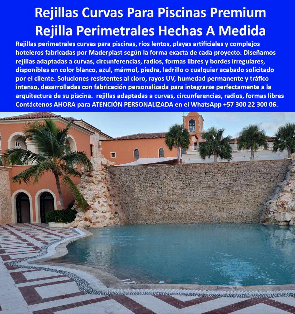 Rejillas Plástica Para Orillas Y Fondos De Piscinas Maderplast - Rejillas Curvas Para Piscinas Premium — Rejillas Perimetrales Hechas A Medida Forma Libre Exacta Una rejilla perimetral blanca crema sigue cada milímetro del contorno sinuoso orgánico de una piscina de forma libre: el borde curvo se integra al ras del mosaico decorativo bordeaux y blanco sin un solo corte recto, sin una transición forzada, sin un punto donde el elemento técnico traicione el diseño arquitectónico — el agua turquesa al frente, el muro de piedra natural, las palmeras y la fachada mediterránea terracota con arcos coloniales al fondo componen un conjunto donde la rejilla es invisible como componente técnico y determinante como acabado premium. Esa precisión geométrica milimétrica sobre una piscina de forma completamente libre es exactamente la capacidad que distingue a Maderplast de cualquier proveedor convencional de rejillas: fabricación sobre plano DWG, adaptada a cualquier radio, circunferencia, forma libre o borde irregular, en el color coordinado con el pavimento del proyecto. El problema técnico que ningún proveedor convencional de rejillas resuelve en piscinas de diseño orgánico es conceptualmente simple pero técnicamente exigente: los módulos rectos o curvos estándar del mercado aproximan la forma pero no la replican — y en un proyecto de piscina mediterránea o caribeña de categoría cinco estrellas, una aproximación en el borde es exactamente lo que el arquitecto, el cliente y el huésped van a notar primero. Ese corte recto donde el contorno exige una curva continua, esa junta forzada donde el radio cambia, esa diferencia de nivel donde el módulo estándar no alcanza la cota del mosaico circundante — cada uno de esos defectos transforma el elemento de drenaje de acabado arquitectónico invisible en error visible que compromete la coherencia visual de todo el diseño. Las rejillas perimetrales curvas de Maderplast se fabrican sobre el plano exacto de arquitectura del proyecto: el archivo DWG del contorno de la piscina define la fabricación, no al revés. Madera plástica de alto impacto en color blanco crema, mármol, azul, piedra, ladrillo o cualquier acabado solicitado — color integral sin pintura que no se descascara con cloro, UV extremo ni ciclos térmicos tropicales — resistente a humedad permanente, tráfico descalzo intenso y salinidad sin deformación térmica ni pérdida dimensional durante más de 20 años de garantía certificada. La ranura de filtración uniforme sigue la curvatura sin interrupciones, el nivel de instalación queda exactamente al ras del pavimento circundante y el conjunto final es técnicamente impecable y arquitectónicamente invisible — que es el único resultado aceptable en un proyecto de esta categoría. Carlos Enrique Pardo, Arquitecto Director del Complejo Hotelero Mediterráneo Caribe, lo documenta con la precisión de quien especifica materiales para proyectos de alta categoría: "Ningún proveedor convencional podía hacer eso. Todos me ofrecían módulos que aproximaban la forma pero no la replicaban. En un proyecto de esta categoría, una aproximación no es aceptable." Maderplast recibió los planos en DWG, entregó muestra del perfil en el color exacto en una semana y fabricó la rejilla curva continua con ajuste milimétrico al contorno sinuoso completo. "La instalación fue el elemento que unifica visualmente el borde de la piscina con el pavimento. Los huéspedes no perciben la rejilla como elemento técnico — la ven como parte del diseño." Dos temporadas con cloro y tráfico descalzo intenso: sin deformación, sin decoloración, cero intervención. "Hoy específico Maderplast en todos mis diseños de piscina con formas no convencionales." La evidencia técnica del material está en youtube.com/@maderplasSA. Cuando se trata de rejillas perimetrales curvas para piscinas de forma libre, ríos lentos, playas artificiales y complejos hoteleros donde la precisión geométrica y el acabado arquitectónico son innegociables, Maderplast es el fabricante colombiano con más de 30 años de trayectoria: planos DWG, fabricación exacta y entrega llave en mano. Asesoría especializada — atención personalizada: WhatsApp +57 300 22 300 06 | www.maderplast.com Rejillas Filtrantes Piscina Curva Larga Vida Exterior, Drenajes Playas Hoteles Libres De Toda Corrosión, Rejillas Filtrantes Curvas Río Lento Parque Acuático, Rejillas Filtros Rejillas Plástica Para Orillas Y Fondos De Piscinas Maderplast Rejillas Filtrantes Piscina Curva Larga Vida Exterior Drenajes Playas Hoteles Libres De Toda Corrosión Rejillas Filtrantes Curvas Río Lento Parque Acuático Rejillas Filtros Rejillas Curvas Para Piscinas Premium — Rejillas Perimetrales Hechas A Medida Forma Libre Exacta Una rejilla perimetral blanca crema sigue cada milímetro del contorno sinuoso orgánico de una piscina de forma libre: el borde curvo se integra al ras del mosaico decorativo bordeaux y blanco sin un solo corte recto, sin una transición forzada, sin un punto donde el elemento técnico traicione el diseño arquitectónico — el agua turquesa al frente, el muro de piedra natural, las palmeras y la fachada mediterránea terracota con arcos coloniales al fondo componen un conjunto donde la rejilla es invisible como componente técnico y determinante como acabado premium. Esa precisión geométrica milimétrica sobre una piscina de forma completamente libre es exactamente la capacidad que distingue a Maderplast de cualquier proveedor convencional de rejillas: fabricación sobre plano DWG, adaptada a cualquier radio, circunferencia, forma libre o borde irregular, en el color coordinado con el pavimento del proyecto. El problema técnico que ningún proveedor convencional de rejillas resuelve en piscinas de diseño orgánico es conceptualmente simple pero técnicamente exigente: los módulos rectos o curvos estándar del mercado aproximan la forma pero no la replican — y en un proyecto de piscina mediterránea o caribeña de categoría cinco estrellas, una aproximación en el borde es exactamente lo que el arquitecto, el cliente y el huésped van a notar primero. Ese corte recto donde el contorno exige una curva continua, esa junta forzada donde el radio cambia, esa diferencia de nivel donde el módulo estándar no alcanza la cota del mosaico circundante — cada uno de esos defectos transforma el elemento de drenaje de acabado arquitectónico invisible en error visible que compromete la coherencia visual de todo el diseño. Las rejillas perimetrales curvas de Maderplast se fabrican sobre el plano exacto de arquitectura del proyecto: el archivo DWG del contorno de la piscina define la fabricación, no al revés. Madera plástica de alto impacto en color blanco crema, mármol, azul, piedra, ladrillo o cualquier acabado solicitado — color integral sin pintura que no se descascara con cloro, UV extremo ni ciclos térmicos tropicales — resistente a humedad permanente, tráfico descalzo intenso y salinidad sin deformación térmica ni pérdida dimensional durante más de 20 años de garantía certificada. La ranura de filtración uniforme sigue la curvatura sin interrupciones, el nivel de instalación queda exactamente al ras del pavimento circundante y el conjunto final es técnicamente impecable y arquitectónicamente invisible — que es el único resultado aceptable en un proyecto de esta categoría. Carlos Enrique Pardo, Arquitecto Director del Complejo Hotelero Mediterráneo Caribe, lo documenta con la precisión de quien especifica materiales para proyectos de alta categoría: "Ningún proveedor convencional podía hacer eso. Todos me ofrecían módulos que aproximaban la forma pero no la replicaban. En un proyecto de esta categoría, una aproximación no es aceptable." Maderplast recibió los planos en DWG, entregó muestra del perfil en el color exacto en una semana y fabricó la rejilla curva continua con ajuste milimétrico al contorno sinuoso completo. "La instalación fue el elemento que unifica visualmente el borde de la piscina con el pavimento. Los huéspedes no perciben la rejilla como elemento técnico — la ven como parte del diseño." Dos temporadas con cloro y tráfico descalzo intenso: sin deformación, sin decoloración, cero intervención. "Hoy específico Maderplast en todos mis diseños de piscina con formas no convencionales." La evidencia técnica del material está en youtube.com/@maderplasSA. Cuando se trata de rejillas perimetrales curvas para piscinas de forma libre, ríos lentos, playas artificiales y complejos hoteleros donde la precisión geométrica y el acabado arquitectónico son innegociables, Maderplast es el fabricante colombiano con más de 30 años de trayectoria: planos DWG, fabricación exacta y entrega llave en mano. Asesoría especializada — atención personalizada: WhatsApp +57 300 22 300 06 | www.maderplast.com