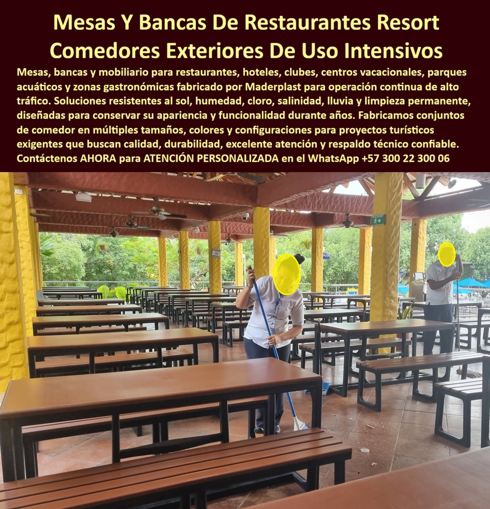 Sillas Y Mesas Fuertes Para Restaurantes Hoteleros Exteriores Maderplast - Mesas y Bancas Restaurantes Resort — Comedores Exteriores Uso Intensivo Resistentes Cloro Limpieza Permanente Un comedor exterior de alta capacidad en plena operación de limpieza: decenas de conjuntos mesa-banca en tablones caoba oscuro con estructura metálica negra de perfil cuadrado alineados en filas paralelas bajo techo de palapa con ventiladores — superficie completamente lisa, cantos redondeados, ni una astilla visible, ni un punto de óxido en las soldaduras, ni un tablón levantado por humedad. El operario de limpieza pasa el trapeador con desinfectante industrial sobre la superficie con la misma confianza que lo haría sobre cerámica. Eso es exactamente lo que Maderplast garantiza en sus conjuntos de comedor exterior para centros vacacionales, parques acuáticos y restaurantes hoteleros de alto tráfico: mobiliario que soporta operación continua 365 días al año sin deterioro, sin riesgo sanitario y sin costo de reposición. El argumento técnico definitivo del comedor exterior de uso masivo no es la estética — es la higiene y la seguridad física de los comensales. Un tablón de madera tratada que absorbe humedad de limpieza química diaria desarrolla porosidad progresiva donde se acumulan bacterias que ningún desinfectante superficial elimina completamente — problema sanitario documentado en inspecciones de salubridad de centros vacacionales. Un canto de tablón astillado por ciclos de expansión-contracción bajo cloro y sol es riesgo real de laceración para niños en parques acuáticos — incidente documentable, responsabilidad legal directa del operador. Esos dos factores — higiene comprometida y riesgo físico — son exactamente los que la madera plástica WPC de Maderplast elimina desde la composición del material. Los conjuntos comedor exterior de Maderplast en madera plástica WPC de alto impacto con estructura metálica de perfil cuadrado soldado resuelven simultáneamente todos los agresores del entorno de restaurante vacacional: superficie lisa sin poros que resiste limpieza química agresiva con desinfectantes industriales sin absorber humedad ni desarrollar colonias bacterianas, cantos redondeados que eliminan el riesgo de astillado bajo uso familiar masivo, color caoba integral sin pintura que no se descascara con detergentes ni cloro, resistencia a UV extremo, lluvia tropical, salinidad y operación continua sin intervención de mantenimiento — garantía superior a 20 años en múltiples tamaños y configuraciones, fabricación sobre pedido, instalación llave en mano. Jorge Iván Castillo, Director de Operaciones del Parque Vacacional Aqua Selva, lo documenta con un dato operativo que cierra el argumento: comedor de 400 personas, 365 días de operación, madera tratada anterior con vida útil de 22 meses — tablones astillando con riesgo real para niños, estructura oxidándose en puntos de soldadura, 45 millones anuales de reposición más costo de cierre parcial con 2.000 visitantes diarios en temporada alta. "Tuve que cerrar secciones del comedor por seguridad. En un parque familiar, eso es inaceptable operativamente y costosísimo en imagen." Después de instalar 85 conjuntos Maderplast en 12 días de obra: dos temporadas altas completas sin astillas, sin óxido, sin tablones levantados, cero cierres por seguridad, cero inversión en mantenimiento. "El retorno de inversión fue en el primer año. El segundo año fue pura ganancia operativa." La evidencia técnica que respaldó esa decisión está en youtube.com/@maderplasSA — material que resiste retroexcavadora y rotomartillo sin ceder resiste perfectamente a familias con niños durante décadas. Cuando se trata de mesas, bancas y conjuntos de comedor exterior para restaurantes hoteles, parques acuáticos y centros vacacionales de alto tráfico donde la higiene y la seguridad son innegociables, Maderplast es el fabricante colombiano con más de 30 años de trayectoria que entrega la solución completa: cotización, múltiples tamaños y configuraciones, producción en serie llave en mano. Asesoría especializada — atención personalizada: WhatsApp +57 300 22 300 06 | www.maderplast.com Comedores Centros Vacacionales Uso Continuo Sin Deterioro, Sillas Mesas Restaurante Piscina Resort Madera Sintética Libre Corrosión Fuerte, Juegos De Comedor Hoteles Sillas Y Mesas Fuertes Para Restaurantes Hoteleros Exteriores Maderplast Comedores Centros Vacacionales Uso Continuo Sin Deterioro Sillas Mesas Restaurante Piscina Resort Madera Sintética Libre Corrosión Fuerte Juegos De Comedor Hoteles Mesas y Bancas Restaurantes Resort — Comedores Exteriores Uso Intensivo Resistentes Cloro Limpieza Permanente Un comedor exterior de alta capacidad en plena operación de limpieza: decenas de conjuntos mesa-banca en tablones caoba oscuro con estructura metálica negra de perfil cuadrado alineados en filas paralelas bajo techo de palapa con ventiladores — superficie completamente lisa, cantos redondeados, ni una astilla visible, ni un punto de óxido en las soldaduras, ni un tablón levantado por humedad. El operario de limpieza pasa el trapeador con desinfectante industrial sobre la superficie con la misma confianza que lo haría sobre cerámica. Eso es exactamente lo que Maderplast garantiza en sus conjuntos de comedor exterior para centros vacacionales, parques acuáticos y restaurantes hoteleros de alto tráfico: mobiliario que soporta operación continua 365 días al año sin deterioro, sin riesgo sanitario y sin costo de reposición. El argumento técnico definitivo del comedor exterior de uso masivo no es la estética — es la higiene y la seguridad física de los comensales. Un tablón de madera tratada que absorbe humedad de limpieza química diaria desarrolla porosidad progresiva donde se acumulan bacterias que ningún desinfectante superficial elimina completamente — problema sanitario documentado en inspecciones de salubridad de centros vacacionales. Un canto de tablón astillado por ciclos de expansión-contracción bajo cloro y sol es riesgo real de laceración para niños en parques acuáticos — incidente documentable, responsabilidad legal directa del operador. Esos dos factores — higiene comprometida y riesgo físico — son exactamente los que la madera plástica WPC de Maderplast elimina desde la composición del material. Los conjuntos comedor exterior de Maderplast en madera plástica WPC de alto impacto con estructura metálica de perfil cuadrado soldado resuelven simultáneamente todos los agresores del entorno de restaurante vacacional: superficie lisa sin poros que resiste limpieza química agresiva con desinfectantes industriales sin absorber humedad ni desarrollar colonias bacterianas, cantos redondeados que eliminan el riesgo de astillado bajo uso familiar masivo, color caoba integral sin pintura que no se descascara con detergentes ni cloro, resistencia a UV extremo, lluvia tropical, salinidad y operación continua sin intervención de mantenimiento — garantía superior a 20 años en múltiples tamaños y configuraciones, fabricación sobre pedido, instalación llave en mano. Jorge Iván Castillo, Director de Operaciones del Parque Vacacional Aqua Selva, lo documenta con un dato operativo que cierra el argumento: comedor de 400 personas, 365 días de operación, madera tratada anterior con vida útil de 22 meses — tablones astillando con riesgo real para niños, estructura oxidándose en puntos de soldadura, 45 millones anuales de reposición más costo de cierre parcial con 2.000 visitantes diarios en temporada alta. "Tuve que cerrar secciones del comedor por seguridad. En un parque familiar, eso es inaceptable operativamente y costosísimo en imagen." Después de instalar 85 conjuntos Maderplast en 12 días de obra: dos temporadas altas completas sin astillas, sin óxido, sin tablones levantados, cero cierres por seguridad, cero inversión en mantenimiento. "El retorno de inversión fue en el primer año. El segundo año fue pura ganancia operativa." La evidencia técnica que respaldó esa decisión está en youtube.com/@maderplasSA — material que resiste retroexcavadora y rotomartillo sin ceder resiste perfectamente a familias con niños durante décadas. Cuando se trata de mesas, bancas y conjuntos de comedor exterior para restaurantes hoteles, parques acuáticos y centros vacacionales de alto tráfico donde la higiene y la seguridad son innegociables, Maderplast es el fabricante colombiano con más de 30 años de trayectoria que entrega la solución completa: cotización, múltiples tamaños y configuraciones, producción en serie llave en mano. Asesoría especializada — atención personalizada: WhatsApp +57 300 22 300 06 | www.maderplast.com