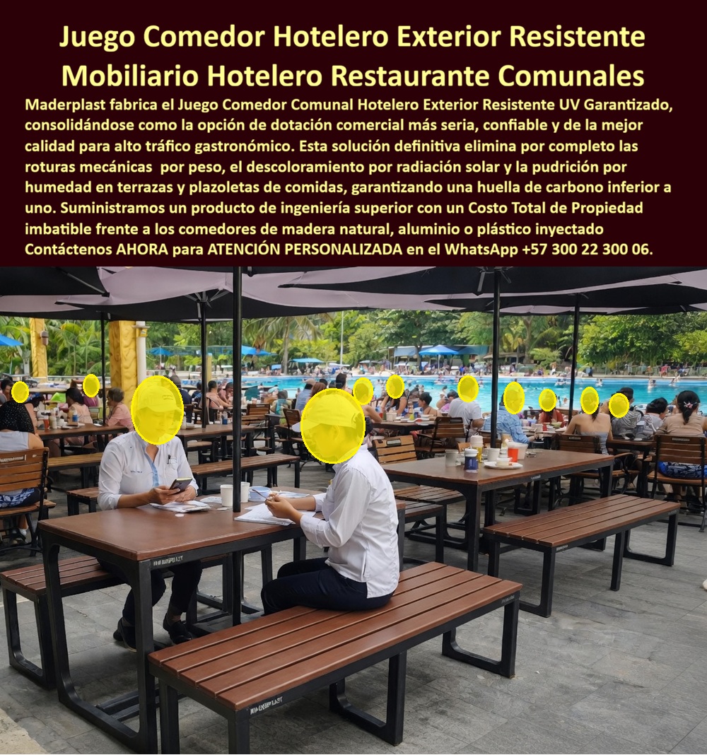 Sillas Y Mesas Fuertes Para Restaurantes Hoteleros Exteriores Maderplast - Juego Comedor Hotelero Exterior Resistente Para Restaurantes, Resorts y Zonas Gastronómicas de Alto Tráfico Cuando un hotel, resort, club vacacional o parque acuático selecciona el mobiliario para sus restaurantes exteriores, realmente no está comprando únicamente mesas y bancas. Está tomando una decisión que afectará la imagen del establecimiento, la experiencia del huésped, los costos de mantenimiento y la frecuencia de reposición durante muchos años. Las zonas gastronómicas exteriores son algunos de los espacios más exigentes dentro de cualquier complejo turístico. Todos los días deben soportar radiación solar intensa, lluvias, humedad permanente, derrames de bebidas y alimentos, limpieza constante, movimiento de personal de servicio y el uso continuo de cientos o incluso miles de personas. En ambientes costeros la exigencia es aún mayor debido a la presencia permanente de salinidad marina, uno de los principales enemigos de los materiales tradicionales. La imagen muestra un restaurante exterior de alta afluencia equipado con mesas y bancas estructurales tipo madera diseñadas para trabajar precisamente bajo estas condiciones. La apariencia arquitectónica elegante permite integrarlas fácilmente en hoteles, resorts, clubes y centros recreativos donde la estética es tan importante como la durabilidad. Uno de los problemas más frecuentes del mobiliario convencional es que con el paso del tiempo comienza a deteriorarse por humedad, oxidación, deformaciones, pérdida de color o debilitamiento estructural. Muchas veces el daño no aparece en las superficies visibles sino en las estructuras internas de soporte, precisamente las partes que reciben mayores esfuerzos mecánicos y mayor exposición a la humedad acumulada. Por esta razón Maderplast no solamente fabrica las superficies visibles de mesas, bancas y mobiliario exterior. También puede fabricar bases, bastidores, soportes, parales, estructuras de apoyo y elementos estructurales resistentes a humedad, corrosión y ambientes agresivos. Esta característica permite desarrollar soluciones integrales donde tanto la parte visible como la estructura de soporte están diseñadas para ofrecer una larga vida útil. Para hoteles y restaurantes esto representa una ventaja importante porque reduce las intervenciones correctivas, disminuye los costos asociados a reposiciones frecuentes y ayuda a mantener una imagen uniforme y profesional durante más tiempo. Mientras otros materiales pueden requerir reparaciones periódicas por deterioro climático, las soluciones desarrolladas para exteriores turísticos están pensadas para conservar estabilidad dimensional, apariencia estética y desempeño estructural bajo condiciones de uso intensivo. Otro aspecto relevante es la experiencia del usuario. Los huéspedes valoran espacios cómodos, limpios y visualmente atractivos. Un comedor exterior bien diseñado se convierte en parte de la experiencia turística, aporta valor a la infraestructura y mejora la percepción general de calidad del establecimiento. Las mesas y bancas deben permanecer firmes, seguras y agradables a la vista incluso después de años de operación continua. Para restaurantes junto a piscinas, terrazas gastronómicas, clubes de playa, complejos vacacionales y hoteles frente al mar, la selección de mobiliario debe analizarse como una inversión de largo plazo y no únicamente como una compra inicial. La verdadera rentabilidad se encuentra en la capacidad del producto para conservar su funcionalidad, reducir gastos de mantenimiento y mantener una excelente presentación durante toda su vida útil. Maderplast desarrolla soluciones de mobiliario exterior para hotelería, turismo y recreación, fabricando mesas, bancas, sillas, poltronas, estaciones de servicio y elementos estructurales preparados para trabajar en ambientes exigentes. La combinación entre apariencia arquitectónica, resistencia al uso intensivo y capacidad para soportar condiciones climáticas agresivas permite crear espacios gastronómicos que continúan proyectando calidad, organización y profesionalismo año tras año. Para hoteles, resorts, restaurantes turísticos, clubes, centros recreativos y desarrolladores de proyectos vacacionales, la diferencia no está únicamente en la mesa o la banca que el huésped ve todos los días. La diferencia está en contar con una solución diseñada para seguir funcionando correctamente cuando otros materiales ya han comenzado a deteriorarse, generando costos adicionales y problemas operativos. Esa es precisamente la razón por la cual cada vez más proyectos turísticos buscan soluciones integrales de larga duración para sus zonas gastronómicas exteriores. Juego Comedor Comunal Hotelero Exterior Resistente UV Garantizado, Mobiliario Hotelero Restaurantes Comunales De Larga Vida Útil, Mobiliario Comedor Exterior Hoteles Sillas Y Mesas Fuertes Para Restaurantes Hoteleros Exteriores Maderplast Juego Comedor Comunal Hotelero Exterior Resistente UV Garantizado Mobiliario Hotelero Restaurantes Comunales De Larga Vida Útil Mobiliario Comedor Exterior Hoteles Juego Comedor Hotelero Exterior Resistente Para Restaurantes, Resorts y Zonas Gastronómicas de Alto Tráfico Cuando un hotel, resort, club vacacional o parque acuático selecciona el mobiliario para sus restaurantes exteriores, realmente no está comprando únicamente mesas y bancas. Está tomando una decisión que afectará la imagen del establecimiento, la experiencia del huésped, los costos de mantenimiento y la frecuencia de reposición durante muchos años. Las zonas gastronómicas exteriores son algunos de los espacios más exigentes dentro de cualquier complejo turístico. Todos los días deben soportar radiación solar intensa, lluvias, humedad permanente, derrames de bebidas y alimentos, limpieza constante, movimiento de personal de servicio y el uso continuo de cientos o incluso miles de personas. En ambientes costeros la exigencia es aún mayor debido a la presencia permanente de salinidad marina, uno de los principales enemigos de los materiales tradicionales. La imagen muestra un restaurante exterior de alta afluencia equipado con mesas y bancas estructurales tipo madera diseñadas para trabajar precisamente bajo estas condiciones. La apariencia arquitectónica elegante permite integrarlas fácilmente en hoteles, resorts, clubes y centros recreativos donde la estética es tan importante como la durabilidad. Uno de los problemas más frecuentes del mobiliario convencional es que con el paso del tiempo comienza a deteriorarse por humedad, oxidación, deformaciones, pérdida de color o debilitamiento estructural. Muchas veces el daño no aparece en las superficies visibles sino en las estructuras internas de soporte, precisamente las partes que reciben mayores esfuerzos mecánicos y mayor exposición a la humedad acumulada. Por esta razón Maderplast no solamente fabrica las superficies visibles de mesas, bancas y mobiliario exterior. También puede fabricar bases, bastidores, soportes, parales, estructuras de apoyo y elementos estructurales resistentes a humedad, corrosión y ambientes agresivos. Esta característica permite desarrollar soluciones integrales donde tanto la parte visible como la estructura de soporte están diseñadas para ofrecer una larga vida útil. Para hoteles y restaurantes esto representa una ventaja importante porque reduce las intervenciones correctivas, disminuye los costos asociados a reposiciones frecuentes y ayuda a mantener una imagen uniforme y profesional durante más tiempo. Mientras otros materiales pueden requerir reparaciones periódicas por deterioro climático, las soluciones desarrolladas para exteriores turísticos están pensadas para conservar estabilidad dimensional, apariencia estética y desempeño estructural bajo condiciones de uso intensivo. Otro aspecto relevante es la experiencia del usuario. Los huéspedes valoran espacios cómodos, limpios y visualmente atractivos. Un comedor exterior bien diseñado se convierte en parte de la experiencia turística, aporta valor a la infraestructura y mejora la percepción general de calidad del establecimiento. Las mesas y bancas deben permanecer firmes, seguras y agradables a la vista incluso después de años de operación continua. Para restaurantes junto a piscinas, terrazas gastronómicas, clubes de playa, complejos vacacionales y hoteles frente al mar, la selección de mobiliario debe analizarse como una inversión de largo plazo y no únicamente como una compra inicial. La verdadera rentabilidad se encuentra en la capacidad del producto para conservar su funcionalidad, reducir gastos de mantenimiento y mantener una excelente presentación durante toda su vida útil. Maderplast desarrolla soluciones de mobiliario exterior para hotelería, turismo y recreación, fabricando mesas, bancas, sillas, poltronas, estaciones de servicio y elementos estructurales preparados para trabajar en ambientes exigentes. La combinación entre apariencia arquitectónica, resistencia al uso intensivo y capacidad para soportar condiciones climáticas agresivas permite crear espacios gastronómicos que continúan proyectando calidad, organización y profesionalismo año tras año. Para hoteles, resorts, restaurantes turísticos, clubes, centros recreativos y desarrolladores de proyectos vacacionales, la diferencia no está únicamente en la mesa o la banca que el huésped ve todos los días. La diferencia está en contar con una solución diseñada para seguir funcionando correctamente cuando otros materiales ya han comenzado a deteriorarse, generando costos adicionales y problemas operativos. Esa es precisamente la razón por la cual cada vez más proyectos turísticos buscan soluciones integrales de larga duración para sus zonas gastronómicas exteriores.