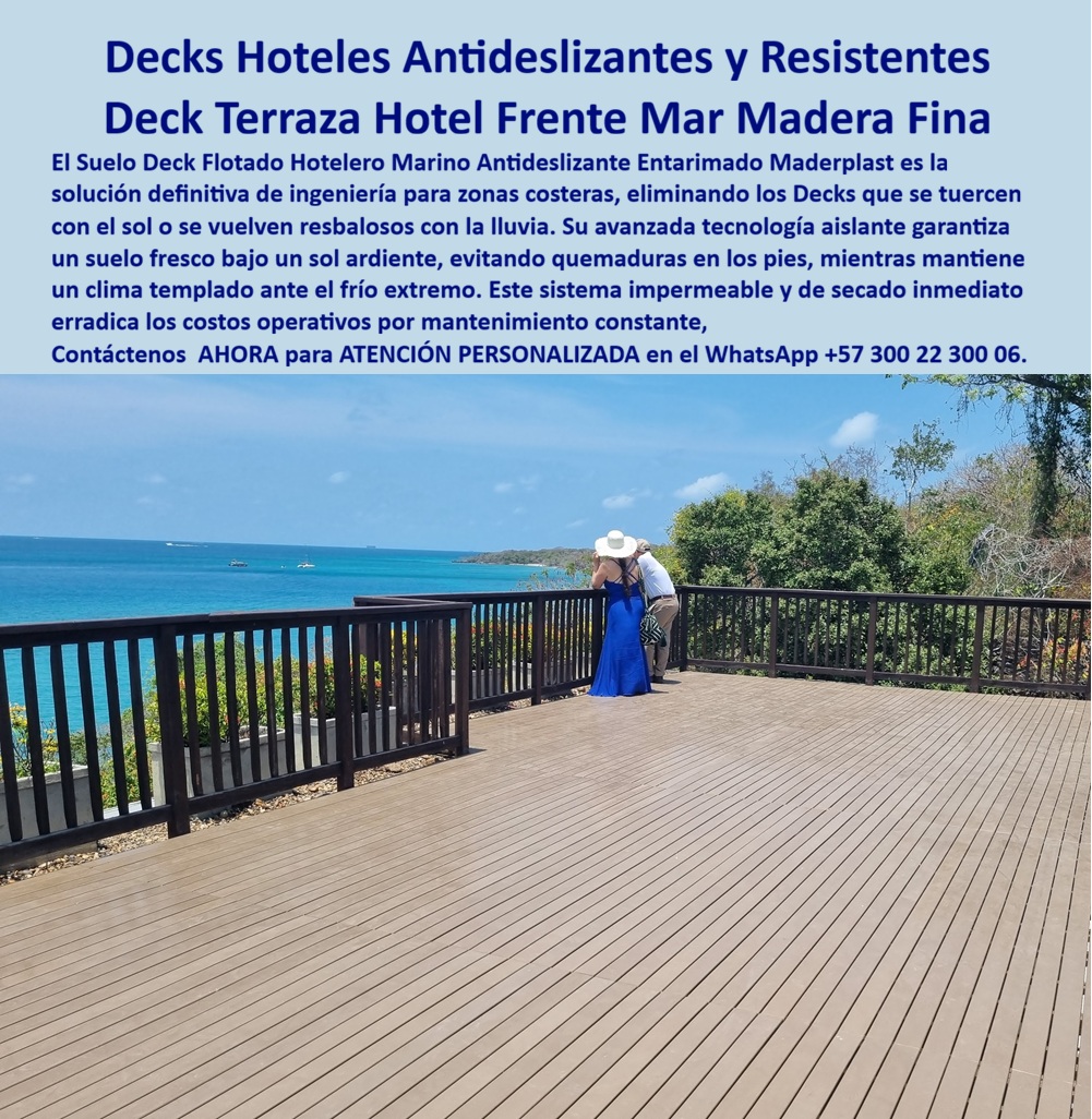 Suelo Deck Flotado Hotelero Marino Antideslizante Entarimado Maderplast - Decks Hoteles Antideslizantes Resistentes — Suelo Deck Flotado Hotelero Marino Entarimado Sin Mantenimiento Una pareja contempla el Caribe turquesa desde una terraza hotelera amplia y despejada: tablones WPC color caoba de textura fina y uniforme se extienden sin una sola grieta, sin astillas, sin zonas resbaladizas — bajo sol tropical directo, el piso no quema los pies; bajo lluvia intensa, no resbala. La baranda perimetral oscura de perfil robusto enmarca el espacio con precisión constructiva. No hay mantenimiento pendiente, no hay temporada de reparación, no hay presupuesto operativo perdido en ese deck. Esa es exactamente la ingeniería que Maderplast entrega en cada suelo deck flotado hotelero marino que fabrica. El deck terraza hotel frente al mar en madera plástica WPC de Maderplast resuelve simultáneamente los tres problemas que ningún material convencional logra controlar en clima costero tropical: la superficie se tuerce con el calor extremo, se vuelve resbaladiza con la lluvia y se deteriora rápidamente por la salinidad constante. La tecnología aislante del deck WPC Maderplast garantiza un suelo fresco bajo sol ardiente — eliminando quemaduras en los pies — y mantiene tracción antideslizante certificada en condiciones de humedad total. Su composición de madera plástica extrusionada de alta densidad es 100% impermeable, de secado inmediato, anti-hinchamiento, anticorrosiva, resistente a UV extremo y a la pudrición biológica, con color integral sin pintura que conserva la estética de madera fina noble durante más de 20 años sin intervención alguna. La diferencia que convierte este deck en una inversión y no en un gasto es el costo total de propiedad. La madera natural tratada exige lijado, retratamiento y reposición de tablones cada 12 a 18 meses en ambientes marinos — un ciclo de costos operativos que no termina nunca y que deteriora la imagen del establecimiento ante los huéspedes. Los suelos flotantes ecológicos en WPC de Maderplast erradica ese ciclo desde el primer día: cero pintura, cero sellado, cero lijado, cero reposición de piezas. La inversión inicial se recupera en el primer año con lo que deja de gastar en mantenimiento constante. Maderplast no fabrica solo el piso visible — fábrica la solución estructural completa debajo de él. Vigas, durmientes, parales y pilotes en madera plástica técnica anticorrosiva — perfiles estructurales de alta resistencia que soportan cargas intensas de uso hotelero sin oxidarse, sin pudrirse y sin permitir la adhesión de moluscos, hongos ni bacterias marinas, incluso bajo inmersión directa en agua salada. La subestructura es el componente que más sufre en cualquier instalación costera y el que más rápido destruye la inversión cuando está fabricado en acero o madera convencional. Con estructura soporte Maderplast, ese problema desaparece de forma definitiva, entregando una plataforma deck hotelera integral con garantía superior a 20 años llave en mano. Carlos Andrés Peña, Gerente de Infraestructura de la Marina Bahía Esmeralda, lo resume con precisión técnica: "La estructura metálica tenía corrosión avanzada en el 70% de sus puntos de apoyo a los cuatro años de instalada. Maderplast diagnosticó el problema real — que estaba debajo, no encima — y reemplazó todo el sistema en nueve días. Dos temporadas después: cero mantenimiento, cero intervenciones, superficie impecable." La evidencia que respaldó esa decisión está disponible públicamente: pruebas de laboratorio donde el material resiste rotomartillo, retroexcavadora y mazo de construcción sin ceder — youtube.com/@maderplasSA. Un ingeniero que ve esos videos no necesita más argumentos para firmar la orden de compra. Maderplast, fabricante colombiano líder con más de 30 años de experiencia en plásticos técnicos de alto rendimiento, convierte cada proyecto deck hotelero costero en una solución definitiva: cotización personalizada, planos, renders, fichas técnicas descargables y producción en serie disponibles de inmediato. Asesoría especializada — atención personalizada: WhatsApp +57 300 22 300 06 | ingenieria@maderplast.co Decks Para Hoteles Antideslizantes Resistentes UV, Deck Terraza Hotel Frente Mar Madera Plástica Inoxidable Sin Mantenimiento, Suelos Flotantes Ecológicos Libres Deck Suelo Deck Flotado Hotelero Marino Antideslizante Entarimado Maderplast Decks Para Hoteles Antideslizantes Resistentes UV Deck Terraza Hotel Frente Mar Madera Plástica Inoxidable Sin Mantenimiento Suelos Flotantes Ecológicos Libres Deck Decks Hoteles Antideslizantes Resistentes — Suelo Deck Flotado Hotelero Marino Entarimado Sin Mantenimiento Una pareja contempla el Caribe turquesa desde una terraza hotelera amplia y despejada: tablones WPC color caoba de textura fina y uniforme se extienden sin una sola grieta, sin astillas, sin zonas resbaladizas — bajo sol tropical directo, el piso no quema los pies; bajo lluvia intensa, no resbala. La baranda perimetral oscura de perfil robusto enmarca el espacio con precisión constructiva. No hay mantenimiento pendiente, no hay temporada de reparación, no hay presupuesto operativo perdido en ese deck. Esa es exactamente la ingeniería que Maderplast entrega en cada suelo deck flotado hotelero marino que fabrica. El deck terraza hotel frente al mar en madera plástica WPC de Maderplast resuelve simultáneamente los tres problemas que ningún material convencional logra controlar en clima costero tropical: la superficie se tuerce con el calor extremo, se vuelve resbaladiza con la lluvia y se deteriora rápidamente por la salinidad constante. La tecnología aislante del deck WPC Maderplast garantiza un suelo fresco bajo sol ardiente — eliminando quemaduras en los pies — y mantiene tracción antideslizante certificada en condiciones de humedad total. Su composición de madera plástica extrusionada de alta densidad es 100% impermeable, de secado inmediato, anti-hinchamiento, anticorrosiva, resistente a UV extremo y a la pudrición biológica, con color integral sin pintura que conserva la estética de madera fina noble durante más de 20 años sin intervención alguna. La diferencia que convierte este deck en una inversión y no en un gasto es el costo total de propiedad. La madera natural tratada exige lijado, retratamiento y reposición de tablones cada 12 a 18 meses en ambientes marinos — un ciclo de costos operativos que no termina nunca y que deteriora la imagen del establecimiento ante los huéspedes. Los suelos flotantes ecológicos en WPC de Maderplast erradica ese ciclo desde el primer día: cero pintura, cero sellado, cero lijado, cero reposición de piezas. La inversión inicial se recupera en el primer año con lo que deja de gastar en mantenimiento constante. Maderplast no fabrica solo el piso visible — fábrica la solución estructural completa debajo de él. Vigas, durmientes, parales y pilotes en madera plástica técnica anticorrosiva — perfiles estructurales de alta resistencia que soportan cargas intensas de uso hotelero sin oxidarse, sin pudrirse y sin permitir la adhesión de moluscos, hongos ni bacterias marinas, incluso bajo inmersión directa en agua salada. La subestructura es el componente que más sufre en cualquier instalación costera y el que más rápido destruye la inversión cuando está fabricado en acero o madera convencional. Con estructura soporte Maderplast, ese problema desaparece de forma definitiva, entregando una plataforma deck hotelera integral con garantía superior a 20 años llave en mano. Carlos Andrés Peña, Gerente de Infraestructura de la Marina Bahía Esmeralda, lo resume con precisión técnica: "La estructura metálica tenía corrosión avanzada en el 70% de sus puntos de apoyo a los cuatro años de instalada. Maderplast diagnosticó el problema real — que estaba debajo, no encima — y reemplazó todo el sistema en nueve días. Dos temporadas después: cero mantenimiento, cero intervenciones, superficie impecable." La evidencia que respaldó esa decisión está disponible públicamente: pruebas de laboratorio donde el material resiste rotomartillo, retroexcavadora y mazo de construcción sin ceder — youtube.com/@maderplasSA. Un ingeniero que ve esos videos no necesita más argumentos para firmar la orden de compra. Maderplast, fabricante colombiano líder con más de 30 años de experiencia en plásticos técnicos de alto rendimiento, convierte cada proyecto deck hotelero costero en una solución definitiva: cotización personalizada, planos, renders, fichas técnicas descargables y producción en serie disponibles de inmediato. Asesoría especializada — atención personalizada: WhatsApp +57 300 22 300 06 | ingenieria@maderplast.co