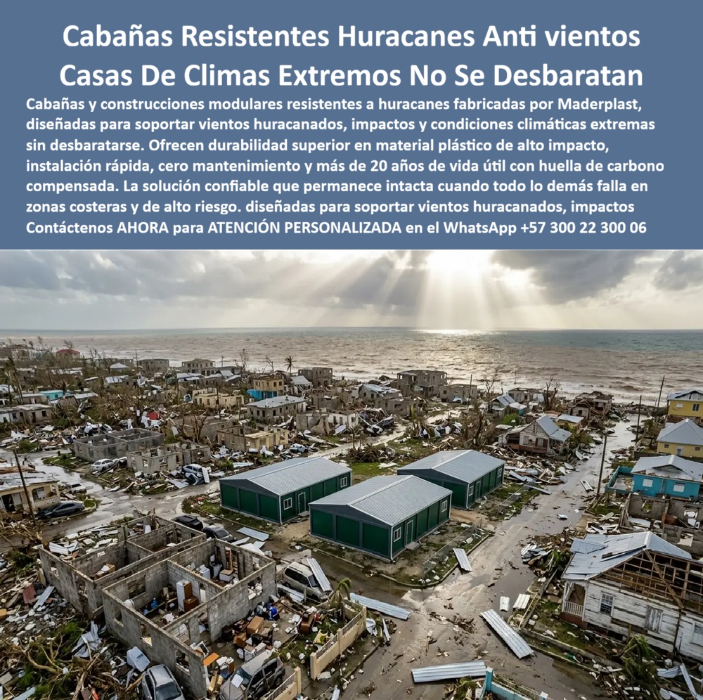 Cabañas Resistentes A Huracanes Casas Antihuracanes Maderplast - La construcción de zonas huracanadas exigen que ningún componente se desprenda ni pierda su función estructural Maderplast. Vista aérea de zona costera completamente devastada por huracán, con construcciones convencionales en concreto, madera y mampostería reducidas a escombros, árboles derribados, vehículos destruidos y mar agitado con rayos de luz al fondo, mientras tres módulos rectangulares Maderplast color verde oscuro permanecen completamente intactos, sin deformación, sin pérdida de techo y sin daño estructural visible en medio de la destrucción total que los rodea: esta imagen no necesita texto publicitario. Es la prueba irrefutable, documentada desde el aire, de la diferencia que existe entre construir con el material correcto y construir con el material convencional cuando la naturaleza decide demostrar su verdadera fuerza. Ningún argumento de ventas, ninguna ficha técnica y ningún video de prueba de laboratorio comunica con la contundencia de esta fotografía lo que significa elegir Maderplast para construcciones en zonas costeras, islas del Caribe, regiones de alta exposición a ciclones tropicales, zonas de vientos huracanados y cualquier área donde los eventos climáticos extremos no son una posibilidad estadística lejana sino una realidad operativa documentada que ocurre con frecuencia creciente. Las construcciones convencionales que rodean los módulos Maderplast en esta imagen no fallaron por mala ejecución ni por materiales de baja calidad: fallaron porque el concreto se fractura ante la presión dinámica de vientos superiores a 200 km/h, la mampostería se desintegra ante el impacto de proyectiles aéreos que genera un huracán categoría 4 o 5, y los techos de lámina metálica convencional se desprenden como papel ante la diferencia de presión aerodinámica que se genera en el vórtice del fenómeno. Los módulos Maderplast permanecen intactos porque el plástico técnico de alta densidad no se fractura ante impactos, se flexiona y recupera su geometría, no genera esquirlas peligrosas, no tiene juntas de mortero que fallen por vibración y su sistema de anclaje al suelo está diseñado para resistir las cargas de viento que las normas de construcción de zonas huracanadas exigen sin que ningún componente se desprenda ni pierda su función estructural. Esta realidad tiene implicaciones directas y medibles para gobiernos, agencias de respuesta humanitaria, operadores de infraestructura crítica costera, hoteleros del Caribe, inversores en proyectos turísticos insulares y cualquier tomador de decisión que necesite infraestructura que no desaparezca en el primer evento climático severo. El costo de reconstrucción de una edificación convencional después de un huracán categoría 4 supera entre cinco y diez veces el costo de haber construido originalmente con un sistema modular Maderplast de resistencia certificada, sin contar el costo de los contenidos perdidos, la interrupción de operaciones, el desplazamiento de personas y el impacto reputacional para hoteles y operadores turísticos que pierden una temporada completa por reconstrucción de infraestructura que no debió fallar. Las aseguradoras que operan en el Caribe ya calculan diferenciales de prima según el sistema constructivo utilizado, y los módulos de plástico técnico de alta densidad reciben las clasificaciones de riesgo más favorables disponibles para construcciones en zonas de alta exposición ciclónica. La construcción modular para climas extremos resistente a vientos huracanados, la cabaña costera anticiclónica de plástico técnico, el shelter prefabricado para zonas de alto riesgo climático y la infraestructura de emergencia desplegable para respuesta humanitaria post-desastre se fabrican sobre plano, con especificaciones estructurales para zonas de viento definidas, fichas técnicas con cargas de diseño certificadas y cotización directa de fábrica para proyectos de cualquier escala. Asesoría Especializada con un Especialista de Maderplast, Atención Personalizada en este WhatsApp +57 300 22 300 06. Construcciones Modulares Climas Extremos, Casetas Y Cabañas No Se Desbaratan Resistentes A Vientos Huracanados, Construcciones Con Proteccion Impactos, Infraestructura AA Cabañas Resistentes A Huracanes Casas Antihuracanes Maderplast Construcciones Modulares Climas Extremos Casetas Y Cabañas No Se Desbaratan Resistentes A Vientos Huracanados Construcciones Con Proteccion Impactos Infraestructura AA La construcción de zonas huracanadas exigen que ningún componente se desprenda ni pierda su función estructural Maderplast. Vista aérea de zona costera completamente devastada por huracán, con construcciones convencionales en concreto, madera y mampostería reducidas a escombros, árboles derribados, vehículos destruidos y mar agitado con rayos de luz al fondo, mientras tres módulos rectangulares Maderplast color verde oscuro permanecen completamente intactos, sin deformación, sin pérdida de techo y sin daño estructural visible en medio de la destrucción total que los rodea: esta imagen no necesita texto publicitario. Es la prueba irrefutable, documentada desde el aire, de la diferencia que existe entre construir con el material correcto y construir con el material convencional cuando la naturaleza decide demostrar su verdadera fuerza. Ningún argumento de ventas, ninguna ficha técnica y ningún video de prueba de laboratorio comunica con la contundencia de esta fotografía lo que significa elegir Maderplast para construcciones en zonas costeras, islas del Caribe, regiones de alta exposición a ciclones tropicales, zonas de vientos huracanados y cualquier área donde los eventos climáticos extremos no son una posibilidad estadística lejana sino una realidad operativa documentada que ocurre con frecuencia creciente. Las construcciones convencionales que rodean los módulos Maderplast en esta imagen no fallaron por mala ejecución ni por materiales de baja calidad: fallaron porque el concreto se fractura ante la presión dinámica de vientos superiores a 200 km/h, la mampostería se desintegra ante el impacto de proyectiles aéreos que genera un huracán categoría 4 o 5, y los techos de lámina metálica convencional se desprenden como papel ante la diferencia de presión aerodinámica que se genera en el vórtice del fenómeno. Los módulos Maderplast permanecen intactos porque el plástico técnico de alta densidad no se fractura ante impactos, se flexiona y recupera su geometría, no genera esquirlas peligrosas, no tiene juntas de mortero que fallen por vibración y su sistema de anclaje al suelo está diseñado para resistir las cargas de viento que las normas de construcción de zonas huracanadas exigen sin que ningún componente se desprenda ni pierda su función estructural. Esta realidad tiene implicaciones directas y medibles para gobiernos, agencias de respuesta humanitaria, operadores de infraestructura crítica costera, hoteleros del Caribe, inversores en proyectos turísticos insulares y cualquier tomador de decisión que necesite infraestructura que no desaparezca en el primer evento climático severo. El costo de reconstrucción de una edificación convencional después de un huracán categoría 4 supera entre cinco y diez veces el costo de haber construido originalmente con un sistema modular Maderplast de resistencia certificada, sin contar el costo de los contenidos perdidos, la interrupción de operaciones, el desplazamiento de personas y el impacto reputacional para hoteles y operadores turísticos que pierden una temporada completa por reconstrucción de infraestructura que no debió fallar. Las aseguradoras que operan en el Caribe ya calculan diferenciales de prima según el sistema constructivo utilizado, y los módulos de plástico técnico de alta densidad reciben las clasificaciones de riesgo más favorables disponibles para construcciones en zonas de alta exposición ciclónica. La construcción modular para climas extremos resistente a vientos huracanados, la cabaña costera anticiclónica de plástico técnico, el shelter prefabricado para zonas de alto riesgo climático y la infraestructura de emergencia desplegable para respuesta humanitaria post-desastre se fabrican sobre plano, con especificaciones estructurales para zonas de viento definidas, fichas técnicas con cargas de diseño certificadas y cotización directa de fábrica para proyectos de cualquier escala. Asesoría Especializada con un Especialista de Maderplast, Atención Personalizada en este WhatsApp +57 300 22 300 06.