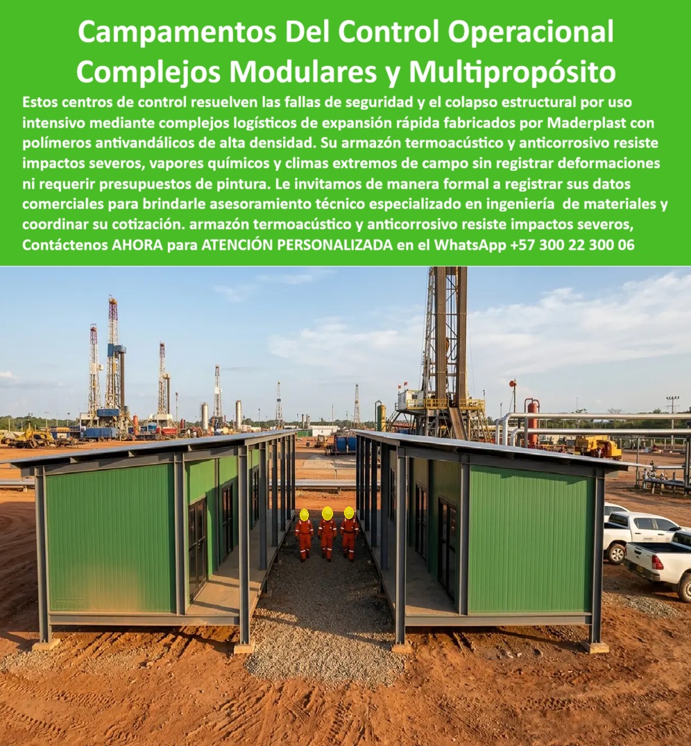 Campamento Principal Control Operaciones Caseta Obra Maderplast - El campamento industrial no es un gasto de logística: es la columna vertebral operativa del proyecto. Complejo modular industrial Maderplast de dos bloques rectangulares paralelos en verde oliva con estructura de perfiles metálicos grises de gran sección, techo plano con alero, paneles acanalados verticales y corredor central techado de acceso, instalado sobre terreno rojizo compactado en campo petrolero activo con torres de perforación, grúas de campo pesado y vehículos operativos al fondo, personal con EPP naranja transitando el corredor: esta imagen documenta exactamente la escala y la exigencia operativa para la que Maderplast diseña sus complejos modulares de control operacional, infraestructura de campo que debe estar lista antes de que el proyecto arranque, resistir años de operación continua en condiciones extremas y poder expandirse o reubicarse cuando el proyecto avanza sin generar tiempos muertos ni costos de demolición. En operaciones petroleras, mineras, de infraestructura vial de gran escala y proyectos de construcción pesada en zonas remotas, el campamento industrial no es un gasto de logística: es la columna vertebral operativa del proyecto. Un complejo modular que falla estructuralmente por corrosión, que genera ambientes insalubres por materiales que acumulan humedad y hongos, que requiere mantenimiento constante en medio de una operación de campo activa, o que no puede expandirse rápidamente cuando el equipo crece, no es una solución de campamento: es un problema operativo que impacta directamente la productividad, la seguridad HSE y los cronogramas del proyecto. Maderplast resuelve cada una de esas variables con un sistema de construcción modular de expansión rápida fabricado en polímeros antivandálicos de alta densidad que elimina por diseño los problemas que generan los campamentos convencionales en acero o madera en condiciones de campo extremas. La estructura de perfiles metálicos de gran sección vista en la imagen no es decorativa: es el armazón termoacústico y anticorrosivo que garantiza la rigidez estructural del complejo frente a vientos de campo abierto, vibraciones de maquinaria pesada en operación cercana y los impactos físicos inevitables del tráfico intensivo de vehículos y equipos en un campo industrial activo. Los paneles acanalados verdes de plástico técnico de alta densidad que conforman las fachadas no acumulan humedad, no generan corrosión galvánica en el contacto con la estructura metálica, no son atacados por vapores químicos de operaciones petroleras, no requieren repintado en campo y mantienen sus propiedades mecánicas y de aislamiento térmico durante más de 20 años de exposición a los climas extremos de los Llanos Orientales, la Costa Caribe y la Amazonia colombiana, las tres zonas geográficas donde más se instalan campamentos industriales de gran escala en Colombia. El corredor central techado entre los dos bloques paralelos no es un simple pasillo: es el sistema circulatorio del complejo que conecta módulos de oficinas, salas de reunión, puestos de control, áreas de descanso y servicios sanitarios bajo cubierta, permitiendo que el personal transite entre zonas funcionales sin exponerse a lluvia, sol intenso ni condiciones climáticas adversas que impactan la productividad en turnos de 12 horas. La modularidad del sistema permite agregar bloques adicionales lateralmente conforme crece el equipo del proyecto, sin demoler ni alterar la infraestructura existente, con tiempos de instalación de nuevos módulos medidos en días, no en semanas. El campamento industrial multipropósito resistente a uso intensivo, el complejo modular de operaciones de expansión rápida, el shelter de control operacional para campos remotos y el centro de comando prefabricado para obras de infraestructura pesada se fabrican sobre plano, a la escala exacta del proyecto, con fichas técnicas, renders de implantación y cotización directa de fábrica. Asesoría Especializada con un Especialista de Maderplast, Atención Personalizada en este WhatsApp +57 300 22 300 06. Caseta Vigilancia Penitenciaria Modular Resistente Impacto, Campamento Industrial Multipropósito Resistente Uso Intensivo, Complejo Modular Operaciones Expansión Rápidas Campamento Principal Control Operaciones Caseta Obra Maderplast Caseta Vigilancia Penitenciaria Modular Resistente Impacto Campamento Industrial Multipropósito Resistente Uso Intensivo Complejo Modular Operaciones Expansión Rápidas El campamento industrial no es un gasto de logística: es la columna vertebral operativa del proyecto. Complejo modular industrial Maderplast de dos bloques rectangulares paralelos en verde oliva con estructura de perfiles metálicos grises de gran sección, techo plano con alero, paneles acanalados verticales y corredor central techado de acceso, instalado sobre terreno rojizo compactado en campo petrolero activo con torres de perforación, grúas de campo pesado y vehículos operativos al fondo, personal con EPP naranja transitando el corredor: esta imagen documenta exactamente la escala y la exigencia operativa para la que Maderplast diseña sus complejos modulares de control operacional, infraestructura de campo que debe estar lista antes de que el proyecto arranque, resistir años de operación continua en condiciones extremas y poder expandirse o reubicarse cuando el proyecto avanza sin generar tiempos muertos ni costos de demolición. En operaciones petroleras, mineras, de infraestructura vial de gran escala y proyectos de construcción pesada en zonas remotas, el campamento industrial no es un gasto de logística: es la columna vertebral operativa del proyecto. Un complejo modular que falla estructuralmente por corrosión, que genera ambientes insalubres por materiales que acumulan humedad y hongos, que requiere mantenimiento constante en medio de una operación de campo activa, o que no puede expandirse rápidamente cuando el equipo crece, no es una solución de campamento: es un problema operativo que impacta directamente la productividad, la seguridad HSE y los cronogramas del proyecto. Maderplast resuelve cada una de esas variables con un sistema de construcción modular de expansión rápida fabricado en polímeros antivandálicos de alta densidad que elimina por diseño los problemas que generan los campamentos convencionales en acero o madera en condiciones de campo extremas. La estructura de perfiles metálicos de gran sección vista en la imagen no es decorativa: es el armazón termoacústico y anticorrosivo que garantiza la rigidez estructural del complejo frente a vientos de campo abierto, vibraciones de maquinaria pesada en operación cercana y los impactos físicos inevitables del tráfico intensivo de vehículos y equipos en un campo industrial activo. Los paneles acanalados verdes de plástico técnico de alta densidad que conforman las fachadas no acumulan humedad, no generan corrosión galvánica en el contacto con la estructura metálica, no son atacados por vapores químicos de operaciones petroleras, no requieren repintado en campo y mantienen sus propiedades mecánicas y de aislamiento térmico durante más de 20 años de exposición a los climas extremos de los Llanos Orientales, la Costa Caribe y la Amazonia colombiana, las tres zonas geográficas donde más se instalan campamentos industriales de gran escala en Colombia. El corredor central techado entre los dos bloques paralelos no es un simple pasillo: es el sistema circulatorio del complejo que conecta módulos de oficinas, salas de reunión, puestos de control, áreas de descanso y servicios sanitarios bajo cubierta, permitiendo que el personal transite entre zonas funcionales sin exponerse a lluvia, sol intenso ni condiciones climáticas adversas que impactan la productividad en turnos de 12 horas. La modularidad del sistema permite agregar bloques adicionales lateralmente conforme crece el equipo del proyecto, sin demoler ni alterar la infraestructura existente, con tiempos de instalación de nuevos módulos medidos en días, no en semanas. El campamento industrial multipropósito resistente a uso intensivo, el complejo modular de operaciones de expansión rápida, el shelter de control operacional para campos remotos y el centro de comando prefabricado para obras de infraestructura pesada se fabrican sobre plano, a la escala exacta del proyecto, con fichas técnicas, renders de implantación y cotización directa de fábrica. Asesoría Especializada con un Especialista de Maderplast, Atención Personalizada en este WhatsApp +57 300 22 300 06.