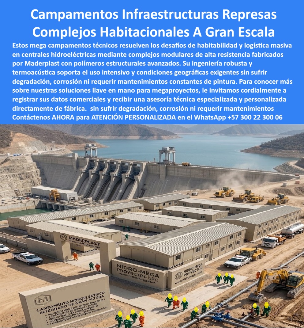 Campamento Represa Infraestructura Campamentos Grandes Maderplast - CAMPAMENTO HIDROELÉCTRICO MODULAR PARA MEGAPROYECTOS DE INFRAESTRUCTURA El campamento hidroeléctrico modular Maderplast ha sido desarrollado para represas, centrales hidroeléctricas, proyectos de infraestructura, túneles, vías, obras energéticas y megaproyectos que requieren alojamiento masivo, oficinas técnicas y áreas operativas de alta durabilidad. La imagen muestra un complejo habitacional de gran escala instalado junto a una represa, diseñado para atender las necesidades logísticas y operativas de cientos de trabajadores en obras de larga duración. Estos campamentos técnicos para centrales hidroeléctricas permiten integrar dormitorios, oficinas, comedores, áreas administrativas, servicios sanitarios, salas de reuniones y espacios de apoyo dentro de un sistema modular altamente eficiente. Su diseño facilita la organización del personal y mejora las condiciones de habitabilidad durante todas las etapas del proyecto. Fabricados por Maderplast con polímeros estructurales de alta resistencia, los módulos soportan humedad, lluvia, radiación ultravioleta, variaciones térmicas y uso intensivo sin presentar corrosión ni deterioro. A diferencia de los sistemas tradicionales, las estructuras conservan sus propiedades mecánicas y reducen considerablemente los costos de mantenimiento, pintura y reparaciones. Las oficinas de obra para megaproyectos proporcionan ambientes confortables para ingenieros, supervisores, personal administrativo y equipos operativos. El aislamiento termoacústico mejora las condiciones de trabajo y contribuye al bienestar del personal durante largas jornadas de operación. Empresas constructoras, concesionarias, contratistas EPC, compañías energéticas, desarrolladores hidroeléctricos e ingenieros de infraestructura encuentran en Maderplast una solución integral para campamentos permanentes o temporales. La construcción modular permite ampliar, trasladar o adaptar las instalaciones según la evolución de la obra. La rapidez de instalación reduce los tiempos de ejecución y facilita la logística en proyectos ubicados en zonas remotas o de difícil acceso. Los módulos pueden configurarse como alojamientos, oficinas, comedores, enfermeras, bodegas y áreas de servicios según los requerimientos específicos de cada proyecto. Las pruebas de materiales, la experiencia en proyectos industriales y el respaldo técnico de Maderplast brindan tranquilidad a quienes deben especificar o aprobar este tipo de infraestructura. La inversión se traduce en mayor durabilidad, menores costos operativos y una infraestructura confiable para proyectos de gran escala. Cuando se requieren campamentos hidroeléctricos, oficinas de obra para represas o complejos habitacionales modulares para infraestructura, Maderplast ofrece una solución técnica, resistente y durable que garantiza confort, seguridad y continuidad operativa durante toda la ejecución del proyecto. Asesoría Especializada Con Ingenieros De Maderplast. Atención Personalizada WhatsApp +57 300 223 0006. Campamento Técnico Para Centrales Hidroeléctricas Uso Intensivo, Oficinas De Obra Para Mega Proyectos Resistencia Extrema, Campamento Hidroeléctrico Gran Escala Modular Campamento Represa Infraestructura Campamentos Grandes Maderplast Campamento Técnico Para Centrales Hidroeléctricas Uso Intensivo Oficinas De Obra Para Mega Proyectos Resistencia Extrema Campamento Hidroeléctrico Gran Escala Modular CAMPAMENTO HIDROELÉCTRICO MODULAR PARA MEGAPROYECTOS DE INFRAESTRUCTURA El campamento hidroeléctrico modular Maderplast ha sido desarrollado para represas, centrales hidroeléctricas, proyectos de infraestructura, túneles, vías, obras energéticas y megaproyectos que requieren alojamiento masivo, oficinas técnicas y áreas operativas de alta durabilidad. La imagen muestra un complejo habitacional de gran escala instalado junto a una represa, diseñado para atender las necesidades logísticas y operativas de cientos de trabajadores en obras de larga duración. Estos campamentos técnicos para centrales hidroeléctricas permiten integrar dormitorios, oficinas, comedores, áreas administrativas, servicios sanitarios, salas de reuniones y espacios de apoyo dentro de un sistema modular altamente eficiente. Su diseño facilita la organización del personal y mejora las condiciones de habitabilidad durante todas las etapas del proyecto. Fabricados por Maderplast con polímeros estructurales de alta resistencia, los módulos soportan humedad, lluvia, radiación ultravioleta, variaciones térmicas y uso intensivo sin presentar corrosión ni deterioro. A diferencia de los sistemas tradicionales, las estructuras conservan sus propiedades mecánicas y reducen considerablemente los costos de mantenimiento, pintura y reparaciones. Las oficinas de obra para megaproyectos proporcionan ambientes confortables para ingenieros, supervisores, personal administrativo y equipos operativos. El aislamiento termoacústico mejora las condiciones de trabajo y contribuye al bienestar del personal durante largas jornadas de operación. Empresas constructoras, concesionarias, contratistas EPC, compañías energéticas, desarrolladores hidroeléctricos e ingenieros de infraestructura encuentran en Maderplast una solución integral para campamentos permanentes o temporales. La construcción modular permite ampliar, trasladar o adaptar las instalaciones según la evolución de la obra. La rapidez de instalación reduce los tiempos de ejecución y facilita la logística en proyectos ubicados en zonas remotas o de difícil acceso. Los módulos pueden configurarse como alojamientos, oficinas, comedores, enfermeras, bodegas y áreas de servicios según los requerimientos específicos de cada proyecto. Las pruebas de materiales, la experiencia en proyectos industriales y el respaldo técnico de Maderplast brindan tranquilidad a quienes deben especificar o aprobar este tipo de infraestructura. La inversión se traduce en mayor durabilidad, menores costos operativos y una infraestructura confiable para proyectos de gran escala. Cuando se requieren campamentos hidroeléctricos, oficinas de obra para represas o complejos habitacionales modulares para infraestructura, Maderplast ofrece una solución técnica, resistente y durable que garantiza confort, seguridad y continuidad operativa durante toda la ejecución del proyecto. Asesoría Especializada Con Ingenieros De Maderplast. Atención Personalizada WhatsApp +57 300 223 0006.