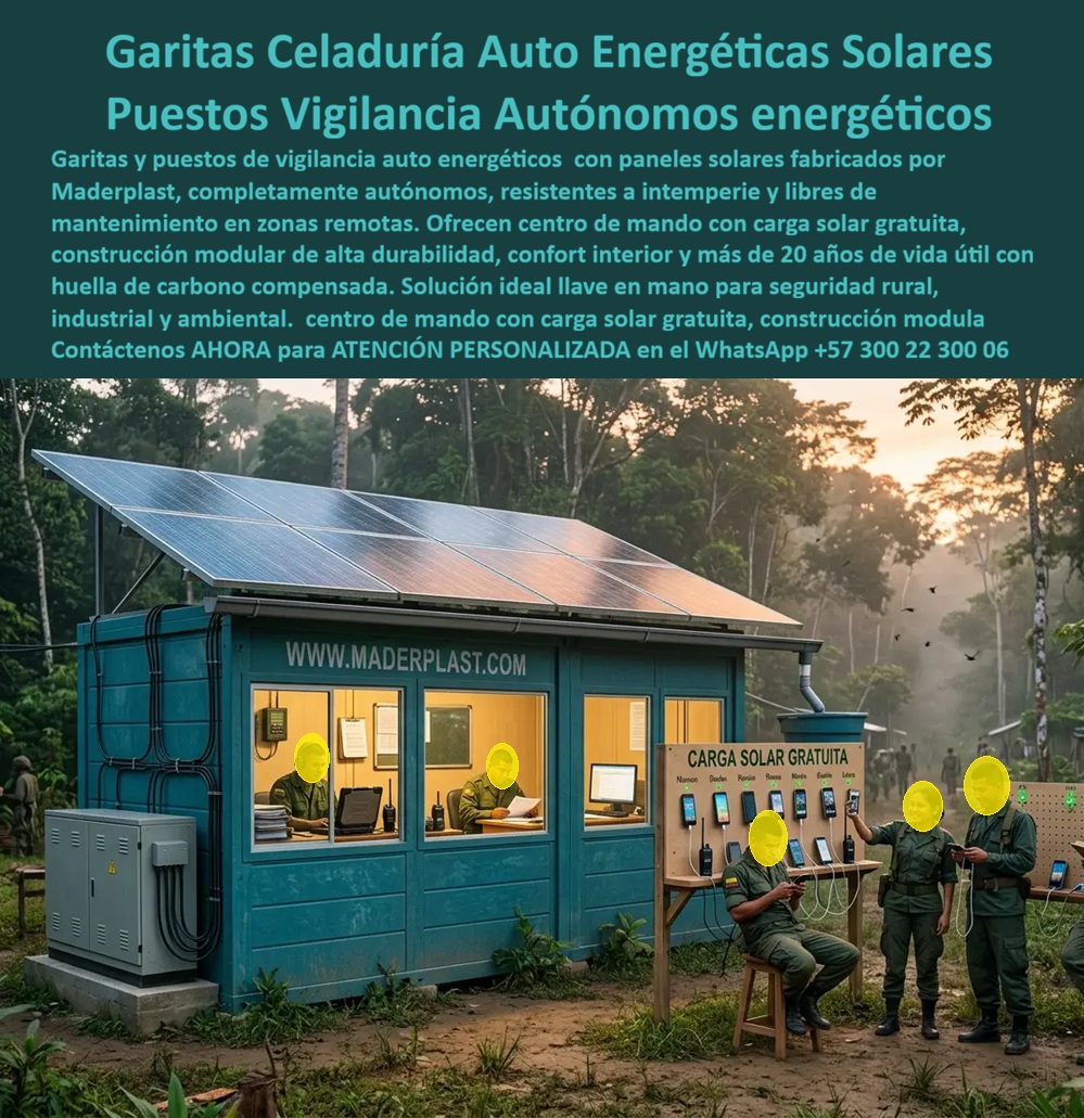 Caseta Celaduría Auto Energética Garita Puesto De Vigilancia Maderplast - CASETA DE CELADURÍA AUTO ENERGÉTICA Y PUESTO DE VIGILANCIA SOLAR AUTÓNOMO La caseta de celaduría auto energética Maderplast ha sido diseñada para puestos de vigilancia rurales, instalaciones remotas, proyectos ambientales, campamentos operativos, reservas naturales, infraestructura energética y zonas sin disponibilidad permanente de energía eléctrica. La imagen muestra un centro de mando autónomo equipado con paneles solares, sistemas de carga y espacios de operación que permiten desarrollar labores de vigilancia y control en lugares apartados. Esta garita auto energética incorpora generación fotovoltaica, suministro eléctrico independiente y espacios de trabajo confortables para el personal de vigilancia. El sistema permite alimentar iluminación, equipos de comunicación, computadores, sistemas de monitoreo, radios, cámaras y estaciones de carga, convirtiéndose en una solución integral para operaciones permanentes en zonas rurales o de difícil acceso. Fabricada por Maderplast con polímeros estructurales de alta resistencia, la estructura soporta lluvia, humedad, radiación solar, ambientes selváticos y condiciones climáticas severas. A diferencia de las construcciones metálicas convencionales, no presenta corrosión, oxidación ni deterioro prematuro, reduciendo significativamente los costos de mantenimiento y prolongando la vida útil de la instalación. El puesto de mando solar autónomo ofrece independencia energética, disminuye costos operativos y permite mantener el funcionamiento continuo de la vigilancia sin depender de redes eléctricas convencionales. Su diseño modular facilita el transporte, la instalación y la ampliación futura de los sistemas de generación y almacenamiento de energía. Empresas de seguridad, operadores ambientales, compañías mineras, proyectos forestales, parques naturales, instalaciones energéticas, bases operativas y entidades gubernamentales encuentran en estas soluciones una alternativa eficiente para desarrollar operaciones permanentes en zonas alejadas. La posibilidad de disponer de carga solar gratuita y autonomía energética mejora la productividad y la seguridad del personal. El centro de mando rural autosuficiente también contribuye a la sostenibilidad ambiental, disminuye la huella de carbono y permite aprovechar energías renovables para el funcionamiento diario de las instalaciones. Su construcción modular, la alta durabilidad de los materiales y la resistencia a la intemperie garantizan una larga vida útil con bajos costos de operación. Las pruebas de materiales, el respaldo técnico y la experiencia de Maderplast ofrecen tranquilidad a quienes deben especificar o aprobar este tipo de proyectos. La inversión se traduce en independencia energética, menor mantenimiento y mayor confiabilidad operativa en lugares donde la continuidad del servicio resulta fundamental. Cuando se requiere una garita auto energética, un puesto de control remoto, un centro de mando solar o una caseta autónoma para vigilancia rural, Maderplast ofrece una solución técnica, durable y sostenible que combina seguridad, energía renovable y operación permanente. Asesoría Especializada Con Ingenieros De Maderplast. Atención Personalizada WhatsApp +57 300 223 0006. garita autoenergética, Puesto Mando Solar Autónomo Industrial Resistente Intemperie Libre Mantenimiento, Centro Mando Rural Autosuficiente, Puesto Control Remoto Caseta Celaduría Auto Energética Garita Puesto De Vigilancia Maderplast garita autoenergética Puesto Mando Solar Autónomo Industrial Resistente Intemperie Libre Mantenimiento Centro Mando Rural Autosuficiente Puesto Control Remoto CASETA DE CELADURÍA AUTO ENERGÉTICA Y PUESTO DE VIGILANCIA SOLAR AUTÓNOMO La caseta de celaduría auto energética Maderplast ha sido diseñada para puestos de vigilancia rurales, instalaciones remotas, proyectos ambientales, campamentos operativos, reservas naturales, infraestructura energética y zonas sin disponibilidad permanente de energía eléctrica. La imagen muestra un centro de mando autónomo equipado con paneles solares, sistemas de carga y espacios de operación que permiten desarrollar labores de vigilancia y control en lugares apartados. Esta garita auto energética incorpora generación fotovoltaica, suministro eléctrico independiente y espacios de trabajo confortables para el personal de vigilancia. El sistema permite alimentar iluminación, equipos de comunicación, computadores, sistemas de monitoreo, radios, cámaras y estaciones de carga, convirtiéndose en una solución integral para operaciones permanentes en zonas rurales o de difícil acceso. Fabricada por Maderplast con polímeros estructurales de alta resistencia, la estructura soporta lluvia, humedad, radiación solar, ambientes selváticos y condiciones climáticas severas. A diferencia de las construcciones metálicas convencionales, no presenta corrosión, oxidación ni deterioro prematuro, reduciendo significativamente los costos de mantenimiento y prolongando la vida útil de la instalación. El puesto de mando solar autónomo ofrece independencia energética, disminuye costos operativos y permite mantener el funcionamiento continuo de la vigilancia sin depender de redes eléctricas convencionales. Su diseño modular facilita el transporte, la instalación y la ampliación futura de los sistemas de generación y almacenamiento de energía. Empresas de seguridad, operadores ambientales, compañías mineras, proyectos forestales, parques naturales, instalaciones energéticas, bases operativas y entidades gubernamentales encuentran en estas soluciones una alternativa eficiente para desarrollar operaciones permanentes en zonas alejadas. La posibilidad de disponer de carga solar gratuita y autonomía energética mejora la productividad y la seguridad del personal. El centro de mando rural autosuficiente también contribuye a la sostenibilidad ambiental, disminuye la huella de carbono y permite aprovechar energías renovables para el funcionamiento diario de las instalaciones. Su construcción modular, la alta durabilidad de los materiales y la resistencia a la intemperie garantizan una larga vida útil con bajos costos de operación. Las pruebas de materiales, el respaldo técnico y la experiencia de Maderplast ofrecen tranquilidad a quienes deben especificar o aprobar este tipo de proyectos. La inversión se traduce en independencia energética, menor mantenimiento y mayor confiabilidad operativa en lugares donde la continuidad del servicio resulta fundamental. Cuando se requiere una garita auto energética, un puesto de control remoto, un centro de mando solar o una caseta autónoma para vigilancia rural, Maderplast ofrece una solución técnica, durable y sostenible que combina seguridad, energía renovable y operación permanente. Asesoría Especializada Con Ingenieros De Maderplast. Atención Personalizada WhatsApp +57 300 223 0006.